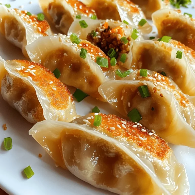 Um knusprige Hähnchen-Dumplings zu machen, brauchst du die richtigen Zutaten. Hier ist eine Liste der Hauptzutaten: - 1 Tasse gemahlenes Hähnchen - 1/4 Tasse fein gehackte Frühlingszwiebeln - 1/4 Tasse geriebener Ingwer - 1/4 Tasse fein gehackte Karotten - 2 Knoblauchzehen, fein gehackt - 2 Teelöffel Sojasauce - 1 Teelöffel Sesamöl - 1 Packung Teigtaschenblätter (rund oder quadratisch) - 2 Esslöffel Pflanzenöl - Wasser (zum Verschließen der Teigtaschen) - Salz und Pfeffer nach Geschmack Diese Zutaten sorgen für einen tollen Geschmack und die perfekte Textur. Die Gewürze machen einen großen Unterschied. Sojasauce gibt den Dumplings einen salzigen, umami-reichen Geschmack. Sesamöl bringt eine nussige Note, die super passt. Frühlingszwiebeln und Knoblauch fügen Frische und Tiefe hinzu. Ingwer sorgt für einen leicht scharfen Kick. Diese Gewürze bringen die Füllung zum Leben. Fühle dich frei, die Zutaten anzupassen! Für eine schärfere Note kannst du etwas Chili oder Sriracha hinzufügen. Wenn du Gemüse magst, probiere gehackte Pilze oder Spinat. Für eine vegetarische Option nimm einfach gemahlenen Tofu oder mehr Gemüse. Es gibt viele Wege, die Dumplings nach deinem Geschmack zu gestalten! Für ein komplettes Rezept schau dir die Full Recipe an. Um die Füllung für die knusprigen Hähnchen-Dumplings zu machen, nimm eine große Schüssel. Gib das gemahlene Hähnchen dort hinein. Füge die fein gehackten Frühlingszwiebeln, den geriebenen Ingwer, die gehackten Karotten und den Knoblauch hinzu. Rühre alles gut um. Die Sojasauce und das Sesamöl machen die Mischung aromatisch. Vergiss nicht, mit Salz und Pfeffer zu würzen. Achte darauf, dass die Füllung gleichmäßig ist. Nimm ein Teigtaschenblatt und lege einen Teelöffel von der Füllung in die Mitte. Befeuchte die Ränder mit Wasser. Klappe das Blatt zusammen, um eine Halbmondform zu bilden. Drücke die Ränder fest. Für mehr Textur kannst du die Ränder leicht fälteln. Mache das mit allen Blättern, bis die Füllung aufgebraucht ist. Du solltest 20 bis 25 Dumplings haben. Das ist die perfekte Menge für eine Mahlzeit. Erhitze Öl in einer großen Pfanne bei mittlerer Hitze. Wenn das Öl heiß ist, lege die Dumplings in die Pfanne. Achte darauf, dass sie sich nicht berühren. Brate sie für 2-3 Minuten, bis die Unterseite goldbraun ist. Danach gieße vorsichtig etwa 1/4 Tasse Wasser in die Pfanne. Decke die Pfanne schnell mit einem Deckel ab. Lasse die Dumplings für 5 Minuten dämpfen, bis das Wasser verdampft ist. Nimm den Deckel ab und brate die Dumplings noch 1-2 Minuten weiter. So bekommen sie eine schöne, knusprige Unterseite. Übertrage die Dumplings auf einen Teller. Serviere sie heiß oder garniere sie mit Frühlingszwiebeln oder Sesamsamen. Du kannst das vollständige Rezept für mehr Details anschauen. Um die perfekten knusprigen Hähnchen-Dumplings zu machen, achte auf die Hitze. Du musst das Öl gut erhitzen, bevor du die Dumplings hinzufügst. Wenn das Öl heiß ist, braten die Dumplings gleichmäßig und werden schön knusprig. Ein weiterer Tipp ist, die Dumplings beim Braten nicht zu überfüllen. Lasse genug Platz zwischen ihnen, damit die Hitze zirkulieren kann. Wenn sie zu nah beieinander liegen, dampfen sie anstatt zu braten. Verwende auch einen Deckel, wenn du Wasser hinzufügst. Dies hilft, die Dampfentwicklung zu steigern und die Füllung zu garen. Nimm den Deckel dann ab, um die Unterseite wieder knusprig zu machen. Das Falten der Dumplings kann knifflig sein. Ein häufiger Fehler ist, nicht genug Wasser zu verwenden. Feuchte die Ränder des Teigtaschenblattes gut an, bevor du es schließt. Das hilft, sie dicht zu halten. Achte darauf, die Ränder gut zu drücken. Wenn sie nicht fest sind, öffnen sich die Dumplings beim Kochen. Du kannst auch die Ränder leicht fälteln, um einen schönen Look zu erzielen. Übung macht den Meister, also probiere es einfach aus! Hast du Reste von der Füllung? Nutze sie kreativ! Du kannst sie in einer Pfanne mit etwas Öl anbraten oder in einer Suppe verwenden. Füllungen lassen sich auch gut in Omeletts oder auf Pizza verwenden. Wenn du noch Teigtaschenblätter hast, mache einfach mehr Dumplings. So verschwendest du nichts und hast mehr leckere Snacks. Du kannst die Dumplings auch einfrieren. So hast du immer einen schnellen Snack parat. Für das vollständige Rezept klicke hier: [Full Recipe]. {{image_4}} Vegetarische Dumplings sind eine tolle Option. Du kannst sie mit Tofu, Pilzen und Gemüse füllen. Mische fein gehackte Champignons, Spinat und Frühlingszwiebeln. Das bringt eine schöne Frische. Verwende die gleiche Falttechnik wie bei Hähnchendumplings. Sie schmecken ebenfalls köstlich! Probiere verschiedene Füllungen aus! Warum nicht eine asiatische Note mit Kokos und Currypaste? Du kannst auch Käse und Kräuter verwenden. Fühl dich frei, kreativ zu sein. Die Möglichkeiten sind endlos! Exotische Füllungen bieten neue Geschmackserlebnisse. Frittierte Dumplings sind knusprig und goldbraun. Sie haben einen tollen Crunch. Gedämpfte Dumplings sind weicher und saftiger. Beide Arten haben ihren eigenen Reiz. Ich empfehle, beide Methoden auszuprobieren. So findest du heraus, welche dir besser gefällt. Für das Rezept, schau dir die [Full Recipe] an. Um die Hähnchen-Dumplings frisch zu halten, lege sie in einen luftdichten Behälter. Stelle sicher, dass die Dumplings vollständig abgekühlt sind, bevor du sie lagerst. So bleiben sie knusprig und lecker. Im Kühlschrank halten sie sich etwa drei Tage. Wenn du sie länger aufbewahren möchtest, denke an das Einfrieren. Das Einfrieren der Dumplings ist einfach. Lege die geformten Dumplings auf ein Backblech. Achte darauf, dass sie sich nicht berühren. Friere sie für etwa eine Stunde ein. Danach kannst du die gefrorenen Dumplings in einen Gefrierbeutel umfüllen. So bleiben sie bis zu drei Monate frisch. Vergiss nicht, sie zu beschriften! Um die Dumplings wieder knusprig zu machen, erhitze eine Pfanne mit etwas Öl. Füge die gefrorenen Dumplings hinzu und brate sie bei mittlerer Hitze. Nach ein paar Minuten gieße vorsichtig etwas Wasser in die Pfanne. Decke die Pfanne kurz ab, damit sie dampfen. Nimm den Deckel ab und brate sie weiter, bis die Unterseite knusprig ist. So bleiben die Dumplings lecker und frisch! Selbstgemachte Dumplings sind im Kühlschrank etwa 2 bis 3 Tage haltbar. Stelle sicher, dass du sie in einem luftdichten Behälter aufbewahrst. Wenn du sie länger aufbewahren möchtest, friere sie ein. So bleiben sie bis zu 2 Monate frisch. Achte darauf, vor dem Einfrieren die Dumplings gut zu verpacken. So vermeidest du Gefrierbrand. Ja, gefrorene Teigtaschenblätter sind eine tolle Option! Achte darauf, sie vorher im Kühlschrank aufzutauen. Dies hilft, die Blätter geschmeidig zu halten. Du kannst sie dann wie frische Blätter verwenden. Beachte, dass gefrorene Blätter manchmal etwas feuchter sind. Stelle sicher, dass du sie gut trocken tupfst, bevor du die Füllung hinzufügst. Du kannst Dumplings auch ohne Öl dämpfen. Verwende einfach einen Dampfgarer oder einen Topf mit einem Sieb. Füge etwas Wasser hinzu und bringe es zum Kochen. Lege die Dumplings in das Sieb, decke es ab und dämpfe sie für etwa 10 bis 12 Minuten. So bleiben sie saftig und gesund. Probiere auch, sie im Ofen zu backen. Stelle den Ofen auf 200 Grad und backe die Dumplings etwa 15 bis 20 Minuten. Du hast gelernt, wie man knusprige Hähnchen-Dumplings macht. Wir haben die Hauptzutaten, Gewürze und auch Alternativen behandelt. Die Schritt-für-Schritt-Anleitung hilft dir bei der Zubereitung. Tipps und Tricks zeigen dir, wie du Knusprigkeit erreichst und Fehler vermeidest. Variationen wie vegetarische oder exotische Füllungen erweitern deine Optionen. Schließlich hast du gesehen, wie man Dumplings richtig lagert und aufwärmt. Nutze dein Wissen, um leckere Dumplings zu kreieren und Freude beim Essen zu haben.