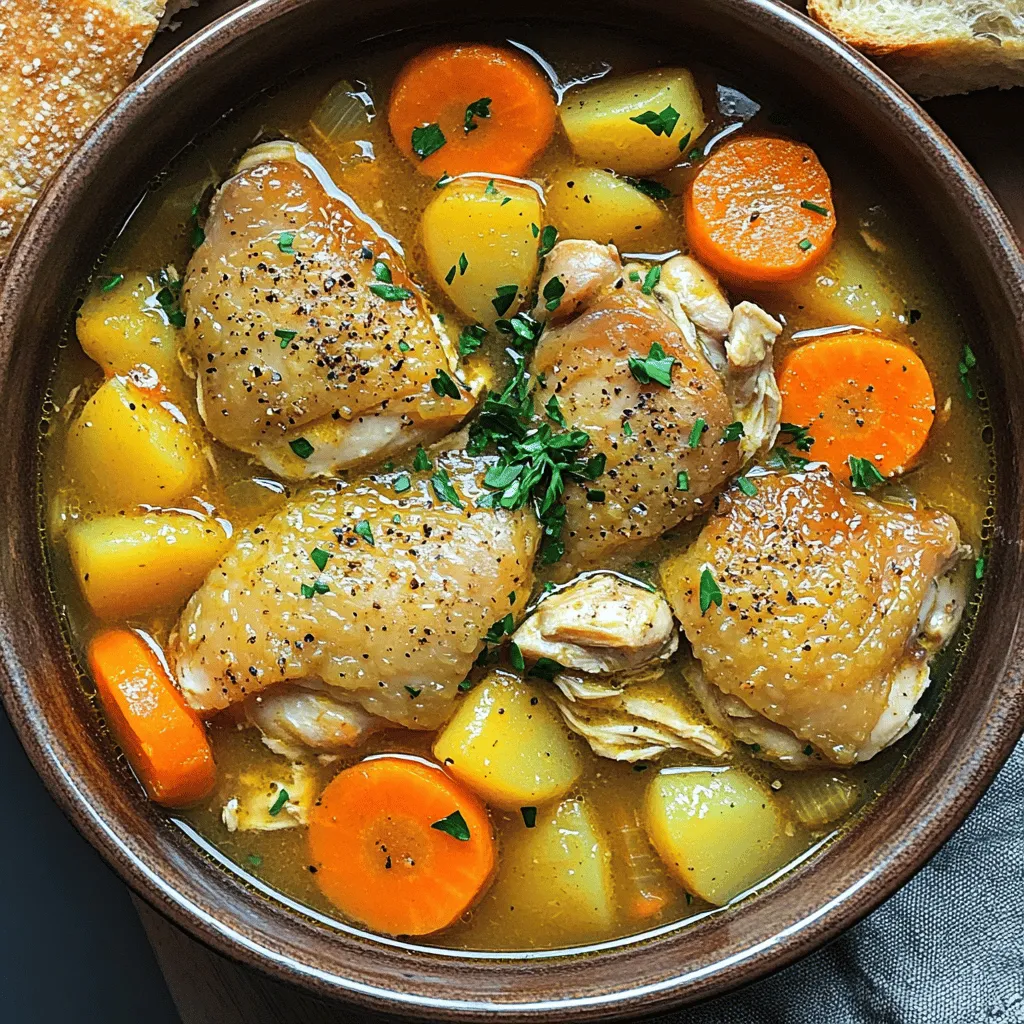 Für diesen köstlichen Slow Cooker Chicken Stew benötigen Sie folgende Zutaten: - 900 g Hähnchenschenkel ohne Knochen und Haut, in Stücke geschnitten - 4 mittelgroße Karotten, in Scheiben geschnitten - 3 mittelgroße Kartoffeln, gewürfelt - 1 Zwiebel, gehackt - 3 Knoblauchzehen, fein gehackt - 1 l natriumreduzierter Hühnerbrühe - 150 g gefrorene Erbsen - 2 Teelöffel getrockneter Thymian - 1 Teelöffel getrockneter Rosmarin - Salz und Pfeffer nach Geschmack - 2 Esslöffel Olivenöl - 1 Esslöffel Speisestärke (optional, zum Andicken) - Frisch gehackte Petersilie (zum Garnieren) Frische Zutaten sind der Schlüssel zu einem tollen Eintopf. Achten Sie darauf, dass das Hähnchen frisch aussieht und einen angenehmen Geruch hat. Wählen Sie Karotten, die fest und knusprig sind. Die Kartoffeln sollten keine grünen Stellen oder Druckstellen haben. Frische Zwiebeln sind glatt und haben eine feste Haut. Verwenden Sie frischen Knoblauch, der fest und trocken ist. Wenn Sie gefrorene Erbsen verwenden, wählen Sie die ohne Zusatzstoffe. Dieses Rezept ergibt etwa 6 Portionen. Jede Portion enthält: - Kalorien: ca. 350 kcal - Protein: ca. 30 g - Kohlenhydrate: ca. 30 g - Fett: ca. 10 g Die Nährwerte können je nach Zutaten und Portionen variieren. Nutzen Sie die Full Recipe für weitere Details. Zuerst bereite die Hähnchen- und Gemüsezutaten vor. Beginne mit den Hähnchenschenkeln. Schneide sie in kleine Stücke. Das macht das Kochen schneller und einfacher. Nimm dann die Karotten und schneide sie in dünne Scheiben. Die Kartoffeln würfelst du in gleich große Stücke. Das sorgt für gleichmäßiges Garen. Hacke die Zwiebel fein und zerdrücke die Knoblauchzehen. Alle diese Zutaten sind wichtig für den vollen Geschmack. Erhitze das Olivenöl in einer großen Pfanne. Lass es auf mittlerer bis hoher Hitze heiß werden. Füge die gehackte Zwiebel und den Knoblauch hinzu. Brate sie an, bis die Zwiebel glasig ist. Das dauert etwa 3-4 Minuten. Würze die Hähnchenstücke mit Salz, Pfeffer, Thymian und Rosmarin. Das gibt dem Fleisch tollen Geschmack. Gib das Hähnchen in die Pfanne. Brate es goldbraun an, etwa 5-7 Minuten. So wird das Hähnchen saftig und lecker. Jetzt ist es Zeit, alles im Slow Cooker zusammenzustellen. Übertrage das angebratene Hähnchen in den Slow Cooker. Füge die geschnittenen Karotten, gewürfelten Kartoffeln und die Hühnerbrühe hinzu. Rühre alles gut um. Decke den Slow Cooker ab und koche auf niedriger Stufe für 6-7 Stunden oder auf hoher Stufe für 3-4 Stunden. Bis alles weich ist. Wenn du eine dickere Konsistenz möchtest, mische die Speisestärke mit Wasser und rühre sie in den Eintopf. Das gibt ihm eine schöne, cremige Textur. Füge etwa 15 Minuten vor dem Servieren die gefrorenen Erbsen hinzu. Rühre sie ein und schmecke den Eintopf ab. Serviere ihn heiß mit frisch gehackter Petersilie. Für das vollständige Rezept, schau dir die [Full Recipe] an. Wenn dein Eintopf zu dünn ist, gibt es einen einfachen Trick. Du kannst Speisestärke verwenden. Mische 1 Esslöffel Speisestärke mit kaltem Wasser. Rühre es gut um, bis es glatt ist. Füge diese Mischung in den Eintopf während der letzten 30 Minuten hinzu. Das dickt die Soße an und macht sie cremig. Du kannst auch püriertes Gemüse nutzen, um die Konsistenz zu verbessern. Die richtige Würze macht deinen Eintopf besonders. Beginne mit Salz und Pfeffer. Füge getrockneten Thymian und Rosmarin hinzu. Diese Kräuter bringen viel Geschmack. Probiere, den Eintopf während des Kochens abzuschmecken. Du kannst mehr Gewürze nach deinem Geschmack hinzufügen. Frische Kräuter wie Petersilie am Ende geben einen tollen Kick. Slow Cooker gibt es in verschiedenen Größen. Die Garzeiten können variieren. Bei einem kleinen Slow Cooker koche auf niedriger Stufe etwa 7 Stunden. Bei einem großen Slow Cooker sind 6 Stunden auf niedriger Stufe genug. Wenn du es eilig hast, kannst du die hohe Stufe benutzen. In diesem Fall koche für 3 bis 4 Stunden. Überprüfe immer das Hähnchen, um sicherzustellen, dass es zart ist. {{image_4}} Wenn du eine fleischfreie Option suchst, probiere Tofu oder Kichererbsen. Diese Zutaten sind nahrhaft und lecker. Du kannst auch verschiedene Gemüsesorten verwenden. Zucchini, Sellerie oder Pilze passen gut. Ersetze das Hähnchen mit 400 g Tofu, gewürfelt. Brate den Tofu goldbraun an, bevor du ihn in den Slow Cooker gibst. Für eine Low-Carb-Version kann ich dir Blumenkohl empfehlen. Ersetze die Kartoffeln durch Blumenkohlröschen. Das gibt eine tolle Textur und spart Kohlenhydrate. Du kannst auch mehr grünes Gemüse hinzufügen. Spinat oder Grünkohl sind gute Optionen. Diese passen gut in den Eintopf und geben zusätzliche Nährstoffe. Nutze saisonales Gemüse für mehr Geschmack. Im Frühling sind Spargel und Erbsen frisch und lecker. Im Sommer probiere bunte Paprika und Zucchini. Im Herbst sind Kürbis und Süßkartoffeln ideal. Im Winter passen Wurzelgemüse wie Pastinaken oder Rüben gut. Diese Zutaten machen deinen Eintopf vielfältig und spannend. Verpasse nicht, die Full Recipe zu nutzen, um alle Schritte einfach nachzukochen! Um den übrig gebliebenen Eintopf richtig zu lagern, fülle ihn in einen luftdichten Behälter. Lass den Eintopf zuerst auf Raumtemperatur abkühlen. Stelle dann den Behälter in den Kühlschrank. So bleibt der Eintopf frisch und schmackhaft. Du kannst ihn dort bis zu drei Tage aufbewahren. Es gibt viele Möglichkeiten, Reste kreativ zu nutzen. Du kannst den Eintopf als Füllung für Tacos oder Wraps verwenden. Er eignet sich auch gut für eine herzhafte Pastasauce. Du kannst ihn mit Reis kombinieren oder auf einen Salat geben. Diese Ideen helfen, den Eintopf spannend zu halten und Abfall zu reduzieren. Das Einfrieren ist eine tolle Methode, um den Eintopf haltbar zu machen. Fülle ihn in einen gefriergeeigneten Behälter oder in Gefrierbeutel. Achte darauf, etwas Platz für die Ausdehnung beim Gefrieren zu lassen. Der Eintopf bleibt so bis zu drei Monate frisch. Wenn du ihn genießen möchtest, tau ihn einfach im Kühlschrank auf und erhitze ihn dann im Slow Cooker oder auf dem Herd. So hast du eine schnelle, leckere Mahlzeit. Für das komplette Rezept schaue dir bitte [Full Recipe] an. Du kannst den Eintopf bis zu vier Tage im Kühlschrank aufbewahren. Stelle sicher, dass du ihn in einem luftdichten Behälter lagerst. Wenn du ihn länger aufbewahren möchtest, friere ihn einfach ein. So bleibt er bis zu drei Monate frisch. Lasse ihn vor dem Servieren gut auftauen und erwärme ihn gründlich. Ja, du kannst auch Rindfleisch oder Schweinefleisch verwenden. Achte aber darauf, dass die Garzeiten unterschiedlich sind. Rindfleisch benötigt oft länger als Hähnchen. Probier auch mal Lamm für einen neuen Geschmack. Es ist wichtig, die Fleischstücke gleichmäßig zu schneiden, damit sie gleichmäßig garen. Zu diesem Eintopf passen knuspriges Brot oder Reis sehr gut. Du kannst auch einen frischen Salat als Beilage servieren. Der Salat bringt eine frische Note und ergänzt die herzhaften Aromen des Eintopfs. Experimentiere mit verschiedenen Beilagen, um deine perfekte Kombination zu finden. Wir haben die besten Zutaten für deinen Slow Cooker Chicken Stew besprochen. Du weißt nun, wie man frische Zutaten auswählt und welche Nährwerte wichtig sind. Die Schritt-für-Schritt-Anleitung zeigt dir, wie du das Hähnchen und Gemüse zubereitest und im Slow Cooker kombinierst. Mit den Tipps und Tricks kannst du den Eintopf perfekt würzen und die Garzeiten anpassen. Variationen wie vegetarische Alternativen erweitern das Rezept. Denke daran, Reste richtig zu lagern oder einzufrieren. Probiere verschiedene Beilagen aus, um das Gericht abzurunden. Viel Spaß beim Kochen!