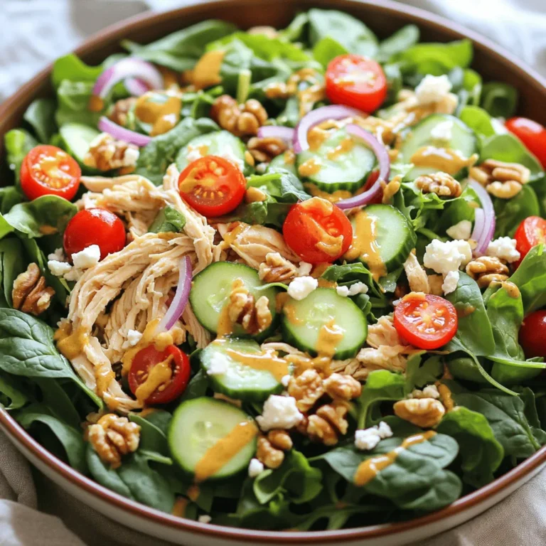 Für diesen leckeren Honig-Senf Hühnchensalat benötigst du einige frische Zutaten. Hier ist die Liste: - 2 Tassen gekochte Hähnchenbrust, zerkleinert - 4 Tassen gemischte Blattsalate (Spinat, Rucola und Romanasalat) - 1/2 Tasse Kirschtomaten, halbiert - 1/4 Tasse Gurke, dünn geschnitten - 1/4 rote Zwiebel, dünn geschnitten - 1/4 Tasse Walnüsse, grob gehackt - 1/4 Tasse Feta-Käse, zerbröselt Diese Zutaten sorgen für einen tollen Geschmack und eine schöne Farbe. Das zarte Hähnchen passt gut zu den knackigen Salaten. Die Kirschtomaten bringen Süße, während die Zwiebel eine leichte Schärfe hinzufügt. Die Walnüsse geben einen schönen Crunch. Das Dressing macht den Salat besonders. Hier sind die Zutaten dafür: - 1/4 Tasse Honig - 3 Esslöffel Dijon-Senf - 2 Esslöffel Zitronensaft - 1/4 Tasse Olivenöl - Salz und Pfeffer nach Geschmack Das Honig-Senf-Dressing ist süß und würzig zugleich. Es bringt alle Aromen im Salat zusammen. Es ist wichtig, die richtige Balance zwischen Süße und Säure zu finden. Frische Zutaten machen den Unterschied. Hier sind einige Tipps, um die besten auszuwählen: - Hähnchen: Achte darauf, dass das Hähnchen frisch aussieht und gut riecht. - Salate: Wähle Blätter, die knackig und grün sind. Vermeide welke oder gelbe Blätter. - Gemüse: Kirschtomaten sollten fest und glänzend sein. Gurken dürfen keine Druckstellen haben. - Nüsse: Kaufe Walnüsse in kleinen Mengen, damit sie frisch bleiben. - Käse: Achte auf frischen Feta-Käse. Er sollte gut riechen und eine cremige Textur haben. Indem du frische Zutaten wählst, machst du deinen Honig-Senf Hühnchensalat noch besser. Für das vollständige Rezept sieh dir die [Full Recipe] an. Um das Dressing zuzubereiten, nimm eine kleine Schüssel. Gib den Honig, Dijon-Senf und Zitronensaft hinein. Verwende einen Schneebesen, um alles gut zu vermischen. Das ist wichtig, damit die Aromen sich gut verbinden. Während du rührst, füge langsam das Olivenöl hinzu. Rühre weiter, bis die Mischung cremig und glatt ist. Schmecke mit Salz und Pfeffer ab. Das Dressing ist jetzt bereit. Nimm eine große Rührschüssel. Füge die gemischten Blattsalate hinzu. Danach kommt das zerkleinerte Hähnchen dazu. Halbiere die Kirschtomaten und schneide die Gurke in dünne Scheiben. Gib auch die rote Zwiebel und die Walnüsse in die Schüssel. Mische alles vorsichtig, damit die Zutaten nicht zerdrückt werden. Diese Mischung bringt frische und knusprige Aromen in den Salat. Jetzt ist es Zeit, den Salat anzurichten. Träufle das Honig-Senf-Dressing gleichmäßig über die Salatmischung. Rühre vorsichtig um, damit alles gut bedeckt ist. Füge den zerbröselten Feta-Käse hinzu. Mische ihn sanft unter, damit er nicht zerbricht. Portioniere den Salat auf Teller oder in Schalen. Du kannst nach Belieben zusätzliches Dressing darüber träufeln. Um den Salat schön zu präsentieren, streue ein paar Walnüsse und Feta darüber. Essbare Blumen machen den Salat noch bunter. Für das vollständige Rezept schaue auf den Abschnitt „Full Recipe“. Du kannst diesen Salat leicht im Voraus zubereiten. Koche das Hähnchen und lasse es abkühlen. Zerkleinere es dann und bewahre es in einem luftdichten Behälter auf. Das Dressing kannst du ebenfalls vorbereiten. Mische Honig, Senf und Zitronensaft. Füge das Olivenöl langsam hinzu und rühre gut. Das Dressing hält sich bis zu einer Woche im Kühlschrank. So sparst du Zeit, wenn du den Salat servieren willst. Ein häufiger Fehler ist, das Dressing zu früh hinzuzufügen. Das kann den Salat matschig machen. Mische das Dressing erst kurz vor dem Servieren unter. Auch bei den Zutaten ist es wichtig, frische Produkte zu wählen. Vermeide welke Blätter oder schlaffe Tomaten. Diese beeinträchtigen den Geschmack und die Textur des Salats. Die richtige Konsistenz des Dressings ist entscheidend. Es sollte cremig, aber nicht zu dick sein. Achte darauf, das Olivenöl langsam hinzuzufügen. So emulgiert das Dressing besser. Wenn es zu dick wird, kannst du einen kleinen Spritzer Wasser oder Zitronensaft hinzufügen. Rühre gut um, bis die gewünschte Konsistenz erreicht ist. Das Dressing sollte leicht über die Zutaten gleiten, ohne sie zu ertränken. {{image_4}} Wenn du deinen Honig-Senf Hühnchensalat aufpeppen möchtest, denke an verschiedene Zutaten. Obst bringt Frische und Süße. Du kannst Äpfel, Trauben oder Beeren verwenden. Sie passen gut zum Hähnchen und dem Dressing. Nüsse wie Mandeln oder Pekannüsse bieten einen schönen Crunch. Sie sorgen für mehr Textur und Geschmack. Experimentiere mit verschiedenen Kombinationen. Deine Gäste werden begeistert sein von den neuen Aromen! Das Honig-Senf-Dressing ist lecker, aber du kannst auch andere Dressings testen. Ein Joghurt-Dressing macht den Salat cremiger. Ein Zitronen-Vinaigrette bringt Frische. Du kannst auch ein BBQ-Dressing verwenden, um einen rauchigen Geschmack hinzuzufügen. Probiere verschiedene Dressings und finde deinen Favoriten. So bleibt der Salat spannend und abwechslungsreich. Für glutenfreie Optionen, stelle sicher, dass alle Zutaten glutenfrei sind. Das Hähnchen kann durch Kichererbsen oder Tofu ersetzt werden. Diese Alternativen sorgen für Protein und viele Nährstoffe. Vegetarier können den Feta-Käse durch eine pflanzliche Variante ersetzen. Die Salatbasis bleibt gleich und bleibt somit frisch und lecker. So kann jeder den Salat genießen! Für das gesamte Rezept kannst du [Full Recipe] anschauen. Um den Honig-Senf Hühnchensalat frisch zu halten, bewahre ihn in einem luftdichten Behälter auf. Das schützt ihn vor Luft und Feuchtigkeit. Stelle sicher, dass der Salat gut abgedeckt ist. Du kannst ihn auch in Portionen aufteilen, um ihn einfacher zu genießen. Im Kühlschrank hält sich der Salat bis zu drei Tage. Achte darauf, dass die Zutaten frisch sind, bevor du den Salat zubereitest. Wenn der Salat unangenehm riecht oder die Textur sich verändert, solltest du ihn wegwerfen. Einige Zutaten lassen sich gut einfrieren. Das Hähnchen und das Dressing kannst du separat einfrieren. Wenn du den Salat vorbereitest, mache genug Dressing für mehrere Portionen. So hast du immer etwas zur Hand. Die frischen Gemüse wie Blattsalate und Tomaten sollten jedoch nicht eingefroren werden. Sie verlieren ihre Knackigkeit und ihren Geschmack. Für das vollständige Rezept schau dir die [Full Recipe] an. Der Honig-Senf Hühnchensalat bleibt im Kühlschrank etwa drei Tage frisch. Achte darauf, ihn in einem gut verschlossenen Behälter aufzubewahren. So bleibt der Salat knackig und der Geschmack bleibt erhalten. Überprüfe immer das Aussehen und den Geruch, bevor du ihn isst. Ja, du kannst das Rezept leicht für mehr Portionen anpassen. Verdopple einfach die Zutaten. Wenn du den Salat für eine größere Gruppe machst, kann es hilfreich sein, die Mengen im Voraus zu berechnen. So stellst du sicher, dass jeder genug bekommt. Denke daran, auch das Dressing entsprechend zu erhöhen. Zu dem Honig-Senf Hühnchensalat passen viele Beilagen. Du könntest knuspriges Brot oder Brötchen servieren. Auch eine leichte Suppe ist eine gute Wahl. Wenn du möchtest, füge einfach etwas Obst hinzu, wie Äpfel oder Trauben. Diese passen perfekt zu dem salzigen Feta und dem süßen Dressing. Wir haben die Hauptzutaten für den Honig-Senf-Hühnchensalat besprochen und das Dressing einfach gemacht. Ich habe Tipps gegeben, wie man frische Dinge auswählt und häufige Fehler vermeidet. Außerdem habe ich Variationen und Lagerinformationen geteilt, um den Salat länger frisch zu halten. Mit diesen Informationen kannst du deinen eigenen Salat schnell und lecker zubereiten. Probiere verschiedene Zutaten aus und mache das Rezept zu deinem eigenen. Viel Spaß beim Genießen!