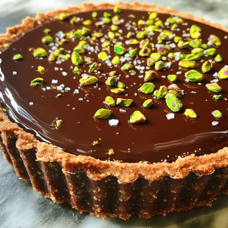 Für diese köstliche Schokoladen-Ganache-Pistazien-Tarte benötigen Sie: - 1 ½ Tassen Mandelmehl - ½ Tasse Zucker - ½ Tasse ungesalzene Butter, geschmolzen - 1 großes Ei - 1 Teelöffel Vanilleextrakt Diese Zutaten bilden die Basis Ihrer Tarte. Das Mandelmehl sorgt für einen feinen, nussigen Geschmack. Die geschmolzene Butter gibt der Tarte eine schöne Textur und hilft, alles zusammenzuhalten. Für die leckere Ganache brauchen Sie: - 1 Tasse Schlagsahne - 8 oz Zartbitterschokolade (70% Kakao), gehackt Die Schlagsahne macht die Ganache cremig. Die Zartbitterschokolade bringt den vollen Schokoladengeschmack. Um die Tarte zu dekorieren, verwenden Sie: - ½ Tasse Pistazien, geschält und grob gehackt - Meersalz zur Dekoration Die Pistazien fügen einen schönen Crunch hinzu. Das Meersalz verstärkt den Schokoladengeschmack und sorgt für einen tollen Kontrast. Wenn Sie die Tarte servieren, schneiden Sie sie in 8 Stücke. Eine Prise Meersalz auf jedem Stück macht das Dessert noch besser. Sie können auch frische Beeren oder ein Klecks Sahne dazugeben. Für das gesamte Rezept, schauen Sie sich den Full Recipe an. Um den Tartboden zuzubereiten, heize deinen Ofen auf 175°C vor. In einer großen Schüssel vermischst du 1 ½ Tassen Mandelmehl mit ½ Tasse Zucker. Füge dann ½ Tasse geschmolzene Butter, 1 Ei und 1 Teelöffel Vanilleextrakt hinzu. Rühre alles gut um, bis die Mischung gleichmäßig aussieht. Diese Schritte sind wichtig für einen tollen Boden. Jetzt kommt der spannende Teil! Drücke die Mischung gleichmäßig in eine 23 cm große Tarteform. Achte darauf, dass der Boden und die Seiten gut bedeckt sind. Steche mit einer Gabel ein paar Löcher in den Boden. So pufft er beim Backen nicht auf. Backe den Boden für 12-15 Minuten, bis er leicht goldbraun ist. Lass ihn danach vollständig abkühlen. Für die Ganache erhitzt du 1 Tasse Schlagsahne in einem kleinen Topf bei mittlerer Hitze. Achte darauf, dass sie nicht kocht, sondern nur kurz davor steht. Nimm den Topf dann vom Herd. Füge 8 oz gehackte Zartbitterschokolade hinzu. Lass die Mischung für 2 Minuten ruhen. Rühre sie dann glatt und glänzend. Dies ist der Moment, in dem die Magie passiert! Wenn du alle Schritte genau befolgst, hast du eine köstliche Ganache für deine Tarte. Du kannst die vollständige Zubereitung in der [Full Recipe] nachlesen. Eine häufige Falle ist ein zu heißer Ofen. Überprüfen Sie die Temperatur mit einem Thermometer. Wenn der Boden zu schnell backt, wird er brüchig. Achten Sie darauf, dass Sie den Boden gut abkühlen lassen. So bleibt er fest und hält die Ganache. Vermeiden Sie auch, die Schokolade zu lange zu erhitzen. Das kann die Konsistenz der Ganache ruinieren. Für die perfekte Ganache ist das richtige Verhältnis wichtig. Nutzen Sie 1:1 Schokolade und Sahne. Dies gibt eine schöne, cremige Textur. Lassen Sie die Sahne nicht zu lange kochen; sie sollte nur kurz vor dem Kochen sein. Rühren Sie die Schokolade gut ein, bis alles glatt ist. Wenn die Ganache zu dick ist, können Sie etwas mehr Sahne hinzufügen und erneut rühren. Die Präsentation macht viel aus. Nach dem Kühlen streuen Sie etwas Meersalz über die Tarte. Das gibt einen tollen Kontrast zur süßen Schokolade. Schneiden Sie die Tarte mit einem heißen Messer. So bleiben die Stücke schön. Für mehr Farbe können Sie frische Beeren oder Minzblätter hinzufügen. Das sieht nicht nur gut aus, sondern schmeckt auch frisch. Auf der Suche nach dem vollständigen Rezept? Schauen Sie sich die Full Recipe an. {{image_4}} Um die Schokoladen-Ganache-Pistazien-Tarte noch leckerer zu machen, kannst du verschiedene Nüsse verwenden. Statt Pistazien sind Mandeln, Walnüsse oder Haselnüsse eine tolle Wahl. Diese Nüsse bringen ihre eigenen Aromen mit. Du kannst sie auch rösten, um den Geschmack zu verstärken. Einfach die Nüsse grob hacken und wie in dem Rezept verwenden. So bleibt die Tarte knackig und spannend. Früchte passen perfekt zu dieser Tarte. Himbeeren oder Erdbeeren sorgen für eine frische Note. Du kannst sie einfach auf die Ganache legen, bevor du die Tarte kühlst. Eine Schicht frischer Früchte gibt der Tarte eine fruchtige Süße und Farbe. Du kannst auch eine Fruchtsauce anrichten und darüber träufeln. Das macht jeden Biss noch interessanter. Für eine glutenfreie Version der Tarte nutze einfach Mandelmehl, wie im Rezept. Du kannst auch glutenfreies Allzweckmehl verwenden. Wenn du die Tarte vegan machen möchtest, ersetze die Eier und die Butter. Verwende pflanzliche Butter und einen Leinsamen-Ersatz für das Ei. So bleibt der Genuss der Tarte erhalten, ohne tierische Produkte zu verwenden. Wenn du mehr über die komplette Zubereitung erfahren möchtest, schau dir das [Full Recipe] an. Die Schokoladen-Ganache-Pistazien-Tarte braucht die richtige Lagerung. Bewahre sie im Kühlschrank auf. Ein luftdichter Behälter schützt die Tarte vor Gerüchen. So bleibt sie frisch und lecker. Achte darauf, dass die Tarte nicht direkt neben stark riechenden Lebensmitteln steht. Im Kühlschrank hält die Tarte bis zu fünf Tage. Wenn du sie länger aufbewahren möchtest, friere sie ein. Im Gefrierfach bleibt sie bis zu drei Monate gut. Achte darauf, die Tarte gut einzupacken, um Gefrierbrand zu vermeiden. Wenn du sie auftauen willst, lasse sie einfach im Kühlschrank über Nacht. Für das perfekte Servieren kannst du die Tarte leicht aufwärmen. Stelle sie für fünf Minuten bei Raumtemperatur auf den Tisch. Dies bringt den vollen Geschmack zurück. Du kannst sie auch kalt genießen, was die Textur der Ganache verstärkt. Füge vor dem Servieren frische Pistazien oder eine Prise Meersalz hinzu. So wird deine Tarte noch köstlicher. Besuche den Abschnitt für das Full Recipe, um alle Details zu entdecken! Um einen perfekten Tart-Boden zu machen, ist es wichtig, die richtigen Zutaten zu verwenden. Mandelmehl gibt der Tarte einen tollen Geschmack und eine feine Textur. Mischen Sie das Mandelmehl mit Zucker in einer Schüssel. Fügen Sie dann geschmolzene Butter, ein Ei und Vanilleextrakt hinzu. Rühren Sie alles gut durch, bis die Masse gleichmäßig ist. Drücken Sie die Mischung in eine Tarteform. Achten Sie darauf, dass der Boden und die Seiten gut bedeckt sind. Stechen Sie mit einer Gabel Löcher hinein. So bläht sich der Boden beim Backen nicht auf. Backen Sie ihn bei 175 °C für 12 bis 15 Minuten. Lassen Sie ihn danach gut abkühlen. Wenn Sie keine Pistazien haben oder mögen, gibt es viele Alternativen. Mandeln sind eine großartige Wahl. Sie haben einen ähnlichen Geschmack und eine knusprige Textur. Walnüsse oder Haselnüsse passen auch gut. Für eine fruchtige Note können Sie auch gefriergetrocknete Himbeeren verwenden. Sie geben der Tarte eine schöne Farbe und einen frischen Geschmack. Denken Sie daran, die Nüsse oder Früchte grob zu hacken, bevor Sie sie auf die Ganache streuen. Ja, Sie können die Tarte im Voraus zubereiten! Das ist sehr praktisch. Bereiten Sie den Tart-Boden und die Ganache wie im Full Recipe beschrieben vor. Kühlen Sie die Tarte dann mindestens zwei Stunden lang im Kühlschrank. Sie können die Tarte auch einen Tag früher machen. Lagern Sie sie einfach gut abgedeckt im Kühlschrank. Wenn Sie sie servieren, streuen Sie kurz vorher etwas Meersalz darüber. So bleibt die Tarte frisch und lecker. Diese Tarte ist einfach zuzubereiten und schmeckt fantastisch. Wir haben die Hauptzutaten und die Ganache besprochen. Die Schritt-für-Schritt-Anleitung hilft beim Backen. Entdecke Tipps, um häufige Fehler zu vermeiden. Variationen geben dir neue Ideen, um die Tarte zu verändern. Achte auf die richtige Lagerung für die beste Haltbarkeit. Mit diesen Punkten kannst du eine tolle Tarte zaubern, die deine Gäste beeindrucken wird. Viel Spaß beim Backen und Genießen!