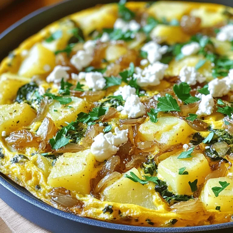 Um eine schmackhafte Frittata zu machen, brauchst du folgende Zutaten: - 4 große Eier - 2 mittelgroße Kartoffeln, geschält und gewürfelt - 2 große Zwiebeln, dünn geschnitten - 1 Tasse Spinat, grob gehackt - 1/2 Tasse Feta-Käse, zerkrümelt - 3 Esslöffel Olivenöl - 1 Teelöffel Salz - 1/2 Teelöffel schwarzer Pfeffer - 1 Teelöffel getrockneter Thymian - Frische Petersilie zum Garnieren Diese Zutaten bringen viel Geschmack und eine schöne Textur in die Frittata. Die Eier binden alles zusammen, während die Zwiebeln und Kartoffeln eine herrliche Süße und Fülle bieten. Du kannst die Frittata leicht anpassen, um neue Geschmäcker zu entdecken. Hier sind einige Ideen: - Paprika für mehr Farbe und Crunch - Pilze für einen erdigen Geschmack - Zucchini für eine frische Note - Käse wie Cheddar oder Gouda für mehr Cremigkeit Experimentiere mit diesen Zutaten, um deine perfekte Frittata zu kreieren! Wähle frische und hochwertige Produkte. Hier sind einige Tipps: - Eier: Achte auf Bio-Eier für den besten Geschmack. - Zwiebeln: Süße, gelbe Zwiebeln sind ideal zum Karamellisieren. - Kartoffeln: Verwende festkochende Kartoffeln, damit sie gut erhalten bleiben. - Feta: Frischer Feta hat einen kräftigen Geschmack und eine tolle Textur. Diese Tipps helfen dir, die köstlichste Frittata zu machen. Für das vollständige Rezept schaue dir die Karamellisierte Zwiebel-Kartoffel-Frittata an. Für die Frittata beginne ich mit den Kartoffeln. Ich schäle die Kartoffeln und schneide sie in kleine Würfel. Dann erhitze ich 1 Esslöffel Olivenöl in einer Pfanne bei mittlerer Hitze. Ich gebe die Kartoffeln in die Pfanne und würze sie mit einer Prise Salz. Ich brate die Kartoffeln etwa 10 bis 12 Minuten lang. Dabei rühre ich die Stücke regelmäßig um, bis sie goldbraun und zart sind. Danach nehme ich die Kartoffeln aus der Pfanne und stelle sie beiseite. Ich benutze die gleiche Pfanne für die Zwiebeln. Ich füge das restliche Olivenöl hinzu und gebe die dünn geschnittenen Zwiebeln hinein. Ich koche sie bei mittlerer bis niedriger Hitze. Dabei rühre ich regelmäßig um. Nach etwa 15 bis 20 Minuten sind die Zwiebeln weich und karamellisiert. Ich füge dann den getrockneten Thymian, das Salz und den Pfeffer hinzu. Die Mischung duftet köstlich. In einer großen Schüssel verquirle ich die 4 großen Eier. Ich gebe eine Prise Salz und Pfeffer dazu. Dann füge ich den grob gehackten Spinat, die vorbereiteten Kartoffeln und die karamellisierten Zwiebeln hinzu. Ich vermische alles gut, bis alle Zutaten gleichmäßig verteilt sind. Diese Mischung wird die Basis meiner Frittata. Ich gieße die Eimischung zurück in die Pfanne bei mittlerer Hitze. Ich lasse die Frittata 5 bis 7 Minuten lang kochen, ohne zu rühren. Die Ränder beginnen fest zu werden, während die Mitte noch leicht flüssig bleibt. Jetzt streue ich den zerkrümelten Feta-Käse gleichmäßig darüber. Ich heize den Ofen auf Grillfunktion vor und stelle die Pfanne in den Ofen. Ich grille die Frittata 3 bis 5 Minuten, bis die Oberfläche fest und leicht goldbraun ist. Ich achte darauf, dass sie nicht verbrennt. Nach dem Garen lasse ich die Frittata einige Minuten abkühlen, bevor ich sie in Keile schneide. Um die perfekte Frittata zu machen, achten Sie auf die Hitze. Kochen Sie bei mittlerer Hitze, um ein gleichmäßiges Garen zu erreichen. Rühren Sie die Mischung nicht zu oft um. Lassen Sie sie ruhen, damit die Eier fest werden. Die Frittata sollte goldbraun und fluffig sein. Ein weiterer Tipp: Verwenden Sie frische Zutaten. Frische Eier und Gemüse machen einen großen Unterschied im Geschmack. Ein häufiger Fehler ist, die Frittata zu lange zu garen. Überprüfen Sie regelmäßig den Gargrad. Die Mitte sollte leicht wackeln, wenn Sie die Pfanne bewegen. Ein weiterer Fehler ist das Überladen mit Zutaten. Halten Sie sich an die angegebenen Mengen. Zu viele Zutaten können das Garen erschweren. Achten Sie auch darauf, die Zwiebeln nicht zu verbrennen. Karamellisieren Sie sie langsam. Servieren Sie die Frittata warm auf einem schönen Teller. Schneiden Sie sie in gleichmäßige Stücke. Garnieren Sie mit frischer Petersilie für Farbe und Geschmack. Ein Spritzer frischer Zitrone bringt einen tollen Akzent. Sie können die Frittata auch mit etwas zusätzlichem Feta-Käse bestreuen. Diese Präsentation macht das Gericht einladend. Für die Rezeptdetails schauen Sie sich das Full Recipe an. {{image_4}} Bei der Zubereitung der karamellisierten Zwiebel-Kartoffel-Frittata kann man kreativ sein. Möchten Sie eine vegetarische Variante? Fügen Sie einfach mehr Gemüse hinzu. Zucchini, Paprika oder Pilze passen gut. Sie machen die Frittata bunter und gesünder. Auch Brokkoli oder Blumenkohl sind tolle Optionen. Diese Gemüsesorten fügen gute Nährstoffe hinzu und bringen frische Aromen. Sind Sie auf Gluten angewiesen? Keine Sorge, diese Frittata ist von Natur aus glutenfrei. Achten Sie nur darauf, dass alle Zutaten, die Sie verwenden, auch wirklich glutenfrei sind. Das heißt, nutzen Sie frische Produkte und vermeiden Sie verarbeitete Lebensmittel. So genießen Sie das Gericht ohne Bedenken. Möchten Sie den Geschmack Ihrer Frittata verändern? Probieren Sie verschiedene Kräuter und Gewürze aus. Frischer Basilikum oder Schnittlauch bringen einen neuen Twist. Auch Gewürze wie Paprika oder Kreuzkümmel geben interessante Aromen. Vielleicht möchten Sie auch Käsevariationen testen. Parmesan oder Cheddar sind köstliche Alternativen zum Feta. Mit diesen Anpassungen wird jede Frittata zu einem neuen Erlebnis. Für das vollständige Rezept, schauen Sie sich die [Full Recipe] an. Wenn Sie Reste von der karamellisierten Zwiebel-Kartoffel-Frittata haben, ist es wichtig, sie richtig aufzubewahren. Lassen Sie die Frittata zuerst auf Zimmertemperatur abkühlen. Dann legen Sie sie in einen luftdichten Behälter. Im Kühlschrank hält sie sich bis zu 3 Tage. So bleibt der Geschmack frisch und lecker. Für längere Lagerung können Sie die Frittata auch einfrieren. Schneiden Sie die Frittata in Portionen. Wickeln Sie jede Portion gut in Frischhaltefolie ein. Legen Sie die eingewickelten Stücke in einen Gefrierbeutel oder einen luftdichten Behälter. So bleibt die Frittata bis zu 2 Monate frisch. Denken Sie daran, dass das Einfrieren die Textur leicht verändern kann. Um die Frittata wieder aufzuwärmen, nehmen Sie eine Portion heraus. Lassen Sie sie zuerst bei Zimmertemperatur stehen. Dann heizen Sie Ihren Ofen auf 180 Grad Celsius vor. Legen Sie die Frittata auf ein Backblech und erwärmen Sie sie etwa 10-15 Minuten. Sie können die Frittata auch in der Mikrowelle erwärmen. Stellen Sie die Mikrowelle auf mittlere Leistung und erwärmen Sie sie für 1-2 Minuten. Achten Sie darauf, dass sie nicht zu trocken wird. Genießen Sie die Frittata warm, wie frisch zubereitet! Die Zubereitung dauert etwa 40 Minuten. Du benötigst 15 Minuten für die Vorbereitung und 25 Minuten zum Kochen. In der Zeit kannst du die Zwiebeln und Kartoffeln schön karamellisieren. Das gibt der Frittata einen tollen Geschmack. Ja, du kannst eine eifreie Version machen. Ersetze die Eier durch einen pflanzlichen Ersatz, wie Kichererbsenmehl oder Tofu. Diese Alternativen liefern eine ähnliche Konsistenz. Mische sie mit Wasser und Gewürzen, um den Geschmack zu verbessern. Du kannst verschiedene Beilagen servieren. Ein frischer grüner Salat ist eine gute Wahl. Auch ein Stück knuspriges Brot passt gut dazu. Du kannst auch Joghurt oder Salsa reichen, um mehr Geschmack zu geben. Die Frittata hält sich gut im Kühlschrank. Sie bleibt frisch für 3 bis 4 Tage. Du kannst sie auch einfrieren, wenn du sie länger aufbewahren möchtest. Achte darauf, sie gut zu verpacken, damit sie nicht austrocknet. Für das vollständige Rezept, schau dir die [Full Recipe] an. Die Karamellisierte Zwiebel-Kartoffel-Frittata ist einfach und lecker. Wir haben die Hauptzutaten und nützliche Tipps behandelt. Du weißt jetzt, wie man die perfekte Frittata zubereitet und aufbewahrt. Die Variationen bieten viele Geschmacksmöglichkeiten, die du ausprobieren kannst. Nutze diese Erkenntnisse, um deine Kochfähigkeiten zu verbessern. Mit der richtigen Technik und frischen Zutaten wirst du immer gute Ergebnisse erzielen. Viel Spaß beim Kochen und Genießen!