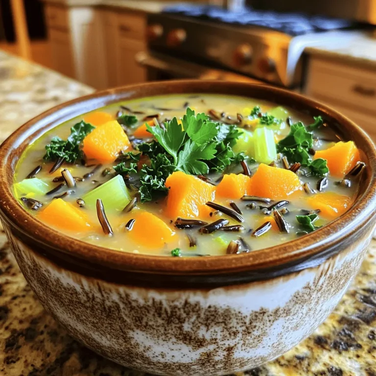 Die Basis dieser Suppe sind frische, gesunde Zutaten. Hier sind die Hauptzutaten: - 1 Tasse Wildreis, gut gewaschen - 2 Esslöffel Olivenöl - 1 mittelgroße Zwiebel, gewürfelt - 2 Karotten, gewürfelt - 2 Selleriestangen, gewürfelt - 3 Knoblauchzehen, fein gehackt - 6 Tassen Gemüsebrühe - 1 Tasse Kürbis, in Würfel geschnitten - 1 Tasse Champignons, in Scheiben geschnitten - 1 Tasse Grünkohl, grob gehackt Diese Zutaten bringen die Farben und Aromen des Herbstes in deine Küche. Wildreis hat einen nussigen Geschmack und eine schöne Textur. Die Mischung aus Zwiebeln, Karotten und Sellerie sorgt für eine gute Basis. Gewürze und Kräuter machen die Suppe besonders lecker. Hier sind die Gewürze, die du brauchst: - 1 Teelöffel getrockener Thymian - 1 Teelöffel getrockener Rosmarin - Salz und Pfeffer nach Geschmack Thymian und Rosmarin geben der Suppe einen herzhaften Geschmack. Sie sind perfekt für herbstliche Gerichte. Du kannst auch frische Kräuter verwenden, wenn du Zugang dazu hast. Das gibt der Suppe einen frischeren Geschmack. Wenn du die Suppe cremiger magst, gibt es hier einige Optionen: - 1/2 Tasse Schlagsahne oder Kokosmilch Die Schlagsahne macht die Suppe reichhaltig und cremig. Kokosmilch ist eine großartige vegane Option. Beide Optionen fügen eine schöne Textur hinzu und machen die Suppe noch einladender. Für das vollständige Rezept schau dir die [Full Recipe] an. Zuerst waschen wir den Wildreis gründlich. Er muss sauber und bereit sein. Dann schneide ich die Zwiebel, Karotten und Sellerie in kleine Stücke. Das hilft beim Kochen. Ich finde, frische Zutaten machen einen großen Unterschied in der Suppe. Ich erhitze das Olivenöl in einem großen Topf. Bei mittlerer Hitze füge ich die Zwiebeln, Karotten und Sellerie hinzu. Das Gemüse brate ich 5 bis 7 Minuten an. Es wird weich und duftet gut. Dann kommt der gehackte Knoblauch, Thymian und Rosmarin dazu. Ich koche das Ganze für eine weitere Minute. Jetzt riecht es herrlich! Jetzt gebe ich den gewaschenen Wildreis in den Topf. Ich rühre alles gut um. Dann gieße ich die Gemüsebrühe dazu. Ich bringe die Mischung zum Kochen und reduziere die Hitze. Jetzt decke ich den Topf ab und lasse die Suppe 30 bis 40 Minuten köcheln. Der Wildreis wird zart und öffnet sich. Wenn der Reis gar ist, füge ich die Kürbiswürfel und Champignons hinzu. Ich lasse die Suppe weitere 15 Minuten simmern, bis der Kürbis weich ist. Danach kommt der gehackte Grünkohl in die Suppe. Ich koche sie für weitere 5 Minuten. Jetzt ist die Suppe fast fertig! Wenn ich möchte, füge ich Schlagsahne oder Kokosmilch für mehr Cremigkeit hinzu. Dann schmecke ich die Suppe mit Salz und Pfeffer ab. Nach dem Kochen lasse ich die Suppe einige Minuten ruhen. Jetzt ist sie bereit zum Servieren! Ich empfehle, die Suppe in rustikalen Schalen zu servieren. Ein frischer Petersilien-Touch macht sie noch schöner. Dazu passt knuspriges Brot, um die köstliche Suppe aufzunehmen. Für das vollständige Rezept, schau dir die [Full Recipe] an. Um den Geschmack zu intensivieren, benutze frische Kräuter. Frische Petersilie oder Thymian geben ein tolles Aroma. Röste die Gewürze kurz in Olivenöl, bevor du das Gemüse hinzufügst. Das bringt die Aromen hervor. Du kannst auch einen Spritzer Zitronensaft hinzufügen. Das gibt der Suppe einen frischen Kick. Die Konsistenz ist wichtig. Wenn die Suppe zu dick ist, füge mehr Gemüsebrühe hinzu. Ist sie zu dünn, lass sie länger köcheln. Achte darauf, den Wildreis nicht zu überkochen. Er sollte zart, aber nicht matschig sein. Füge die cremige Komponente am Ende hinzu, um die beste Textur zu erzielen. Präsentation zählt! Serviere die Suppe in rustikalen Schalen. Garniere jede Portion mit frisch gehackter Petersilie. Das bringt Farbe und Frische. Ein paar Scheiben knuspriges Brot dazu machen das Gericht perfekt. Die Kombination ist einladend und sieht toll aus. Für mehr Geschmack kannst du auch geröstete Kürbiskerne darüber streuen. {{image_4}} Um die Wildreis-Suppe vegetarisch zu machen, lasse die Schlagsahne weg. Ersetze sie durch Kokosmilch. Sie gibt eine reichhaltige Textur. Für eine vegane Variante verwende Gemüsebrühe ohne tierische Produkte. Füge mehr Gemüse wie Paprika oder Zucchini hinzu. So bleibt die Suppe bunt und nahrhaft. Die Zutaten können je nach Saison leicht variieren. Im Herbst sind Kürbis und Grünkohl ideal. Im Frühling können Spargel und Erbsen frischen Geschmack bringen. Im Sommer benutze Zucchini und Tomaten. Diese Anpassungen halten die Suppe lebhaft und interessant. Um die Suppe nahrhafter zu machen, füge verschiedene Proteinquellen hinzu. Kichererbsen oder Linsen sind tolle Optionen. Sie machen die Suppe sättigender. Du kannst auch Tofu oder Tempeh verwenden. Diese Proteine passen gut zu den Aromen der Suppe. Für das vollständige Rezept schaue dir die [Full Recipe] an. Nachdem du deine gemütliche Herbst-Wildreis-Suppe genossen hast, ist es wichtig, die Reste richtig zu lagern. Lass die Suppe zuerst auf Zimmertemperatur abkühlen. Verwende dann einen luftdichten Behälter. So bleibt der Geschmack frisch. Du kannst die Suppe bis zu fünf Tage im Kühlschrank aufbewahren. Achte darauf, die Suppe vor dem Schließen des Behälters gut zu kühlen. Wenn du bereit bist, die Suppe zu genießen, erwärme sie langsam. Du kannst sie in einem Topf bei mittlerer Hitze auf dem Herd erwärmen. Rühre die Suppe dabei häufig um. So wird sie gleichmäßig heiß. Alternativ kannst du die Suppe in der Mikrowelle aufwärmen. Stelle sicher, dass du sie in einem mikrowellengeeigneten Behälter erhitzt. Erwärme sie in kurzen Abständen, um ein Überkochen zu vermeiden. Die Suppe hält sich gut im Kühlschrank. Wenn du sie länger aufbewahren möchtest, friere sie ein. Fülle die Suppe in einen gefrierfesten Behälter. Lass oben etwas Platz, damit sich die Flüssigkeit beim Gefrieren ausdehnen kann. So bleibt die Suppe bis zu drei Monate frisch. Wenn du die Suppe wieder auftauen möchtest, lasse sie im Kühlschrank über Nacht tauen. So bleibt die Textur angenehm. Wenn du die Suppe aufwärmst, achte darauf, sie gut zu umrühren und nicht zu überhitzen. Für das genaue Rezept, schau dir die vollständige Anleitung an. Um die Suppe cremiger zu machen, füge einfach mehr Schlagsahne oder Kokosmilch hinzu. Diese Zutaten geben der Suppe eine reichhaltige Textur. Wenn du eine pflanzliche Option bevorzugst, ist Kokosmilch perfekt. Du kannst auch pürierte Kartoffeln oder Blumenkohl verwenden. Diese Optionen sind gesund und machen die Suppe samtig. Ja, du kannst viele verschiedene Gemüsesorten verwenden. Zum Beispiel passen Süßkartoffeln oder Zucchini gut zu dieser Suppe. Auch Erbsen oder grüne Bohnen sind tolle Alternativen. Wähle Gemüse, das du magst oder was du gerade zu Hause hast. Das macht die Suppe flexibel und einzigartig. Zu dieser Suppe passen viele Beilagen. Frisches, knuspriges Brot ist eine der besten Optionen. Du kannst auch einen einfachen grünen Salat servieren. Cracker oder Käseplatten machen das Essen noch spannender. Denk daran, dass die Beilagen den Geschmack der Suppe ergänzen sollten. Diese Herbst-Wildreis-Suppe ist einfach zuzubereiten und lecker. Du hast gelernt, welche Zutaten du brauchst und wie du sie verarbeiten kannst. Die Gewürze verleihen der Suppe Tiefe und Vielfalt. Außerdem kannst du mit Variationen spielen und sie nach deinem Geschmack anpassen. Denke daran, die Reste richtig zu lagern. Guten Appetit und viel Spaß beim Kochen!