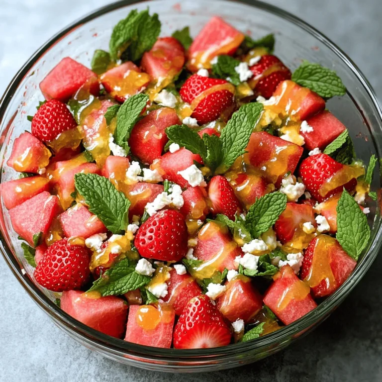 - 4 Tassen Wassermelone, gewürfelt - 2 Tassen Erdbeeren, in Scheiben geschnitten - 1/4 Tasse frische Minzblätter - 1/4 Tasse Feta-Käse Die Hauptzutaten in diesem Salat sind einfach und frisch. Wassermelone bringt viel Saftigkeit. Erdbeeren fügen eine süße Note hinzu. Minzblätter geben einen coolen Geschmack. Feta-Käse sorgt für einen salzigen Kontrast. Diese Kombination ist perfekt für heiße Tage. - 2 Esslöffel Honig - 1 Esslöffel Limettensaft - Salz und Pfeffer nach Geschmack Das Dressing ist leicht und lecker. Honig macht es süß. Limettensaft fügt Frische hinzu. Ein Hauch von Salz und Pfeffer bringt die Aromen zusammen. Diese Zutaten sind einfach zu finden. Sie machen den Salat noch besser. Wenn Sie mehr über die Zubereitung erfahren möchten, schauen Sie sich das vollständige Rezept an. Zuerst schneide ich die Wassermelone in Würfel. Die Würfel sollten gleich groß sein. Das sorgt für eine schöne Textur. Dann entkelche ich die Erdbeeren. Ich schneide sie in dünne Scheiben. Dabei achte ich, dass die Erdbeeren frisch und süß sind. Jetzt vermenge ich die Wassermelonenwürfel und die Erdbeerscheiben in einer großen Schüssel. Ich achte darauf, die Früchte vorsichtig zu mischen. Dann füge ich frische Minzblätter hinzu. Diese hebe ich sanft unter die Fruchtmischung. Die Minze gibt dem Salat einen frischen Geschmack. Jetzt bereite ich das Dressing vor. Ich vermische Honig, Limettensaft, Salz und Pfeffer in einer kleinen Schüssel. Ich rühre gut um, bis alles gleichmäßig ist. Das Dressing gibt dem Salat die perfekte Süße und Säure. Nun gieße ich das Dressing über die Früchtemischung. Ich vermenge alles vorsichtig, sodass die Früchte gleichmäßig bedeckt sind. Zum Schluss bestreue ich den Salat mit zerbröseltem Feta-Käse. Dieser gibt einen tollen Salzkick und macht den Salat noch besser. Reife Wassermelone erkennen Um eine reife Wassermelone zu finden, klopfen Sie leicht auf die Frucht. Ein tiefer, hohler Klang zeigt an, dass sie reif ist. Schauen Sie sich die Farbe an. Eine gute Wassermelone hat eine dunkle, matte Haut. Suchen Sie nach einem gelben Fleck, wo die Frucht auf dem Boden lag. Das zeigt, dass sie reif ist. Frische Erdbeeren erkennen Frische Erdbeeren sind rot und leuchtend. Achten Sie auf feste Früchte, die keine Druckstellen haben. Die Blätter sollten grün und frisch aussehen. Vermeiden Sie Erdbeeren mit Schimmel oder dunklen Flecken. Wenn sie süß riechen, sind sie meistens frisch. Präsentation in einer Glasschüssel Servieren Sie den Salat in einer klaren Glasschüssel. So sehen die leuchtenden Farben toll aus. Fügen Sie einige frische Minzblätter obenauf für einen schönen Look hinzu. Das macht den Salat noch appetitlicher. Verwendung als Beilage oder Hauptgericht Dieser Salat passt gut zu vielen Gerichten. Er ist eine tolle Beilage zu Grillfleisch. Sie können ihn auch als leichtes Hauptgericht genießen. Besonders an warmen Tagen ist er erfrischend und gesund. Vorbereitung im Voraus Sie können die Früchte einen Tag vorher vorbereiten. Schneiden Sie die Wassermelone und Erdbeeren und bewahren Sie sie im Kühlschrank auf. Mischen Sie das Dressing erst kurz vor dem Servieren. So bleibt alles frisch und knackig. Wenn Sie den Salat frühzeitig zubereiten, sparen Sie Zeit an Ihrem Serviertag. Für das vollständige Rezept, schauen Sie hier: [Full Recipe]. {{image_4}} Wenn Sie etwas mehr Crunch in Ihren Salat bringen möchten, probieren Sie Erdnüsse oder Walnüsse. Diese Nüsse geben Ihrem Gericht eine tolle Textur. Ein weiterer Vorschlag ist, Quinoa hinzuzufügen. Quinoa macht den Salat nahrhafter und gibt ihm mehr Fülle. Beide Optionen sind einfach und schnell hinzuzufügen. Das Dressing kann leicht variiert werden. Ein Joghurt-Dressing ist eine tolle Option, wenn Sie etwas Cremiges möchten. Es passt gut zu den frischen Früchten. Eine Balsamico-Glasur ist auch eine interessante Wahl. Sie bringt eine süß-saure Note, die den Geschmack der Früchte ergänzt. Experimentieren Sie mit diesen Varianten, um Ihren perfekten Wassermelonen-Erdbeersalat zu finden. Für das vollständige Rezept schauen Sie bitte hier: [Full Recipe]. - Bewahre den Wassermelonen-Erdbeersalat im Kühlschrank auf. - Stelle sicher, dass der Salat in einem luftdichten Behälter ist. Der Salat bleibt frisch, wenn er gut eingepackt ist. Du kannst ihn bis zu zwei Tage im Kühlschrank lagern. Achte auf Veränderungen in Geschmack oder Aussehen. Wenn die Früchte matschig oder verfärbt sind, ist es Zeit, den Salat zu entsorgen. Der Geruch kann auch ein Hinweis auf Verderb sein. Wenn er unangenehm riecht, schmeiß ihn weg. Für mehr Informationen und das vollständige Rezept, schau dir den Wassermelonen-Erdbeersalat an. Der Wassermelonen-Erdbeersalat bleibt frisch für etwa 2 bis 3 Tage im Kühlschrank. Um die Haltbarkeit zu verlängern, bewahre ihn in einem luftdichten Behälter auf. Die Frische der Zutaten ist sehr wichtig. Achte darauf, dass die Früchte gut sind, bevor du den Salat zubereitest. Ja, du kannst den Salat im Voraus machen. Bereite die Früchte am besten am Tag vor dem Servieren vor. Mische die Wassermelone und Erdbeeren, aber füge das Dressing erst kurz vor dem Servieren hinzu. So bleiben die Früchte knackig und frisch. Das ist besonders wichtig, wenn du den Salat für eine Feier machst. Absolut! Fühle dich frei, andere Früchte hinzuzufügen. Heidelbeeren oder Pfirsiche passen sehr gut. Du kannst auch Kiwi oder Ananas ausprobieren. Diese Früchte bringen neue Aromen und Farben in den Salat. Kreativität ist hier der Schlüssel. Du kannst das vollständige Rezept für den Wassermelonen-Erdbeersalat [hier finden](#). Zusammenfassend enthält dieser Blogbeitrag ein einfaches Rezept für Wassermelonen-Erdbeersalat. Wir sahen uns die Hauptzutaten, das Dressing und die Zubereitungsschritte an. Tipps zur Auswahl und Lagerung der Zutaten helfen dir, das Beste aus deinem Salat herauszuholen. Variationen zeigen, wie du das Rezept nach deinem Geschmack anpassen kannst. Beachte die Haltbarkeit des Salats und fühle dich frei, mit anderen Früchten zu experimentieren. Folge diesen Schritten, um jedes Mal einen köstlichen Salat zu zaubern.