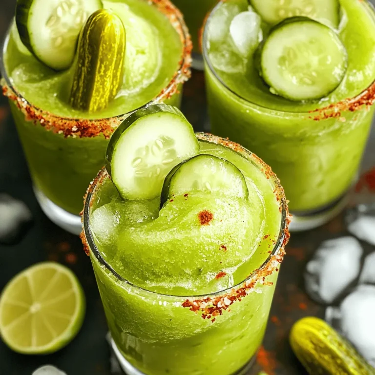 Die Basis für diese Slushies ist einfach und erfrischend. Du benötigst: - 1 Tasse Essiggurkenwasser - 1 mittelgroße Gurke, gewürfelt - 1 Limette, saftig ausgepresst - 1 Esslöffel Agavensirup (oder Honig) - 2 Tassen Eiswürfel - ½ Teelöffel Chilipulver (optional) Diese Zutaten geben den Slushies ihren einzigartigen Geschmack. Das Essiggurkenwasser sorgt für eine salzige Note. Die Gurke bringt Frische und die Limette fügt eine spritzige Säure hinzu. Um den Geschmack noch zu verbessern, kannst du ein wenig Chilipulver hinzufügen. Es gibt den Slushies eine schöne Schärfe. Für die Garnitur empfehle ich Limettenscheiben und Gurkenscheiben. Sie machen die Drinks nicht nur hübsch, sondern auch noch frischer. Die Qualität der Zutaten ist wichtig. Wähle frische Gurken und frischen Limettensaft. Das macht einen großen Unterschied im Geschmack. Für das Essiggurkenwasser benutze dein Lieblingsprodukt oder mache es selbst. So weißt du genau, was drin ist. Das ist der Weg zu den besten Pickle Margarita Slushies. Probiere diese Kombinationen aus dem [Full Recipe]. Zuerst sammeln wir alles, was wir brauchen. Hier sind die Zutaten: - 1 Tasse Essiggurkenwasser - 1 mittelgroße Gurke, gewürfelt - 1 Limette, saftig ausgepresst - 1 Esslöffel Agavensirup (oder Honig) - 2 Tassen Eiswürfel - ½ Teelöffel Chilipulver (optional) - Limettenscheiben und Gurkenscheiben als Garnitur Waschen Sie die Gurke gut. Schneiden Sie sie in kleine Stücke. Drücken Sie die Limette aus, um frischen Saft zu bekommen. Alles muss bereit sein, damit wir schnell arbeiten können. Geben Sie nun das Essiggurkenwasser, die gewürfelte Gurke, den Limettensaft und den Agavensirup in den Mixer. Mixen Sie alles gut, bis die Gurke ganz püriert ist. Fügen Sie die Eiswürfel hinzu und mixen Sie erneut. Achten Sie darauf, dass die Mischung schön slushy wird. Falls Sie es scharf mögen, fügen Sie das Chilipulver dazu. Mixen Sie kurz, um alles zu verbinden. Probieren Sie die Mischung. Mögen Sie es süßer? Fügen Sie mehr Agavensirup hinzu. Gießen Sie die Slushies in gekühlte Gläser. Dies hält die Drinks frisch und kalt. Garnieren Sie die Gläser mit Limettenscheiben und Gurkenscheiben. Das sieht nicht nur schön aus, sondern gibt auch einen zusätzlichen Geschmack. Um das Erlebnis zu verbessern, verwenden Sie bunte Strohhalme und einen scharfen Gewürzrand an den Gläsern. So wird jeder Schluck noch aufregender. Um die perfekte Süße zu erreichen, probiere zuerst mit Agavensirup. Füge einen Esslöffel hinzu. Mixe die Slushies gut und koste dann. Wenn du es süßer magst, füge mehr Sirup hinzu. Ein wenig kann viel bewirken. Du kannst auch Honig verwenden, wenn du das bevorzugst. Für etwas Schärfe, füge Chilipulver hinzu. Beginne mit einem halben Teelöffel. Mixe gut und koste. Du kannst die Schärfe leicht anpassen. Wenn du mehr Schärfe magst, gib einen weiteren Hauch Chilipulver dazu. Denk daran, dass die Schärfe sich mit der Zeit verstärken kann. Vermeide es, zu viel Eis auf einmal zu mixen. Das kann die Slushies wässrig machen. Stelle sicher, dass die Gurke gut püriert ist. So bekommst du eine glatte Textur. Achte darauf, die Slushies sofort zu servieren. Sie verlieren schnell ihre perfekte Konsistenz. Wenn du den Full Recipe befolgst, sind diese Fehler leicht zu vermeiden. {{image_4}} Um Pickle Margarita Slushies für Erwachsene zu machen, fügen Sie Tequila hinzu. Tequila bringt einen tollen Geschmack. Verwenden Sie etwa 60 ml Tequila pro Portion. Mixen Sie den Tequila mit den anderen Zutaten. Der Alkohol macht die Slushies perfekt für Partys. Garnieren Sie sie mit einem Salzrand. Das Salz verstärkt den Geschmack der Gurken. Für vegane und zuckerfreie Pickle Margarita Slushies nutzen Sie Agavensirup. Er ist eine großartige, süße Option. Alternativ können Sie Stevia verwenden. Stevia ist eine natürliche Süße ohne Kalorien. Achten Sie darauf, dass alle Zutaten pflanzlich sind. So bleiben die Slushies vegan und gesund. Sie schmecken trotzdem frisch und lecker. Experimentieren Sie mit saisonalen Früchten. Im Sommer probieren Sie frische Erdbeeren oder Wassermelone. Diese Früchte passen gut zu Gurken. Im Herbst können Sie Äpfel oder Birnen verwenden. Diese geben den Slushies einen besonderen Twist. Mischen Sie die Früchte einfach mit den anderen Zutaten. So schaffen Sie immer neue, aufregende Geschmäcker. Den gesamten Prozess finden Sie im Full Recipe. Wenn Sie Slushies übrig haben, stellen Sie sicher, dass Sie sie richtig aufbewahren. Gießen Sie die Slushie-Mischung in einen luftdichten Behälter. Lagern Sie den Behälter im Kühlschrank. So bleiben die Slushies frisch und kühl. Sie sind dann bis zu zwei Tage haltbar. Vor dem Servieren einfach gut umrühren. Sie können die Slushie-Mischung auch einfrieren. Gießen Sie die Mischung in Eiswürfelformen. Lassen Sie die Mischung frieren, bis sie fest ist. Diese gefrorenen Würfel sind perfekt für zukünftige Getränke. Sie können sie in einem Mixer mit etwas Wasser oder frischem Essiggurkenwasser wieder aufbereiten. So haben Sie immer eine schnelle Erfrischung parat. Die Zutaten für Ihre Pickle Margarita Slushies sind ebenfalls wichtig. Lagern Sie das Essiggurkenwasser und die Gurken kühl. Das Essiggurkenwasser bleibt etwa zwei Wochen frisch. Gurken sind bis zu einer Woche haltbar. Verwenden Sie die übrig gebliebenen Zutaten in Salaten oder als Snack. So verschwenden Sie nichts und genießen den Geschmack. Die besten Gurken für Slushies sind frische, knackige Sorten. Ich empfehle, englische oder persische Gurken zu verwenden. Diese Gurken sind mild und haben weniger Kerne. Sie geben der Slushie einen frischen Geschmack. Achte darauf, dass die Gurken fest und grün sind. Vermeide Gurken mit weichen Stellen oder Falten. Ja, du kannst anderes Wasser verwenden, aber es verändert den Geschmack. Essiggurkenwasser gibt der Slushie einen salzigen und würzigen Kick. Wenn du klares Wasser verwendest, fehlt dieser besondere Geschmack. Du kannst auch Zitronenwasser oder Limettenwasser verwenden. Diese Optionen sorgen für eine fruchtige Note. Experimentiere mit verschiedenen Flüssigkeiten, um deine perfekte Kombination zu finden. Um die richtige Konsistenz für Slushies zu erreichen, sind Eiswürfel wichtig. Füge die Eiswürfel nach dem Mixen der anderen Zutaten hinzu. Mixe sie gut, bis die Mischung cremig und glatt ist. Wenn die Slushie zu dick ist, füge etwas mehr Flüssigkeit hinzu. Ist sie zu dünn, füge mehr Eis hinzu. Die richtige Mischung sorgt für den perfekten Slushie! Für das exakte Rezept, schau dir die [Full Recipe] an. Pickle Margarita Slushies bieten einen tollen Mix aus süß und scharf. Wir haben die Hauptzutaten, die Zubereitung und wichtige Tipps besprochen. Es ist einfach, die perfekte Mischung zu finden und sie nach deinem Geschmack anzupassen. Die Variationen machen den Slushie noch spannender, egal ob mit Alkohol oder vegan. Vergiss nicht, übrig gebliebene Slushies richtig zu lagern. Mit diesen Ideen wirst du zur Slushie-Expertin. Probiere es aus und erlebe den eigenen Slushie-Genuss!