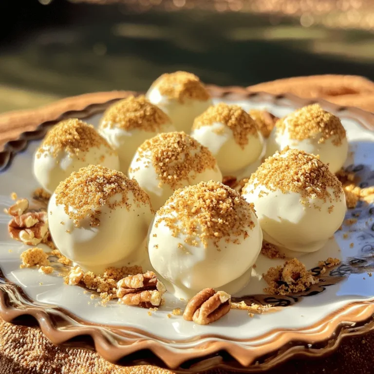 Für die perfekten Kürbis-Käsekuchen-Trüffel brauchst du folgende Zutaten: - 1 Tasse Frischkäse, weich - 1 Tasse Kürbispüree - 1 Tasse Puderzucker - 1 Teelöffel Vanilleextrakt - 1 Teelöffel Kürbiskuchengewürz - 1 Tasse Graham-Cracker-Brösel - 1 Tasse weiße Schokoladenstückchen - 2 Esslöffel Kokosöl (optional) - Zusätzliche Graham-Cracker-Brösel oder zerdrückte Pekannüsse zum Wälzen Diese Zutaten sind einfach zu finden und machen das Rezept lecker. Der Frischkäse gibt den Trüffeln eine cremige Textur. Kürbispüree bringt den herbstlichen Geschmack. Puderzucker sorgt für die süße Note, während Vanille und Gewürze das Aroma verstärken. Die Graham-Cracker-Brösel und die Schokolade geben den Trüffeln den besonderen Crunch. Um diese Trüffel zu machen, brauchst du ein paar einfache Utensilien: - Eine große Schüssel - Ein Handmixer oder ein Schneebesen - Ein Esslöffel zum Portionieren - Ein Backblech mit Backpapier - Eine hitzebeständige Schüssel für die Schokolade - Ein kleiner Topf für das Wasserbad Diese Utensilien helfen dir, die Trüffel schnell und einfach zuzubereiten. Wenn du nach Alternativen suchst, probiere Folgendes: - Verwende Frischkäse-Ersatz für eine leichtere Variante. - Nutze Honig oder Agavendicksaft anstelle von Puderzucker. - Ersetze die Graham-Cracker durch glutenfreie Kekse für eine glutenfreie Option. - Verwende Zartbitterschokolade statt weißer Schokolade für eine andere Geschmacksrichtung. So kannst du die Trüffel an deinen Geschmack anpassen. Es macht Spaß, kreativ zu sein! Das ist der Grund, warum du die Zutaten nach deinem Wunsch ändern kannst. Wenn du die Hauptzutaten hast, ist es Zeit für die Zubereitung. Du findest das komplette Rezept in der [Full Recipe]. Um die Trüffelmasse zu machen, nimm eine mittlere Schüssel. Füge den weichen Frischkäse, das Kürbispüree, den Puderzucker, den Vanilleextrakt und das Kürbiskuchengewürz hinzu. Mische alles gut, bis die Masse glatt ist. Es sollte eine schöne, cremige Textur haben. Dann gib die Graham-Cracker-Brösel nach und nach dazu. Rühre weiter, bis die Mischung dick und formbar wird. Diese wichtige Schritte sorgen für den perfekten Geschmack. Jetzt ist es Zeit, die Trüffel zu formen! Nimm eine kleine Menge der Mischung, etwa 2,5 cm groß. Rolle sie mit deinen Händen zu einer Kugel. Achte darauf, dass sie gleichmäßig sind. Lege die geformten Trüffel auf ein Backblech, das mit Backpapier ausgelegt ist. Wenn alle Trüffel geformt sind, stelle das Blech für etwa 30 Minuten in den Gefrierschrank. Dies hilft den Trüffeln, fester zu werden, sodass sie beim Eintauchen in die Schokolade nicht zerfallen. Während die Trüffel kühlen, kannst du die weiße Schokolade schmelzen. Nimm eine hitzebeständige Schüssel und setze sie über einen Topf mit leicht köchelndem Wasser. Dies nennt man Wasserbad-Methode. Achte darauf, dass das Wasser nicht die Schüssel berührt. Wenn die Schokolade fast geschmolzen ist, kannst du das Kokosöl hinzufügen. Das Öl macht die Schokolade flüssiger und das Eintauchen einfacher. Rühre die Schokolade gut um, bis sie ganz glatt ist. Jetzt sind wir bereit für den nächsten Schritt. Schau dir die [Full Recipe] an, um alle Details zu sehen! Die Textur der Trüffel ist wichtig. Sie sollte cremig und fest sein. Achte darauf, dass der Frischkäse weich ist. So vermischt er sich gut mit dem Kürbispüree. Das Hinzufügen von Graham-Cracker-Bröseln sorgt für Stabilität. Wenn die Mischung zu weich ist, füge mehr Brösel hinzu. So bleiben die Trüffel in Form. Eine kühle Temperatur ist entscheidend. Stelle die Trüffel nach dem Formen für 30 Minuten in den Gefrierschrank. So werden sie fester und leichter zu handhaben. Die Schokolade schmilzt besser, wenn die Trüffel kalt sind. Nach dem Eintauchen sollten sie wieder in den Kühlschrank. Das hilft der Schokolade, schnell zu festigen. Das Wälzen gibt den Trüffeln eine schöne Textur. Du kannst sie in zusätzlichen Graham-Cracker-Bröseln wälzen. Zerdrückte Pekannüsse sind ebenfalls eine tolle Wahl. Achte darauf, die Trüffel gleich nach dem Eintauchen zu wälzen. So bleibt die Schokolade klebrig. Experimentiere mit verschiedenen Belägen, um neue Geschmäcker zu entdecken. {{image_4}} Die Kürbis-Käsekuchen-Trüffel sind sehr vielseitig. Du kannst sie mit dunkler oder Vollmilchschokolade überziehen. Dunkle Schokolade gibt einen tollen Kontrast zum süßen Kürbis. Vollmilchschokolade hat einen sanften, süßen Geschmack. Du kannst auch eine Mischung aus verschiedenen Schokoladensorten verwenden. Probiere es einfach aus! Um deinen Trüffeln eine besondere Note zu geben, füge Gewürze hinzu. Eine Prise Zimt oder Muskatnuss kann die Aromen intensivieren. Auch ein Spritzer Ahornsirup bringt süße Tiefe ins Spiel. Du kannst auch etwas Karamell oder Erdnussbutter in die Füllung mischen. So erhältst du einen neuen, aufregenden Geschmack. Für glutenfreie Trüffel verwende glutenfreie Graham-Cracker oder gemahlene Nüsse. Diese Alternativen halten die Konsistenz gut. Für vegane Trüffel kannst du veganen Frischkäse verwenden. Achte darauf, dass die Schokolade auch vegan ist. Das sorgt dafür, dass jeder diese Leckerei genießen kann. Schau dir den Full Recipe an, um die Trüffel selbst zu machen! Um deine Kürbis-Käsekuchen-Trüffel frisch zu halten, lagere sie im Kühlschrank. Nutze einen luftdichten Behälter, um die Feuchtigkeit zu bewahren. So bleibt die Textur cremig und lecker. Lege zwischen die Schichten etwas Backpapier, damit sie nicht aneinanderkleben. Diese Trüffel sind im Kühlschrank etwa eine Woche haltbar. Wenn du sie länger aufbewahren möchtest, kannst du sie einfrieren. So bleiben sie bis zu drei Monate frisch. Achte darauf, sie gut einzupacken, um Gefrierbrand zu vermeiden. Wenn du Trüffel hast, die nicht mehr ganz frisch sind, kannst du sie in Desserts verwenden. Zerdrücke sie und mische sie in Joghurt oder als Topping für Eis. Du kannst sie auch zu einem Boden für Cheesecake verarbeiten. Diese Ideen geben alten Trüffeln ein neues Leben. Schau dir das Full Recipe an, um die Trüffel ganz neu zu genießen! Kürbis-Käsekuchen-Trüffel sind köstlich und haltbar. Du kannst sie im Kühlschrank etwa eine Woche lang aufbewahren. Stelle sicher, dass du sie in einem luftdichten Behälter lagerst. So bleiben sie frisch und behalten ihren Geschmack. Wenn du sie länger aufbewahren möchtest, friere sie ein. Ja, du kannst die Trüffel einfrieren! Lege sie in einen luftdichten Behälter oder friere sie auf einem Backblech ein. Nach dem Einfrieren kannst du sie in einen Behälter umfüllen. Die Trüffel bleiben bis zu drei Monate frisch. Zum Auftauen lege sie einfach für ein paar Stunden in den Kühlschrank. Wenn du keinen Frischkäse hast, gibt es gute Alternativen. Verwende Mascarpone oder griechischen Joghurt. Du kannst auch pflanzliche Alternativen wie Cashew-Creme probieren. Diese Optionen geben den Trüffeln eine tolle Textur und Geschmack. Die Kürbis-Käsekuchen-Trüffel sind einfach und lecker. Wir haben die Hauptzutaten, Utensilien und Alternativen behandelt. Dann folgten die Schritte zur Zubereitung, dem Formen und dem Schmelzen der Schokolade. Tipps zur Textur und Lagerung helfen dir, die besten Trüffel zu machen. Denke auch an die Variationen, um neue Geschmäcker zu entdecken. Diese Trüffel sind nicht nur gut, sondern auch vielseitig. Jetzt kannst du selbst loslegen und deine eigenen Trüffel zaubern!