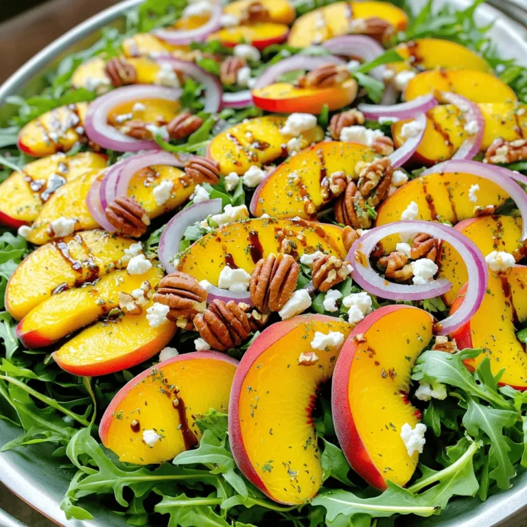 - Reife Pfirsiche: Wählen Sie feste, aromatische Pfirsiche. Sie sollten leicht nachgeben, wenn Sie sie drücken. Lassen Sie sie bei Raumtemperatur reifen, bis sie süß duften. Vermeiden Sie überreife Früchte, da sie matschig werden. - Rucola oder gemischte Salatblätter: Rucola hat einen scharfen, pfeffrigen Geschmack. Sie können auch gemischte Blätter wie Spinat oder Feldsalat verwenden. Diese geben dem Salat eine milde Note. Achten Sie darauf, frische und knackige Blätter auszuwählen. - Feta-Käse: Feta bringt einen salzigen und cremigen Geschmack. Er lässt sich gut zerbröckeln und passt perfekt zu Pfirsichen. Alternativen sind Ziegenkäse oder Ricotta. Diese Käse können je nach Vorliebe auch verwendet werden. - Auswahl von Essigen: Balsamico-Essig ist süß und passt gut zu Früchten. Sie können auch Apfelessig oder Rotweinessig verwenden. Diese Essige bieten unterschiedliche Geschmäcker und machen das Dressing aufregend. - Honig: Honig gibt dem Dressing Süße. Er harmoniert gut mit dem Essig. Alternativen sind Agavendicksaft oder Ahornsirup. Diese Süßungsmittel bieten ebenfalls einen leckeren Geschmack. - Gewürze: Salz und Pfeffer sind wichtig für den Geschmack. Salz hebt die Süße der Pfirsiche hervor. Frisch gemahlener schwarzer Pfeffer fügt einen scharfen Kick hinzu. Passen Sie die Gewürze nach Ihrem Geschmack an. Für die vollständige Zubereitung und alle Details sollten Sie [Full Recipe] beachten. Um das Dressing zu machen, beginne mit einer kleinen Schüssel. Füge dort 2 Esslöffel Honig, 2 Esslöffel Balsamico-Essig und 2 Esslöffel Olivenöl hinzu. Verquirle die Zutaten gut. Das sorgt für eine gleichmäßige Mischung. Schmecke das Dressing mit Salz und Pfeffer ab. Achte darauf, dass die Süße und die Säure gut zusammenpassen. Wenn es zu süß ist, füge etwas mehr Essig hinzu. Ist es zu sauer? Dann einfach mehr Honig verwenden. Jetzt kommen die Pfirsiche. Nimm die reifen Pfirsiche und schneide sie in dünne Spalten. Achte darauf, den Kern zu entfernen. Die Pfirsiche sollten saftig und süß sein. Wenn du Nektarinen hast, kannst du diese auch verwenden. Die Technik bleibt gleich. Für die Salatbasis nimm eine große Servierschüssel. Lege 4 Tassen Rucola oder gemischte Salatblätter auf den Boden. Diese geben dem Salat einen frischen Geschmack und eine schöne Textur. Beginne mit dem Schichten der Zutaten. Lege die geschnittenen Pfirsiche gleichmäßig über den Rucola. Danach kommen die roten Zwiebelringe dazu. Streue 1/2 Tasse zerbröckelten Feta-Käse und 1/4 Tasse geröstete Pekannüsse oder Walnüsse darüber. Diese sorgen für zusätzlichen Crunch. Kurz vor dem Servieren gieße das Dressing gleichmäßig über den Salat. Mische die Zutaten vorsichtig, damit die Pfirsiche nicht zerdrückt werden. Probiere den Salat und passe die Gewürze nach deinem Geschmack an. Für die vollständige Anleitung, schau dir das Rezept an: [Full Recipe]. Um den Geschmack Ihres Pfirsichsalats zu verbessern, können Sie einige einfache Zutaten hinzufügen. Frische Minze oder Basilikum bringen eine neue Frische. Sie können auch Avocado für eine cremige Textur einfügen. Wenn Sie es schärfer mögen, probieren Sie ein paar Jalapeños oder Radieschen. Wenn Sie den Salat anpassen möchten, können Sie die Nüsse ersetzen. Mandeln oder Pistazien passen gut zu Pfirsichen. Fühlen Sie sich frei, mit verschiedenen Käsesorten zu experimentieren. Ziegenkäse oder sogar Brie können den Geschmack verändern. Eine ansprechende Präsentation macht den Salat noch köstlicher. Servieren Sie ihn auf einem großen, flachen Teller. Das sieht einladend aus und macht den Salat zum Star. Garnieren Sie mit weiteren Pfirsichscheiben und einer Prise Nüsse. Das sorgt für zusätzlichen Crunch und sieht toll aus. Ein Spritzer Balsamico-Essig oben drauf verleiht einen schönen Glanz. Verwenden Sie frische Kräuter als Garnitur, um Farben und Aroma zu ergänzen. Diese kleinen Details beeindrucken Ihre Gäste und machen den Salat besonders. Für das gesamte Rezept schauen Sie sich bitte die [Full Recipe] an. {{image_4}} Um deinen Pfirsichsalat noch nahrhafter zu machen, füge gegrilltes Hühnchen oder Tofu hinzu. Diese Optionen liefern gutes Protein. Wenn du Vegetarier oder Veganer bist, wähle Tofu oder Kichererbsen. Diese Zutaten passen gut zu den süßen Pfirsichen und dem salzigen Feta. Balsamico-Dressing ist klassisch, aber du kannst auch andere Dressings ausprobieren. Ein Honig-Senf-Dressing bringt eine süße und würzige Note. Kräuter wie Basilikum oder Minze verleihen deinem Salat Frische. Experimentiere mit verschiedenen Kombinationen, um neue Aromen zu entdecken. Pfirsiche sind toll, aber du kannst auch andere Früchte verwenden. Erdbeeren oder Himbeeren sind tolle Alternativen. Im Herbst passen Äpfel oder Birnen gut zu diesem Salat. So bleibt dein Salat das ganze Jahr über spannend und frisch. Um den Pfirsichsalat frisch zu halten, lagere die Reste in einem luftdichten Behälter. So bleibt der Salat knackig und schmackhaft. Du solltest die Zutaten getrennt aufbewahren. Das verhindert, dass die Blätter welk werden und die Pfirsiche matschig. - Salatrückstände: In einem luftdichten Behälter im Kühlschrank lagern. - Zutaten getrennt: Rucola, Pfirsiche und Nüsse separat halten. Das Dressing kann bis zu einer Woche im Kühlschrank aufbewahrt werden. Bewahre es in einem gut verschlossenen Glas auf, um den Geschmack zu erhalten. Rühre es vor der Verwendung gut um. Wenn du trennende oder dicke Konsistenzen bemerkst, füge einen Spritzer Wasser hinzu. - Aufbewahrung: In einem Glas im Kühlschrank lagern. - Verwendung: Vor dem Servieren gut umrühren. - Trennung vermeiden: Wasser hinzufügen, wenn es dick wird. Der Pfirsichsalat hält sich bis zu drei Tage im Kühlschrank. Achte darauf, ihn in einem luftdichten Behälter aufzubewahren. Überprüfe den Salat regelmäßig. Die Anzeichen von Verderb sind ein fauliger Geruch oder eine matschige Textur. Wenn du das bemerkst, wirf ihn weg. Ja, du kannst Nektarinen anstelle von Pfirsichen verwenden. Beide Früchte haben einen ähnlichen Geschmack, aber Nektarinen sind oft etwas fester. Das gibt deinem Salat einen knackigen Biss, der toll ist. Der Geschmack bleibt süß und frisch, also keine Sorge, falls du keine Pfirsiche hast. Um den Salat vegan zu machen, ersetze den Feta-Käse durch einen veganen Käse oder lasse ihn einfach weg. Du kannst auch etwas Avocado für Cremigkeit hinzufügen. Honig kann durch Ahornsirup oder Agavendicksaft ersetzt werden. Diese Alternativen sorgen dafür, dass der Salat trotzdem lecker bleibt. Um den Salat kälter zu servieren, lege die Schüssel vorher in den Kühlschrank. Du kannst auch die Pfirsiche in den Kühlschrank legen, bevor du sie schneidest. Eine andere Idee ist, das Dressing vorher zu kühlen. Ein kalter Salat erfrischt besonders an heißen Sommertagen. Für die besten Ergebnisse, serviere den Salat frisch und kühl. Für das komplette Rezept, schau dir den Full Recipe an. Der Pfirsichsalat ist einfach zuzubereiten und voller Geschmack. Wir haben die Hauptzutaten wie reife Pfirsiche, frischen Rucola und Feta-Käse besprochen. Dressings mit Essig und Honig sorgen für eine perfekte Harmonie. Auch Tipps zur Präsentation und Variationen, wie proteinreiche Optionen, sind wichtig. Denke daran, den Salat frisch zu halten und Varianten für jede Saison zu versuchen. Dieser Salat ist vielseitig und macht jede Mahlzeit besonders. Experimentiere mit den Zutaten und finde deinen eigenen Geschmack!