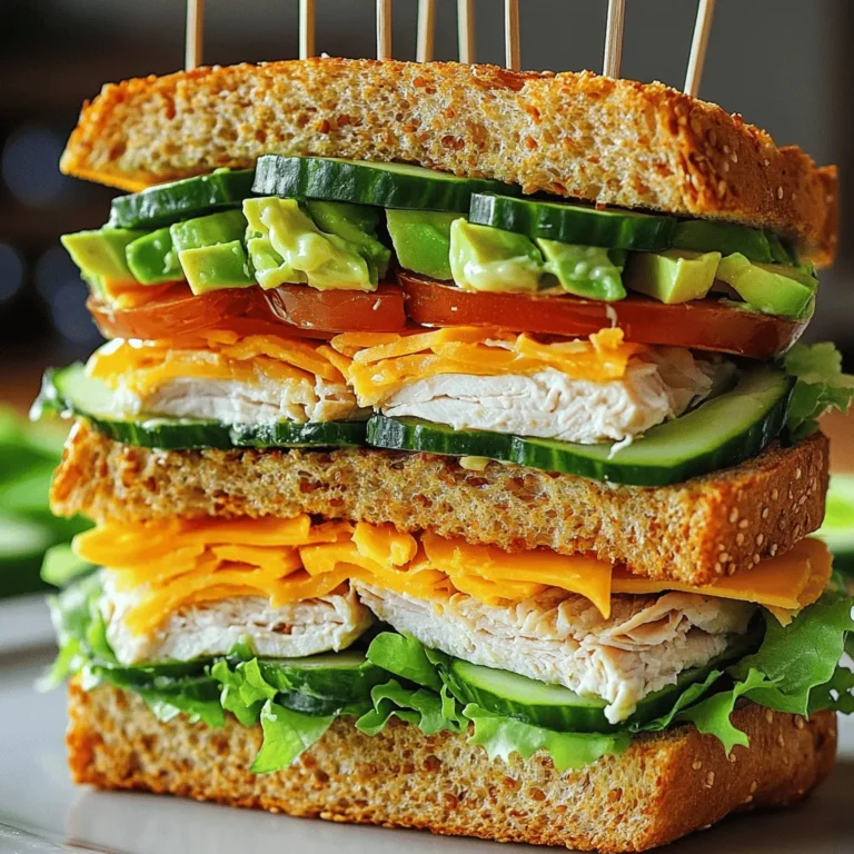 - 12 Scheiben Vollkorn- oder Sauerteigbrot - 1 Tasse gekochte Hähnchenbrust, in Scheiben geschnitten - 6 Scheiben Puten- oder Rinderbrust Das Brot ist die Basis des Sandwichs. Ich bevorzuge Vollkornbrot für den vollen Geschmack. Sauerteigbrot gibt auch eine gute Textur. Du kannst gekochte Hähnchenbrust verwenden. Diese ist zart und saftig. Puten- oder Rinderbrust bringt einen tollen Geschmack. - 1 Tasse frische Salatblätter - 2 mittlere Tomaten, in Scheiben geschnitten - 6 Scheiben Cheddar-Käse - 6 Scheiben knusprige Gurke - ½ Avocado, in Scheiben geschnitten Frischer Salat sorgt für Knackigkeit. Tomaten bringen Saftigkeit ins Spiel. Käse ist eine leckere Ergänzung. Gurken geben eine erfrischende Note. Avocado sorgt für Cremigkeit. Jede Zutat macht das Sandwich besser. - ½ Tasse Mayonnaise - 2 Esslöffel Dijon-Senf - Salz und Pfeffer nach Geschmack - Zahnstochern zur Befestigung Die Mayonnaise macht das Sandwich cremig. Dijon-Senf fügt einen tollen Kick hinzu. Salz und Pfeffer sind wichtig für den Geschmack. Zahnstochern helfen, das Sandwich zusammenzuhalten. So bleibt alles an seinem Platz. Für die genaue Zubereitung, schau dir das [Full Recipe] an. Zuerst müssen wir das Brot toasten. Ich empfehle, es goldbraun und knusprig zu machen. Das dauert etwa 3 bis 5 Minuten. Wenn das Brot gut geröstet ist, legt es auf ein Abkühlgitter. So bleibt es perfekt knusprig. Das Toasten des Brotes gibt dem Sandwich mehr Textur. Knuspriges Brot macht jeden Biss besser. Außerdem hilft es, die Füllungen zu halten. So läuft nichts aus dem Sandwich. Jetzt kommt die Aufstrichbasis. Mische die Mayonnaise mit Dijon-Senf. Diese Mischung bringt viel Geschmack. Du kannst auch Joghurt oder Frischkäse verwenden. Wenn du etwas mehr Würze willst, füge einen Spritzer Zitronensaft hinzu. Die Aufstrichbasis ist wichtig. Sie verbindet die Aromen im Sandwich. So wird jeder Biss lecker und saftig. Nun geht es ans Zusammenstellen des Sandwichs. Lege drei Scheiben Brot auf ein Brett. Bestreiche die oberste Scheibe mit der Mayonnaise-Mischung. Beginne mit der ersten Schicht: Hähnchen, gefolgt von Pute. Füge frischen Salat und Tomaten hinzu. Lege ein Stück Käse, Gurken und Avocado dazu. Vergiss nicht, leicht mit Salz und Pfeffer zu würzen. Setze die zweite Scheibe Brot oben drauf und wiederhole die Schritte. Achte darauf, die Füllungen gleichmäßig zu verteilen. Das macht das Sandwich schön anzusehen. Zum Schluss kommt die dritte Scheibe Brot. Stecke Zahnstochern hinein, damit alles bleibt, wo es soll. Schneide das Sandwich in Viertel. So sieht es toll aus und ist einfach zu essen. Für das vollständige Rezept schau dir den [Full Recipe] an. Die Wahl des Brotes ist wichtig. Vollkornbrot oder Sauerteigbrot sind perfekt für ein Club Sandwich. Vollkornbrot hat mehr Ballaststoffe. Es macht das Sandwich nahrhafter. Sauerteigbrot hat einen tollen Geschmack. Es gibt dem Sandwich eine knackige Textur. Achte darauf, frisches Brot zu wählen. Frisches Brot hat eine bessere Konsistenz. Du kannst dies testen, indem du das Brot drückst. Es sollte leicht nachgeben und schnell zurückspringen. Vermeide Brot mit Schimmel oder einem trockenen Aussehen. Ein paar spezielle Gewürze machen dein Sandwich besonders. Probiere es mit Paprika oder Knoblauchpulver. Diese Gewürze fügen Tiefe zum Geschmack hinzu. Auch ein Spritzer Zitronensaft kann helfen, Aromen zu heben. Für den Aufstrich kannst du die Mayonnaise verfeinern. Mische etwas Pesto oder Senf hinein. Das gibt dem Sandwich eine neue Dimension. Du kannst auch frische Kräuter verwenden. Basilikum oder Schnittlauch passen gut. Die Präsentation zählt! Schneide das Sandwich in Viertel. So siehst du die bunten Schichten. Lege die Stücke auf einen großen Teller. Du kannst sie mit kleinen Spießen sichern. Dekoriere das Sandwich mit einer Olive oder einer Gurke. Für besondere Anlässe kannst du das Sandwich auf einem Holzbrett anrichten. Füge ein paar Chips oder einen kleinen Salat hinzu. So sieht dein Gericht noch einladender aus. Mit diesen Tipps machst du dein Club Sandwich zum Star auf dem Tisch. {{image_4}} Ein Club Sandwich kann ganz ohne Fleisch sein. Statt Hähnchen nutzen Sie Tofu oder Tempeh. Diese Alternativen sind leicht zu würzen. Sie können auch geräucherten Tofu verwenden, um einen tollen Geschmack zu erzielen. Für Käse ersetzen Sie ihn durch vegane Käsescheiben oder Nusskäse. Diese Optionen sind lecker und gesund. Für den Aufstrich probieren Sie Hummus oder Avocado. Diese sind cremig und geben einen tollen Geschmack. Sie können auch verschiedene Kräuter oder Gewürze hinzufügen. So machen Sie Ihr Sandwich noch interessanter. Ein asiatisches Club Sandwich ist eine spannende Idee. Fügen Sie Teriyaki-Hähnchen hinzu und verwenden Sie asiatische Gurken. Ein bisschen Kimchi bringt einen tollen Biss. Für eine mediterrane Note nutzen Sie Feta und Oliven. Diese Zutaten machen das Sandwich frisch und herzhaft. Sie können auch Pesto als Aufstrich verwenden. Das gibt dem Sandwich einen besonderen Geschmack. Frische Spinatblätter und getrocknete Tomaten passen ebenfalls gut dazu. Experimentieren Sie mit verschiedenen Zutaten und finden Sie Ihren Favoriten. Für einen süßen Twist probieren Sie Obst. Fügen Sie Bananen oder Äpfel mit Erdnussbutter hinzu. Diese Kombination ist lecker und macht das Sandwich einzigartig. Exotische Saucen wie Mango-Chutney oder Curry-Relish sind ebenfalls spannend. Sie geben dem Sandwich eine würzige Note. Diese Variationen machen Ihr Club Sandwich besonders. Es gibt keinen falschen Weg, um zu genießen. Seien Sie kreativ und entdecken Sie neue Geschmäcker. Verpassen Sie nicht die Gelegenheit, das Rezept in seiner vollen Pracht zu erleben. [Full Recipe] ist eine tolle Basis dafür! Lagern Sie Ihr Club Sandwich am besten im Kühlschrank. Es bleibt frisch und lecker. Bei Raumtemperatur kann es schnell verderben. Die Zutaten haben unterschiedliche Haltbarkeiten. Gekochtes Hähnchen hält sich etwa 3 bis 4 Tage im Kühlschrank. Tomaten und Salat können auch 2 bis 3 Tage frisch bleiben. Käse bleibt bis zu einer Woche gut. Bereiten Sie Ihr Sandwich vor einem Event einfach vor. Sie können die Brotscheiben toasten und die Zutaten schneiden. Lagern Sie alles getrennt im Kühlschrank. So bleiben die Zutaten frisch. Sie können auch Sandwichteile einfrieren. Wickeln Sie alles gut in Folie ein. Tiefgefroren hält es bis zu einem Monat. Um das Sandwich aufzufrischen, toasten Sie es kurz. Dies bringt die Knusprigkeit zurück. Verwenden Sie einen Toaster oder eine Pfanne. Überprüfen Sie die Temperatur, damit es nicht verbrennt. Eine kurze Erwärmung macht das Sandwich wieder lecker. So bleibt der Geschmack frisch und ansprechend. Das Club Sandwich hat eine spannende Geschichte. Es stammt aus den USA und wurde im späten 19. Jahrhundert beliebt. Man sagt, es sei in einem Club, vielleicht einem Golfclub, entstanden. Das Sandwich war eine schnelle und einfache Mahlzeit für hungrige Gäste. Es zeigt, wie man einfache Zutaten lecker kombinieren kann. Die kulturelle Bedeutung liegt in seiner Vielseitigkeit. Jeder kann es nach seinem Geschmack gestalten. Um ein Club Sandwich gesünder zu machen, können Sie einige einfache Änderungen vornehmen. Statt normalem Brot verwenden Sie Vollkornbrot. Das bietet mehr Ballaststoffe und Nährstoffe. Sie können auch mageres Hähnchen oder Pute wählen. Reduzieren Sie die Menge an Mayonnaise oder verwenden Sie griechischen Joghurt. Fügen Sie mehr Gemüse hinzu, wie Spinat oder Paprika. Diese Optionen senken die Kalorien und machen das Sandwich nahrhafter. Ja, das Rezept lässt sich leicht anpassen. Wenn Sie eine Diät haben, können Sie den Käse weglassen oder pflanzliche Alternativen verwenden. Für eine glutenfreie Option nutzen Sie glutenfreies Brot. Möchten Sie das Sandwich schärfer machen? Fügen Sie etwas Jalapeño oder scharfe Soße hinzu. Es gibt viele Möglichkeiten, das Rezept nach Ihrem Geschmack zu gestalten. Zu einem Club Sandwich passen viele Beilagen gut. Ein frischer Salat bringt Farbe und Frische. Frittierte Süßkartoffeln sind eine schmackhafte und knusprige Wahl. Getränke wie Eistee oder Limonade ergänzen das Essen perfekt. Wenn Sie ein komplettes Menü servieren, denken Sie an eine Suppe. Tomatensuppe ist ein klassischer Begleiter. Diese Kombination macht das Essen ausgewogen und lecker. Ein Club Sandwich ist einfach zuzubereiten und sehr vielseitig. Du brauchst frisches Brot, leckeres Fleisch und knackiges Gemüse. Vergiss die Gewürze und Aufstriche nicht für den vollen Geschmack. Auch die Anordnung der Zutaten ist wichtig, um das Sandwich ansprechend zu gestalten. Du kannst kreative Variationen ausprobieren, um deinem Club Sandwich eine persönliche Note zu geben. Denke an die richtigen Lagerung und Vorbereitung, damit es frisch bleibt. Mit diesen Tipps wird dein nächstes Sandwich zum Hit auf jedem Tisch!