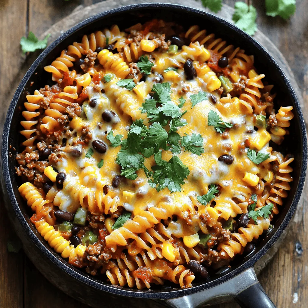 - 225 g Rotini-Pasta - 450 g Rinderhackfleisch oder Putenhackfleisch - 1 Dose (425 g) gewürfelte Tomaten mit grünen Chilischoten - 1 Dose (425 g) schwarze Bohnen, abgespült und abgetropft - 150 g Maiskörner (frisch, gefroren oder aus der Dose) Ich finde, die Hauptzutaten machen das Gericht besonders. Die Rotini-Pasta hat eine tolle Form. Sie hält die Sauce gut fest. Das Hackfleisch gibt dem Gericht einen herzhaften Geschmack. Die gewürfelten Tomaten mit Chilischoten bringen eine leichte Schärfe. Schwarze Bohnen und Mais sorgen für die nötige Textur und Farbe. Diese Zutaten machen die Cowboy Pasta Skillet lecker und nahrhaft. - 1 Esslöffel Chili-Pulver - 1 Teelöffel Kreuzkümmel - 240 ml Rinder- oder Gemüsebrühe - Salz und Pfeffer nach Geschmack Die Gewürze sind der Schlüssel zu einem großartigen Geschmack. Chili-Pulver gibt dem Gericht eine würzige Note. Kreuzkümmel bringt eine feine Erdtönung. Brühe macht die Sauce reichhaltig und aromatisch. Salz und Pfeffer helfen, die Aromen zu verstärken. Ich empfehle, die Gewürze nach und nach hinzuzufügen. So kannst du den perfekten Geschmack finden. Wenn du mehr wissen möchtest, schau dir das [Full Recipe] an. - Zwiebel und Knoblauch vorbereiten: Beginne mit einer Zwiebel. Schneide sie in kleine Würfel. Nimm zwei Knoblauchzehen und hacke sie fein. Diese Zutaten geben dem Gericht viel Geschmack. - Hackfleisch würzen: Nimm 450 g Rinder- oder Putenhackfleisch. Würze es mit Salz, Pfeffer, Chili-Pulver und Kreuzkümmel. Diese Gewürze bringen die Aromen zur Geltung. - Anbraten von Zwiebeln und Knoblauch: Erhitze 1 Esslöffel Olivenöl in einer großen Pfanne. Füge die Zwiebel hinzu und brate sie für 3-4 Minuten. Sie sollte weich und leicht transparent sein. Danach kommt der Knoblauch dazu. Brate ihn für eine weitere Minute. - Hinzufügen der weiteren Zutaten und Pasta: Gib das gewürzte Hackfleisch in die Pfanne. Zerkleinere es mit einem Spatel. Brate das Fleisch für 6-7 Minuten, bis es braun ist. Dann füge die gewürfelten Tomaten, schwarze Bohnen und Mais hinzu. Gieße 240 ml Brühe dazu. Rühre alles gut um. - Koche die Mischung und füge den Käse hinzu: Lass die Mischung aufkochen. Füge dann 225 g Rotini-Pasta hinzu. Decke die Pfanne ab und koche das Ganze für 12-15 Minuten. Die Pasta sollte al dente sein und die Flüssigkeit fast aufgesogen haben. - Abschmecken und anrichten: Nimm die Pfanne vom Herd. Rühre 225 g geriebenen Cheddar-Käse ein. Warte, bis der Käse geschmolzen ist. Probiere die Mischung. Passe die Würze mit Salz und Pfeffer an. Garniere das Gericht mit frischem Koriander. Für die genauen Schritte und Zutaten schaue dir das [Full Recipe] an. - Pasta al dente kochen: Koche die Rotini-Pasta nur bis sie fest ist. So bleibt sie bissfest und nimmt die Soße gut auf. - Optimale Brühe verwenden: Nutze Rinder- oder Gemüsebrühe für mehr Geschmack. Die Brühe hebt den gesamten Geschmack des Gerichts. - Weitere Gewürze hinzufügen: Experimentiere mit Paprika oder Knoblauchpulver. Diese bringen neue Geschmäcker in dein Gericht. - Austausch von Fleischsorten: Probiere Putenhackfleisch oder pflanzliches Hack. Das gibt dir mehr Optionen und macht das Gericht vielseitig. - Garnierungen für mehr Geschmack: Frischer Koriander macht das Gericht frisch und bunt. Ein Spritzer Limettensaft bringt einen tollen Kick. - Serviervorschläge für das Gericht: Serviere die Cowboy Pasta Skillet in tiefen Tellern. Füge Jalapeño-Scheiben hinzu, wenn du es schärfer magst. {{image_4}} Für eine vegetarische Version der Cowboy Pasta Skillet kannst du pflanzliches Hackfleisch verwenden. Es gibt viele Marken, die tolle Alternativen bieten. Du kannst auch zusätzliche Gemüse hinzufügen, wie Paprika, Zucchini oder Spinat. Diese Optionen bringen Farbe und Nährstoffe ins Gericht. Sie machen die Mahlzeit noch gesünder und leckerer. Wenn du es gerne scharf magst, füge einige Jalapeños oder scharfe Sauce hinzu. Das gibt dem Gericht einen tollen Kick. Du kannst auch die Menge des Chili-Pulvers variieren. Wenn du mehr Geschmack willst, nimm einfach eine schärfere Sorte. Sei vorsichtig, damit es nicht zu scharf wird! Experimentiere mit verschiedenen Pastasorten. Du kannst Penne, Fusilli oder sogar Spaghetti verwenden. Jede Pasta hat ihren eigenen Charme. Das macht das Gericht interessant. Auch der Käse kann variieren. Probier verschiedene Sorten wie Gouda, Mozzarella oder einen würzigen Käse. So kreierst du immer wieder neue Geschmäcker. Für das vollständige Rezept schau dir bitte die [Full Recipe] an. Um die Reste der Cowboy Pasta Skillet richtig aufzubewahren, stelle sicher, dass sie vollständig abgekühlt ist. Lagere die Reste im Kühlschrank in einem luftdichten Behälter. So bleiben die Aromen frisch. Du kannst auch Portionsbehälter verwenden, um es einfacher zu machen. Du kannst die Reste in der Mikrowelle oder auf dem Herd aufwärmen. Wenn du die Mikrowelle nutzt, erwärme die Pasta in kurzen Abschnitten. Rühre sie dabei um, damit sie gleichmäßig warm wird. Auf dem Herd kannst du einen kleinen Schuss Brühe hinzufügen, um die Mischung saftig zu halten. Decke die Pfanne ab, damit die Feuchtigkeit nicht entweicht. Reste sind im Kühlschrank bis zu drei Tage haltbar. Wenn du sie länger aufbewahren möchtest, kann das Einfrieren eine gute Option sein. Achte darauf, sie in einem geeigneten Behälter zu lagern. Überprüfe die Reste vor dem Essen. Wenn du einen seltsamen Geruch oder eine veränderte Farbe bemerkst, ist es besser, sie wegzuwerfen. Die Zubereitung dieser Cowboy Pasta Skillet dauert etwa 30 Minuten. Diese Zeit umfasst die Vorbereitung und das Kochen. In der Regel benötige ich 10 Minuten, um die Zutaten vorzubereiten. Das Kochen selbst dauert dann etwa 20 Minuten. Es ist ein schnelles Gericht, das perfekt für hektische Abende ist. Ja, du kannst glutenfreie Pasta verwenden. Ich empfehle, Sorten aus Reis oder Mais zu wählen. Diese Alternativen haben eine ähnliche Textur wie normale Pasta. Achte darauf, die Kochzeit anzupassen, da glutenfreie Pasta oft schneller gar wird. So bleibt dein Gericht lecker und gesund. Zu Cowboy Pasta Skillet passen verschiedene Beilagen gut. Hier sind einige Vorschläge: - Frischer grüner Salat - Knoblauchbrot - Gegrilltes Gemüse - Sauerrahm oder Guacamole als Dip Diese Beilagen ergänzen das Gericht und bringen Abwechslung auf den Tisch. Du kannst auch einen Spritzer Limettensaft hinzufügen, um den Geschmack zu verstärken. Zusammenfassend haben wir die wichtige Zubereitung von Cowboy Pasta Skillet durchgearbeitet. Wir haben die Hauptzutaten, Gewürze und grundlegenden Schritte besprochen. Tipps für die perfekte Konsistenz und vielseitige Variationen bieten viele Möglichkeiten. Denke daran, auch kreative Optionen auszuprobieren und Reste richtig zu lagern. Mit diesen Informationen kannst du ein leckeres Gericht kochen, das jedem schmeckt. Küchenexperimente machen Spaß und bringen neue Geschmäcker auf den Tisch. Viel Freude beim Kochen!