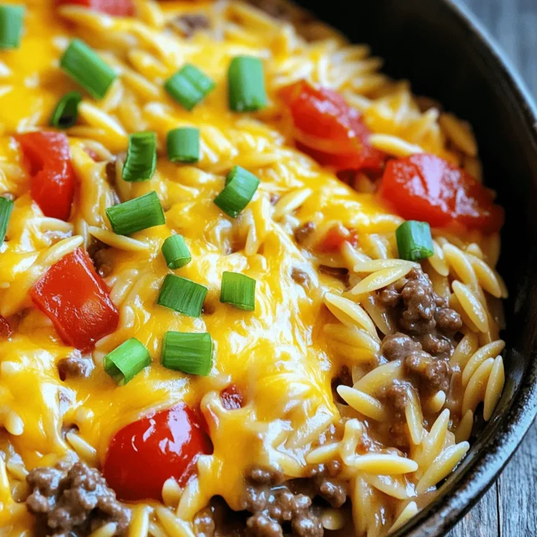 - 1 Esslöffel Olivenöl - 1 Zwiebel, gewürfelt - 450 g Rinderhackfleisch oder Putenhackfleisch - 240 g ungekochte Orzo-Nudeln Die Hauptzutaten machen dieses Gericht besonders. Das Olivenöl gibt Geschmack und hilft beim Braten. Die Zwiebel sorgt für Aroma und Süße. Du kannst Rinderhackfleisch oder Putenhackfleisch verwenden. Beide Optionen sind schmackhaft und bieten viel Protein. Die Orzo-Nudeln sind eine tolle Alternative zu Reis oder Pasta. Sie nehmen die Aromen der anderen Zutaten gut auf. - 480 ml Rinderbrühe - 1 Esslöffel Worcestershiresauce - 240 g gewürfelte Tomaten Flüssige Zutaten sind wichtig, um das Gericht saftig zu machen. Die Rinderbrühe bringt Tiefe und Geschmack. Worcestershiresauce fügt einen kräftigen, umami Geschmack hinzu. Die gewürfelten Tomaten bringen Frische und etwas Säure. Diese Kombination macht das Gericht lecker und aromatisch. - 2 Teelöffel Senf - 120 g geriebener Cheddarkäse - Salz und Pfeffer nach Geschmack Gewürze und Käse runden das Gericht ab. Senf bringt eine leichte Schärfe und Tiefe. Der geriebene Cheddarkäse macht alles cremig und herzhaft. Mit Salz und Pfeffer passt du die Aromen perfekt an. Die richtige Mischung macht den Unterschied in deinem One-Pot Cheeseburger Orzo Skillet. Für die vollständige Anleitung und Zubereitung, schau dir das Rezept [Full Recipe]. - Zwiebel und Knoblauch vorbereiten - Gemüse und Hackfleisch bereitstellen Zuerst schneide die Zwiebel in kleine Stücke. So wird sie schnell weich. Hacke auch den Knoblauch fein. Diese beiden Zutaten geben dem Gericht viel Geschmack. Bereite dann das Gemüse und das Hackfleisch vor. Das Rinderhackfleisch ist eine gute Wahl. Du kannst aber auch Putenhackfleisch nutzen, wenn du etwas Leichteres willst. - Erhitze das Olivenöl und dünste die Zwiebel - Füge Knoblauch und Hackfleisch hinzu - Mixe die Orzo und Brühe ein Erhitze einen Esslöffel Olivenöl in einer großen Pfanne. Füge die Zwiebel hinzu und dünste sie. Sie sollte glasig werden, das dauert etwa 3 bis 4 Minuten. Jetzt kommt der Knoblauch dazu. Brate ihn eine Minute lang an, bis er gut duftet. Dann gib das Hackfleisch in die Pfanne. Brate es an, bis es braun ist. Das dauert etwa 5 bis 7 Minuten. Wenn das Fleisch fertig ist, gieß überschüssiges Fett ab. Jetzt ist es Zeit für die Orzo-Nudeln. Füge sie zusammen mit der Rinderbrühe, den gewürfelten Tomaten, Worcestershiresauce und Senf in die Pfanne. Rühre alles gut um und bringe die Mischung zum Kochen. - Zum Kochen bringen und köcheln lassen - Cheddar unterrühren und servieren Sobald die Mischung kocht, reduziere die Hitze. Decke die Pfanne ab und lasse alles 10 bis 12 Minuten köcheln. Rühre zwischendurch um, damit nichts anklebt. Die Orzo sollte al dente sein und die Brühe fast ganz aufgenommen haben. Nimm die Pfanne vom Herd. Jetzt kommt der leckerste Teil: Rühre den geriebenen Cheddar ein. Er schmilzt und macht das Gericht cremig. Schmecke es mit Salz und Pfeffer ab. Serviere das Gericht warm. Garniere es mit gehackten Frühlingszwiebeln für einen frischen Akzent. Du findest die vollständige Zubereitung in der [Full Recipe]. Für eine leichtere Variante empfehle ich, mageres Putenhackfleisch zu verwenden. Es hat weniger Fett, schmeckt aber trotzdem gut. Du kannst auch verschiedene Käsesorten ausprobieren. Cheddar ist großartig, aber Gruyère oder Mozzarella bringen einen anderen Geschmack. Beim Kochen der Orzo-Nudeln ist es wichtig, sie nicht zu überkochen. Sie sollten al dente bleiben. Rühre die Nudeln regelmäßig um, um ein Ankleben zu vermeiden. Wenn du sie anbrätst, bevor du die Brühe hinzufügst, kannst du noch mehr Geschmack erzielen. Garnituren machen das Gericht lebendig. Frische Frühlingszwiebeln passen perfekt dazu. Du kannst auch einen Klecks Sauerrahm oder etwas frische Petersilie darüber geben. Serviere das Gericht in tiefen Tellern, damit die Soße gut zur Geltung kommt. Für das vollständige Rezept, siehe [Full Recipe]. {{image_4}} Wenn du eine vegetarische Version der One-Pot Cheeseburger Orzo Pfanne machen möchtest, kannst du pflanzliches Hackfleisch verwenden. Alternativ sind Linsen auch eine tolle Wahl. Sie sind nahrhaft und fügen Textur hinzu. Du kannst die gleiche Menge Linsen wie Rinderhack verwenden. Koche die Linsen einfach nach Packungsanweisung, bevor du sie hinzufügst. So erhältst du ein herzhaftes, fleischfreies Gericht. Um deinem Gericht einen extra Kick zu geben, probiere verschiedene Gewürze. Füge scharfe Saucen wie Sriracha oder Tabasco hinzu, wenn du es schärfer magst. Auch ein Hauch von Paprika oder Cayennepfeffer kann den Geschmack vertiefen. Experimentiere mit italienischen Kräutern wie Oregano oder Basilikum für eine andere Geschmacksrichtung. Die Möglichkeiten sind endlos! Die One-Pot Pfanne ist sehr sättigend, aber du kannst sie auch mit Beilagen erweitern. Ein frischer grüner Salat passt gut dazu. Auch knuspriges Brot oder Brötchen sind eine tolle Ergänzung. Wenn du mehr Gemüse möchtest, serviere gedämpfte Brokkoli- oder Karottenstücke. Diese Beilagen runden das Gericht ab und machen es noch vielfältiger. Um die Reste von One-Pot Cheeseburger Orzo Skillet zu lagern, stelle sicher, dass sie abgekühlt sind. Fülle das Gericht in einen luftdichten Behälter. - Kühlen im Kühlschrank: Du kannst die Reste bis zu vier Tage im Kühlschrank aufbewahren. Achte darauf, dass der Behälter gut verschlossen ist. - Einfrieren des Gerichts: Wenn du das Gericht länger aufbewahren möchtest, friere es ein. Verwende dafür einen gefrierfesten Behälter oder Gefrierbeutel. Die Haltbarkeit hängt von der Lagerung ab. Hier sind einige Tipps: - Tipps zur Haltbarkeit im Kühlschrank: Halte die Temperatur deines Kühlschranks bei 4 °C oder darunter. So bleibt das Gericht frisch. - Optimale Lagerbedingungen für gefrorene Portionen: Lagere gefrorene Portionen bei -18 °C. So bleibt der Geschmack und die Textur erhalten. Wenn du das Gericht wieder warm machen möchtest, gibt es einfache Methoden: - Methoden zum Erwärmen des Gerichts: Du kannst es in der Mikrowelle oder auf dem Herd aufwärmen. Bei der Mikrowelle decke das Gericht ab, um ein Austrocknen zu vermeiden. - So bleibt es cremig und schmackhaft: Füge beim Erwärmen einen Schuss Brühe oder etwas Milch hinzu. So bleibt das Gericht cremig und lecker. Die Zubereitungszeit für das One-Pot Cheeseburger Orzo Skillet ist einfach. Du benötigst etwa 10 Minuten für die Vorbereitung. Die Kochzeit beträgt ungefähr 20 Minuten. Insgesamt bist du in etwa 30 Minuten fertig. Das Gericht ist schnell und lecker, perfekt für ein Abendessen unter der Woche. Ja, du kannst dieses Rezept im Voraus zubereiten. Bereite die Zutaten am Vortag vor. Schneide die Zwiebel und den Knoblauch und lagere sie im Kühlschrank. Du kannst das fertige Gericht auch im Voraus kochen. Bewahre es in einem luftdichten Behälter auf. Es hält sich bis zu drei Tage im Kühlschrank. Achte darauf, es gut zu erhitzen, bevor du es servierst. Es gibt viele Möglichkeiten, Zutaten zu ersetzen. Wenn du allergisch auf Rindfleisch reagierst, nutze Putenhackfleisch. Du kannst auch pflanzliches Hackfleisch verwenden, um es vegetarisch zu machen. Statt Orzo kannst du auch Reis oder Quinoa verwenden. Wenn du keinen Cheddar magst, probiere Gouda oder Mozzarella. Achte darauf, die Mengen entsprechend anzupassen, um den Geschmack zu erhalten. Dieses Rezept für eine One-Pot-Pfanne ist einfach und lecker. Wir haben erlernt, die Hauptzutaten richtig vorzubereiten und sie schmackhaft zuzubereiten. Gerichte wie dieses sind auch anpassbar. Du kannst verschiedene Käsesorten oder alternative Proteine nutzen. Achte darauf, die Reste gut aufzubewahren, um Abfall zu vermeiden. Mit diesen Tipps und Tricks wird das Kochen noch einfacher. Probiere es aus und finde deine Lieblingsvarianten!