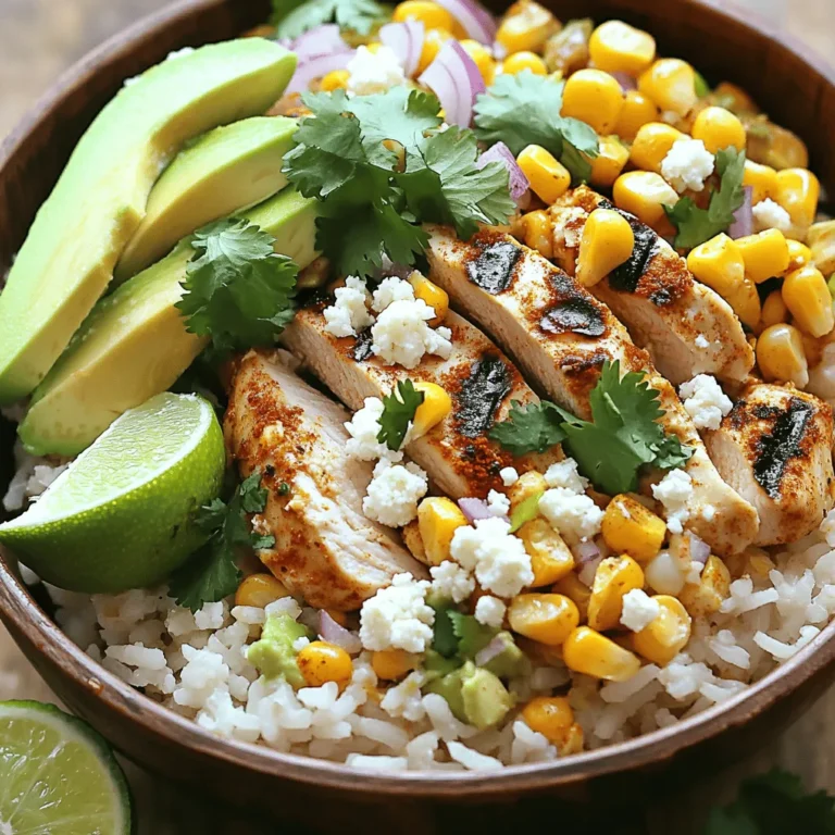 Für einen leckeren Street Corn Chicken Rice Bowl benötigst du frische und schmackhafte Zutaten. Hier ist die Liste der Zutaten, die du brauchst: - 1 Tasse Jasminreis - 2 Tassen Hühnerbrühe - 2 Hähnchenbrustfilets ohne Haut und Knochen - 1 Teelöffel Taco-Gewürz - 1 Esslöffel Olivenöl - 1 Tasse gegrillter Mais (frisch oder gefroren) - 1/2 Tasse Cotija-Käse, zerbröselt - 1/4 Tasse frischer Koriander, gehackt - 1/2 rote Zwiebel, gewürfelt - 1 Avocado, in Scheiben geschnitten - 1 Limette, in Spalten geschnitten - Salz und Pfeffer nach Geschmack - Optional: scharfe Soße für den gewissen Kick Diese Zutaten machen dein Gericht nahrhaft und voller Geschmack. Der Jasminreis ist leicht und duftend, während die Hühnerbrühe dem Reis einen tiefen Geschmack verleiht. Das Hähnchen, gewürzt mit Taco-Gewürz, bringt die nötige Würze. Gegrillter Mais sorgt für eine süße Note und eine tolle Textur. Cotija-Käse gibt dem Gericht einen salzigen Kick, der perfekt zu den anderen Zutaten passt. Frischer Koriander und rote Zwiebel bringen Frische in deinen Bowl. Die Avocado fügt Cremigkeit hinzu, und der Limettensaft bringt alles zusammen. Wenn du es scharf magst, füge die optionale scharfe Soße hinzu. Mit diesen Zutaten bereitest du einen Street Corn Chicken Rice Bowl zu, der nicht nur lecker, sondern auch gesund ist. Du findest das vollständige Rezept unter [Full Recipe]. 1. Bringen Sie 2 Tassen Hühnerbrühe in einem mittelgroßen Topf zum Kochen. 2. Fügen Sie 1 Tasse Jasminreis hinzu. Reduzieren Sie die Hitze. 3. Decken Sie den Topf ab und lassen Sie den Reis 15-20 Minuten köcheln. 4. Wenn der Reis zart ist, lockern Sie ihn mit einer Gabel auf und stellen Sie ihn zur Seite. 1. Würzen Sie 2 Hähnchenbrustfilets mit 1 Teelöffel Taco-Gewürz, Salz und Pfeffer. 2. Erhitzen Sie 1 Esslöffel Olivenöl in einer Pfanne bei mittlerer bis hoher Hitze. 3. Braten Sie die Hähnchenbrustfilets 6-7 Minuten pro Seite, bis sie goldbraun sind. 4. Prüfen Sie die Innentemperatur; sie sollte 75°C erreichen. Lassen Sie das Hähnchen nach dem Braten ruhen. 1. Grillen Sie frischen oder gefrorenen Mais in einer Pfanne oder auf dem Grill. 2. Bei frischem Mais, wenden Sie ihn gelegentlich, bis er angebräunt ist. 3. Bei gefrorenem Mais braten Sie ihn 5-7 Minuten, bis er warm und leicht angebräunt ist. 4. Stellen Sie den Mais zur Seite für die Zusammenstellung. Diese Schritte sorgen für einen köstlichen Street Corn Chicken Rice Bowl. Für eine vollständige Anleitung, sehen Sie sich das Full Recipe an. - Perfekte Garzeit für Reis und Hähnchen: Um den Reis perfekt zu garen, bringen Sie 2 Tassen Hühnerbrühe zum Kochen. Fügen Sie 1 Tasse Jasminreis hinzu, decken Sie den Topf ab und lassen Sie ihn 15-20 Minuten köcheln. Für das Hähnchen braten Sie die Filets 6-7 Minuten pro Seite. Überprüfen Sie die Innentemperatur; sie sollte 75°C erreichen. - Vermeidung von trockenem Hähnchen: Um trockenes Hähnchen zu vermeiden, würzen Sie die Brustfilets gut mit Taco-Gewürz, Salz und Pfeffer. Braten Sie sie in Olivenöl, bis sie goldbraun sind. Lassen Sie das Hähnchen nach dem Braten ruhen. So bleibt es saftig. - Gewürze und Beilagen ergänzen: Sie können den Geschmack mit weiteren Gewürzen anpassen. Fügen Sie Paprika oder Chili für mehr Schärfe hinzu. Scharfe Soße passt perfekt zu diesem Gericht. Servieren Sie Nachos oder Tortillas als Beilage. - Zeitersparnis bei der Zubereitung: Bereiten Sie die Zutaten im Voraus vor. Schneiden Sie das Gemüse und marinieren Sie das Hähnchen schon am Morgen. Das spart Zeit beim Kochen und macht das Gericht schneller fertig. - Ansprechende Anordnung der Zutaten: Achten Sie darauf, die Zutaten farblich ansprechend anzuordnen. Beginnen Sie mit dem Reis und schichten Sie dann den Mais, das Hähnchen und das Gemüse. So sieht das Gericht einladend aus. - Einsatz von frischen Kräutern und Limetten: Frische Kräuter wie Koriander bringen Farbe und Geschmack. Legen Sie eine Limettenspalte in jede Bowl. Das sorgt für einen frischen Kick und macht das Gericht noch appetitlicher. {{image_4}} Sie können das Hähnchen durch Tofu oder Kichererbsen ersetzen. Tofu nimmt den Geschmack gut auf und hat eine tolle Textur. Kichererbsen bringen einen nussigen Geschmack und viel Protein. Für Käse können Sie vegane Alternativen wie Cashewkäse oder Hefeflocken verwenden. Diese Optionen machen das Gericht lecker und gesund. Experimentieren Sie mit verschiedenen Kräutern und Gewürzen. Frischer Oregano oder geräucherte Paprika geben dem Gericht eine neue Note. Wenn Sie es schärfer mögen, fügen Sie Chili oder Cayennepfeffer hinzu. Diese Gewürze bringen mehr Tiefe und Vielfalt in den Geschmack des Bowls. Ergänzen Sie Ihren Bowl mit Nachos oder Tortillas. Diese knusprigen Beilagen passen gut zu den weichen Zutaten. Ein frischer Salat aus Tomaten und Gurken ist auch eine tolle Beilage. Er bringt Frische und Leichtigkeit in das Gericht. Für weitere Tipps und die vollständige Zubereitung, schauen Sie sich das [Full Recipe] an. Wenn Sie Reste Ihres Street Corn Chicken Rice Bowl haben, bewahren Sie sie im Kühlschrank auf. In einem luftdichten Behälter bleiben sie bis zu drei Tage frisch. Achten Sie darauf, die Reste schnell abzukühlen. So vermeiden Sie Bakterien. Für längere Lagerung können Sie die Reste einfrieren. Teilen Sie das Gericht in Portionen auf und verwenden Sie gefrierbare Behälter. So bleibt der Geschmack bis zu drei Monate erhalten. Denken Sie daran, die Portionen zu beschriften, damit Sie wissen, was drin ist. Um die Reste aufzuwärmen, nutzen Sie die Mikrowelle. Stellen Sie die Mikrowelle auf mittlere Leistung ein. Decken Sie die Schüssel ab, um Feuchtigkeit zu halten. Erwärmen Sie das Gericht in 1-2 Minuten-Schritten, bis es heiß ist. Eine andere Methode ist das Erwärmen in einer Pfanne. Geben Sie etwas Wasser hinzu und decken Sie die Pfanne ab. So bleibt das Gericht saftig. Vermeiden Sie es, das Essen zu lange zu erhitzen, um Trockenheit zu verhindern. Frische Zutaten sind der Schlüssel für den Geschmack. Sie bringen den besten Geschmack in Ihr Gericht. Besonders beim Mais und Gemüse sollten Sie darauf achten, dass sie frisch sind. Wählen Sie knackige und farbige Gemüse. Lagern Sie frisches Gemüse im Kühlschrank, damit es länger hält. Verwenden Sie am besten eine Gemüseschublade, um die Feuchtigkeit zu bewahren. So bleibt Ihr Street Corn Chicken Rice Bowl immer frisch und lecker. Ein Street Corn Chicken Rice Bowl ist ein leckeres Gericht. Es vereint Hähnchen, Reis und gegrillten Mais. Ursprünglich stammt es aus der mexikanischen Küche. Man findet es oft auf Märkten und in Straßenständen. Die Kombination von Aromen ist einfach himmlisch. Ja, du kannst das Gericht im Voraus zubereiten. Koche den Reis und das Hähnchen am Vortag. Lagere alles getrennt im Kühlschrank. So bleibt das Essen frisch. Wenn du es servieren möchtest, wärme die Zutaten einfach auf. Füge frischen Mais und Avocado kurz vor dem Servieren hinzu. Wenn du Cotija-Käse nicht findest, gibt es Alternativen. Feta-Käse hat einen ähnlichen Geschmack. Auch Parmesan kann gut passen. Du kannst sogar veganen Käse nutzen, wenn du das möchtest. Der Geschmack wird etwas anders sein, aber immer noch lecker. Das Rezept ergibt vier Portionen. Du kannst die Menge leicht anpassen. Wenn du weniger Gäste hast, koche einfach die Hälfte. Für mehr Personen verdopple die Zutaten. So bleibt jeder satt und glücklich. Ja, du kannst das Gericht anpassen. Für eine glutenfreie Option benutze glutenfreien Reis. Für eine Low-Carb-Variante ersetze den Reis durch Blumenkohlreis. Diese Anpassungen machen das Gericht für viele Diäten geeignet. So kannst du es genießen, egal welche Ernährung du bevorzugst. Zusammenfassend haben wir die Zutaten und Schritte für das köstliche Street Corn Chicken Rice Bowl besprochen. Wir haben Tipps für die Zubereitung und Präsentation gegeben. Auch Variationen und Lagerinformationen waren wichtig. Denk daran, frische Zutaten nutzen, um den besten Geschmack zu erzielen. Egal ob du das Gericht vorbereitest oder kreativ variierst, die Möglichkeiten sind endlos. Genieße das Kochen und schmecke die Vielfalt der Aromen in deinem Essen!