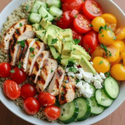 - 2 Tassen gekochte Quinoa - 2 Hähnchenbrustfilets, ohne Haut und Knochen - 1 Tasse Kirschtomaten, halbiert - 1 Tasse Gurke, gewürfelt - 1 rote Paprika, gewürfelt - 1 Avocado, in Scheiben geschnitten Ich liebe es, mit frischen Zutaten zu arbeiten. Die Quinoa ist die Basis. Sie ist leicht und nahrhaft. Die Hähnchenbrust gibt Protein, und frisches Gemüse bringt Farbe. Die Kirschtomaten sind süß und knackig. Gurken und Paprika fügen Frische hinzu. Eine Avocado rundet den Geschmack ab und sorgt für Cremigkeit. - 1 Esslöffel Olivenöl - 1 Teelöffel Knoblauchpulver - 1 Teelöffel geräucherter Paprika - Salz und Pfeffer nach Geschmack Die Marinade ist der Schlüssel. Sie bringt die Aromen zusammen. Olivenöl macht das Hähnchen saftig. Knoblauchpulver gibt einen tollen Geschmack. Geräucherter Paprika bringt eine rauchige Note. Salz und Pfeffer sind notwendig, um alles abzurunden. - ½ Tasse Feta-Käse, zerbröckelt (optional) - Frische Petersilie, gehackt - Saft von 1 Zitrone Die Garnierungen machen das Gericht besonders. Feta-Käse fügt einen salzigen, cremigen Geschmack hinzu. Petersilie bringt Farbe und Frische. Ein Spritzer Zitronensaft hebt die Aromen hervor. Diese Zutaten sorgen dafür, dass die gegrillte Hähnchen-Quinoa-Schüssel lebendig und lecker wird. Für die vollständige Zubereitung der Schüssel, siehe die Full Recipe. Um das Hähnchen zu marinieren, mische zuerst das Olivenöl, Knoblauchpulver, geräucherten Paprika, Salz und Pfeffer in einer Schüssel. Diese Mischung gibt dem Hähnchen einen tollen Geschmack. Lege die Hähnchenbrustfilets in die Schüssel und stelle sicher, dass sie gut bedeckt sind. Lass das Hähnchen mindestens 30 Minuten ruhen. So können die Aromen gut einziehen. Heize den Grill oder die Grillpfanne auf mittelhohe Hitze vor. Das Hähnchen grillen wir dann für 6 bis 7 Minuten auf jeder Seite. Achte darauf, dass das Hähnchen eine Innentemperatur von 75 Grad Celsius erreicht. Nach dem Grillen lasse es für 5 Minuten ruhen. So bleibt das Fleisch saftig. Falls du die Quinoa noch nicht gekocht hast, folge einfach den Anweisungen auf der Packung. In der Regel kochst du die Quinoa in Wasser oder Brühe. Sobald die Quinoa fertig ist, lockere sie mit einer Gabel auf. Rühre dann den frischen Zitronensaft ein. Das verleiht der Quinoa einen frischen, leckeren Geschmack. Nehme eine große Servierschüssel und lege die gekochte Quinoa als Basis hinein. Schneide das Hähnchen in Stücke und lege es darauf. Jetzt kommt der Spaß: Arrangiere die Kirschtomaten, Gurke, rote Paprika und Avocado kunstvoll um das Hähnchen. So sieht das Gericht einladend und bunt aus. Wenn du magst, streue den zerbröckelten Feta-Käse gleichmäßig über die Schüssel. Das gibt einen tollen Geschmack. Verteile auch die frisch gehackte Petersilie darauf. Sie bringt Farbe und Frische. Jetzt ist deine gegrillte Hähnchen-Quinoa-Schüssel bereit zum Genießen! Du kannst sie sofort servieren oder für später aufbewahren. Das Rezept findest du in der [Full Recipe]. - Die richtige Temperatur wählen: Stelle sicher, dass dein Grill heiß ist, etwa 200°C. Eine hohe Temperatur sorgt für zarte und saftige Hähnchenbrustfilets. - Ruhezeit für das Fleisch: Lass das gegrillte Hähnchen fünf Minuten ruhen. Das hilft, die Säfte zu halten und macht das Fleisch zart. - Vermeidung von klebriger Quinoa: Spüle die Quinoa vor dem Kochen ab. So entfernst du die Bitterstoffe und erhältst eine lockere Konsistenz. - Richtiges Verhältnis von Wasser zu Quinoa: Nutze zwei Tassen Wasser für jede Tasse Quinoa. Das sorgt für die perfekte Textur und Geschmack. - Gewürze variieren: Experimentiere mit verschiedenen Gewürzen. Zum Beispiel, probiere Kurkuma oder Kreuzkümmel für einen neuen Geschmack. - Vegetarische Alternativen: Du kannst das Hähnchen durch Tofu oder gegrilltes Gemüse ersetzen. So machst du die Schüssel vegetarisch und lecker. Für mehr Details und die vollständige Anleitung, schau dir das [Full Recipe] an. {{image_4}} Eine gegrillte Hähnchen-Quinoa-Schüssel kann variieren. Du kannst gegrillte Garnelen statt Hähnchen verwenden. Garnelen sind leicht und lecker. Sie haben einen süßen Geschmack und passen gut zu Quinoa. Du kannst auch Tofu als pflanzliche Option wählen. Tofu nimmt die Aromen gut auf und bleibt saftig. So kannst du deine Schüssel anpassen, je nach Vorliebe. Saisonales Gemüse bringt frische Aromen. In der Sommerzeit sind Zucchini und Auberginen toll. Im Herbst kannst du Kürbis oder Rüben hinzufügen. Diese Zutaten machen das Gericht bunt und nahrhaft. Du kannst deine Quinoa-Schüssel auch an die Saison anpassen. So bleibt das Rezept spannend und lecker. Nüsse oder Samen geben der Schüssel einen schönen Crunch. Mandeln oder Sonnenblumenkerne sind gute Optionen. Sie fügen gesunde Fette hinzu und machen das Gericht interessanter. Frische Kräuter wie Basilikum oder Koriander bringen einen tollen Geschmack. Sie verleihen der Schüssel Frische und Farbe. All diese Elemente machen deine gegrillte Hähnchen-Quinoa-Schüssel ganz besonders. Probiere die verschiedenen Varianten aus und finde deine Favoriten! Die Reste der gegrillten Hähnchen-Quinoa-Schüssel sind einfach aufzubewahren. Du kannst sie in einem luftdichten Behälter im Kühlschrank lagern. Achte darauf, dass die Schüssel gut verschlossen ist. So bleibt sie frisch und lecker. Die Reste halten sich mindestens drei Tage. Ungekochte Quinoa kannst du in einem trockenen und kühlen Ort lagern. Sie bleibt bis zu zwei Jahre haltbar. Achte darauf, die Quinoa in einem luftdichten Behälter aufzubewahren. So schützt du sie vor Feuchtigkeit und Schädlingen. Wenn du deine Schüssel aufwärmen möchtest, gibt es ein paar gute Methoden. Du kannst die Schüssel in der Mikrowelle aufwärmen. Stelle sie auf mittlere Leistung für ein bis zwei Minuten. Rühre einmal um, damit alles gleichmäßig warm wird. Eine andere Methode ist das Aufwärmen in einer Pfanne. Erhitze ein wenig Öl in der Pfanne und füge die Reste hinzu. Rühre alles gut um und wärme es auf mittlerer Hitze. So bleibt das Gericht saftig und frisch. Um Trockenheit zu vermeiden, füge etwas Wasser oder Brühe hinzu, während du es aufwärmst. Das hilft, die Feuchtigkeit zu erhalten und macht das Gericht schmackhafter. Die Zubereitung im Voraus spart Zeit beim Kochen. Du kannst das Hähnchen marinieren und die Quinoa kochen, bevor du das Gericht zubereitest. So hast du die Basis schon bereit. Wenn du Meal Prep machst, teile die Portionen in einzelne Behälter auf. Das macht das Essen für die Woche einfacher. Du hast immer eine gesunde Option zur Hand. Die Vorbereitung dauert nur etwa 15 Minuten. So kannst du schnell eine nahrhafte Mahlzeit genießen. Die Zubereitung dauert insgesamt etwa 1 Stunde. Die Vorbereitungszeit beträgt 15 Minuten. Die Kochzeit für das Hähnchen und die Quinoa dauert etwa 45 Minuten. Während du das Hähnchen marinierst, kannst du die Quinoa vorbereiten. So sparst du Zeit und kannst alles frisch servieren. Ja, diese Schüssel ist sehr gesund. Sie bietet eine gute Mischung aus Eiweiß, Ballaststoffen und Vitaminen. Hähnchenbrust liefert mageres Protein. Quinoa ist reich an Ballaststoffen und Nährstoffen. Gemüse wie Gurken und Paprika sorgt für Vitamine und Antioxidantien. Diese Kombination unterstützt eine ausgewogene Ernährung und hilft dir, dich gut zu fühlen. Ja, du kannst die Quinoa ersetzen. Eine gute Alternative ist brauner Reis. Du kannst auch Couscous oder Bulgur verwenden. Diese Optionen haben unterschiedliche Texturen, die deinem Gericht einen neuen Geschmack geben. Achte darauf, die Kochanleitung für das gewählte Korn zu befolgen. So stellst du sicher, dass alles gut gelingt. Um die Schüssel würziger zu machen, kannst du scharfe Saucen hinzufügen. Sriracha oder scharfe BBQ-Sauce sind tolle Optionen. Du kannst auch mehr Gewürze wie Cayennepfeffer oder Chili-Pulver verwenden. Wenn du experimentierfreudig bist, probiere auch frische Jalapeños aus. Diese kleinen Änderungen verleihen deinem Gericht einen neuen Kick. Zusammengefasst bietet diese Anleitung alle wichtigen Schritte für eine köstliche Hähnchen-Quinoa-Schüssel. Wir haben die Hauptzutaten, Gewürze, Tipps und mögliche Variationen vorgestellt. Experimentiere mit verschiedenen Proteinen und saisonalem Gemüse, um neue Geschmäcker zu entdecken. Denke daran, die Ruhezeit für das Fleisch einzuhalten und die Quinoa perfekt zuzubereiten. Nutze die Aufbewahrungstipps für frische Reste und plane deine Mahlzeiten im Voraus. So bleibt das Kochen einfach und lecker.
