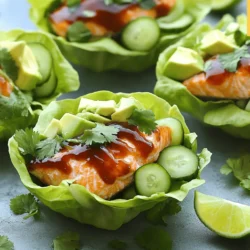 - Lachsfilet und BBQ-Sauce Der Lachs ist der Hauptakteur in diesem Rezept. Ich benutze 450 g frisches Lachsfilet. Die BBQ-Sauce macht das Gericht besonders lecker. Sie können eine fertige Sauce verwenden oder Ihre eigene machen. - Gewürze und Öl Für den perfekten Geschmack mischen Sie 1 Esslöffel Olivenöl mit 1 Teelöffel geräuchertem Paprikapulver und 1/2 Teelöffel Knoblauchpulver. Fügen Sie Salz und Pfeffer nach Geschmack hinzu. Diese Mischung sorgt für einen tollen Grillgeschmack. - Salatblätter und frische Zutaten Ich bevorzuge Eisbergsalat oder Butterkopfsalat für die Cups. Diese Blätter sind perfekt, um den Lachs zu halten. Fügen Sie frische Zutaten wie 1 Avocado in Scheiben, eine kleine Gurke in feinen Streifen und 60 g gehackten Koriander hinzu. Sie bringen Farbe und Frische ins Gericht. Für die vollständige Zubereitung schauen Sie sich das [Full Recipe] an. Um den Grill vorzubereiten, heizen Sie ihn auf mittlere Hitze vor. Dies ist wichtig, um den Lachs gleichmäßig zu garen. Sie können einen Holzkohlegrill oder einen Gasgrill verwenden. Achten Sie darauf, dass der Grill sauber ist. Stellen Sie sicher, dass Sie eine Grillzange, einen Pinsel für die BBQ-Sauce und ein Thermometer bereit haben. Für den Lachs tupfen Sie das Filet mit einem Papiertuch trocken. Mischen Sie in einer kleinen Schüssel Olivenöl, geräuchertes Paprikapulver, Knoblauchpulver, Salz und Pfeffer. Reiben Sie diese Mischung gut über das Lachsfilet. Dies gibt dem Lachs einen tollen Geschmack. Lassen Sie den Lachs für etwa 15 Minuten marinieren. Legen Sie den Lachs mit der Hautseite nach unten auf den Grill. Bestreichen Sie ihn mit BBQ-Sauce. Grillen Sie den Lachs für 5 bis 7 Minuten. Wenden Sie ihn vorsichtig und fügen Sie mehr BBQ-Sauce hinzu. Grillen Sie ihn dann weitere 3 bis 5 Minuten. Der Lachs sollte weich sein und leicht auseinanderfallen. Wählen Sie frische Blätter von Eisbergsalat oder Butterkopfsalat. Waschen Sie die Blätter gründlich unter fließendem Wasser. Trocknen Sie die Blätter vorsichtig mit einem Küchentuch. So bleiben sie knackig und frisch. Nehmen Sie den gegrillten Lachs vom Grill und lassen Sie ihn kurz ruhen. Zerteilen Sie den Lachs in große Stücke. Verteilen Sie die Stücke gleichmäßig auf den Salatblättern. Dies gibt jedem Biss einen schönen Lachs-Geschmack. Garnieren Sie jeden Lachs-Cup mit Avocadoscheiben, Gurkenstreifen und frischem Koriander. Beträufeln Sie die Cups mit Limettensaft für einen frischen Kick. Servieren Sie die Cups sofort. Die Kombination aus Lachs und frischem Gemüse macht das Gericht besonders lecker. Für das volle Rezept, schauen Sie bitte auf [Full Recipe]. - Häufige Fehler beim Grillen: Ein häufiger Fehler ist, den Grill zu heiß zu machen. Das kann den Lachs austrocknen. Ein anderer Fehler ist, das Lachsfilet zu früh zu wenden. Warten Sie, bis es gut angebraten ist. - Tipps für perfekte BBQ-Sauce: Verwenden Sie frische Zutaten. Mischen Sie süße und saure Aromen. Testen Sie die Sauce vor dem Servieren, um sicherzustellen, dass sie Ihnen gefällt. - Unterschiedliche Grilltechniken: Sie können den Lachs direkt auf dem Grill zubereiten. Eine andere Möglichkeit ist die Verwendung einer Grillpfanne. Diese ist ideal für drinnen und gibt tollen Geschmack. - Verwendung einer Grillpfanne: Mit einer Grillpfanne können Sie den Lachs gleichmäßig garen. Stellen Sie die Pfanne auf mittlere Hitze und fügen Sie etwas Öl hinzu. So bleibt der Lachs saftig. - Beste Zeiten für frischen Lachs: Frischer Lachs ist am besten von Mai bis September. In dieser Zeit hat er den besten Geschmack und die beste Textur. - Alternativen zu BBQ-Sauce: Wenn Sie keine BBQ-Sauce haben, probieren Sie Senf oder Joghurt. Diese bringen ebenfalls viel Geschmack in die Lachs-Salat-Cups. Für die vollständige Rezeptanleitung, schauen Sie sich das [Full Recipe] an. {{image_4}} Für deine BBQ Lachs Salat Cups kannst du viele leckere Beläge verwenden. Probiere verschiedene Gemüse und Kräuter aus. Zum Beispiel sind geschnittene Radieschen, bunte Paprika oder frischer Dill großartig. Diese Zutaten bringen Farbe und Geschmack in deine Cups. Einige Dressings ergänzen die Aromen gut. Du kannst ein leichtes Joghurt-Dressing oder ein zesty Limetten-Dressing verwenden. So gibst du deinen Cups eine frische Note. Die BBQ-Sauce ist das Herzstück dieses Rezepts. Du kannst sie nach deinem Geschmack anpassen. Stelle eine hausgemachte Sauce her, indem du Tomatenketchup, Honig und Worcestersauce mischst. Wenn du es schärfer magst, füge etwas Chili oder Sriracha hinzu. Für eine süßere Note kannst du mehr Honig oder braunen Zucker verwenden. Die Anpassungsmöglichkeiten sind endlos! Wenn du eine vegane Option möchtest, kannst du Gemüse-Lettuce Cups zubereiten. Verwende gebratene Zucchini, Paprika oder Champignons als Füllung. Diese Gemüsesorten sind lecker und sättigend. Für eine proteinreiche Alternative kannst du Kichererbsen oder Tofu verwenden. Einfach anbraten und mit Gewürzen deiner Wahl würzen. So hast du eine gesunde und schmackhafte Variante. Denke daran, die Rezepte nach deinem Geschmack zu variieren. Du kannst die vollständige Anleitung für das BBQ-Lachs Rezept in der Verbindung „Full Recipe“ finden. Um Lachs frisch zu halten, lege ihn in den Kühlschrank oder ins Gefrierfach. Im Kühlschrank bleibt er zwei bis drei Tage gut. Für längere Lagerung friere ihn ein. Wickel den Lachs fest in Frischhaltefolie ein. So bleibt er frisch und saftig. Wenn du Reste vom BBQ-Lachs hast, kannst du sie in Salaten oder Sandwiches verwenden. Du kannst auch kleine Stücke in Pasta oder in Omeletts geben. Dies gibt neuen Geschmack und macht die Reste lecker. Für die Salatblätter ist Frische wichtig. Lagere sie in einem feuchten Tuch im Kühlschrank. So bleiben sie knackig und frisch. Vermeide es, die Blätter in einer Plastiktüte zu lagern, da sich dort Feuchtigkeit staut. Bereite die Salatblätter im Voraus vor. Wasche sie und lasse sie gut trocknen. So sparst du Zeit, wenn du die Cups zubereitest. Die fertigen Cups sind am besten frisch. Sie bleiben im Kühlschrank für etwa ein oder zwei Tage. Decke sie gut ab, um sie vor anderen Gerüchen zu schützen. Wenn du die Cups aufwärmen möchtest, mache das vorsichtig. Verwende die Mikrowelle, aber erhitze sie nur kurz. So bleibt der Lachs nicht trocken. Es ist am besten, die Salatblätter frisch zu essen, also bereite sie erst kurz vor dem Servieren zu. Die Grillzeit für Lachs variiert, je nach Dicke des Filets. Für ein typisches 2,5 cm dickes Stück Lachs dauert das Grillen etwa 5 bis 7 Minuten pro Seite. Wenn Sie den Lachs auf den Grill legen, sollten Sie ihn mit der Hautseite nach unten anbraten. Achten Sie darauf, ihn nicht zu lange zu grillen. Der Lachs sollte leicht flocken, wenn Sie ihn mit einer Gabel testen. - Dicker Lachs: 7 bis 9 Minuten pro Seite - Dünner Lachs: 4 bis 6 Minuten pro Seite Ja, Sie können die BBQ-Sauce ganz einfach selbst machen. Eine einfache Rezeptur umfasst Ketchup, Honig, Essig, Worcestershire-Sauce, und Gewürze. Mischen Sie alle Zutaten in einer Schüssel. Passen Sie die Süße und Schärfe nach Ihrem Geschmack an. Dies gibt Ihnen die Kontrolle über die Aromen und macht die Sauce frisch. - Einfaches Rezept für BBQ-Sauce: - 240 ml Ketchup - 60 ml Honig - 30 ml Apfelessig - 1 Esslöffel Worcestershire-Sauce - Gewürze nach Wahl (z.B. Paprika, Knoblauchpulver) Zu BBQ-Lachs passen viele frische Beilagen. Eine gute Wahl sind gegrilltes Gemüse, Reis oder ein einfacher Salat. Auch Maiskolben und Kartoffelsalat sind tolle Optionen. - Empfohlene Beilagen: - Gegrilltes Gemüse (Zucchini, Paprika) - Quinoa oder Reis - Kartoffelsalat - Frischer Gurkensalat Trinken Sie dazu ein leichtes Getränk, wie Eistee oder Limonade. Diese machen das Gericht perfekt. Um leckeren BBQ-Lachs zuzubereiten, haben wir die wichtigsten Zutaten, Schritte und Tipps behandelt. Von der Auswahl des Lachses bis zu den besten Grilltechniken, alles spielt eine Rolle. Denke daran, deine BBQ-Sauce nach deinem Geschmack anzupassen oder sogar hausgemacht zu machen. Experimentiere mit verschiedenen Belägen und saisonalen Zutaten. Dieser Prozess macht nicht nur Spaß, sondern schmeckt auch fantastisch! Viel Erfolg beim Grillen und Genuss deiner köstlichen Kreationen!