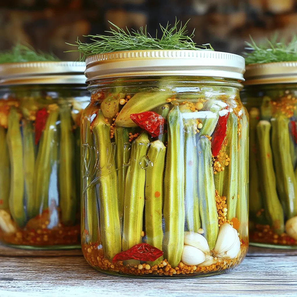 Für dieses Rezept brauchst du frische Okra. Hier sind die Hauptzutaten: - 450 g frische Okra, gewaschen und die Enden abgeschnitten - 480 ml heller Essig (Destillierter) - 240 ml Wasser - 2 Esslöffel koscheres Salz - 2 Knoblauchzehen, geschält und leicht zerdrückt - 1 Esslöffel Zucker Die Gewürze machen die Okra besonders lecker. Verwende diese: - 1 Teelöffel Senfkörner - 1 Teelöffel Koriandersamen - 1 Teelöffel schwarze Pfefferkörner - 2-3 kleine getrocknete rote Chilis (nach Belieben für Schärfe) - Frische Dillzweige (zur Garnierung) Diese Zutaten bringen den perfekten Geschmack. Die Kombination aus Essig, Gewürzen und Okra sorgt für ein tolles Aroma. Du kannst das Rezept leicht anpassen. Probiere verschiedene Essigsorten wie Apfelessig oder Balsamico. Für einen anderen Geschmack, füge Lorbeerblätter oder Kreuzkümmel hinzu. Wenn du es schärfer magst, nimm mehr Chilis. Du kannst auch andere Kräuter wie Thymian oder Oregano verwenden. Jeder kann seine eigenen Vorlieben einbringen. So wird die eingelegte Okra ganz individuell! Für die vollständige Anleitung und Zubereitung, schau dir das [Full Recipe] an. Zuerst musst du die Einmachgläser vorbereiten. Nimm ein großes Topf und fülle ihn mit Wasser. Setze die Gläser dort für 10 Minuten hinein. Das Wasser sollte sprudelnd kochen. Nach der Zeit nimm die Gläser heraus und lass sie abtropfen. Lass sie an einem sauberen Ort abkühlen. So sind die Gläser steril und bereit für die Okra. Jetzt kommt der spannende Teil: die Beize. Nimm einen mittelgroßen Kochtopf und füge die folgenden Zutaten hinzu: - 480 ml helle Essig - 240 ml Wasser - 2 Esslöffel koscheres Salz - 2 Knoblauchzehen, geschält und leicht zerdrückt - 1 Esslöffel Zucker - 1 Teelöffel Senfkörner - 1 Teelöffel Koriandersamen - 1 Teelöffel schwarze Pfefferkörner - 2-3 kleine getrocknete rote Chilis (optional) Bringe die Mischung auf mittlerer Hitze zum Kochen und rühre gelegentlich um. Achte darauf, dass sich Salz und Zucker ganz auflösen. Wenn die Beize kocht, nimm den Topf vom Herd und lass die Mischung für etwa 10 Minuten abkühlen. Jetzt füllst du die vorbereiteten Gläser mit der frischen Okra. Schneide die Enden der Okra ab, wenn du das noch nicht gemacht hast. Fülle die Gläser nicht zu voll, lass etwas Platz. Gieße die abgekühlte Beize über die Okra, sodass sie vollständig bedeckt sind. Lass oben etwa einen halben Zoll Platz. Füge einige frische Dillzweige dazu, um den Geschmack zu verbessern. Schließe die Gläser fest mit den Deckeln. Lass sie auf Raumtemperatur abkühlen, bevor du sie in den Kühlschrank stellst. Warte mindestens 3 Tage, damit die Okra den vollen Geschmack entfalten kann. Sie bleiben bis zu 3 Wochen haltbar. Wenn du mehr Details zur Zubereitung suchst, schau dir das [Full Recipe] an. Um die besten Ergebnisse zu erzielen, sollten Sie einige Fehler vermeiden. Zuerst, verwenden Sie frische Okra. Alte oder welke Okra wird nicht gut eingelegt. Achten Sie darauf, die Enden der Okra abzuschneiden. Dies sorgt für eine bessere Aufnahme der Beize. Reinigen Sie auch Ihre Einmachgläser gut. Sterilisierte Gläser verhindern Bakterien. Lagern Sie die eingelegte Okra im Kühlschrank. Eine Temperatur von 4 Grad Celsius ist ideal. So bleibt die Okra frisch und knusprig. Stellen Sie sicher, dass die Gläser gut verschlossen sind. Das schützt vor Luft und Licht, die die Qualität beeinträchtigen können. Die Aromen Ihrer eingelegten Okra können Sie leicht anpassen. Fügen Sie mehr Knoblauch für einen intensiveren Geschmack hinzu. Oder probieren Sie andere Gewürze wie Kreuzkümmel oder Lorbeerblätter. Wenn Sie es schärfer mögen, können Sie mehr Chilis verwenden. Experimentieren Sie mit frischen Kräutern wie Basilikum oder Thymian. Das macht die Okra interessanter! {{image_4}} Um die Okra scharf zu machen, füge einige frische oder getrocknete Chilis hinzu. Du kannst die Menge nach deinem Geschmack anpassen. Wenn du mehr Schärfe willst, nutze mehr Chilis. Eine Mischung aus roten und grünen Chilis bringt Farbe und Geschmack. Diese Variante passt gut zu Grillgerichten und Sandwiches. Das Zusammenspiel von Schärfe und dem knackigen Biss der Okra macht sie unwiderstehlich. Für eine mediterrane Note, füge einige schwarze oder grüne Oliven hinzu. Frische Kräuter wie Thymian oder Rosmarin runden den Geschmack ab. Diese Variante bietet ein tolles Aroma und passt wunderbar zu Pasta oder als Snack. Die Kombination von Okra, Oliven und Kräutern bringt den Sommer auf den Teller. Probiere es, um deine nächste Grillparty aufzupeppen. Um einen asiatischen Twist zu erhalten, verwende Hoisin-Sauce in deiner Beize. Diese süßliche Sauce bringt einen tollen Geschmack. Mische sie mit etwas Sojasauce und Sesamöl für mehr Tiefe. Diese Variante eignet sich hervorragend als Beilage zu Reis oder asiatischen Gerichten. Der süße und salzige Geschmack macht die Okra besonders lecker und interessant. Für mehr Details und das komplette Rezept, schau dir die [Full Recipe] an. Lager die eingelegte Okra im Kühlschrank. Nutze immer saubere Gläser. Schließe die Gläser gut, damit keine Luft eindringt. So bleibt die Okra frisch und lecker. Du kannst sie bis zu drei Wochen genießen. Stelle sicher, dass die Okra vollständig mit der Beize bedeckt ist. Das hilft, sie knusprig zu halten. Wenn du die Okra länger lagern möchtest, kannst du sie einmachen. Sterilisiere die Gläser gründlich, bevor du die Okra abfüllst. Fülle sie heiß ab und verschließe sie sofort. Lagere die Gläser an einem kühlen, dunklen Ort. So halten sie sich bis zu einem Jahr. Überprüfe die Gläser regelmäßig auf Schäden oder Luftblasen. Die Haltbarkeit hängt von der Lagerung ab. Im Kühlschrank bleibt die Okra drei Wochen frisch. Bei richtiger Einlagerung sind die eingemachten Gläser bis zu einem Jahr haltbar. Achte auf den Geruch und das Aussehen. Wenn etwas nicht gut aussieht, schmeiß es weg. Sicherheit geht vor! Eingelegte Okra sind bis zu drei Wochen haltbar. Lagern Sie sie im Kühlschrank. Die Beize hilft, die Frische zu bewahren. Nach einer Woche schmecken sie sogar besser. Sie nehmen die Aromen gut auf. Ja, Sie können das Rezept verdoppeln oder halbieren. Achten Sie darauf, die Mengen der Zutaten anzupassen. Verwenden Sie immer sterilisierten Gläser, egal wie viel Sie machen. Das sorgt für die beste Haltbarkeit. Eingelegte Okra passen gut zu vielen Gerichten. Sie sind ein toller Snack oder eine Beilage. Servieren Sie sie zu Sandwiches, Burgern oder Grillgerichten. Sie passen auch gut zu Reisgerichten und Salaten. Probieren Sie sie in Tacos oder Wraps für einen besonderen Kick. Eingelegte Okra ist einfach und lecker. Wir haben die Hauptzutaten, Schritt-für-Schritt-Anleitung und hilfreiche Tipps besprochen. Es gibt viele Variationen, die den Geschmack verbessern. Denke daran, die Okra richtig zu lagern, damit sie lange frisch bleibt. Mit diesen Tipps machst du einen tollen Snack. Jetzt kannst du loslegen und deine eigene eingelegte Okra zubereiten!