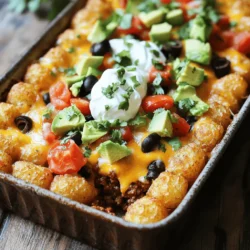 Für dieses leckere Gericht benötigst du folgende Hauptzutaten: - 1 Beutel (32 oz) gefrorene Tater Tots - 1 Tasse geriebener Cheddar Käse - 1 Tasse geriebener Monterey Jack Käse - 1 Tasse gekochtes Rinderhackfleisch (oder Putenhackfleisch) - 1 Dose (15 oz) schwarze Bohnen, abgetropft und abgespült - 1 Tasse gewürfelte Tomaten (frisch oder aus der Dose) - 1 Jalapeño, in Scheiben geschnitten (optional) - 1 Tasse saure Sahne - 1 Avocado, gewürfelt - ½ Tasse geschnittene schwarze Oliven - ¼ Tasse frisch gehackter Koriander - 2 Esslöffel Taco-Gewürz - Salz und Pfeffer nach Geschmack Diese Zutaten machen das Gericht nicht nur lecker, sondern auch bunt und einladend. Die Tater Tots geben einen tollen Crunch. Der Käse sorgt für eine cremige Textur. Das Hackfleisch bringt den herzhaften Geschmack. Wenn du nicht alle frischen Zutaten hast, gibt es gute Ersatzstoffe. - Anstelle von Rinderhackfleisch kannst du Putenhackfleisch oder schwarze Bohnen verwenden. - Für die Tomaten passt auch eine Dose gewürfelte Tomaten. - Jalapeños können durch Paprika ersetzt werden, wenn du es milder magst. - Avocados kannst du mit Guacamole ersetzen. Diese Optionen helfen dir, das Gericht anzupassen und trotzdem köstlich zu machen. Ein paar Gewürze und Toppings bringen mehr Geschmack. - Füge mehr Taco-Gewürz hinzu, wenn du es würziger magst. - Frischer Koriander gibt einen tollen, frischen Geschmack. - Du kannst auch etwas Limettensaft für einen spritzigen Kick hinzufügen. Diese kleinen Extras machen deinen Loaded Tailgate Nacho Tater Tot Bake noch besser. Vergiss nicht, die saure Sahne und die Oliven als Topping zu verwenden. So wird das Gericht ein echter Hit! Du findest das vollständige Rezept [hier](#). Zuerst sammeln wir alle Zutaten. Das macht das Kochen einfacher. Du brauchst: - 1 Beutel (32 oz) gefrorene Tater Tots - 1 Tasse geriebener Cheddar Käse - 1 Tasse geriebener Monterey Jack Käse - 1 Tasse gekochtes Rinderhackfleisch (oder Putenhackfleisch) - 1 Dose (15 oz) schwarze Bohnen, abgetropft und abgespült - 1 Tasse gewürfelte Tomaten (frisch oder aus der Dose) - 1 Jalapeño, in Scheiben geschnitten (optional) - 1 Tasse saure Sahne - 1 Avocado, gewürfelt - ½ Tasse geschnittene schwarze Oliven - ¼ Tasse frisch gehackter Koriander - 2 Esslöffel Taco-Gewürz - Salz und Pfeffer nach Geschmack Sorge dafür, dass alles frisch und bereit ist. Beginne mit dem Vorheizen deines Ofens auf 220°C (425°F). Fette eine große Auflaufform ein. Verteile die gefrorenen Tater Tots gleichmäßig auf dem Boden. In einer Schüssel vermengst du das gekochte Hackfleisch mit dem Taco-Gewürz. Rühre gut um. Jetzt verteile das gewürzte Fleisch über die Tater Tots. Dann streue die schwarzen Bohnen und die gewürfelten Tomaten gleichmäßig darüber. Wenn du Jalapeños magst, füge sie jetzt hinzu. Jetzt kommt der Käse! Streue den Cheddar und Monterey Jack Käse großzügig über die Mischung. Backe das Gericht für 25-30 Minuten. Es sollte goldbraun sein und der Käse sprudelnd. Nimm die Auflaufform aus dem Ofen und lasse sie etwas abkühlen. Serviere den Nacho Tater Tot Bake mit Klecksen saurer Sahne, gewürfelter Avocado und geschnittenen Oliven. Garniere das Ganze mit frisch gehacktem Koriander. Dieses Gericht ist nicht nur lecker, sondern auch perfekt für jedes Treffen oder eine Party. Für das vollständige Rezept schaue dir die Abschnitte an, die du noch brauchst. Ein häufiger Fehler ist, die Tater Tots zu dick zu schichten. Halte die Schicht dünn, damit sie gleichmäßig garen. Zu viel Gewürz kann das Gericht überwältigen. Fange mit wenig an und taste dich dann langsam heran. Vergiss nicht, den Käse gleichmäßig zu verteilen. So wird alles gut geschmolzen und lecker. Du kannst die Zutaten einfach anpassen. Für eine vegetarische Version nimm Bohnen oder Tofu anstelle von Fleisch. Füge auch frisches Gemüse hinzu, wie Paprika oder Zucchini. Magst du es scharf? Verwende mehr Jalapeños oder Chilis, um das Gericht aufzupeppen. Experimentiere mit anderen Käsesorten, zum Beispiel Gouda oder Feta, für neuen Geschmack. Eine Tailgate-Party braucht gute Beilagen. Serviere frische Guacamole oder Salsa, um die Nachos zu ergänzen. Chips und Dip sind auch eine tolle Wahl. Für Getränke sind Limonade oder Bier beliebt. Du kannst auch Cocktails zubereiten, um die Stimmung aufzuheizen. Denke an die Präsentation! Schöne Schalen und Gläser machen das Essen noch besser. Probiere auch die [Full Recipe] für ein perfektes Tailgate-Erlebnis! {{image_4}} Wenn du eine vegetarische Version machen möchtest, lasse das Fleisch weg. Ersetze das Rinderhack mit mehr Bohnen oder Gemüse. Zucchini und Paprika sind tolle Optionen. Du kannst auch eine Tasse Mais hinzufügen. Das gibt extra Geschmack und Textur. Die Käseauswahl bleibt gleich. Verwende einfach deinen Lieblingskäse für den perfekten Schmelz. Für eine scharfe Variante füge mehr Jalapeños hinzu. Du kannst sie in Scheiben schneiden und auf die Tater Tots legen. Wenn du es noch schärfer magst, probiere frische Chilis. Füge sie vor dem Backen hinzu. Erhöhe vorsichtig die Menge des Taco-Gewürzes. So bekommt dein Nacho Tater Tot Bake den perfekten Kick. Um das Gericht glutenfrei zu machen, achte auf die Zutaten. Wähle glutenfreie Tater Tots und überprüfe das Taco-Gewürz. Einige Marken enthalten Gluten. Du kannst auch deine eigene Gewürzmischung machen. Mische Paprika, Kreuzkümmel und Knoblauchpulver. So bleibt der Geschmack stark und glutenfrei. Verwende frische Zutaten, um sicherzustellen, dass alles für deine Diät geeignet ist. Um deine Reste frisch zu halten, lege sie in einen luftdichten Behälter. Achte darauf, dass die Reste gut abgekühlt sind, bevor du sie lagerst. Das verhindert, dass sich Feuchtigkeit bildet, die den Geschmack beeinträchtigen kann. Du kannst die Reste auch in Portionen aufteilen. So ist es einfach, sie bei Bedarf zu genießen. Der beste Weg, um deinen Loaded Tailgate Nacho Tater Tot Bake aufzuwärmen, ist im Ofen. Heize den Ofen auf 175°C vor. Lege den Bake in eine Auflaufform und decke ihn mit Folie ab. So bleibt die Feuchtigkeit erhalten. Backe ihn für 15 bis 20 Minuten oder bis er richtig heiß ist. Du kannst auch die Mikrowelle verwenden, aber die Tater Tots werden nicht so knusprig. Wenn du knusprige Ränder magst, ist der Ofen die beste Wahl. Im Kühlschrank hält sich der Auflauf etwa 3 bis 5 Tage. Stelle sicher, dass du ihn gut verpackst. In der Gefriertruhe hält er sich bis zu 3 Monate. Zum Einfrieren teile den Auflauf in Portionen auf. So kannst du ihn nach Bedarf auftauen und aufwärmen. Achte darauf, den Auflauf in einem gefriergeeigneten Behälter zu lagern, um Gefrierbrand zu vermeiden. Die Zubereitung dauert etwa 15 Minuten. Das Backen im Ofen benötigt 25 bis 30 Minuten. Insgesamt sind es also rund 45 Minuten von Anfang bis Ende. Das Gericht ist schnell und einfach, perfekt für einen Snack oder eine Party. Ja, du kannst den Tater Tot Bake im Voraus machen. Bereite ihn bis zur Backzeit vor und stelle ihn in den Kühlschrank. Wenn du bereit bist zu backen, heize den Ofen vor. Es kann etwas länger dauern, um die kalte Mischung durchzukochen. Für den Loaded Tailgate Nacho Tater Tot Bake empfehle ich Cheddar und Monterey Jack Käse. Beide Käse schmelzen gut und verleihen tollen Geschmack. Du kannst auch andere Käse verwenden, wie Gouda oder Pepper Jack, wenn du es schärfer magst. Ja, du kannst Hühner- oder vegetarisches Hackfleisch verwenden. Diese Optionen sind großartig für eine andere Geschmacksnote. Du kannst auch schwarze Bohnen oder Linsen für eine fleischlose Variante hinzufügen. Sei kreativ und finde deinen eigenen Lieblingsgeschmack! Dieser Artikel hat Ihnen alles über den Loaded Tailgate Nacho Tater Tot Bake gezeigt. Wir haben die Zutaten, die Zubereitung und nützliche Tipps besprochen. Denken Sie daran, dass Variationen die Sache interessant machen können. Lagern und richtig aufwärmen verlängert den Genuss. Ob für Ihre nächste Feier oder einfach zum Snacken, bleiben Sie kreativ. Genießen Sie die leckeren Tater Tots!