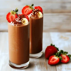 - frische oder gefrorene Erdbeeren - reife Banane - ungesüßte Mandelmilch Für den Mocha Strawberry Smoothie brauchen wir einige Hauptzutaten. Die Erdbeeren sind wichtig. Sie geben dem Smoothie seinen fruchtigen Geschmack. Du kannst frische oder gefrorene Erdbeeren verwenden. Die reife Banane macht den Smoothie extra süß und cremig. Ungesüßte Mandelmilch ist eine tolle Wahl. Sie sorgt für die nötige Flüssigkeit, ohne den Geschmack zu überdecken. - Kakaopulver - Instantkaffeegranulat - Honig oder Ahornsirup Zusätzlich fügen wir einige weitere Zutaten hinzu. Kakaopulver bringt einen schokoladigen Geschmack in den Smoothie. Das Instantkaffeegranulat gibt einen feinen Kaffeegeschmack. Wenn du es süßer magst, kannst du Honig oder Ahornsirup verwenden. Diese Süßungsmittel passen gut zu den anderen Aromen. - Vanilleextrakt - Eiswürfel Wenn du magst, kannst du auch zusätzliche Optionen ausprobieren. Ein wenig Vanilleextrakt verstärkt den Geschmack. Eiswürfel sind eine gute Idee, wenn du einen kälteren, dickeren Smoothie möchtest. Sie machen den Genuss besonders erfrischend. Für das vollständige Rezept, schaue dir den [Full Recipe] an. Zuerst geht es um die Erdbeeren und die Banane. Wenn du frische Erdbeeren verwendest, wasche sie gut. Entferne die grünen Blätter und schneide die Erdbeeren in kleine Stücke. Das macht das Mixen einfacher. Bei einer reifen Banane, schäle sie und schneide sie in Scheiben. Diese beiden Früchte geben dem Smoothie seinen tollen Geschmack. Du musst auch die Milch auswählen. Ungesüßte Mandelmilch ist eine gute Wahl. Sie hat einen milden Geschmack. Du kannst aber auch andere Milchsorten nehmen. Vollmilch oder Hafermilch passen gut. Die Wahl der Milch beeinflusst den Geschmack. Jetzt fügen wir alle Zutaten zusammen. Nimm einen Mixer. Gib die geschnittenen Erdbeeren, die Bananenscheiben, die Mandelmilch, das Kakaopulver, das Instantkaffeegranulat, den Honig oder Sirup sowie den Vanilleextrakt hinein. Stelle den Mixer auf hohe Stufe und mixe alles. Mische so lange, bis die Mischung glatt und cremig ist. Wenn du einen dickeren Smoothie magst, füge eine Handvoll Eiswürfel hinzu. Mixe erneut, bis die Eiswürfel gut verteilt sind. Wähle schöne Gläser für deinen Smoothie. Hohe Gläser sehen toll aus. Gieße den Smoothie vorsichtig hinein. Du kannst ihn mit in Scheiben geschnittenen Erdbeeren dekorieren. Eine Prise Kakaopulver oben drauf sieht auch gut aus. Wenn du Gäste hast, serviere den Smoothie sofort. Es ist wichtig, dass er frisch bleibt. Du kannst auch kreativ sein. Nutze Schlagsahne oder einen Minzblatt zur Dekoration. So wird der Mocha Strawberry Smoothie noch ansprechender. - Eiswürfel hinzufügen: Eiswürfel machen den Smoothie kalt und cremig. Fügen Sie eine Handvoll Eiswürfel hinzu, um die Textur zu verbessern. - Konsistenz anpassen: Wenn der Smoothie zu dick ist, fügen Sie etwas mehr Milch hinzu. Ist er zu dünn, einfach mehr Obst oder Eis hinzufügen. - Mit Honig oder Sirup experimentieren: Honig oder Sirup kann den Geschmack süßer machen. Probieren Sie, wie viel Sie mögen. - Alternative Süßungsmittel: Agavendicksaft oder Stevia sind gute Optionen. Sie können den Zuckergehalt im Smoothie senken. - Fügen Sie Gewürze wie Zimt hinzu: Eine Prise Zimt kann den Geschmack abrunden. Es gibt dem Smoothie eine warme Note. - Kombination mit anderen Früchten: Probieren Sie, andere Früchte hinzuzufügen, wie Bananen oder Heidelbeeren. Das bringt neue Geschmäcker und Farben in Ihren Smoothie. {{image_4}} Für eine vegane Variante des Mocha Strawberry Smoothies kann man pflanzliche Milch nutzen. Hier sind einige Alternativen: - Hafermilch - Sojamilch - Kokosmilch Diese Optionen geben dem Smoothie einen neuen Geschmack. Auch die Süßungsmittel kann man leicht ersetzen. Anstelle von Honig kann man Agavendicksaft oder Datteln verwenden. Diese machen den Smoothie süß und lecker. Möchtest du mehr Eiweiß? Füge einfach Proteinpulver hinzu. Das kann Whey oder pflanzliches Protein sein. So wird dein Smoothie nahrhafter. Du kannst auch Nüsse oder Samen integrieren. Hier sind einige gute Optionen: - Mandeln - Chiasamen - Leinsamen Diese Zutaten geben dir extra Energie und machen den Smoothie satter. Wenn du ein wenig Abwechslung möchtest, probiere andere Früchte. Du kannst verschiedene Beeren wie Himbeeren oder Blaubeeren mixen. Diese sind frisch und voller Geschmack. Eine weitere Idee ist, die Banane durch Mango zu ersetzen. Mango gibt dem Smoothie eine tropische Note. Die Kombination ist einfach köstlich! Um deinen Mocha Strawberry Smoothie frisch zu halten, lagere ihn im Kühlschrank. Stelle sicher, dass er in einem luftdichten Behälter ist. So bleibt er bis zu zwei Tage gut. Wenn du den Smoothie nicht sofort trinkst, kannst du ihn auch einfrieren. Fülle ihn in Eiswürfelformen oder kleine Behälter. Das macht das späteren Mixen einfach. Im Kühlschrank bleibt der Smoothie frisch für etwa zwei Tage. Achte darauf, auf Veränderungen im Geruch oder Geschmack zu prüfen. Wenn der Smoothie seltsam riecht oder sich die Farbe ändert, ist es besser, ihn wegzuwerfen. Du kannst die Zutaten für den Smoothie im Voraus vorbereiten. Schneide die Banane und die Erdbeeren und lege sie in einen Behälter. So sparst du Zeit am Morgen. Eine andere gute Idee ist, Portionsgrößen einzufrieren. So hast du immer einen schnellen Snack oder Frühstück zur Hand. Wenn du bereit bist, mixe einfach die gefrorenen Zutaten mit der Milch. Dieses Rezept ist einfach und macht Spaß! Um deinen Smoothie dicker zu machen, kannst du ein paar Dinge ausprobieren: - Verwendung von weiteren Eiswürfeln: Füge einfach mehr Eiswürfel hinzu, wenn du mixst. Das gibt dem Smoothie eine kältere und dickere Konsistenz. - Banane reifen lassen: Eine reife Banane hat mehr Zucker und macht den Smoothie cremiger. Lass die Banane ein wenig länger am Tisch, bevor du sie benutzt. Ja, du kannst andere Milchalternativen verwenden. Hier sind einige gute Optionen: - Welche Alternativen sind am besten?: Hafermilch, Sojamilch oder Kokosnussmilch sind tolle Alternativen. Sie bringen auch ihren eigenen Geschmack mit. - Geschmackliche Auswirkungen: Jede Milch hat ihren eigenen Geschmack. Hafermilch macht den Smoothie süßer, während Kokosmilch einen tropischen Touch hinzufügt. Der Smoothie kann in die meisten Diäten passen. Aber schau dir die Nährstoffe an: - Nährstoffinhalte überprüfen: Du bekommst Vitamine aus Erdbeeren und Bananen. Mandelmilch hat wenig Kalorien, was gut ist. - Anpassungen für besonderen Bedarf: Wenn du weniger Zucker brauchst, nimm weniger Honig oder Ahornsirup. Du kannst auch einen Zuckerersatz verwenden, um die Süße zu kontrollieren. Um einen leckeren Smoothie zu machen, sind frische oder gefrorene Erdbeeren, eine Banane und Mandelmilch wichtig. Du hast auch viele Optionen, wie Kakaopulver oder Honig, um den Geschmack zu variieren. Die Zubereitung ist einfach: Alles zusammen mixen und im richtigen Glas servieren. Mit ein paar Tricks kannst du die Textur und Süße perfekt anpassen. Denke daran, dass du auch vegane oder proteinreiche Varianten ausprobieren kannst. Lagere deinen Smoothie richtig, um die Frische zu erhalten. Mit diesen Tipps gelingt dir sicher ein tolles Getränk!