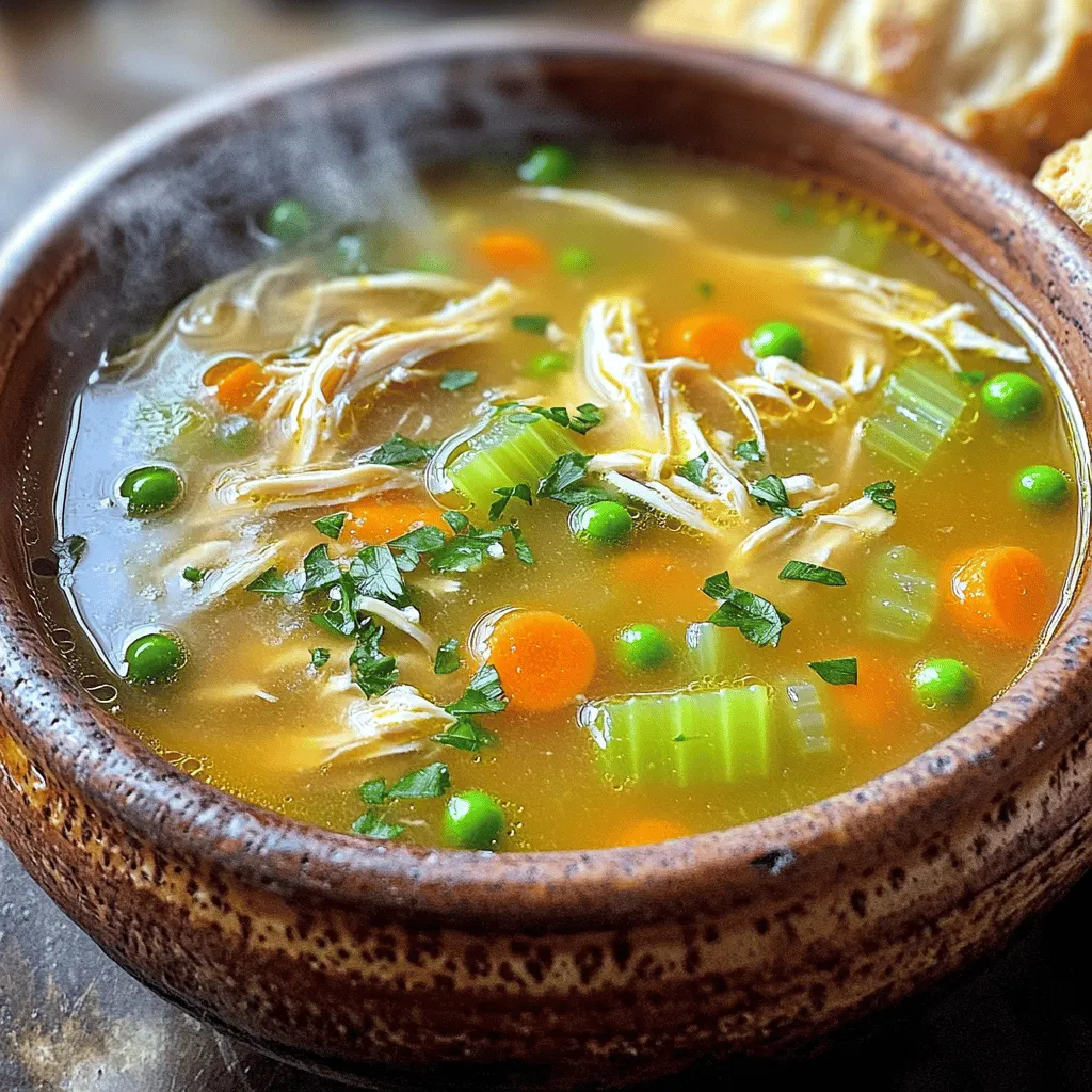 Die Hauptzutaten bilden die Basis für meine Hühnersuppe. Diese sind einfach zu bekommen und machen die Suppe lecker. Hier sind die Hauptzutaten: - 1 ganzes Huhn (ca. 1,5-2 kg), gereinigt - 8 Tassen Hühnerbrühe - 2 Tassen Karotten, gewürfelt - 2 Tassen Sellerie, gewürfelt - 1 große Zwiebel, gewürfelt - 4 Knoblauchzehen, gehackt - 1 Tasse Erbsen (frisch oder gefroren) Ein ganzes Huhn bringt viel Geschmack in die Brühe. Die Brühe selbst ist die Seele der Suppe. Karotten und Sellerie geben Süße und Textur. Zwiebeln und Knoblauch fügen Tiefe hinzu. Erbsen bringen eine schöne Farbe und Frische. Gewürze und Kräuter sind wichtig, um die Suppe zu würzen. Sie geben der Hühnersuppe ihren besonderen Kick. Hier sind die Gewürze und Kräuter, die ich verwende: - 1 Teelöffel getrockneter Thymian - 1 Teelöffel getrockneter Rosmarin - 1 Lorbeerblatt - Salz und Pfeffer nach Geschmack Thymian und Rosmarin sind klassische Kräuter für Hühnersuppe. Sie verleihen der Brühe ein tolles Aroma. Das Lorbeerblatt sorgt für einen tiefen, reichen Geschmack. Vergessen Sie nicht, mit Salz und Pfeffer zu würzen, um alles zu harmonisieren. Ich mag es, mit optionalen Zutaten zu experimentieren. Diese geben der Suppe eine persönliche Note. Hier sind einige Ideen: - 2 Esslöffel Olivenöl - 1 Tasse Eiernudeln (optional) - Gehackte frische Petersilie zur Garnierung Olivenöl bringt zusätzliches Aroma. Eiernudeln machen die Suppe herzhaft und sättigend. Petersilie gibt Frische und Farbe. Sie können auch andere Gemüse hinzufügen, wie Paprika oder Zucchini, je nach Saison und Vorliebe. Für das vollständige Rezept, schauen Sie sich die [Full Recipe] an. Zuerst bereiten wir alle Zutaten vor. Das macht das Kochen einfacher. Beginnen Sie mit dem Huhn. Reinigen Sie es gut und schneiden Sie überschüssiges Fett ab. Dann schneiden Sie die Zwiebel, Karotten und Sellerie in kleine Würfel. Hacken Sie den Knoblauch fein. Diese Schritte helfen, den Geschmack zu intensivieren. Halten Sie alles bereit, damit Sie schnell arbeiten können. In einem großen Topf erhitzen Sie das Olivenöl. Fügen Sie die Zwiebeln und den Knoblauch hinzu. Sautieren Sie diese, bis die Zwiebeln glasig sind. Dann kommen die Karotten und Sellerie dazu. Sautieren Sie sie für etwa 5 Minuten. Jetzt gießen Sie die Hühnerbrühe in den Topf und bringen sie zum Kochen. Legen Sie das Huhn vorsichtig in die Brühe. Fügen Sie Thymian, Rosmarin, Lorbeerblatt, Salz und Pfeffer hinzu. Reduzieren Sie die Hitze und lassen Sie das Huhn köcheln. Nach etwa einer Stunde sollte das Huhn gar und zart sein. Sobald das Huhn gar ist, nehmen Sie es aus dem Topf. Lassen Sie es kurz abkühlen. Zerkleinern Sie das Fleisch und werfen Sie Haut und Knochen weg. Geben Sie das Fleisch zurück in den Topf. Falls gewünscht, fügen Sie die Eiernudeln hinzu. Lassen Sie sie für 8-10 Minuten kochen. Rühren Sie die Erbsen ein und kochen Sie alles für 2 Minuten. Schmecken Sie die Suppe ab und entfernen Sie das Lorbeerblatt. Für mehr Details und eine vollständige Anleitung, schauen Sie sich das [Full Recipe] an. Ein häufiger Fehler ist, das Huhn nicht richtig zu braten. Braten Sie es zuerst an, um den Geschmack zu verstärken. Ein anderer Fehler ist, zu wenig Salz hinzuzufügen. Beginnen Sie mit einer Prise und passen Sie es an. Überfüllen Sie den Topf nicht mit Gemüse. Es sollte genug Platz für die Brühe bleiben. Achten Sie darauf, das Lorbeerblatt nicht zu vergessen. Es gibt eine tiefe, aromatische Note. Um eine reichhaltige Brühe zu bekommen, verwenden Sie frische Zutaten. Frisches Gemüse und Kräuter geben mehr Geschmack. Nutzen Sie auch Hühnerteile mit Knochen. Diese geben die beste Brühe. Lassen Sie die Brühe lange köcheln. Etwa eine Stunde ist ideal. Fügen Sie während des Kochens Gewürze hinzu. Thymian und Rosmarin sind hier perfekt. Sie geben der Brühe Tiefe und Aroma. Beginnen Sie mit der Brühe, die Sie vorher gemacht haben. Fügen Sie dann das zerkleinerte Hühnerfleisch hinzu. Geben Sie nach Belieben Gemüse wie Karotten und Sellerie dazu. Achten Sie darauf, die Nudeln erst am Ende hinzuzufügen. Sie sollten nicht zu weich werden. Rühren Sie die Erbsen zum Schluss ein. So bleiben sie knackig. Garnieren Sie die Suppe mit frischer Petersilie. Das sieht nicht nur schön aus, sondern schmeckt auch frisch. Für das vollständige Rezept, schauen Sie sich die [Full Recipe] an. {{image_4}} Wenn du auf spezielle Diäten achtest, gibt es viele Wege, deine Hühnersuppe anzupassen. Für glutenfreie Optionen kannst du glutenfreie Nudeln verwenden oder ganz auf Nudeln verzichten. Bei einer Low-Carb-Diät sind Zucchini-Nudeln eine tolle Wahl. Veganer können das Huhn durch Tofu oder Kichererbsen ersetzen. Statt Hühnerbrühe kannst du Gemüsebrühe für den gleichen Geschmack nutzen. Hühnersuppe hat viele Gesichter. In Asien fügen wir oft Ingwer und Sojasauce hinzu. Diese Zutaten bringen Wärme und Tiefe. In Mexiko ist Limette ein beliebter Zusatz. Sie verleiht der Suppe einen frischen Kick. In der italienischen Küche kommen oft frische Kräuter wie Basilikum oder Oregano zum Einsatz. Diese geben der Suppe eine aromatische Note. Beilagen können deine Hühnersuppe noch besser machen. Knusprige Croutons geben einen tollen Crunch. Ein Spritzer frischer Zitrone bringt mehr Frische. Du kannst auch etwas geriebenen Käse als Topping verwenden. Frische Kräuter wie Petersilie oder Schnittlauch verleihen Farbe und Geschmack. Probiere auch, die Suppe mit einem Schuss Sahne zu verfeinern. Das macht sie noch cremiger. Wenn du mehr Ideen möchtest, schau dir das [Full Recipe] an. Um die Hühnersuppe frisch zu halten, lassen Sie sie zunächst auf Raumtemperatur abkühlen. Gießen Sie die Suppe dann in einen luftdichten Behälter. Achten Sie darauf, dass der Behälter nicht zu voll ist. So kann die Suppe beim Kühlen nicht überlaufen. Lagern Sie die Suppe im Kühlschrank, wo sie bis zu 3 Tage haltbar ist. Wenn Sie die Suppe aufwärmen möchten, tun Sie dies langsam. Gießen Sie die Suppe in einen Topf und erhitzen Sie sie bei niedriger bis mittlerer Hitze. Rühren Sie die Suppe regelmäßig um, damit sie gleichmäßig warm wird. Vermeiden Sie starke Hitze, da sie den Geschmack beeinträchtigen kann. Sie können auch einen Schuss Wasser oder Brühe hinzufügen, falls die Suppe zu dick geworden ist. Die Hühnersuppe lässt sich gut einfrieren. Füllen Sie sie in gefriergeeignete Behälter oder Beutel. Lassen Sie dabei etwas Platz für die Ausdehnung der Flüssigkeit. So bleibt die Suppe bis zu 3 Monate frisch. Um die Suppe aufzutauen, legen Sie sie einfach über Nacht in den Kühlschrank. Sie können die gefrorene Suppe auch direkt im Topf auf niedriger Hitze erwärmen. Wollen Sie mehr über die besten Techniken für Hühnersuppe erfahren? Schauen Sie sich das [Full Recipe] an! Die Zubereitung der besten hausgemachten Hühnersuppe dauert etwa 1 Stunde und 30 Minuten. Dazu gehören 15 Minuten für die Vorbereitung und 1 Stunde für das Kochen. In der ersten Phase schneidest du das Gemüse und bereitest alles vor. Dann kochst du das Huhn in der Brühe, bis es zart ist. Das Kochen gibt der Suppe ihren vollen Geschmack. Ja, du kannst Reste der Hühnersuppe einfrieren. Lass die Suppe zuerst vollständig abkühlen. Gieße sie in luftdichte Behälter. Achte darauf, etwas Platz oben zu lassen, da die Suppe beim Gefrieren expandiert. So bleibt die Suppe frisch und lecker. Du kannst die gefrorene Suppe bis zu 3 Monate aufbewahren. Wenn du sie verwenden möchtest, tau sie im Kühlschrank auf und erhitze sie dann auf dem Herd. Für eine vegane Suppe kannst du Tofu, Kichererbsen oder Linsen verwenden. Diese Zutaten bieten eine gute Proteinquelle. Du kannst auch gemischtes Gemüse wie Pilze und Blumenkohl hinzufügen, um mehr Geschmack zu bekommen. Verwende Gemüsebrühe anstelle von Hühnerbrühe. Füge Gewürze wie Thymian oder Rosmarin hinzu, um die Aromen zu intensivieren. So schaffst du eine herzhafte und schmackhafte vegane Suppe. Weitere Details findest du in der [Full Recipe]. Die beste hausgemachte Hühnersuppe ist leicht zuzubereiten. Wir haben alles behandelt: die Hauptzutaten, Gewürze und wie du die Brühe aufsetzt. Du hast Tipps gelernt, um Fehler zu vermeiden, und kannst jetzt auch Variationen ausprobieren. Es ist wichtig, die Suppe richtig zu lagern und zu erwärmen. Egal, ob du für dich selbst kochst oder für Gäste, diese Suppe wird immer ein Hit sein. Experimentiere mit den Zutaten und finde deinen eigenen Geschmack. Die Freude am Kochen wird deine nächste Suppe noch besser machen.