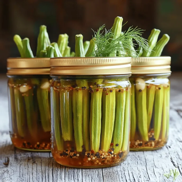 - 450 g frische Okra - 500 ml Apfelweinessig - 250 ml Wasser Die frische Okra ist der Star dieses Rezepts. Wähle knusprige, grüne Schoten ohne Flecken. Apfelweinessig gibt einen tollen, fruchtigen Geschmack. Wasser hilft, die Lake abzumildern. - 1 Esslöffel grobes Meersalz - 2 Esslöffel Zucker - 2 Knoblauchzehen, geschält Das Meersalz sorgt für die richtige Würze. Der Zucker balanciert die Säure des Essigs. Knoblauch fügt ein tolles Aroma hinzu. Du kannst ihn nach Belieben anpassen. - 1/2 Teelöffel zerdrückte rote Pfefferflocken - Frische Dillzweige (zum Garnieren) Die roten Pfefferflocken bringen ein wenig Schärfe. Dill sorgt für einen frischen Geschmack. Du kannst die Menge je nach deinem Geschmack verändern. Für das vollständige Rezept, schau dir die [Full Recipe] an. - Sterilisiere zwei Ein-Pint-Einmachgläser. Dämpfe sie zehn Minuten in kochendem Wasser. - Lass die Gläser abkühlen, bevor du mit dem Rezept fortfährst. Dies hilft, Bakterien zu töten. - Mische 500 ml Apfelweinessig, 250 ml Wasser, 1 Esslöffel grobes Meersalz und 2 Esslöffel Zucker in einem Topf. - Koche die Mischung bei mittlerer Hitze. Rühre ständig, bis sich Salz und Zucker auflösen. - Fülle 450 g frische Okra in die sterilisierten Gläser. Lass etwa 1,2 cm Platz oben. - Gieße die heiße Lake vorsichtig über die Okra. Stelle sicher, dass alles bedeckt ist. Für das vollständige Rezept, siehe [Full Recipe]. Um die beste Okra zu wählen, achte auf Frische. Die Schoten sollten fest sein und keine Flecken haben. Wähle kleine bis mittlere Okra, da sie zarter sind. Die Sterilisation der Gläser ist wichtig. Koche sie zehn Minuten in Wasser. Lass sie danach abkühlen, bevor du sie füllst. So vermeidest du Bakterien. Ein häufiger Fehler ist, zu wenig Gewürze zu verwenden. Die Gewürze verleihen der Okra den besten Geschmack. Probiere, die Menge nach deinem Geschmack anzupassen. Ein weiterer Fehler ist beim Einkochen. Achte darauf, dass die Gläser richtig verschlossen sind. Wenn sie nicht dicht sind, kann Luft eindringen. Frische Kräuter bringen mehr Geschmack. Dill ist eine tolle Wahl. Du kannst auch andere Kräuter wie Thymian oder Oregano nutzen. Passe die Würze nach deinem Geschmack an. Wenn du es schärfer magst, füge mehr rote Pfefferflocken hinzu. Experimentiere mit verschiedenen Kombinationen, um den perfekten Geschmack zu finden. Für das vollständige Rezept schaue dir die vollständige Anleitung an. {{image_4}} Füge Chili oder Pfeffer zu deinem Rezept hinzu. Das bringt einen tollen Kick! Du kannst frische Chilis oder getrocknete Pfefferflocken nutzen. Experimentiere mit verschiedenen Gewürzen. Koriander oder Kreuzkümmel sind großartige Optionen. Sie verleihen der Okra neue Geschmäcker. Du kannst auch andere Gemüsesorten einlegen. Zucchini, Karotten oder Blumenkohl sind lecker. Sie nehmen die Aromen gut auf. Probiere verschiedene Kräutermischungen für neue Aromen. Frischer Thymian oder Rosmarin geben den Einlegerezepten einen besonderen Twist. Präsentiere die eingelegte Okra kreativ für Partys. Nutze schöne Gläser oder Dekorationen. So wird dein Gericht zum Blickfang. Für Feiertage kannst du die Rezepte anpassen. Füge besondere Gewürze oder Zutaten hinzu, um das Fest zu feiern. Eingelegte Okra bleibt frisch, wenn du sie richtig lagerst. Du kannst sie im Kühlschrank oder in einem Vorratslager aufbewahren. Wenn du sie im Kühlschrank lagern möchtest, stelle sicher, dass die Gläser gut verschlossen sind. So bleiben die Aromen frisch. Bei Raumtemperatur sind die Gläser in einem kühlen, dunklen Ort gut. Die Haltbarkeit der eingelegten Okra hängt von der Lagerung ab. Im Kühlschrank bleiben sie etwa 2 bis 3 Monate frisch. Im Vorratslager können sie bis zu einem Jahr haltbar sein, wenn du sie richtig einmachst. Achte darauf, dass die Gläser keine Risse haben und die Deckel fest sitzen. Wähle geeignete Behälter, um die Okra einzukochen. Verwende Einmachgläser, die für das Einkochen geeignet sind. Diese sollten sauber und sterilisiert sein. Einmal verwendete Gläser sind nicht immer sicher. Ein guter Tipp zum Vakuumziehen ist, die Gläser sofort nach dem Füllen zu verschließen. Du kannst auch ein Wasserbad verwenden, um die Gläser zu verarbeiten. Dies hilft, das Vakuum zu erzeugen und die Okra lange haltbar zu machen. Eingelegte Okra ist vielseitig. Du kannst sie als Beilage zu vielen Gerichten verwenden. Sie passen gut zu Burgern, Sandwiches oder Grillgerichten. Auch in Salaten machen sie einen tollen Eindruck. Du kannst die Okra auch in verschiedenen Rezepten integrieren. Füge sie zu Eintöpfen oder warmen Salaten hinzu. Sie bringen einen besonderen Geschmack und eine knusprige Textur. Wenn du mehr Inspiration brauchst, schau dir das [Full Recipe] an. Die Zeit, die eingelegte Okra braucht, hängt von der Methode ab. Wenn du die Kühlschrankmethode wählst, lasse die Gläser für mindestens 24 Stunden ziehen. Dies gibt den Aromen Zeit, sich zu verbinden. Für die eingekochte Variante empfehle ich, sie mindestens zwei Wochen bei Raumtemperatur zu lagern. So wird der Geschmack intensiver und die Okra wird noch leckerer. Ja, du kannst andere Gemüse gleichzeitig einlegen. Es gibt viele Vorteile. Zum Beispiel, du kannst verschiedene Geschmäcker kombinieren. Das macht dein Gericht bunter und interessanter. Jedoch gibt es auch Nachteile. Einige Gemüse haben unterschiedliche Garzeiten. Das kann zu einer ungleichmäßigen Textur führen. Ich empfehle, ähnliche Gemüse zu wählen, die gleich lang brauchen. Achte auf einige Anzeichen, um zu prüfen, ob die Okra schlecht geworden ist. Wenn die Okra eine matschige Textur hat, ist sie nicht mehr gut. Auch ein unangenehmer Geruch ist ein sicheres Zeichen. Zudem solltest du nach Schimmel suchen. Lagere die Okra richtig, indem du sie im Kühlschrank aufbewahrst. So bleibt sie länger frisch und lecker. Eingelegte Okra bringt frischen Geschmack und viel Freude in die Küche. Wir haben die besten Zutaten, eine Schritt-für-Schritt-Anleitung und hilfreiche Tipps behandelt. Die Auswahl der Okra und die richtigen Gewürze sind entscheidend. Experimentieren Sie mit Variationen, um spannende Aromen zu entdecken. Denken Sie an die Lagerung, um die Haltbarkeit zu sichern. Mit diesen Tipps werden Ihre eingelegten Okra sicher ein Hit! Probieren Sie es aus und genießen Sie Ihre Kreationen.