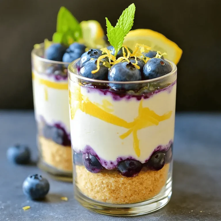 Für die No Bake Lemon Blueberry Cheesecake Parfaits benötigst du einige Grundzutaten. Hier sind sie: - 1 Tasse zerbröselte Graham-Cracker - 4 Esslöffel ungesalzene Butter, geschmolzen - 450 g Frischkäse, weich - 1 Tasse Puderzucker - 1 Teelöffel Vanilleextrakt - 1 Tasse Schlagsahne - Abrieb von 2 Zitronen - 60 ml frischer Zitronensaft - 2 Tassen frische Blaubeeren - 2 Esslöffel Honig (optional) Diese Zutaten machen die Basis des Rezepts. Die Kombination von Frischkäse und Sahne sorgt für eine cremige Textur. Die Graham-Cracker geben den perfekten Crunch. Die frischen Blaubeeren bringen Farbe und Frische in die Parfaits. Sie sind süß, aber auch leicht sauer. Diese Balance macht jeden Biss spannend. Blaubeeren sind zudem gesund. Sie sind reich an Antioxidantien und Vitaminen. Das macht dein Dessert nicht nur lecker, sondern auch nahrhaft. Zitronen fügen einen frischen und lebendigen Geschmack hinzu. Der Zitronensaft und der Abrieb sorgen für eine spritzige Note. Diese Aromen heben die Süße der Blaubeeren hervor. Außerdem geben sie den Parfaits eine erfrischende Qualität, die perfekt für warme Tage ist. Sie machen das Dessert leicht und angenehm. Um die Kruste zu machen, zerbrich zuerst die Graham-Cracker in kleine Stücke. Du kannst das in einer Tüte tun und mit einem Nudelholz darauf schlagen. Mische die zerbröselten Cracker mit der geschmolzenen Butter in einer Schüssel. Rühre gut, bis alle Krümel feucht sind. Dann nimm ein paar Gläser oder Becher und fülle die Mischung hinein. Drücke die Krümel fest am Boden, um eine feste Kruste zu haben. Für die Füllung brauchst du einen großen Mixer. Gib den weichen Frischkäse in die Schüssel. Mixe ihn, bis er ganz glatt ist. Dann füge nach und nach den Puderzucker hinzu. Rühre das Vanilleextrakt, den Zitronenabrieb und den Zitronensaft ein. Das gibt den Cheesecake einen frischen Geschmack. In einer anderen Schüssel, schlage die Schlagsahne bis sie steif ist. Hebe die Schlagsahne vorsichtig unter die Frischkäse-Mischung. So bleibt alles schön luftig. Nun ist es Zeit, die Parfaits zu schichten. Löffle eine Schicht der Cheesecake-Füllung auf die Graham-Cracker-Kruste. Dann füge eine Schicht frischer Blaubeeren hinzu. Wenn du magst, träufle etwas Honig über die Blaubeeren. Wiederhole die Schichten, bis die Gläser voll sind. Beende mit einer Schicht Blaubeeren oben drauf. Stelle die Parfaits dann für mindestens zwei Stunden in den Kühlschrank. So festigen sie sich und schmecken besser. Du kannst die Parfaits auch mit frischer Minze garnieren, bevor du sie servierst. Für das vollständige Rezept, besuche die [Full Recipe]. Eure Parfaits können ganz nach eurem Geschmack angepasst werden. Mögt ihr es süßer? Fügt mehr Honig hinzu. Für einen fruchtigen Twist könnt ihr Erdbeeren oder Himbeeren verwenden. Ihr könnt auch andere Kekse für die Kruste nutzen, wie Oreo oder Digestive-Kekse. Das bringt einen neuen Geschmack in eure Parfaits. Die Konsistenz der Füllung ist sehr wichtig. Sorgt dafür, dass der Frischkäse weich ist, bevor ihr ihn mischt. Schlagt die Sahne gut, bis sie steif ist. Das gibt euren Parfaits eine luftige Textur. Wenn die Mischung zu flüssig wird, werden die Schichten nicht halten. Kühlen ist ebenfalls wichtig. Lasst die Parfaits mindestens zwei Stunden im Kühlschrank, damit sie fest werden. Die Präsentation macht einen großen Unterschied. Nutzt schöne Gläser, um die Schichten sichtbar zu machen. Beginnt mit der Kruste, dann die Füllung und die Blaubeeren. Wiederholt die Schichten. Am Ende könnt ihr die Parfaits mit frischen Beeren und einem Zweig Minze garnieren. Ein Spritzer Zitronenabrieb oben drauf gibt einen frischen Look. Diese kleinen Details machen den Genuss noch besser. Für das vollständige Rezept schaut euch die [Full Recipe] an! {{image_4}} Wenn du glutenfrei leben musst, gibt es viele tolle Alternativen. Du kannst glutenfreie Kekse verwenden, um die Kruste zu machen. Diese Kekse gibt es in vielen Geschäften. Achte darauf, dass sie nicht gesüßt sind. So bleibt der Geschmack frisch. Du kannst auch Mandeln oder Haferflocken nehmen. Mahle sie zu feinen Krümeln. Mische sie mit geschmolzener Butter. So hast du eine leckere Basis für deine Parfaits. Blaubeeren sind toll, aber du kannst auch andere Früchte nutzen. Himbeeren oder Erdbeeren passen sehr gut. Sie bringen eine süße und saftige Note. Du kannst auch Pfirsiche oder Mango verwenden. Diese Früchte geben den Parfaits einen neuen Twist. Wenn du eine andere Beere magst, probiere schwarze Johannisbeeren. Sie sind etwas sauer, aber lecker. Die Basis für die Cheesecake-Füllung erlaubt viele Variationen. Du kannst andere Zitrusfrüchte wie Limetten oder Orangen ausprobieren. Ihr Geschmack ist frisch und spritzig. Für eine Schokoladenversion kannst du Kakao hinzufügen. Einfach ein paar Esslöffel in die Mischung geben. Wenn du Nüsse magst, füge gehackte Walnüsse oder Mandeln hinzu. Diese geben einen tollen Crunch und mehr Geschmack. Du kannst die Parfaits auch mit verschiedenen Kräutern wie Minze verfeinern. So wird jede Schicht zu einem neuen Erlebnis. Für das komplette Rezept schaue dir das [Full Recipe] an. Um die No Bake Lemon Blueberry Cheesecake Parfaits frisch zu halten, decke die Gläser gut ab. Du kannst Frischhaltefolie oder einen Deckel verwenden. So bleibt die Creme samtig und die Blaubeeren frisch. Stelle die Parfaits in den Kühlschrank, wo sie kühl und fest bleiben. Die Parfaits halten sich im Kühlschrank bis zu drei Tage. Nach dieser Zeit könnten die Blaubeeren weich werden und die Kruste matschig. Ich empfehle, sie innerhalb von zwei Tagen zu essen, um den besten Geschmack zu genießen. Wenn du die Parfaits länger aufbewahren möchtest, kannst du sie einfrieren. Achte darauf, sie in einem luftdichten Behälter zu lagern. So bleibt die Textur besser erhalten. Vor dem Servieren lasse sie über Nacht im Kühlschrank auftauen. Ich rate davon ab, sie mehr als einen Monat im Gefrierfach zu lassen, um den Geschmack nicht zu verlieren. No Bake Lemon Blueberry Cheesecake Parfaits halten sich im Kühlschrank bis zu drei Tage. Lagern Sie sie in einem luftdichten Behälter. Nach drei Tagen können die Blaubeeren weich werden. Der Geschmack bleibt aber frisch und lecker, solange sie kühl bleiben. Ja, Sie können eine andere Süßungsquelle verwenden. Honig oder Agavendicksaft sind tolle Alternativen. Diese Süßstoffe fügen auch einen anderen Geschmack hinzu. Achten Sie darauf, die Menge anzupassen, je nach Süße der gewählten Quelle. Wenn Sie keine Graham-Cracker haben, nutzen Sie zerbröselte Kekse oder Haferkekse. Diese geben auch eine leckere Kruste. Glutenfreie Kekse sind eine weitere Option für eine glutenfreie Version. Experimentieren Sie mit verschiedenen Keksen, um den besten Geschmack zu finden. Für das vollständige Rezept, schauen Sie sich die [Full Recipe] an. Die No Bake Lemon Blueberry Cheesecake Parfaits sind einfach und lecker. Wir haben die Grundzutaten wie frische Blaubeeren und Zitronen besprochen. Die Anleitung zeigt dir, wie du die Kruste und die Füllung zubereitest. Tipps helfen, die perfekte Konsistenz und Präsentation zu finden. Variationen bieten neue Geschmäcker und glutenfreie Optionen. Denke daran, sie richtig zu lagern, um die frische zu bewahren. Probiere diese köstlichen Parfaits aus und beeindrucke deine Freunde mit deinem Können. Es lohnt sich!