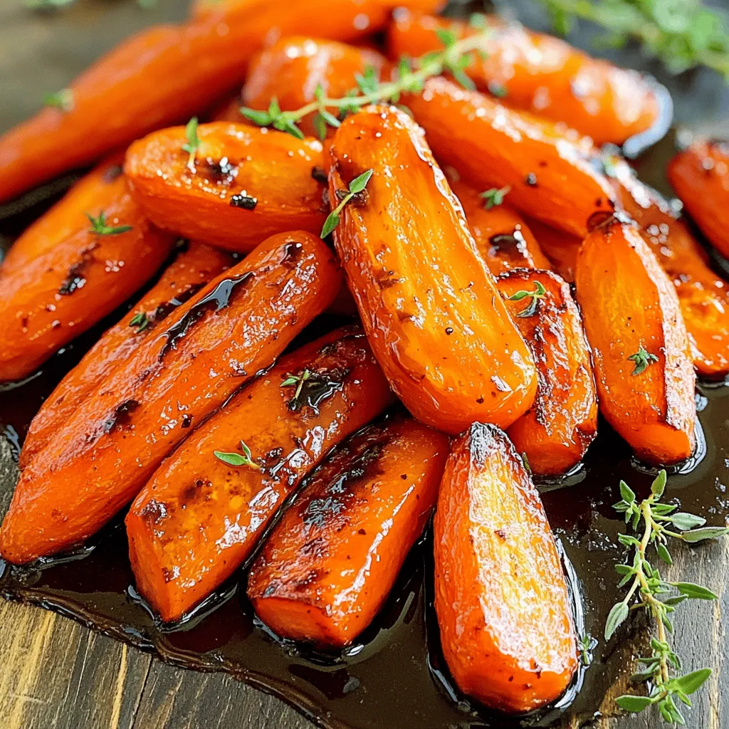 - 450 g Babykarotten oder normale Karotten - 45 ml Balsamico-Essig - 30 ml Honig - 30 ml Olivenöl - 5 g Knoblauchpulver - 2,5 g Salz - 2,5 g schwarzer Pfeffer Die Hauptzutaten sind einfach zu finden und geben den Karotten viel Geschmack. Ich bevorzuge Babykarotten, da sie süßer sind. Normale Karotten funktionieren auch gut, wenn du sie in gleichmäßige Sticks schneidest. Balsamico-Essig gibt eine süß-säuerliche Note. Der Honig hilft, die Karotten zu karamellisieren. Olivenöl sorgt für eine schöne Textur und verhindert das Kleben. - Frische Thymianblätter zur Garnitur Thymianblätter sind eine tolle Ergänzung. Sie verleihen dem Gericht Frische und Farbe. Außerdem passen sie perfekt zu den süßen und säuerlichen Aromen. Einfach ein paar Blätter über die Karotten streuen, bevor du sie servierst. - Portionen: 4 Dieses Rezept reicht für vier Portionen. Es ist ideal für ein Abendessen oder eine Beilage zu einem Hauptgericht. Die Nährwertinformationen sind wichtig, um zu wissen, was du isst. Du kannst die Karotten leicht in eine gesunde Mahlzeit einfügen. Sie sind voll von Vitaminen und Mineralien, was sie zu einer guten Wahl macht. Wenn du mehr über die Nährwerte erfahren möchtest, schau dir die [Full Recipe] an. Heize deinen Ofen auf 220 °C vor. Das sorgt für eine schöne Röstaroma. Nimm die Babykarotten oder schäle normale Karotten. Wenn du normale Karotten verwendest, schneide sie in gleichmäßige Sticks. So garen sie gleichmäßig. Lege die Karotten auf ein Backblech, das du mit Backpapier auslegst. Das macht die Reinigung später viel einfacher. In einer großen Schüssel mischst du die Marinade. Gib den Balsamico-Essig, Honig und Olivenöl hinein. Füge auch das Knoblauchpulver, Salz und schwarzen Pfeffer hinzu. Rühre mit einem Schneebesen gut durch. Die Mischung sollte gleichmäßig und gut kombiniert sein. Wenn du die Karotten hinzufügst, schwenke sie in der Marinade. So sind sie gleichmäßig überzogen. Verteile die Karotten gleichmäßig auf dem Backblech. Die Karotten müssen genug Platz haben, um zu rösten. Schiebe das Blech in den vorgeheizten Ofen. Röste die Karotten für 20 bis 25 Minuten. Schüttle das Blech während des Garens einmal. So werden die Karotten gleichmäßig gar. Sie sollen zart und leicht karamellisiert sein. Nimm sie aus dem Ofen und lasse sie kurz abkühlen. Gieße die restliche Sauce über die warmen Karotten. Garniere sie mit frischen Thymianblättern. Diese geben zusätzlichen Geschmack und Farbe. Für das gesamte Rezept, siehe [Full Recipe]. Die richtige Backzeit ist entscheidend für den perfekten Geschmack. Du willst, dass die Karotten außen knusprig sind und innen zart. Röste die Karotten bei 220 °C für 20-25 Minuten. Schüttle das Blech einmal während des Garens, damit die Karotten gleichmäßig bräunen. Diese einfache Technik sorgt für tolle Röstaromen. Vermeide zu weiche oder verbrannte Karotten. Ein häufiger Fehler ist, die Karotten zu dicht auf das Blech zu legen. Achte darauf, dass sie genug Platz haben. So kann die heiße Luft zirkulieren. Achte auch auf die Garzeit. Überwache die Karotten, besonders gegen Ende. Wenn sie zu dunkel werden, nimm sie sofort raus. Präsentiere die Karotten auf einer großen, flachen Platte. Das hebt die Farben hervor. Du kannst frische Thymianblätter um die Ränder anrichten. Das sieht schön aus und schmeckt gut. Diese Karotten passen gut zu vielen Gerichten. Serviere sie zu gegrilltem Fleisch oder Fisch. Sie sind auch eine tolle Beilage zu einem frischen Salat. Für mehr Details, schau dir die [Full Recipe] an. {{image_4}} Du kannst die Gewürze in diesem Rezept anpassen. Trockenkräuter wie Oregano oder Rosmarin geben einen neuen Geschmack. Frische Kräuter sind auch eine tolle Wahl. Verwende Basilikum oder Petersilie für einen frischen Kick. Diese kleinen Änderungen machen viel aus. Experimentiere mit verschiedenen Kräutern, um deinen eigenen Stil zu finden. Du kannst das Rezept auch mit zusätzlichen Zutaten erweitern. Nüsse wie Walnüsse oder Mandeln bringen einen knackigen Biss. Getrocknete Früchte wie Cranberries oder Aprikosen fügen Süße hinzu. Diese Zutaten machen das Gericht interessanter. Sie sorgen für spannende Geschmäcker und Texturen. Das Rezept ist vielseitig und passt zu vielen Diäten. Für Veganer bleibt alles gleich, da keine tierischen Produkte verwendet werden. Glutenfrei ist es auch, wenn du darauf achtest, glutenfreien Balsamico-Essig zu wählen. Für eine Low-Carb-Version, reduziere den Honig oder ersetze ihn durch einen Süßstoff. Diese Anpassungen machen das Gericht für jeden Genuss geeignet. Du kannst die Karotten ganz nach deinen Bedürfnissen anpassen. Lagere die gerösteten Karotten in einem luftdichten Behälter. Achte darauf, die Karotten vollständig abkühlen zu lassen, bevor du sie in den Kühlschrank stellst. Das hilft, Feuchtigkeit zu vermeiden. Wenn du die Karotten in Portionen aufteilst, ist das praktisch für schnelle Mahlzeiten. So kannst du sie leicht aufwärmen, wann immer du Lust darauf hast. Die Karotten bleiben bis zu fünf Tage im Kühlschrank frisch. Achte darauf, sie vor dem Verzehr zu prüfen. Wenn sie matschig oder unangenehm riechen, ist es besser, sie wegzuwerfen. Es ist klug, auf die Frische zu achten, um die beste Qualität und den besten Geschmack zu genießen. Die besten Methoden, um die Reste aufzuwärmen, sind im Ofen oder in der Mikrowelle. Wenn du den Ofen benutzt, heize ihn auf 180 °C vor. Lege die Karotten auf ein Backblech und erwärme sie für etwa 10 Minuten. Das gibt ihnen wieder etwas von ihrer Knusprigkeit zurück. In der Mikrowelle kannst du sie in einer Schüssel mit einem feuchten Papiertuch abdecken. Erwärme sie in 30-Sekunden-Intervallen, bis sie warm sind. So bleibt der Geschmack erhalten. Für das vollständige Rezept, schau dir das [Full Recipe] an. Die Zubereitung der Karotten dauert insgesamt etwa 35 Minuten. Die Vorbereitungszeit beträgt 10 Minuten. Während dieser Zeit kannst du den Ofen vorheizen und die Zutaten bereitstellen. Die Garzeit im Ofen beträgt 20 bis 25 Minuten. So kannst du die Karotten schön rösten und karamellisieren. Ja, du kannst andere Gemüsesorten hinzufügen. Zucchini, Paprika oder rote Zwiebeln passen gut. Diese Gemüsesorten nehmen die Aromen der Marinade gut auf. Du kannst die Garzeit anpassen. Weiche Gemüsesorten brauchen weniger Zeit. Achte darauf, dass alle Stücke gleich groß sind, damit sie gleichmäßig garen. Ja, dieses Rezept ist vegan. Du kannst den Honig durch Ahornsirup oder Agavendicksaft ersetzen. So bleibt der süße Geschmack erhalten, ohne tierische Produkte zu verwenden. Achte darauf, dass die anderen Zutaten ebenfalls vegan sind. Damit kannst du sicherstellen, dass alle genießen können. In diesem Artikel haben wir über die Zubereitung von gerösteten Karotten gesprochen. Wir haben die Hauptzutaten, die Zubereitungsschritte und wichtige Tipps besprochen. Die richtigen Gewürze und Kochzeiten machen einen großen Unterschied. Variationen ermöglichen es dir, dein Rezept anzupassen. Denke auch daran, wie du die Reste lagerst und aufwärmst. Mit diesen Informationen bist du bereit, beeindruckende Karotten zu servieren. Viel Spaß beim Kochen!