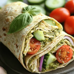 - Gekochtes Hähnchenbrustfleisch - Basilikum-Pesto - Griechischer Joghurt Die Hauptzutaten sind einfach und lecker. Gekochtes Hähnchenbrustfleisch ist eine gute Proteinquelle. Es gibt viele Wege, das Hähnchen zu kochen. Man kann es braten, kochen oder sogar im Slow Cooker zubereiten. Basilikum-Pesto bringt einen frischen Geschmack. Du kannst Pesto kaufen oder selbst machen. Griechischer Joghurt macht die Mischung cremig und gesund. - Cherrytomaten - Gurke - Rote Zwiebel - Vollkorn-Tortillas Frisches Gemüse macht deine Wraps bunt und knusprig. Cherrytomaten sind süß und saftig. Sie bringen Farbe und Geschmack. Gurken sind knackig und erfrischend. Rote Zwiebeln geben einen tollen Biss. Vollkorn-Tortillas sind nahrhaft und lecker. Sie halten alles gut zusammen. - Salz und Pfeffer - Frische Basilikumblätter Die Gewürze sind wichtig, um den Geschmack zu verbessern. Salz und Pfeffer machen alles besser. Frische Basilikumblätter sind eine schöne Garnierung. Sie sehen toll aus und schmecken frisch. Du findest das komplette Rezept unter [Full Recipe]. Um diese Wraps zuzubereiten, fangen wir mit dem Hähnchen an. Du benötigst zwei Tassen gekochtes Hähnchenbrustfleisch. Zerrupfe das Hähnchen in kleine Stücke. Das macht es einfacher, es in den Wraps zu verteilen. Jetzt ist es Zeit für das Gemüse. Schneide eine Tasse Cherrytomaten in zwei Hälften. Nimm auch eine halbe Gurke und würfle sie. Für den letzten Schritt, hacke eine viertel Tasse rote Zwiebel fein. Diese Zutaten geben deinem Wrap einen frischen Biss. In einer großen Schüssel vermenge das zerrupfte Hähnchen, die halbe Tasse Basilikum-Pesto und die viertel Tasse griechischen Joghurt. Rühre alles gut um, bis das Hähnchen gleichmäßig mit der Mischung bedeckt ist. Jetzt fügst du das geschnittene Gemüse hinzu. Hebe die halbierten Cherrytomaten, die gewürfelte Gurke und die gehackte Zwiebel vorsichtig unter. So bleibt das Gemüse ganz und der Salat sieht schön aus. Würze die Mischung mit Salz und Pfeffer nach deinem Geschmack. Du kannst das Pesto oder den Joghurt anpassen, wenn du eine cremigere Mischung möchtest. Legen deine Tortillas auf eine flache Oberfläche. Nimm eine großzügige Menge der Pesto-Hähnchen-Salat-Mischung und lege sie in die Mitte jeder Tortilla. Falte die Seiten der Tortilla ein. Rolle sie dann von unten nach oben fest zusammen, um einen Wrap zu bilden. Schneide jeden Wrap diagonal in zwei Hälften. Garniere die Hälften mit frischen Basilikumblättern. Diese geben einen tollen Farbklecks und einen frischen Geschmack. Du findest das vollständige Rezept [hier](#). Verwendung von selbstgemachtem Pesto Selbstgemachtes Pesto bringt frische Aromen. Sie können frisches Basilikum, Knoblauch, Nüsse und Olivenöl mixen. Fügen Sie etwas Parmesan hinzu für mehr Geschmack. Die Zubereitung dauert nur wenige Minuten. Es ist einfach und macht den Wrap besonders. Alternativen zu griechischem Joghurt Wenn Sie keinen griechischen Joghurt haben, probieren Sie Quark oder Sauerrahm. Diese Optionen sorgen für eine cremige Textur und einen tollen Geschmack. Veganer können auf pflanzliche Joghurtalternativen setzen. Diese Alternativen machen das Rezept vielseitig. Beilagenideen Servieren Sie die Wraps mit einem frischen Salat. Ein einfacher grüner Salat passt gut dazu. Auch Gemüse-Sticks sind eine gute Wahl. Sie sind knackig und gesund. Dressing-Tipps Ein leichtes Balsamico-Dressing ergänzt den Wrap gut. Ein Zitronen-Dressing bringt frische Aromen. Experimentieren Sie mit verschiedenen Dressings für einen neuen Geschmack. Vorbereitung im Voraus Bereiten Sie die Hähnchenmischung am Morgen vor. So sparen Sie Zeit zum Mittagessen. Das Pesto-Hähnchen bleibt im Kühlschrank frisch. Die Wraps können auch für ein Picknick vorbereitet werden. Aufbewahrung von Resten Lagern Sie die Wraps in einem luftdichten Behälter. So bleiben sie frisch und lecker. Sie können die Wraps auch in Folie einwickeln. So sind sie perfekt für unterwegs. {{image_4}} Für mehr Geschmack kannst du verschiedene Proteine nutzen. Gegrilltes Gemüse bringt eine tolle, rauchige Note. Es passt gut zum Pesto und macht die Wraps bunt. Wenn du eine vegane Option möchtest, probiere Tofu. Er nimmt die Aromen gut auf und ist proteinreich. Du kannst deine Wraps mit neuen Zutaten aufpeppen. Füge Avocado hinzu, um eine cremige Textur zu bekommen. Avocado ist auch gesund und lecker. Nüsse geben den Wraps einen tollen Crunch. Walnüsse oder Mandeln sind gute Optionen. Die Wahl des Wraps kann eine große Rolle spielen. Nutze glutenfreie Tortillas, wenn du Gluten meiden möchtest. Es gibt viele Marken. Außerdem kannst du verschiedene Pesto-Sorten ausprobieren. Rucola-Pesto oder Artischocken-Pesto können neue Geschmäcker bringen. Du wirst überrascht sein, wie viele Möglichkeiten du hast! Bewahre die Wraps im Kühlschrank auf. Lege sie in einen luftdichten Behälter. So bleiben sie frisch. Du kannst die Wraps bis zu drei Tage aufbewahren. Achte darauf, sie nicht zu fest zu stapeln. Das schützt die Füllung. Um die Frische zu sichern, benutze Frischhaltefolie. Wickel jeden Wrap einzeln ein. So wird die Feuchtigkeit gehalten. Vermeide es, die Wraps in einer Schüssel ohne Deckel zu lassen. Das macht sie schnell trocken. Das Einfrieren hat Vor- und Nachteile. Der Vorteil ist, dass du Reste lange halten kannst. Du kannst die Wraps bis zu drei Monate einfrieren. Der Nachteil ist, dass die Textur sich ändern kann. Gefrorene Wraps können etwas matschig werden. Für das Einfrieren verwende einen Gefrierbeutel. Drücke die Luft heraus, bevor du ihn schließt. So bleibt die Qualität besser. Markiere das Datum auf dem Beutel. So weißt du, wie lange sie schon eingefroren sind. Die Frische von Gemüse und Hähnchen ist wichtig. Achte darauf, dass das Hähnchen gut durchgegart ist. Es sollte keinen seltsamen Geruch haben. Gemüse wie Gurken und Tomaten sollten knackig sein. Überprüfe sie auf Flecken oder weiche Stellen. Kennzeichen für Verderb sind ein unangenehmer Geruch oder eine schleimige Textur. Wenn du unsicher bist, wirf die Zutaten weg. Frische Lebensmittel sorgen für den besten Geschmack in deinen Wraps. Um Hähnchen für die Wraps vorzubereiten, gibt es verschiedene Methoden. Die einfachste Methode ist, Hähnchenbrust zu kochen. Kochen Sie das Hähnchen in leicht gesalzenem Wasser für etwa 15-20 Minuten. Sie können auch Hähnchen in einer Pfanne anbraten. Braten Sie es bei mittlerer Hitze für 6-7 Minuten pro Seite. Lassen Sie das Hähnchen abkühlen und zerrupfen Sie es. Diese Methoden sorgen dafür, dass das Hähnchen saftig bleibt. Ja, diese Wraps eignen sich hervorragend für Meal Prep. Sie können den Pesto-Hähnchen-Salat im Voraus zubereiten. Lagern Sie ihn in einem luftdichten Behälter im Kühlschrank. Füllen Sie die Wraps erst kurz vor dem Essen. So bleiben die Tortillas frisch. Sie können die Zutaten auch einzeln vorbereiten. Das spart Zeit und macht die Zubereitung einfach. Dieses Rezept ist nicht für Vegetarier geeignet, da es Hähnchen enthält. Sie können jedoch leicht Anpassungen vornehmen. Ersetzen Sie das Hähnchen durch Kichererbsen oder Tofu. Diese Optionen bieten eine gute Proteinquelle. Verwenden Sie auch Ihr Lieblingspesto und frisches Gemüse. So erhalten Sie einen leckeren, vegetarischen Wrap. In diesem Blogbeitrag haben wir einfache und leckere Wraps mit Hähnchen, Pesto und Gemüse besprochen. Ich hoffe, du findest die Schritt-für-Schritt-Anleitung hilfreich. Denke daran, deine Wraps nach Wunsch anzupassen und verschiedene Zutaten auszuprobieren. Die Aufbewahrungstipps helfen dir, Reste frisch zu halten. Mit diesen Wraps kannst du nahrhafte Mahlzeiten schnell zubereiten. Experimentiere und genieße diese vielseitigen Leckerbissen!
