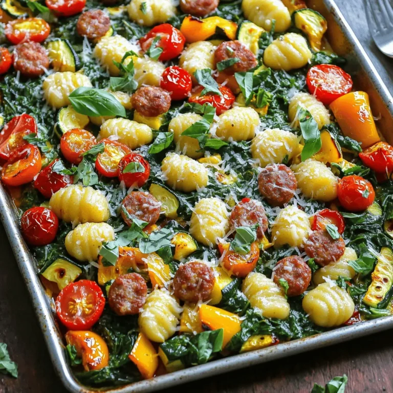 Um deine Blech-Pfanne Toskanische Gnocchi mit Wurst zuzubereiten, benötigst du einige frische Zutaten. Hier ist eine Liste der Hauptzutaten: - 450g Gnocchi (fertig gekauft oder hausgemacht) - 340g italienische Wurst (mild oder scharf, Hülle entfernt) - 1 rote Paprika, grob gehackt - 1 gelbe Paprika, grob gehackt - 1 Zucchini, in Scheiben geschnitten - 2 Tassen Kirschtomaten, halbiert - 3 Tassen frischer Spinat - 4 Zehen Knoblauch, fein gehackt - 1 Teelöffel italienische Gewürzmischung - ¼ Teelöffel rote Pfefferflocken (optional) - 3 Esslöffel Olivenöl - Salz und Pfeffer nach Geschmack - Geriebener Parmesan (zum Servieren) - Frisches Basilikum oder Petersilie zur Garnierung Jede Zutat bringt ihren eigenen Geschmack. Die italienische Wurst gibt ein tolles Aroma. Die Paprika und Zucchini sorgen für Farbe und Knusprigkeit. Der Spinat fügt eine gesunde Note hinzu. Du kannst einige Zutaten austauschen. Wenn du keine italienische Wurst magst, versuche Hähnchen oder Tofu. Für mehr Gemüse kannst du Brokkoli oder Auberginen hinzufügen. Wenn du es schärfer magst, füge mehr rote Pfefferflocken hinzu. Eine weitere Idee ist, verschiedene Käsesorten zu verwenden. Feta oder Mozzarella geben einen anderen Geschmack. So kannst du das Gericht an deinen Geschmack anpassen. Die richtigen Gewürze machen das Gericht besonders. Die italienische Gewürzmischung bringt viele Aromen mit. Du kannst auch frische Kräuter wie Basilikum oder Oregano verwenden. Sie geben einen frischen Geschmack. Denke daran, dass Kräuter frisch am besten wirken. Du kannst sie am Ende der Zubereitung hinzufügen. So bleibt der Geschmack stark. Für eine persönliche Note kannst du auch etwas Zitronensaft hinzufügen. Das bringt Frische und passt gut zu den Gnocchi. Für die vollständige Zubereitung schau dir die [Full Recipe] an. Heize deinen Ofen auf 220 °C vor. Diese hohe Temperatur sorgt für knusprige Gnocchi. Nimm ein großes Backblech und lege es mit Backpapier aus. Das macht die Reinigung leichter und verhindert, dass die Zutaten anhaften. In einer großen Schüssel gib die Gnocchi, die italienische Wurst und das Gemüse. Füge die Paprika, Zucchini, Kirschtomaten und den Spinat hinzu. Diese Mischung bringt Farbe und Geschmack. Jetzt träufel das Olivenöl gleichmäßig darüber. Streue den Knoblauch, die italienische Gewürzmischung und die roten Pfefferflocken darüber. Vergiss nicht, mit Salz und Pfeffer zu würzen. Mische alles gut durch, bis die Zutaten gleichmäßig bedeckt sind. Verteile die Mischung gleichmäßig auf dem vorbereiteten Blech. Schiebe das Blech in den heißen Ofen. Backe alles für 20 bis 25 Minuten. Rühre einmal während des Backens um. Die Wurst wird gar und das Gemüse weich. Die Gnocchi sollten goldbraun und knusprig sein. Nimm das Blech heraus und lass es kurz abkühlen. Bestreue alles dann mit geriebenem Parmesan. Garniere mit frischem Basilikum oder Petersilie. Für die vollständige Anleitung schau dir das Full Recipe an. Um die Gnocchi perfekt zuzubereiten, achte darauf, dass du sie nicht zu lange kochst. Gnocchi sollten weich, aber fest sein. In der Regel kochen sie in etwa 2 bis 3 Minuten, bis sie an die Oberfläche steigen. Wenn du frische Gnocchi verwendest, überprüfe sie nach der Zeit. Du kannst das Rezept leicht anpassen, um mehr Aromen hinzuzufügen. Füge zum Beispiel frische Kräuter wie Thymian oder Rosmarin hinzu. Ein Spritzer Zitronensaft kann auch die Aromen aufhellen. Wenn du mehr Schärfe magst, probiere mehr rote Pfefferflocken oder etwas Chiliöl. Wenn deine Gnocchi beim Backen kleben, nutze mehr Olivenöl. Achte darauf, dass du das Gemüse gleichmäßig verteilst, um gleichmäßiges Garen zu gewährleisten. Wenn die Wurst nicht gut durchgegart ist, erhöhe die Backzeit um einige Minuten. Halte das Blech dabei im Auge, damit nichts verbrennt. Für die vollständige Zubereitung, schau dir das [Full Recipe] an. {{image_4}} Wenn du eine vegetarische Variante von Blech-Pfanne Toskanische Gnocchi mit Wurst zubereiten möchtest, kannst du die Wurst einfach durch eine pflanzliche Alternative ersetzen. Produkte auf Basis von Soja oder Erbsen bieten viel Geschmack. Du kannst auch zusätzliche Proteine wie Kichererbsen oder schwarze Bohnen hinzufügen. Diese Optionen machen das Gericht nahrhaft und lecker. Das Schöne an diesem Rezept ist, dass du saisonales Gemüse verwenden kannst. Im Frühling sind Spargel und Erbsen eine tolle Wahl. Im Sommer kannst du Zucchini, Auberginen oder Tomaten nutzen. Im Herbst passen Kürbis und Rosenkohl gut. Und im Winter kannst du Wurzelgemüse wie Karotten und Pastinaken verwenden. Saisonales Gemüse gibt dem Gericht frische Aromen und Farben. Die Gewürze geben deinem Gericht den besonderen Kick. Neben der italienischen Gewürzmischung kannst du auch andere Aromen nutzen. Probiere geräucherten Paprika für einen rauchigen Geschmack oder Kümmel für etwas Würze. Ein Spritzer Zitronensaft kann auch helfen, die Aromen zu heben. Experimentiere mit diesen Variationen, um neue Geschmäcker zu entdecken und dein Gericht anzupassen. Um die Reste der Blech-Pfanne Toskanische Gnocchi mit Wurst richtig zu lagern, lasse das Essen zuerst abkühlen. Verwende dann einen luftdichten Behälter. So bleiben die Gnocchi frisch und lecker. Du kannst die Reste bis zu drei Tage im Kühlschrank aufbewahren. Achte darauf, die Mischung nicht zu lange stehen zu lassen. Schimmel kann sich schnell bilden. Zum Wiedererwärmen empfehle ich, die Gnocchi in einer Pfanne zu erhitzen. Gib etwas Olivenöl hinzu, um sie nicht austrocknen zu lassen. Du kannst auch einen Spritzer Wasser hinzufügen, um Dampf zu erzeugen. Auf diese Weise bleiben die Gnocchi weich und saftig. Erhitze sie bei niedriger Temperatur, damit sie gleichmäßig warm werden. So schmecken die Gnocchi fast wie frisch aus dem Ofen. Im Kühlschrank halten die Reste bis zu drei Tage. Wenn du sie länger aufbewahren möchtest, friere sie ein. In einem luftdichten Behälter können die Gnocchi bis zu drei Monate im Gefrierschrank bleiben. Achte darauf, die Gnocchi gut zu verpacken, um Gefrierbrand zu vermeiden. Zum Auftauen lege sie einfach über Nacht in den Kühlschrank. So bleiben Geschmack und Textur erhalten. Die Zubereitung von Gnocchi dauert etwa 15 Minuten. Wenn du frische Gnocchi machst, kann es etwas länger dauern. Die Gesamtzeit für das Gericht beträgt 40 Minuten, inklusive Backzeit. Das ist schnell und einfach! Ja, du kannst das Rezept im Voraus zubereiten. Bereite die Mischung aus Gnocchi, Wurst und Gemüse vor. Lege sie auf das Blech und decke es ab. Stelle das Blech in den Kühlschrank. Am Backtag musst du nur den Ofen vorheizen und das Blech backen. So sparst du Zeit! Toskanische Gnocchi sind lecker allein. Du kannst sie jedoch mit einem frischen Salat oder knusprigem Brot servieren. Auch ein bisschen Pesto als Dip passt gut. Wenn du magst, füge etwas geriebenen Parmesan hinzu. Das macht das Gericht noch besser! Für das vollständige Rezept schau dir bitte das [Full Recipe] an. Toskanische Gnocchi mit Wurst sind einfach und lecker. Wir haben die wichtigen Zutaten und viele Varianten besprochen. Mit Schritt-für-Schritt-Anleitungen wird die Zubereitung leicht. Nutzen Sie unsere Tipps, um Gnocchi perfekt zu machen. Vergessen Sie nicht, die Reste gut zu lagern. Diese Informationen helfen Ihnen, ein großartiges Gericht zu kreieren. Jetzt sind Sie bereit, das Rezept auszuprobieren und zu variieren!