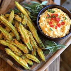 - 1 Tasse eingelegte Okra, abgetropft - 1 Tasse Buttermilch - 1 Tasse Maismehl - 1/2 Tasse Weizenmehl - 1 Teelöffel Paprika - 1/2 Teelöffel Cayennepfeffer (nach gewünschtem Schärfegrad anpassen) - Salz und Pfeffer nach Geschmack - Öl zum Frittieren Ich liebe die Hauptzutaten für die frittierte Okra. Eingelegte Okra hat einen tollen Geschmack. Der Mix aus Maismehl und Weizenmehl macht die Panade knusprig. Die Buttermilch hilft, dass die Panade gut haftet. Paprika und Cayennepfeffer geben den perfekten Kick. - 1 Tasse geriebener scharfer Cheddar-Käse - 1/2 Tasse Frischkäse, weich - 1/4 Tasse Mayonnaise - 1/4 Tasse gewürfelte Pimentos, abgetropft - 1 Esslöffel Worcestershiresauce - 1 Teelöffel Knoblauchpulver Pimento-Käse ist ein echter Hit für Dips. Der scharfe Cheddar gibt viel Geschmack. Frischkäse macht die Mischung schön cremig. Mayonnaise sorgt für eine glatte Textur. Pimentos fügen eine süße Note hinzu. Worcestershiresauce und Knoblauchpulver runden alles ab. Zusätzlich zu den Hauptzutaten können Sie verschiedene Öle nutzen. Erdnussöl oder Sonnenblumenöl sind ideal zum Frittieren. Sie haben einen hohen Rauchpunkt. Gewürze wie Knoblauchpulver oder Zwiebelpulver können dem Öl hinzugefügt werden, um mehr Geschmack zu verleihen. Für das vollständige Rezept zur Zubereitung von krossen frittierten eingelegten Okra mit cremigem Pimento-Käse, besuchen Sie bitte das [Full Recipe]. Um den Pimento-Käse zu machen, nehmen Sie eine Schüssel. Geben Sie den geriebenen Cheddar-Käse, den weichen Frischkäse, die Mayonnaise, die Pimentos, die Worcestershiresauce und das Knoblauchpulver hinein. Vermischen Sie alles gut. Rühren Sie, bis die Mischung glatt ist. Schmecken Sie mit Salz und Pfeffer ab. Decken Sie die Schüssel ab und stellen Sie sie in den Kühlschrank. Nehmen Sie zwei Schüsseln. Füllen Sie die erste mit Buttermilch. In die zweite Schüssel geben Sie das Maismehl, das Weizenmehl, Paprika, Cayennepfeffer, Salz und Pfeffer. Mischen Sie alles gut. So sorgen Sie dafür, dass die trockenen Zutaten gleichmäßig sind. Tauchen Sie jedes Stück der eingelegten Okra in die Buttermilch. Lassen Sie die überschüssige Flüssigkeit abtropfen. Dann nehmen Sie die Okra und wälzen sie in der Maismehl-Mischung. Achten Sie darauf, dass sie gut bedeckt ist. Klopfen Sie überschüssige Panade ab. Nehmen Sie eine große Pfanne oder einen Frittierofen. Gießen Sie etwa 2,5 cm hoch Öl hinein. Erhitzen Sie das Öl bei mittlerer bis hoher Hitze. Warten Sie, bis das Öl 175 °C erreicht. Um zu testen, ob das Öl bereit ist, geben Sie einen kleinen Teil der Maismehlmischung hinein. Es sollte sofort zischen. Legen Sie die panierten Okra vorsichtig in das heiße Öl. Frittieren Sie sie in kleinen Portionen. So vermeiden Sie Überfüllung. Frittieren Sie sie ca. 3-4 Minuten. Sie sollten goldbraun und knusprig sein. Wenden Sie die Okra gelegentlich, damit sie gleichmäßig bräunen. Nehmen Sie die Okra mit einem Schaumlöffel aus dem Öl. Legen Sie sie auf einen Teller mit Küchenpapier. So kann das Öl abtropfen. Arrangieren Sie die frittierten Okra auf einer Platte. Servieren Sie sie mit einer Schüssel des cremigen Pimento-Käses zum Dippen. Garnieren Sie nach Belieben mit etwas Paprika oder frischen Kräutern. Um die Okra noch knuspriger zu machen, verwende kaltes Öl. Kaltes Öl hilft der Panade, besser zu haften. Du kannst auch etwas Backpulver zur Mehlmischung hinzufügen. Das macht die Okra luftig und knusprig. Frittiere die Okra in kleinen Mengen. So bleibt die Temperatur des Öls stabil. Falls du keine Buttermilch hast, kannst du Milch mit einem Spritzer Zitrone verwenden. Lass es kurz stehen, bis es dick wird. Für Maismehl kannst du auch Reismehl nutzen. Es gibt der Panade eine andere Textur. Diese Alternativen bringen neue Geschmäcker in dein Gericht. Garnieren kannst du die Okra mit frischen Kräutern. Petersilie oder Schnittlauch passen gut dazu. Ein Spritzer Zitrone gibt Frische. Du kannst auch geräucherte Paprika verwenden. Das sieht toll aus und schmeckt gut. Serviere die Okra mit dem cremigen Pimento-Käse aus dem Full Recipe. Dippen macht das Essen noch spannender! {{image_4}} Wenn du eine vegetarische Version von frittierter eingelegter Okra machen willst, kannst du die Okra einfach durch Gemüse wie Zucchini oder Auberginen ersetzen. Diese Gemüsesorten nehmen die Aromen gut auf und bieten einen tollen Biss. Du kannst auch andere eingelegte Gemüse verwenden, zum Beispiel grüne Bohnen oder Blumenkohl. Die Panade bleibt gleich, und du erhältst ein köstliches Ergebnis. Um den Geschmack deiner frittierten Okra zu variieren, kannst du verschiedene Gewürze hinzufügen. Probiere zum Beispiel Kreuzkümmel oder Zitronenpfeffer. Beide bringen einen neuen Geschmack in die Mischung. Du kannst auch frische Kräuter wie Thymian oder Oregano in die Panade geben. Eine Prise geräuchertes Paprikapulver verleiht eine rauchige Note. Sei kreativ und finde deine eigenen Lieblingskombinationen! Frittierte eingelegte Okra mit Pimento-Käse schmeckt hervorragend mit vielen Beilagen. Serviere sie mit einem frischen Salat, um die Knusprigkeit auszugleichen. Ein einfacher Tomatensalat mit Zwiebeln passt perfekt. Auch eine scharfe Salsa oder ein Limetten-Joghurt-Dip sind tolle Ergänzungen. Du kannst die Okra auch als Snack zu Cocktails servieren. Die Möglichkeiten sind endlos! Um die Reste von frittierten eingelegten Okra frisch zu halten, lassen Sie sie zuerst abkühlen. Legen Sie die Okra dann in einen luftdichten Behälter. Die Reste bleiben so bis zu drei Tage frisch. Achten Sie darauf, dass die Okra nicht im Kühlschrank feucht wird. Feuchtigkeit kann die Knusprigkeit ruinieren. Für den Pimento-Käse empfehle ich, ihn in einem separaten luftdichten Behälter zu lagern. So bleibt er bis zu einer Woche frisch. Stellen Sie sicher, dass der Käse gut abgedeckt ist, um den Geschmack zu bewahren. Vor dem Servieren können Sie den Käse kurz umrühren, um die Cremigkeit wiederherzustellen. Um die frittierten Okra wieder aufzuwärmen, verwenden Sie den Ofen. Heizen Sie den Ofen auf 180 °C vor. Legen Sie die Okra auf ein Backblech und backen Sie sie für etwa 10 Minuten. So wird die Okra wieder knusprig. Vermeiden Sie die Mikrowelle, da sie die Okra weich macht. So bleiben die Reste schmackhaft und genießbar. Frittierte Okra bleibt im Kühlschrank etwa 2 bis 3 Tage frisch. Lagere sie in einem luftdichten Behälter. Die Okra kann weich werden, wenn sie länger steht. Um den besten Geschmack zu genießen, iss sie frisch. Ja, du kannst die Okra auch im Ofen zubereiten. Lege die panierten Okra auf ein Backblech. Backe sie bei 200 °C für etwa 20 bis 25 Minuten. Drehe die Okra nach der Hälfte der Zeit um, damit sie gleichmäßig knusprig werden. Die besten Dips für frittierte Okra sind Pimento-Käse, Ranch-Dressing oder scharfe Soße. Diese Dips passen gut zur knusprigen Okra. Du kannst auch eine Mischung aus Joghurt und Kräutern ausprobieren. Um die Okra glutenfrei zu machen, verwende einfach Gluten-freies Mehl. Achte darauf, dass alle Zutaten, die du verwendest, glutenfrei sind. So kannst du die leckere Okra auch ohne Gluten genießen. Du kannst viele Käsesorten für Pimento-Käse nutzen. Gouda, Monterey Jack oder sogar Fetakäse passen gut. Experimentiere mit verschiedenen Käsesorten, um neue Geschmäcker zu entdecken. Der Pimento-Käse bleibt cremig und lecker. Für das vollständige Rezept von krossen frittierten eingelegten Okra mit cremigem Pimento-Käse, schau dir das [Full Recipe] an. In diesem Artikel habe ich die wichtigsten Zutaten für frittierte Okra und Pimento-Käse vorgestellt. Ich habe Schritt für Schritt die Zubereitung erklärt und Tipps gegeben, um das Gericht noch besser zu machen. Es gibt viele Variationen und Lagerungshinweise, damit du lange Freude daran hast. Frittierte Okra ist nicht nur lecker, sondern auch vielseitig. Probier es aus und finde deine Lieblingsvariante! Kochen soll Spaß machen und einfach sein.