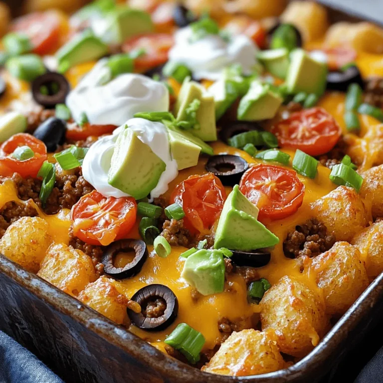 Für dieses leckere Gericht brauchen Sie: - 1 (32 oz) Päckchen gefrorene Tater Tots - 1 Pfund Hackfleisch (Rind oder Truthahn) - 1 Päckchen Taco-Gewürz - 1 Tasse Refried Beans - 1 Tasse geriebener Cheddar-Käse - 1 Tasse geriebener Monterey Jack-Käse - 1 Tasse gewürfelte Tomaten (frisch oder aus der Dose) - 1/2 Tasse geschnittene schwarze Oliven - 1/2 Tasse gewürfelte grüne Zwiebeln - 1 reife Avocado, gewürfelt - 1/2 Tasse saure Sahne (für das Topping) - 2 Esslöffel Olivenöl - Salz und Pfeffer nach Geschmack Diese Zutaten machen das Gericht herzhaft und sättigend. Jeder Biss bringt Freude. Die Gewürze sind der Schlüssel zu einem tollen Geschmack. Taco-Gewürz fügt Würze hinzu. Das Hackfleisch wird damit lecker. Sie können auch frische Kräuter hinzufügen. Koriander oder Petersilie geben frische Aromen. Schwarze Oliven und grüne Zwiebeln bringen mehr Textur ins Spiel. Nicht jeder mag alles. Hier sind einige Alternativen: - Verwenden Sie Hähnchen statt Rindfleisch oder Truthahn. - Für eine vegetarische Option nehmen Sie schwarze Bohnen statt Fleisch. - Veganer können pflanzlichen Käse verwenden. - Ersetzen Sie Tater Tots durch Tortilla-Chips für eine knusprige Basis. Die Optionen sind vielfältig. Sie können das Rezept nach Ihrem Geschmack anpassen. Weitere Details finden Sie in der Full Recipe. Zuerst brauchen wir alle Zutaten bereit. Das macht das Kochen einfacher. Hier ist, was du benötigst: - 1 (32 oz) Päckchen gefrorene Tater Tots - 1 Pfund Hackfleisch (Rind oder Truthahn) - 1 Päckchen Taco-Gewürz - 1 Tasse Refried Beans - 1 Tasse geriebener Cheddar-Käse - 1 Tasse geriebener Monterey Jack-Käse - 1 Tasse gewürfelte Tomaten (frisch oder aus der Dose) - 1/2 Tasse geschnittene schwarze Oliven - 1/2 Tasse gewürfelte grüne Zwiebeln - 1 reife Avocado, gewürfelt - 1/2 Tasse saure Sahne (für das Topping) - 2 Esslöffel Olivenöl - Salz und Pfeffer nach Geschmack Stelle sicher, dass du alles gewaschen und geschnitten hast. Das macht den Kochprozess schneller. Heize deinen Ofen auf 220 °C vor. In einer großen Pfanne erhitzt du das Olivenöl auf mittlerer Hitze. Füge das Hackfleisch hinzu und brate es, bis es braun ist. Zerkleinere das Fleisch mit einem Löffel. Wenn das Fleisch braun ist, gieße das überschüssige Fett ab. Jetzt kommt das Taco-Gewürz und ein Spritzer Wasser dazu. Mische alles gut. Lasse es weitere 2-3 Minuten kochen. Achte darauf, dass das Fleisch gut gewürzt ist. Schmecke mit Salz und Pfeffer ab. Jetzt schichten wir alles in eine gefettete Auflaufform. Verteile die Refried Beans gleichmäßig auf dem Boden. Lege dann die Hälfte der gefrorenen Tater Tots darauf. Jetzt ist es Zeit für die gewürzte Fleischmischung. Verteile sie gleichmäßig über die Tater Tots. Streue die geschnittenen schwarzen Oliven und die gewürfelten Tomaten darauf. Dann kommt die Hälfte des Cheddar- und Monterey Jack-Käses. Lege die restlichen Tater Tots obendrauf. Bedecke alles mit dem restlichen Käse. Backe die Mischung im Ofen für etwa 25-30 Minuten. Die Tater Tots sollten goldbraun und knusprig sein. Der Käse sollte sprudelnd sein. Nach dem Backen lasse das Gericht einige Minuten abkühlen. Garniere es mit gewürfelter Avocado, geschnittenen grünen Zwiebeln und Klecksen saurer Sahne. Um perfekte Tater Tots zu bekommen, achte auf die Dicke. Dünnere Tots werden knuspriger. Achte darauf, deine Tater Tots gleichmäßig zu verteilen. So werden sie gleichmäßig gebräunt. Backe sie in der oberen Ofenhälfte. Das sorgt für viel Hitze und knusprige Ränder. Du kannst viele verschiedene Zutaten nutzen. Probiere schwarze Bohnen oder Jalapeños für mehr Würze. Füge frische Kräuter hinzu, wie Koriander oder Petersilie. Diese bringen frische Aromen. Du kannst auch verschiedene Käsesorten verwenden. Gouda oder Feta geben deinem Gericht eine neue Note. So wird jeder Biss spannend und lecker. Ein häufiger Fehler ist, die Tater Tots zu dicht zu schichten. Das führt zu weichen Tots. Sorge für genügend Platz zwischen ihnen. Ein weiterer Fehler ist, das Fleisch nicht gut zu würzen. Das Taco-Gewürz ist wichtig für den Geschmack. Achte darauf, die richtige Menge zu verwenden. Schließlich, überbacke dein Gericht nicht zu lange. Denke daran, dass der Käse geschmolzen, aber nicht verbrannt sein soll. So bleibt die Textur perfekt. {{image_4}} Wenn Sie eine vegetarische Version der Loaded Tailgate Nacho Tater Tot Bake machen möchten, ersetzen Sie das Hackfleisch. Nutzen Sie stattdessen schwarze Bohnen oder Linsen. Diese Zutaten sind reich an Proteinen und geben dem Gericht einen tollen Geschmack. Sie können auch einige gehackte Paprika oder Zucchini hinzufügen. Diese Gemüsesorten bringen Farbe und Frische. Für mehr Würze können Sie Jalapeños oder scharfe Salsa verwenden. Diese Zutaten geben dem Gericht einen schönen Kick. Mischen Sie etwas scharfe Sauce in das Hackfleisch, um den Geschmack zu intensivieren. Wenn Sie es wirklich scharf wollen, probieren Sie Habanero-Chili oder Chipotle-Pulver aus. Diese bringen einen rauchigen Geschmack und viel Hitze. Um internationale Aromen hinzuzufügen, können Sie Tex-Mex-Gewürze verwenden. Paprika, Kreuzkümmel und Koriander sind großartige Optionen. Diese Gewürze verleihen dem Gericht Tiefe. Oder fügen Sie italienische Gewürze wie Oregano und Basilikum hinzu. Diese Variationen machen das Gericht spannend und anders. Für das volle Rezept schauen Sie sich das [Full Recipe] an. Nach dem Kochen sollten Sie Ihre Loaded Tailgate Nacho Tater Tot Bake schnell abkühlen lassen. Lagern Sie die Reste in einem luftdichten Behälter. So bleiben die Aromen frisch. Im Kühlschrank halten sie sich bis zu drei Tage. Achten Sie darauf, die Reste nicht länger als nötig aufzubewahren, um die Qualität zu schützen. Für längere Lagerung können Sie die Tater Tot Bake einfrieren. Lassen Sie das Gericht zuerst vollständig abkühlen. Teilen Sie es in Portionen auf und legen Sie diese in gefriergeeignete Behälter. Vergessen Sie nicht, die Behälter gut zu beschriften. Die Bake hält sich im Gefrierschrank bis zu drei Monate. Zum Auftauen legen Sie die Portionen einfach über Nacht in den Kühlschrank. Um die Reste perfekt aufzuwärmen, verwenden Sie den Ofen. Stellen Sie ihn auf 180 °C (350 °F) ein. Legen Sie die Portionen in eine Auflaufform und decken Sie sie mit Alufolie ab. So bleibt das Gericht saftig. Backen Sie es etwa 20 Minuten oder bis es heiß ist. Alternativ können Sie die Reste in der Mikrowelle aufwärmen. Aber darauf achten, dass sie gleichmäßig warm werden. Die Zubereitung von Loaded Tailgate Nacho Tater Tot Bake dauert etwa 15 Minuten. Das Backen im Ofen benötigt 25 bis 30 Minuten. Insgesamt sind Sie also in etwa 45 bis 50 Minuten fertig. Das ist schnell und einfach. Ja, Sie können die Zutaten im Voraus schichten. Stellen Sie die fertige Schicht in den Kühlschrank. Backen Sie es dann, wenn Sie bereit sind, zu servieren. Es ist auch einfach aufzuwärmen. Erwärmen Sie die Reste im Ofen oder in der Mikrowelle. Zu diesem Gericht passen viele Beilagen. Überlegen Sie, Guacamole oder Salsa zu servieren. Auch frischer Salat ist eine gute Wahl. Manche mögen auch Jalapeños für extra Schärfe. In diesem Artikel haben Sie gelernt, wie man Loaded Tailgate Nacho Tater Tot Bake zubereitet. Wir haben die Hauptzutaten, Gewürze und verschiedene Variationen besprochen. Ich habe auch Tipps zum perfekten Tater Tot und zur Fehlervermeidung gegeben. Denken Sie daran, dass diese Zubereitung flexibel ist. Passen Sie die Zutaten an Ihren Geschmack an. Sie können auch Reste einfach lagern und aufwärmen. Genießen Sie Ihre kreative Küche mit diesem leckeren Gericht!