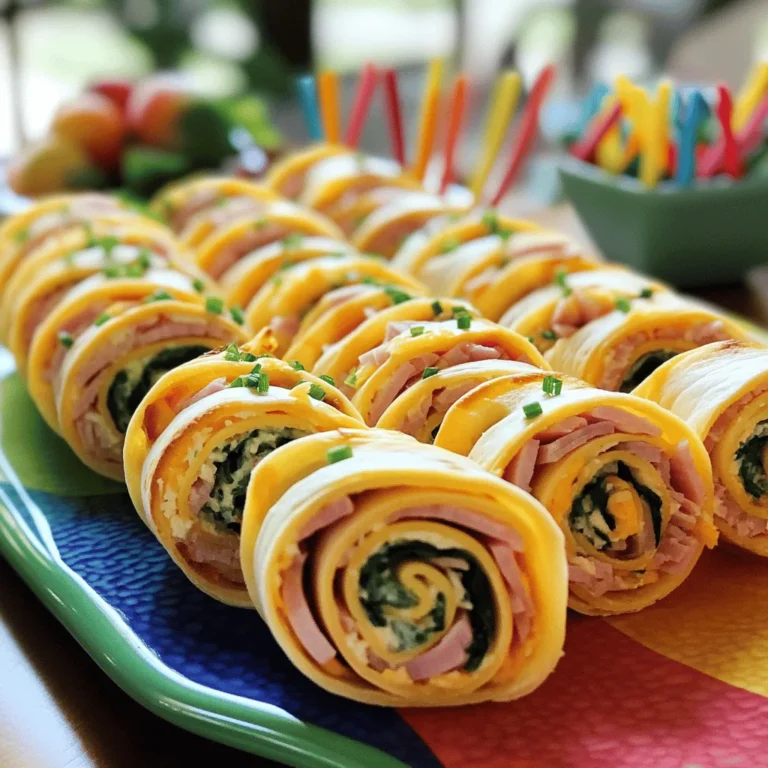 - 4 große Weizentortillas - 225 g Frischkäse, weich gerührt - 1 Esslöffel Dijon-Senf - 8 Scheiben Aufschnittschinken - 1 Tasse geriebener Cheddar-Käse Ich beginne mit den Hauptzutaten, die diesen Snack so lecker machen. Die Weizentortillas sind die perfekte Basis. Sie sind weich und einfach zu rollen. Frischkäse bringt die Cremigkeit, die die Pinwheels zusammenhält. Dijon-Senf fügt einen kleinen Kick hinzu. Schinken und Käse sind die Hauptdarsteller in unserem Rezept. - 1 Tasse frische Babyspinatblätter - 1 Esslöffel frischer Schnittlauch, fein gehackt (optional) Für eine gesunde Note können Sie Babyspinatblätter hinzufügen. Sie bringen Farbe und Frische. Schnittlauch gibt einen feinen Zwiebelgeschmack. Diese Zutaten sind nicht Pflicht, aber sie machen die Pinwheels spannender. - Salz und Pfeffer - Zusätzliche Geschmacksrichtungen Ein bisschen Salz und Pfeffer hebt die Aromen hervor. Sie sollten die Füllung abschmecken, bevor Sie die Tortillas rollen. Wenn Sie mehr Würze mögen, probieren Sie Paprika oder Knoblauchpulver. Diese kleinen Extras machen einen großen Unterschied. Mit diesen Zutaten können Sie die einfachsten und schmackhaftesten Kindgerechte Schinken-Käse-Pinwheels zubereiten. Wenn Sie die vollständige Anleitung und Zubereitung sehen möchten, schauen Sie sich das Rezept an. Um die besten Kid-Friendly Ham and Cheese Pinwheels zu machen, müssen wir zuerst die Zutaten vorbereiten. Hier sind die Schritte: - Frischkäse und Dijon-Senf: In einer Schüssel den weichgerührten Frischkäse und den Dijon-Senf gut vermengen. Rühre, bis alles gut vermischt ist. - Tortillas: Lege vier große Weizentortillas auf eine saubere Arbeitsfläche. Achte darauf, dass sie ganz sind und nicht reißen. Jetzt kommt der spaßige Teil. Du trägst die Füllung auf die Tortillas auf: - Nimm die Frischkäsemischung und verteile sie gleichmäßig auf jede Tortilla. Achte darauf, dass die gesamte Fläche bedeckt ist. - Lege dann zwei Scheiben Aufschnittschinken auf jede Tortilla. - Füge eine Tasse geriebenen Cheddar-Käse hinzu. - Lege eine Tasse frische Babyspinatblätter oben drauf. Optional kannst du auch frischen Schnittlauch darauf streuen. Jetzt rollen wir die Tortillas zu Pinwheels: - Beginne an einem Rand der Tortilla. Rolle sie vorsichtig zu einer festen Log-Form auf. Achte darauf, dass die Füllungen nicht herausfallen. - Verwende eine scharfe Klinge, um die Pinwheels in mundgerechte Stücke von etwa 2,5 bis 4 cm Dicke zu schneiden. Serviere die Pinwheels auf einem Teller. Würze sie nach Belieben mit etwas Salz und Pfeffer. Diese leckeren Snacks sind schnell gemacht und schmecken allen! Das komplette Rezept findest du im [Full Recipe]. Um die Ham und Cheese Pinwheels aufregend zu präsentieren, benutze bunte Zahnstocher. Diese kleinen Akzente machen das Gericht einladend. Stecke einen Zahnstocher in jede Pinwheel-Hälfte. Die Farben bringen Freude und helfen den Kindern, die Stücke leicht zu greifen. Du kannst auch verschiedene Formen benutzen, um das Aussehen zu variieren. Serviere die Pinwheels mit frischen Obststücken oder Gemüsesticks. Diese Beilagen sind lecker und gesund. Äpfel, Karotten oder Gurken machen die Mahlzeit bunter. Kinder lieben es, mit ihren Händen zu essen. Das macht das Essen zu einem lustigen Erlebnis. Du kannst auch einen Dip wie Joghurt oder Hummus anbieten. Wenn du Zutaten übrig hast, sei kreativ. Nutze den restlichen Frischkäse für Dips oder Aufstriche. Die Tortillas kannst du auch für Wraps mit anderem Gemüse verwenden. Schneide die Pinwheels in kleinere Stücke für Snacks. So bleiben die Reste spannend und lecker. {{image_4}} Du kannst mit verschiedenen Käsesorten experimentieren. Gouda oder Mozzarella sind tolle Optionen. Gouda bringt eine süße, nussige Note. Mozzarella sorgt für eine cremige Textur. Beide Käse schmelzen gut und machen die Pinwheels noch leckerer. Probiere, was dir am besten schmeckt! Die Füllungen sind nicht nur auf Schinken und Käse beschränkt. Du kannst auch Gemüse hinzufügen. Paprika, Gurken oder Karotten bringen frische Farben und Crunch. Verschiedene Aufschnittarten wie Putenbrust oder Salami sind ebenfalls klasse. Diese Kombinationen machen die Pinwheels aufregender und gesünder. Wenn du glutenfrei essen möchtest, sind glutenfreie Tortillas eine gute Wahl. Diese Tortillas gibt es in vielen Geschäften. Sie schmecken gut und haben eine ähnliche Textur wie Weizentortillas. So kannst du die Pinwheels ohne Sorge genießen. Egal, welche Variante du wählst, sie werden sicher köstlich! Für das vollständige Rezept, schau dir die Anleitung unter „Full Recipe“ an. Die Pinwheels halten sich im Kühlschrank bis zu drei Tage. Du solltest sie in einem luftdichten Behälter aufbewahren. So bleiben sie frisch und lecker. Wenn du sie zurück in den Kühlschrank legst, schneide die Pinwheels nicht vorher. Das hält sie saftiger. Du kannst die Pinwheels auch einfrieren. Wickel sie einfach einzeln in Frischhaltefolie. So bleiben sie frisch bis zu drei Monate. Um sie aufzutauen, lege sie einfach über Nacht in den Kühlschrank. Du kannst sie auch kurz in der Mikrowelle warm machen. Achte darauf, sie nicht zu lange zu erhitzen, damit der Käse nicht zerlaufen ist. Wenn du Snacks für die Woche planen willst, mach die Pinwheels am Sonntag. Bereite sie vor und lagere sie im Kühlschrank oder im Gefrierfach. So hast du immer einen schnellen Snack bereit. Das spart Zeit und macht das Mittagessen für die Kinder einfacher. Die Pinwheels halten sich bis zu drei Tage im Kühlschrank. Bewahre sie in einem luftdichten Behälter auf. So bleiben sie frisch und lecker. Lege ein Blatt Küchenpapier in den Behälter, um die Feuchtigkeit zu kontrollieren. So werden sie nicht matschig. Wenn du sie länger aufbewahren willst, friere sie ein. Ja, du kannst die Pinwheels ganz einfach vegetarisch machen. Statt Schinken nimmst du einfach mehr Gemüse. Zum Beispiel, Paprika, Gurken oder Avocado passen gut. Du kannst auch Hummus oder Guacamole als Aufstrich verwenden. Diese Füllungen machen die Pinwheels bunt und lecker. Für die Pinwheels passen viele Dips gut. Hier sind einige Vorschläge: - Joghurt-Dip: Mische Joghurt mit Kräutern und etwas Knoblauch. - Salsa: Eine frische Salsa aus Tomaten und Zwiebeln bringt Geschmack. - Guacamole: Der cremige Avocado-Dip ist immer ein Hit. - Käse-Dip: Ein warmer Käse-Dip ist köstlich und macht die Pinwheels noch besser. Du kannst die Dips nach deinem Geschmack anpassen. So wird jede Mahlzeit zu einem neuen Erlebnis. Für das vollständige Rezept schau dir die Full Recipe an. Die Pinwheels sind einfach zuzubereiten und machen immer Spaß. Wir haben die Hauptzutaten wie Weizentortillas, Schinken, Käse und Frischkäse besprochen. Außerdem gibt es tolle Tipps, wie du die Pinwheels schöne anrichten kannst. Egal, ob für Partys oder einfach für einen Snack, die Variationen sind endlos. Probiere verschiedene Käsesorten oder füge Gemüse hinzu. Mach die Pinwheels zu deinem eigenen Rezept. Genieße die Zubereitung und das Teilen mit anderen!