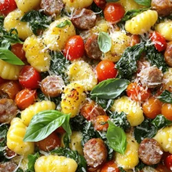 - Gnocchi (450 g, haltbar) - Italienische Wurst (450 g, mild oder scharf, Wursthaut entfernt) - Kirschtomaten (250 g, halbiert) - Rote Paprika (1, gewürfelt) - Frischer Spinat (120 g) - Knoblauch (4 Zehen, gehackt) - Olivenöl (2 Esslöffel) - Italienische Gewürzmischung (1 Teelöffel) - Salz und Pfeffer (nach Geschmack) - Geriebener Parmesan (zum Garnieren) - Frische Basilikumblätter (zum Garnieren) Diese Zutaten bringen viel Geschmack. Die Gnocchi sind der Hauptbestandteil. Sie sind weich und sättigend. Die italienische Wurst sorgt für einen herzhaften Kick. Ich empfehle, die Wursthaut zu entfernen. So vermischt sich der Geschmack besser. Die Kirschtomaten und rote Paprika bringen Frische und Farbe. Der Spinat fügt Vitamine hinzu und wird beim Backen weich. Knoblauch gibt ein tolles Aroma ab. Olivenöl sorgt dafür, dass alles schön brät. Die italienische Gewürzmischung bringt die Aromen zusammen. Salz und Pfeffer sind wichtig für den Geschmack. Parmesan und Basilikum machen das Gericht perfekt. Für das vollständige Rezept und die Zubereitung, schauen Sie sich die [Full Recipe] an. 1. Heize deinen Ofen auf 220°C vor. 2. Verteile die Gnocchi und die Wurst gleichmäßig auf einem Backblech. 3. Füge die halbierten Kirschtomaten und die gewürfelte Paprika hinzu. 1. Träufle das Olivenöl über die Mischung. 2. Streue den gehackten Knoblauch, die italienische Gewürzmischung, Salz und Pfeffer gleichmäßig darüber. 3. Vermenge alles gründlich. Jedes Stück sollte gut mit Öl und Gewürzen bedeckt sein. 1. Backe die Mischung für 20-25 Minuten. 2. Rühre einmal während des Backens um. So wird alles gleichmäßig knusprig. Wenn du mehr über die Zutaten erfahren möchtest, schaue dir das vollständige Rezept an. Um die Wurst perfekt vorzubereiten, entferne die Haut. Teile die Wurst in kleine Stücke. So brät sie gleichmäßig und wird schön knusprig. Achte darauf, die Stücke nicht zu klein zu machen. Sie sollen beim Kochen saftig bleiben. Für die Gnocchi ist das Anbraten wichtig. Verwende etwas Olivenöl in der Pfanne. Dadurch werden die Gnocchi goldbraun und knusprig. Rühre sie vorsichtig um, damit sie gleichmäßig bräunen. So erhältst du eine tolle Textur. Garnieren ist der Schlüssel! Streue frisch geriebenen Parmesan über das Gericht. Der Käse schmilzt leicht und schmeckt köstlich. Füge einige frische Basilikumblätter hinzu. Sie bringen Farbe und Frische ins Essen. Als Beilagen empfehle ich einen einfachen grünen Salat. Er ergänzt die Aromen gut. Ein Stück knuspriges Brot passt ebenfalls perfekt dazu. Es hilft, die leckeren Säfte aufzusaugen. Ein häufiger Fehler ist das Überbacken der Gnocchi. Überprüfe die Farbe regelmäßig. Wenn sie zu dunkel werden, nimm das Blech sofort heraus. So bleiben sie zart und lecker. Ein weiterer Fehler ist die Verwendung von zu wenigen Gewürzen. Die italienische Gewürzmischung bringt viel Geschmack. Achte darauf, genug Salz und Pfeffer hinzuzufügen. Das hebt die Aromen des Gerichts hervor. {{image_4}} Wenn Sie die Zutaten anpassen möchten, gibt es viele Möglichkeiten. Sie können vegetarische Wurst verwenden. Diese schmeckt gut und ist gesund. Auch alternative Kräuter bringen Frische in das Gericht. Probieren Sie Basilikum oder Oregano für mehr Geschmack. Saisonales Gemüse ist auch eine tolle Idee. Zucchini, Spargel oder Brokkoli passen gut zu Gnocchi und Wurst. Diese Gemüse geben Farbe und Nährstoffe. Um das Rezept zu variieren, können Sie verschiedene Geschmäcker ausprobieren. Mögen Sie es scharf? Dann nehmen Sie scharfe Wurst. Dies gibt dem Gericht einen tollen Kick. Für ein milderes Gericht verwenden Sie milde Wurst. Auch die Käsesorten können variieren. Parmesan ist klassisch, aber auch Mozzarella oder Feta machen das Gericht spannend. Experimentieren Sie mit verschiedenen Käsesorten für neue Geschmackserlebnisse. Wenn Sie die Zubereitung ändern möchten, können Sie eine Pfanne verwenden. Eine Pfanne gibt Ihnen mehr Kontrolle über die Garzeit. Achten Sie darauf, die Kochzeit anzupassen. Unterschiedliche Öfen können anders backen. Überprüfen Sie die Gnocchi und Wurst regelmäßig. So stellen Sie sicher, dass alles perfekt gegart ist. Für das beste Ergebnis folgen Sie dem [Full Recipe]. Lassen Sie die Reste abkühlen. Füllen Sie sie in luftdichte Behälter. So bleibt alles frisch. Lagern Sie die Behälter im Kühlschrank. Das schützt die Aromen und die Qualität. Bewahren Sie die Reste im Kühlschrank auf. Sie sind dort maximal 3 Tage gut. Wenn Sie länger aufbewahren möchten, frieren Sie sie ein. Das frieren hält die Gnocchi und Wurst länger frisch. Um die Reste aufzuwärmen, nutzen Sie den Ofen oder die Mikrowelle. Beide Methoden funktionieren gut. Reste können Sie mit frischem Gemüse aufpeppen. Das bringt neuen Geschmack und Frische. Probieren Sie es aus! Wenn Sie mehr über das Rezept erfahren wollen, schauen Sie sich die Full Recipe an. Gnocchi mit Wurst sind schon sehr sättigend. Trotzdem gibt es tolle Beilagen. Ich empfehle einen frischen grünen Salat. Ein einfacher Rucola- oder Spinatsalat passt gut. Fügen Sie ein leichtes Dressing hinzu. Auch ein knuspriges Brot ist ideal. Focaccia oder Ciabatta sind großartige Optionen. Diese Beilagen ergänzen das Gericht gut und runden das Essen ab. Ja, das ist möglich! Verwenden Sie vegane Gnocchi, die keine Eier enthalten. Ersetzen Sie die italienische Wurst durch eine pflanzliche Alternative. Tofu oder Seitan sind gute Optionen. Für den Käse können Sie Hefeflocken oder veganen Parmesan verwenden. Achten Sie darauf, frisches Gemüse zu verwenden. So bleibt das Gericht lecker und gesund. Um die Zubereitungszeit zu verkürzen, bereiten Sie alles im Voraus vor. Schneiden Sie das Gemüse vorher. So müssen Sie beim Kochen weniger Zeit investieren. Außerdem können Sie die Gnocchi und Wurst schon am Vortag marinieren. Das spart Zeit und intensiviert den Geschmack. Nutzen Sie einen großen Backblech, um alles gleichzeitig zu garen. Gnocchi sind eine italienische Spezialität. Sie haben ihren Ursprung in Norditalien. Historisch gesehen wurden sie aus Brot oder Teig hergestellt. Heute bestehen Gnocchi meist aus Kartoffeln und Mehl. Diese kleinen Teigstückchen sind sehr beliebt. Sie sind einfach zuzubereiten und bieten viele Variationen. Gnocchi sind ein fester Bestandteil der italienischen Küche. Sie finden sie in vielen traditionellen Gerichten, die oft mit verschiedenen Saucen serviert werden. Dieses Rezept für Gnocchi mit Wurst bietet ein einfaches und schmackhaftes Gericht. Wir haben die Zutaten wie Wurst, Tomaten und Spinat und die Schritte zum Backen besprochen. Denk an die Tipps, um Fehler zu vermeiden und deine Gnocchi perfekt zuzubereiten. Du kannst die Zutaten nach deinem Geschmack anpassen. Bewahre die Reste richtig auf, um sie später zu genießen. Jetzt bist du bereit, dieses Gericht auszuprobieren und zu variieren. Viel Spaß beim Kochen und guten Appetit!