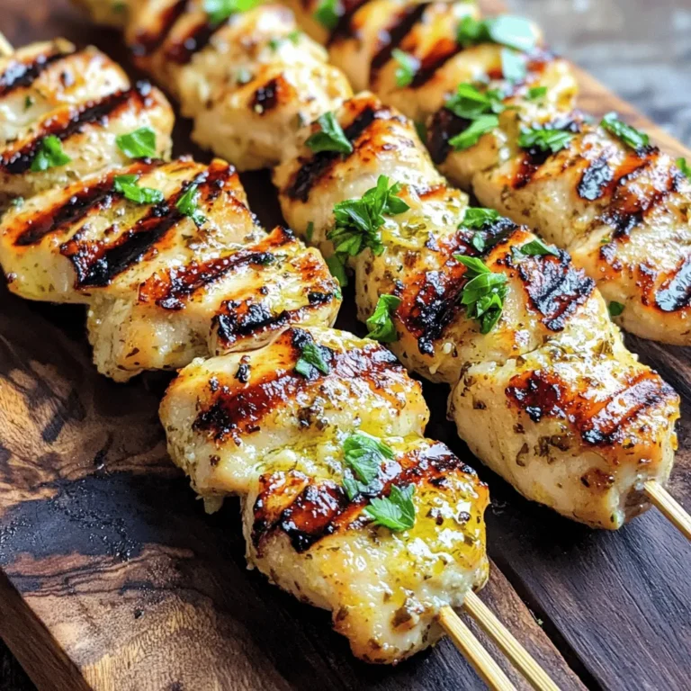 Für die Knoblauch Parmesan Hähnchenspieße brauchst du frische Zutaten. Hier ist eine Liste: - 450 g Hähnchenbrust, in 2,5 cm große Würfel geschnitten - 3 Esslöffel Olivenöl - 4 Knoblauchzehen, fein gehackt - 120 g geriebener Parmesan - 1 Teelöffel getrockneter Oregano - 1 Teelöffel Paprika (geräuchert oder süß) - 1/2 Teelöffel schwarzer Pfeffer - 1/2 Teelöffel Salz - Frische Petersilie, gehackt (zum Garnieren) - Spieße (aus Holz oder Metall) Diese Zutaten sorgen für viel Geschmack und Textur. Das Hähnchen wird zart und saftig. Die Marinade ist der Schlüssel zu gutem Geschmack. Du mischst Olivenöl, Knoblauch, Parmesan, Oregano, Paprika, Pfeffer, und Salz. Achte darauf, alles gut zu vermengen. Die Marinade gibt deinem Hähnchen ein tolles Aroma. Marinieren hilft, die Aromen tief in das Fleisch eindringen zu lassen. Hier sind die Utensilien, die du brauchst: - Eine große Rührschüssel - Grill oder Grillpfanne - Grillmatte oder Öl zum Einfetten - Holz- oder Metallspieße - Frischhaltefolie Mit diesen Werkzeugen kannst du die Hähnchenspieße einfach und schnell zubereiten. Wenn du alle Zutaten und Utensilien bereit hast, bist du bereit für das Kochen. Probiere auch die [Full Recipe] für alle Details! Um den besten Geschmack zu erhalten, marinieren wir das Hähnchen. Du nimmst eine große Schüssel und gibst das Olivenöl, den fein gehackten Knoblauch, den geriebenen Parmesan, Oregano, Paprika, schwarzen Pfeffer und Salz hinein. Rühre alles gut um, bis eine glatte Marinade entsteht. Jetzt kommen die Hähnchenwürfel dazu. Achte darauf, dass sie gut mit der Marinade bedeckt sind. Decke die Schüssel mit Frischhaltefolie ab. Lass das Hähnchen mindestens 30 Minuten oder bis zu 2 Stunden im Kühlschrank. Das macht das Hähnchen zart und geschmackvoll. Während das Hähnchen mariniert, bereite die Spieße vor. Nimm deine Holz- oder Metallspieße und stecke die marinierten Hähnchenwürfel auf. Lass zwischen den Stücken etwas Platz. So garen sie gleichmäßig und bekommen schöne Grillstreifen. Wenn du Holzspieße verwendest, weiche sie vorher in Wasser ein. Das verhindert, dass sie beim Grillen anbrennen. Heize deinen Grill oder eine Grillpfanne auf mittelhohe Hitze vor. Benutze eine Grillmatte oder etwas Öl, damit das Hähnchen nicht kleben bleibt. Sobald der Grill heiß ist, lege die Spieße darauf. Grill die Hähnchenspieße etwa 10-12 Minuten lang. Wende sie regelmäßig, damit sie gleichmäßig garen. Wenn das Hähnchen schön gebräunt ist, nimm die Spieße vom Grill. Lass sie ein paar Minuten ruhen. Das hilft, die Säfte im Hähnchen zu halten. Vor dem Servieren kannst du die Spieße mit frischer, gehackter Petersilie garnieren. So sieht es toll aus und schmeckt frisch! Um den besten Geschmack zu erzielen, marinieren Sie die Hähnchenwürfel mindestens 30 Minuten. Für noch mehr Geschmack empfehle ich, sie bis zu 2 Stunden im Kühlschrank zu lassen. So kann das Hähnchen die Aromen gut aufnehmen. Probieren Sie verschiedene Zeiten aus, um herauszufinden, was Ihnen am besten gefällt. Der Schlüssel für saftiges Hähnchen liegt in der Grilltechnik. Stellen Sie sicher, dass der Grill heiß ist, bevor Sie die Spieße auflegen. Wenden Sie die Spieße regelmäßig, damit sie gleichmäßig garen. Nutzen Sie eine Grillmatte oder etwas Öl, damit das Hähnchen nicht kleben bleibt. Dies hilft, die Säfte im Hähnchen zu bewahren und gibt Ihnen zarte Stücke. Ein häufiger Fehler ist, dass Hähnchen zu lange auf dem Grill bleibt. Achten Sie darauf, die Spieße nach 10-12 Minuten zu überprüfen. Ein weiteres Problem ist das Überladen der Spieße. Lassen Sie genug Platz zwischen den Hähnchenstücken, damit die Hitze gut zirkulieren kann. Vermeiden Sie auch, die Marinade wegzuwerfen. Sie können sie nach dem Grillen als Sauce verwenden, wenn Sie sie vorher abkochen. Für die genauen Schritte und Zutaten schauen Sie sich das vollständige Rezept für Knoblauch Parmesan Hähnchenspieße an. {{image_4}} Wenn Sie eine vegetarische Variante der Knoblauch Parmesan Hähnchenspieße suchen, probieren Sie Gemüse. Zucchini, Paprika und Champignons eignen sich gut. Schneiden Sie das Gemüse in Stücke, die ähnlich groß sind wie die Hähnchenstücke. Marinieren Sie das Gemüse in der gleichen Mischung aus Olivenöl, Knoblauch und Parmesan. Grillen Sie die Spieße für etwa 8-10 Minuten. Das Gemüse wird zart und nimmt die Aromen auf. Es gibt viele Alternativen zu Hähnchen. Tofu ist eine gute Wahl für eine proteinreiche Option. Wählen Sie festen Tofu und schneiden Sie ihn in Würfel. Marinieren Sie ihn wie das Hähnchen. Auch Garnelen sind eine köstliche Option. Sie benötigen weniger Zeit zum Grillen, etwa 5-7 Minuten. Sie erhalten einen leckeren Geschmack, der gut zu Knoblauch und Parmesan passt. Experimentieren Sie mit verschiedenen Gewürzen, um neuen Geschmack zu entdecken. Fügen Sie italienische Kräuter wie Basilikum oder Thymian hinzu. Für einen schärferen Kick können Sie Chiliflocken oder Cayennepfeffer verwenden. Wenn Sie einen rauchigen Geschmack mögen, probieren Sie geräucherten Paprika. Jede Kombination bringt eine spezielle Note in die Spieße und macht sie einzigartig. Finden Sie die Mischung, die Ihnen am besten gefällt, und genießen Sie die Vielfalt. Wenn Sie das vollständige Rezept sehen möchten, schauen Sie sich die Details für Knoblauch Parmesan Hähnchenspieße an. Um die Reste deiner Knoblauch Parmesan Hähnchenspieße frisch zu halten, lege sie in einen luftdichten Behälter. So bleibt der Geschmack erhalten. Stelle sicher, dass die Spieße abgekühlt sind, bevor du sie verpackst. Wenn du sie in den Kühlschrank stellst, kannst du sie bis zu drei Tage genießen. Im Kühlschrank halten sich die Hähnchenspieße drei Tage. Wenn du sie länger aufbewahren möchtest, friere sie ein. In einem gefrierfesten Behälter halten sie bis zu drei Monate. Achte darauf, die Spieße gut zu verpacken, um Gefrierbrand zu vermeiden. Zum Aufwärmen der Hähnchenspieße ist die Pfanne ideal. Erhitze sie bei mittlerer Hitze, damit sie gleichmäßig warm werden. Du kannst auch den Ofen nutzen. Lege die Spieße auf ein Backblech und erhitze sie bei 180 Grad Celsius für etwa 10-15 Minuten. So bleiben sie saftig und lecker. Die Hähnchenspieße sollten mindestens 30 Minuten marinieren. Das gibt dem Hähnchen Zeit, die Aromen aufzunehmen. Wenn du mehr Zeit hast, lasse sie bis zu 2 Stunden marinieren. So wird das Hähnchen noch zarter und geschmackvoller. Ich empfehle, die Spieße im Kühlschrank zu marinieren, um die Frische zu bewahren. Ja, die Spieße können auch im Ofen gebacken werden. Heize den Ofen auf 200 Grad Celsius vor. Lege die Spieße auf ein Backblech mit Backpapier. Backe sie für etwa 15-20 Minuten. Drehe sie nach der Hälfte der Zeit um, damit sie gleichmäßig garen. So hast du leckere Knoblauch Parmesan Hähnchenspieße, auch ohne Grill. Zu den Knoblauch Parmesan Hähnchenspießen passen viele Beilagen gut. Hier sind einige meiner Favoriten: - Gegrilltes Gemüse - Knoblauchbrot - Kartoffelsalat - Frischer grüner Salat - Reis oder Quinoa Diese Beilagen ergänzen den Geschmack der Spieße perfekt und machen dein Gericht rundum lecker. Für das beste Ergebnis, probiere sie alle aus! Weitere Rezepte kannst du im [Full Recipe] finden. Die Knoblauch Parmesan Hähnchenspieße sind einfach und lecker. Du hast gelernt, welche Zutaten und Gewürze du brauchst. Wir haben die Schritte zum Marinieren und Grillen besprochen. Denk daran, die Tipps zu beachten, um Fehler zu vermeiden und das Hähnchen saftig zu halten. Du kannst auch Variationen ausprobieren, zum Beispiel vegetarische Optionen. Reste sind leicht zu lagern und aufzuwärmen. Mit diesen Ideen bereitest du schnell köstliche Spieße für jeden Anlass vor. Genieß das Kochen und lass dein Essen glänzen!