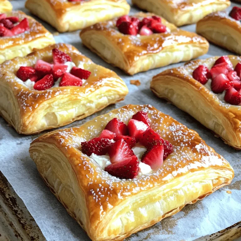 Um dieses leckere Rezept zu machen, brauchst du folgende Hauptzutaten: - 1 Paket gekühlter Blätterteig (2 Blätter) - 225 g Frischkäse, weich gemacht - 40 g Puderzucker - 1 TL Vanilleextrakt - 250 g frische Erdbeeren, gewürfelt - 1 Ei, verquirlt (für die Ei-Waschung) - 1 EL Milch (optional, für zusätzlichen Glanz) - Extra Puderzucker zum Bestäuben Diese Zutaten sind einfach zu finden. Du bekommst sie in jedem Supermarkt. Wenn du etwas Kreativität hinzufügen möchtest, kannst du diese Zutaten verwenden: - Andere Beeren wie Himbeeren oder Blaubeeren - Nüsse oder Mandeln für einen Crunch - Eine Prise Zimt für einen warmen Geschmack Diese Zutaten bringen neue Aromen. Experimentiere und finde deine Lieblingskombination! Frischkäse ist in jedem Supermarkt erhältlich. Du kannst ihn oft in Kühlregalen finden. Achte darauf, dass er weich gemacht ist. So lässt er sich gut vermischen. Der Blätterteig ist gefroren und muss vor der Verwendung aufgetaut werden. Es ist wichtig, ihn vor dem Backen gut auszurollen. Erdbeeren sind am besten frisch. Wähle reife, süße Erdbeeren für den besten Geschmack. Für die Zubereitung und das Backen schau dir das Full Recipe an. So kannst du sicherstellen, dass alles perfekt gelingt! Zuerst heizen Sie Ihren Ofen auf 200 °C vor. Dies ist wichtig, um die Dänischen knusprig zu machen. Bereiten Sie ein Backblech vor, indem Sie es mit Backpapier auslegen. Nehmen Sie dann das Paket mit dem Blätterteig. Tauchen Sie die Blätterteigblätter gemäß den Anweisungen auf. Rollen Sie sie danach auf einer leicht bemehlten Fläche aus. Achten Sie darauf, eine gleichmäßige Dicke zu haben. Schneiden Sie die Blätter in Quadrate von etwa 10x10 cm. So erhalten Sie 6 bis 8 Stücke. In einer großen Schüssel geben Sie den weichen Frischkäse. Fügen Sie den Puderzucker und den Vanilleextrakt hinzu. Mischen Sie alles, bis die Füllung glatt ist. Nehmen Sie etwa 2 Esslöffel dieser Mischung und geben Sie sie in die Mitte jedes Blätterteigquadrats. Dann löffeln Sie einige gewürfelte Erdbeeren auf die Füllung. Falten Sie nun die Ecken des Teigs über die Füllung. Drücken Sie die Ränder gut zusammen, um sie zu versiegeln. Alternativ können Sie die Dänischen offen lassen, um einen rustikalen Look zu erzielen. Bestreichen Sie die Oberseiten der Dänischen mit dem verquirlten Ei. Wenn Sie möchten, können Sie einen Spritzer Milch hinzufügen. Das gibt einen schönen Glanz. Jetzt sind die Dänischen bereit für den Ofen. Backen Sie sie für 15 bis 20 Minuten, bis sie goldbraun sind. Nehmen Sie sie nach dem Backen heraus und lassen Sie sie kurz abkühlen. Bestäuben Sie die Dänischen dann mit extra Puderzucker. Servieren Sie sie auf einem schönen Teller. Fügen Sie frische Erdbeeren und vielleicht ein Minzblatt hinzu. So sieht alles noch schöner aus. Ein häufiger Fehler ist, den Blätterteig zu lange aufzutauen. Dies kann dazu führen, dass der Teig klebrig wird. Achte darauf, ihn nur so lange aufzutauen, wie es die Packung sagt. Ein weiterer Fehler ist, die Füllung zu überfüllen. Zu viel Füllung lässt die Dänischen beim Backen auslaufen. Verwende daher nur zwei Esslöffel der Frischkäsemischung in der Mitte jedes Quadrats. Für den besten Blätterteig solltest du ihn gut ausrollen. Ein leicht bemehlter Arbeitsplatz hilft, damit er nicht kleben bleibt. Achte darauf, die Ränder beim Falten gut zu drücken, damit sie sich schließen. So bleibt die Füllung drin. Wenn du die Dänischen mit Eigelb bestreichst, erhältst du eine schöne goldene Farbe. Überlege, einen Spritzer Milch hinzuzufügen, um den Glanz zu verstärken. Die Dänischen schmecken frisch am besten. Wenn du Reste hast, lege sie in einen luftdichten Behälter. So bleiben sie weich. Du kannst sie bis zu zwei Tage im Kühlschrank aufbewahren. Wenn du sie aufwärmen möchtest, mache das im Ofen für fünf bis zehn Minuten bei 180 °C. So werden sie wieder knusprig. Serviere die Dänischen warm mit einem zusätzlichen Staub Puderzucker für einen tollen Look. Für das vollständige Rezept, schau dir die Anleitung unter [Full Recipe] an. {{image_4}} Für diese Dänischen kann man gut andere Früchte nutzen. Äpfel, Himbeeren oder Pfirsiche sind tolle Alternativen. Schneide die Früchte klein und mische sie mit dem Frischkäse. Wenn du es herzhaft magst, versuche Feta oder Ricotta. Diese Käsesorten geben einen neuen Geschmack und sind lecker. Du kannst glutenfreie Blätterteigprodukte kaufen. Achte darauf, dass sie wirklich glutenfrei sind. Für die Füllung nutze veganen Frischkäse. Er schmeckt fast gleich. Du kannst auch pflanzliche Milch verwenden. So machst du eine vegane Version, die allen schmeckt! Nutze saisonale Früchte für deine Dänischen. Im Sommer sind Beeren großartig, im Herbst Äpfel und im Winter kann man auch Mandarinen verwenden. Füge etwas Zimt oder Muskatnuss hinzu, um den Geschmack zu verändern. Das macht deine Dänischen besonders und frisch! Wenn du mehr Ideen brauchst, schaue dir das [Full Recipe] an. Um die frisch gebackenen Dänischen richtig zu lagern, lassen Sie sie zuerst vollständig abkühlen. Legen Sie sie dann in einen luftdichten Behälter. Wenn Sie die Dänischen länger aufbewahren möchten, können Sie sie auch einfrieren. Wickeln Sie jede Dänische in Frischhaltefolie und legen Sie sie in einen Gefrierbeutel. So bleiben sie frisch und lecker. Im Kühlschrank halten die Dänischen etwa drei bis vier Tage. Achten Sie darauf, dass der Behälter gut verschlossen ist. Wenn Sie die Dänischen länger aufheben möchten, ist das Einfrieren die bessere Option. Das hilft, ihre Frische und ihren Geschmack zu bewahren. Um die Dänischen aufzuwärmen, heizen Sie den Ofen auf 180 °C (350 °F) vor. Legen Sie die Dänischen auf ein Backblech und backen Sie sie für etwa 5 bis 10 Minuten. So werden sie wieder knusprig und warm. Wenn Sie es eilig haben, können Sie auch die Mikrowelle nutzen. Stellen Sie sie jedoch kurz ein, um die Textur zu erhalten. Die Zubereitung dauert insgesamt etwa 35 Minuten. Die Vorbereitungszeit ist 15 Minuten. Das Backen braucht 15 bis 20 Minuten. In dieser Zeit können Sie die Küche aufräumen oder den Tisch decken. So haben Sie alles bereit, wenn die Dänischen fertig sind. Ja, Sie können gefrorene Erdbeeren verwenden. Achten Sie jedoch darauf, sie vorher aufzutauen. Drücken Sie das überschüssige Wasser aus, damit der Teig nicht durchweicht. Dies hilft, die Dänischen knusprig zu halten. Gefrorene Erdbeeren sind eine gute Alternative, wenn frische nicht verfügbar sind. Zu den Dänischen passen viele leckere Beilagen. Hier sind einige Ideen: - Frischer Minzblätter für einen frischen Geschmack - Schlagsahne für einen cremigen Kontrast - Eine Tasse Kaffee oder Tee für das perfekte Frühstück - Ein leichter Obstsalat für mehr Frische Diese Beilagen machen Ihr Gericht noch bunter und schmackhafter. Der Easy Strawberry Cream Cheese Danish ist eine köstliche und einfache Option. Wir haben die Hauptzutaten und einige zusätzliche Optionen besprochen. Auch die Schritt-für-Schritt-Anleitung hilft dir beim Backen und Präsentieren. Zudem haben wir Tipps gegeben, um Fehler zu vermeiden und den perfekten Blätterteig zu erreichen. Variationen, wie glutenfreie Optionen und saisonale Füllungen, bieten Vielfalt. Denk daran, die Dänischen richtig aufzubewahren und aufzuwärmen, damit sie frisch bleiben. Mit diesen Informationen bist du bereit für dein eigenes Backabenteuer!