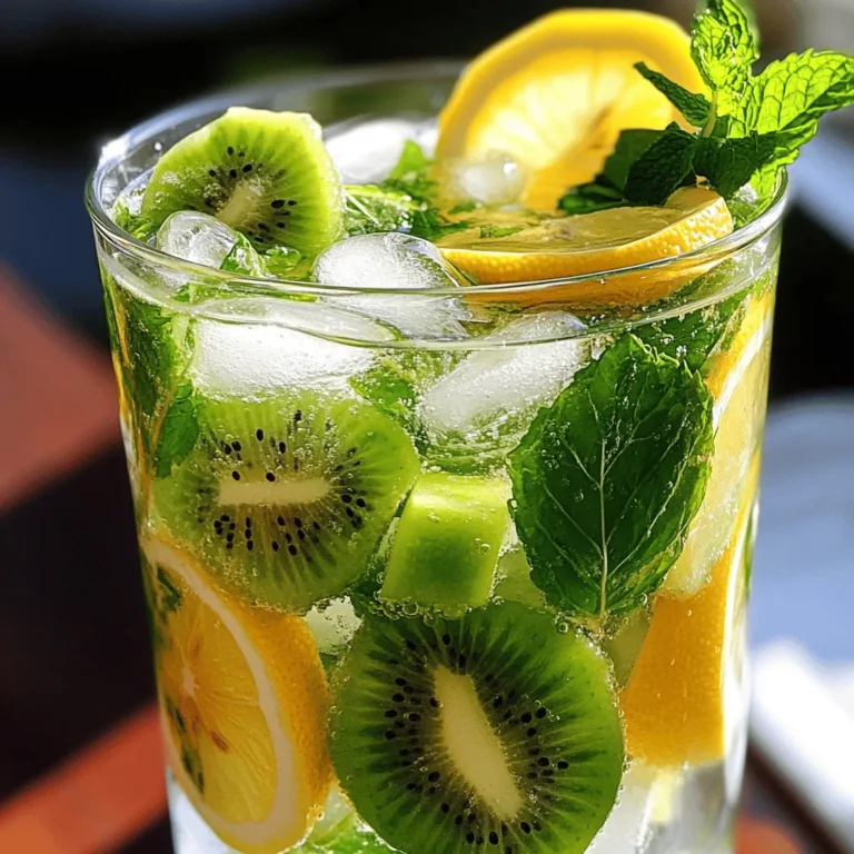 Für einen erfrischenden Kiwi Lemon Mojito brauchst du folgende Zutaten: - 2 reife Kiwis, geschält und gewürfelt - 1 mittelgroße Zitrone, ausgepresst - 10 frische Minzblätter - 2 Esslöffel Honig oder Agavensirup - 1 Tasse Sprudelwasser - Eiswürfel - Zitronenscheiben und Kiwischeiben zum Garnieren Die Mengen sind perfekt für zwei Portionen. Für mehr Gäste kannst du die Zutaten einfach verdoppeln. Wenn du keinen Honig magst, probiere Agavensirup. Er hat einen milden Geschmack und löst sich gut. Verwende frische Minze für den besten Geschmack. Getrocknete Minze passt nicht gut. Achte beim Kauf der Kiwis auf ihre Reife. Sie sollten weich sein, aber nicht matschig. Wähle auch eine saftige Zitrone. Ein frischer Zitronensaft macht den Mojito viel besser. Minzblätter sollten grün und duftend sein. Vermeide welke Blätter, da sie den Geschmack mindern. Das Sprudelwasser sollte frisch sein, um die Spritzigkeit zu bewahren. Für das beste Ergebnis, achte auf Qualität. Diese Zutaten machen jeden Schluck frisch und fruchtig. Du kannst das vollständige Rezept hier finden: [Full Recipe]. Um einen Kiwi Lemon Mojito zu machen, beginne mit den Kiwis. Du brauchst zwei reife Kiwis. Schäle sie und schneide sie in kleine Stücke. Nimm auch zehn frische Minzblätter. Diese geben dem Getränk einen tollen Geschmack. Nimm einen Cocktailshaker oder ein großes Glas. Gib die Kiwistücke und die Minze hinein. Zerstoße die Mischung gut mit einem Stößel. So wird die Minze frisch und die Kiwis saftig. Jetzt kommt der Zitronensaft. Presse eine mittelgroße Zitrone aus. Füge den Saft zu der Kiwi-Minze-Mischung hinzu. Gib dann zwei Esslöffel Honig oder Agavensirup dazu. Rühre gut um. So löst sich der Honig auf. Fülle das Glas mit Eiswürfeln. Danach gieße eine Tasse Sprudelwasser hinein. Rühre sanft, damit der Sprudel nicht entweicht. Achte darauf, die Kiwis gut zu zerdrücken. Das bringt den vollen Geschmack. Verwende frische Minze, damit das Getränk aromatisch bleibt. Die Mischung aus Zitronensaft und Honig sollte süß und frisch schmecken. Probiere den Mojito, bevor du ihn servierst. Passe die Süße an, falls nötig. Verwende Eiswürfel, die nicht schmelzen. So bleibt dein Mojito kühl. Du kannst auch gefrorene Kiwis verwenden. Diese kühlen das Getränk und geben zusätzlichen Geschmack. Garnituren machen den Mojito schön. Nutze Zitronen- und Kiwischeiben sowie frische Minzblätter. Sie machen das Getränk ansprechend und lecker. Für die genaue Anleitung kannst du das Full Recipe ansehen. Um den perfekten Kiwi Lemon Mojito zu machen, achte auf frische Zutaten. Reife Kiwis geben den besten Geschmack. Wähle eine saftige Zitrone für mehr Frische. Zerstoße die Minzblätter sanft, aber nicht zu stark. Du willst die Öle freisetzen, aber die Blätter nicht zerreißen. Fülle dein Glas mit Eis, bevor du das Sprudelwasser hinzufügst. Das hält deinen Cocktail kühl und spritzig. Ein häufiger Fehler ist, die Zutaten zu stark zu mixen. Das kann den Mojito bitter machen. Verwende keinen zu süßen Sirup; Honig ist eine gute Wahl. Achte darauf, die Süße nach dem Mischen zu probieren. Ein weiterer Fehler ist, den Mojito zu lange stehen zu lassen. Serviere ihn sofort für den besten Genuss. Du kannst den Mojito leicht anpassen. Experimentiere mit anderen Früchten wie Erdbeeren oder Ananas. Diese Früchte bringen neue Geschmäcker ins Spiel. Wenn du es weniger süß magst, reduziere den Honig. Ein Spritzer Limettensaft gibt dem Mojito eine extra Frische. Probiere auch verschiedene Kräuter wie Basilikum oder Rosmarin. So wird jeder Mojito einzigartig. Für die vollständige Anleitung, siehe das [Full Recipe]. {{image_4}} Du kannst viele Früchte für deinen Kiwi Lemon Mojito verwenden. Erdbeeren, Himbeeren oder Pfirsiche sind tolle Optionen. Diese Früchte bringen ihre eigene Süße und Frische. Probiere, sie zusammen mit Kiwis zu mischen. So erhältst du eine fruchtige Explosion. Du wirst die neue Kombination lieben! Wenn du eine alkoholfreie Variante möchtest, ist das einfach. Lass einfach das Sprudelwasser weg oder ersetze es durch Limonade. So bleibt der frische Geschmack. Du kannst auch noch mehr frische Minze hinzufügen. Dies gibt dem Getränk einen tollen Kick. Es ist perfekt für Kinder oder jeden, der keinen Alkohol möchte. Im Sommer sind frische Früchte am besten. Du kannst zum Beispiel Wassermelonenstücke hinzufügen. Diese machen deinen Mojito noch erfrischender. Im Winter kannst du Granatapfelkerne verwenden. Sie sehen toll aus und schmecken großartig. So passt dein Mojito zu jeder Jahreszeit. Für die genaue Zubereitung, schau dir das Full Recipe an. Der Kiwi Lemon Mojito schmeckt am besten frisch. Trinken Sie ihn sofort nach der Zubereitung. Die Aromen sind dann am intensivsten. Wenn Sie ihn länger stehen lassen, verlieren die Minze und Kiwi ihre Frische. Genießen Sie ihn an warmen Tagen oder zu besonderen Anlässen. Falls Sie Reste haben, lagern Sie sie im Kühlschrank. Verwenden Sie ein luftdichtes Glas, um den Mojito frisch zu halten. Er bleibt so etwa 1 Tag lang genießbar. Nach dieser Zeit kann der Geschmack fade werden. Schütteln Sie das Glas vor dem Servieren, um die Aromen wieder zu aktivieren. Bereiten Sie die Kiwis und den Zitronensaft schon vorher vor. So sparen Sie Zeit, wenn Gäste kommen. Sie können die Minzblätter auch ein paar Stunden im Voraus zerstoßen. Lagern Sie alles getrennt im Kühlschrank, bis Sie bereit sind, den Mojito zu mixen. Das Minimiert auch die Vorbereitungszeit. Ein Kiwi Lemon Mojito hat etwa 100 Kalorien pro Portion. Diese Zahl kann variieren, je nach der Menge an Honig oder Agavensirup. Wenn du weniger Süße magst, kannst du die Kalorien noch mehr senken. Frische Zutaten wie Kiwis und Zitronen sorgen für einen gesunden Genuss. Ja, du kannst den Honig leicht ersetzen. Agavensirup ist eine beliebte Option. Auch einfacher Zucker oder Stevia funktionieren gut. Wenn du einen anderen Geschmack willst, probiere einen Sirup mit Aroma. Honig gibt dem Mojito jedoch eine besondere Note, die gut passt. Zu einem Kiwi Lemon Mojito passen leichte Snacks perfekt. Frische Obstspieße mit Trauben, Ananas oder Erdbeeren sind ideal. Du kannst auch Chips mit Guacamole oder Hummus servieren. Diese Snacks sind lecker und ergänzen den frischen Geschmack des Mojitos. Der Kiwi Lemon Mojito ist ein erfrischendes Getränk, das leicht zuzubereiten ist. In diesem Artikel haben wir die Zutaten, die Zubereitung und wertvolle Tipps besprochen. Du lernst, wie du häufige Fehler vermeidest und deinen Mojito nach deinem Geschmack anpasst. Variationen mit anderen Früchten bieten dir viele Möglichkeiten. Achte auf die Lagerung und genieße ihn frisch! Nutze die Informationen aus diesem Artikel, um deinen perfekten Mojito zu mixen. Viel Spaß und Prost!