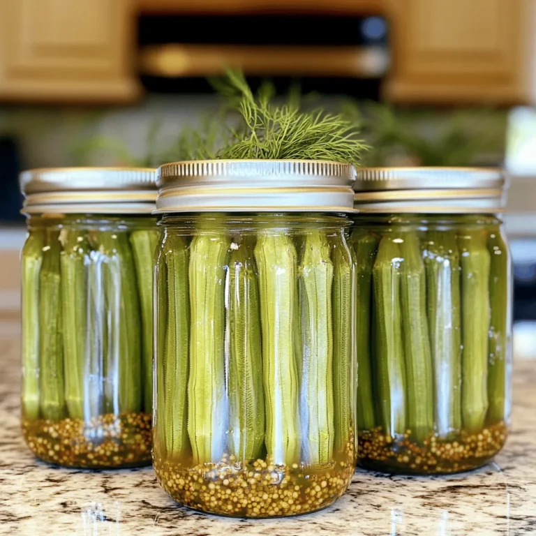 Für die perfekte eingelegte Okra sind einige Hauptzutaten wichtig. Sie brauchen: - 450 g frische Okra, gewaschen und geputzt - 500 ml destillierter weißer Essig - 250 ml Wasser - 3 Esslöffel koscheres Salz - 2 Esslöffel Kristallzucker - 4 Knoblauchzehen, geschält - 1 Esslöffel Senfkörner - 1 Esslöffel Koriandersamen - 1 Teelöffel rote Pfefferflocken (nach Geschmack anpassen) - 1 Teelöffel schwarze Pfefferkörner - Frische Dillzweige (optional, für zusätzlichen Geschmack) Diese Zutaten sorgen für einen tollen Geschmack und die richtige Textur. Einige Zutaten können das Aroma der eingelegten Okra verstärken. Überlegen Sie, Dill oder Lorbeerblätter hinzuzufügen. Auch einige geröstete Gewürze können den Geschmack intensivieren. Experimentieren Sie gerne mit verschiedenen Zutaten! Die angegebenen Mengen reichen für vier Pint-Gläser. Wenn Sie mehr oder weniger machen möchten, passen Sie die Zutaten einfach an. Sie können auch andere Gemüsesorten probieren oder die Gewürze ändern. Zum Beispiel, fügen Sie mehr Pfefferflocken für eine schärfere Note hinzu. Mit diesen Tipps, können Sie Ihre eigene Variante der eingelegten Okra kreieren. Für das vollständige Rezept, schauen Sie sich die [Full Recipe] an. Zuerst müssen wir die Gläser und die Zutaten bereitstellen. Nehmen Sie vier saubere Gläser mit Deckeln. Sterilisieren Sie die Gläser, indem Sie sie 10 Minuten in kochendes Wasser legen. Lassen Sie sie danach abkühlen. Es ist wichtig, dass alle Utensilien sauber sind. Dies hilft, die Okra frisch zu halten. Stellen Sie sicher, dass Sie alle Zutaten bereit haben. Sie benötigen frische Okra, Essig, Wasser, Salz, Zucker und Gewürze. Halten Sie auch frische Dillzweige bereit, wenn Sie möchten. Nun kommt die Einlegeflüssigkeit. In einem mittelgroßen Topf geben Sie 500 ml Essig und 250 ml Wasser. Fügen Sie 3 Esslöffel koscheres Salz und 2 Esslöffel Zucker hinzu. Erhitzen Sie die Mischung bei mittlerer Hitze. Rühren Sie ständig um, bis sich Salz und Zucker auflösen. Lassen Sie die Mischung aufkochen. Wenn sie kocht, nehmen Sie den Topf vom Herd und stellen ihn beiseite. Die Flüssigkeit muss heiß sein, wenn Sie die Okra einlegen. Jetzt geht es ans Einlegen! In jedes Glas geben Sie eine geschälte Knoblauchzehe. Fügen Sie 1 Esslöffel Senfkörner, ¼ Esslöffel Koriandersamen, ¼ Teelöffel rote Pfefferflocken und ¼ Teelöffel schwarze Pfefferkörner hinzu. Wenn Sie Dill verwenden, legen Sie ein paar Zweige dazu. Packen Sie die Okra senkrecht in die Gläser. Lassen Sie etwa 1,5 cm Platz bis zum Rand. Gießen Sie die heiße Essigmischung über die Okra. Achten Sie darauf, dass sie ganz bedeckt sind. Wischen Sie den Rand der Gläser mit einem sauberen Tuch ab. Verschließen Sie die Gläser sofort mit den Deckeln. Lassen Sie sie abkühlen und stellen Sie sie dann in den Kühlschrank. Warten Sie mindestens 5 Tage, bevor Sie die Okra probieren. So entwickeln sich die besten Aromen. Das Sterilisieren der Gläser ist sehr wichtig. Es hilft, die Okra frisch zu halten. Sie sollten die Gläser für 10 Minuten in kochendes Wasser legen. Danach nehmen Sie sie heraus und lassen sie abkühlen. Das sorgt dafür, dass keine Keime die Einlegeflüssigkeit verderben. Die Gewürze sind das Herzstück der eingelegten Okra. Sie können die Menge der Pfefferflocken anpassen, um den gewünschten Schärfegrad zu erreichen. Wenn Sie es milder mögen, verwenden Sie weniger. Mögen Sie es würziger? Fügen Sie mehr Knoblauch oder Senfkörner hinzu. Seien Sie kreativ und probieren Sie verschiedene Kombinationen aus. Ein häufiger Fehler ist, dass die Gläser nicht richtig sterilisiert werden. Achten Sie darauf, dass sie vollständig abgekühlt sind, bevor Sie die Okra einlegen. Ein weiterer Fehler ist, die Okra nicht fest genug in die Gläser zu packen. Lassen Sie keinen Raum zwischen den Stücken. Das hilft, die Okra gleichmäßig mit der Flüssigkeit zu bedecken. Zuletzt, vergessen Sie nicht, die Gläser richtig zu verschließen, solange die Flüssigkeit heiß ist. So bleibt alles frisch. {{image_4}} Ich liebe die Balance von süß und sauer. Um eine süß-saure Okra zu machen, füge einfach mehr Zucker hinzu. Du kannst auch Honig verwenden. Das gibt der Okra einen tollen Geschmack. Probiere 4 Esslöffel Zucker oder 3 Esslöffel Honig. Die süße Note passt perfekt zur Säure des Essigs. Wenn du es scharf magst, sind Chilis eine tolle Wahl. Füge frische, geschnittene Chilis oder getrocknete Chili-Flocken hinzu. Ich empfehle 1 bis 2 frische Chilis oder 1 Teelöffel getrocknete Flocken. Das gibt der Okra einen kräftigen Kick! Schmecke die Mischung vorher ab, um die Schärfe zu justieren. Experimentiere mit anderen Gemüsesorten, um verschiedene Geschmäcker zu entdecken. Karotten, Zwiebeln oder Paprika passen gut zur Okra. Schneide sie in Ringe oder Streifen. Füge sie einfach zusammen mit der Okra in die Gläser. Das sorgt für eine bunte und leckere Mischung. Es bringt Abwechslung auf deinen Tisch und macht die Einlage noch interessanter. Diese Variationen machen das Einlegen von Okra noch spannender. Du kannst die Rezepte nach deinem Geschmack anpassen. Für das vollständige Rezept, schau dir die Anleitung an, die ich vorher gegeben habe. Die richtige Lagerung ist entscheidend für die Haltbarkeit Ihrer eingelegten Okra. Am besten bewahren Sie sie in einem kühlen, dunklen Raum auf. Ein Kühlschrank ist ideal, da er die Frische erhält. Lagern Sie die Gläser aufrecht, um Leckagen zu vermeiden. Der Kühlschrank bietet eine bessere Kontrolle über die Temperatur. Bei Raumtemperatur kann die Okra schneller verderben. Wenn Sie die Gläser jedoch frisch öffnen, können Sie sie kurz im Vorratsraum lagern. Achten Sie darauf, sie schnell zu verbrauchen. Eingelegte Okra bleibt im Kühlschrank bis zu einem Jahr gut. Achten Sie auf Anzeichen von Verderb: Wenn die Flüssigkeit trüb wird oder sich Schimmel bildet, ist es Zeit, die Okra wegzuwerfen. Ein unangenehmer Geruch ist ebenfalls ein Warnsignal. Genießen Sie sie frisch für den besten Geschmack! Die Okra sollte mindestens fünf Tage eingelegt werden. So kann sie die Aromen gut aufnehmen. Je länger sie zieht, desto besser wird der Geschmack. Manche Leute lassen sie sogar bis zu zwei Wochen im Kühlschrank. Das gibt den Gewürzen mehr Zeit, um durchzudringen. Ja, gefrorene Okra kann verwendet werden. Achten Sie darauf, sie vorher gut abzutropfen. Gefrorene Okra hat oft eine weichere Textur. Frische Okra bleibt knackiger und hat mehr Biss. Wenn Sie gefrorene verwenden, passen Sie die Einlegezeit an. Ein paar Tage mehr könnten nötig sein, um den gleichen Geschmack zu erzielen. Eingelegte Okra hat viele Vorteile. Sie ist kalorienarm und reich an Ballaststoffen. Ballaststoffe helfen der Verdauung und machen satt. Okra enthält auch Vitamine wie C und K. Diese Vitamine stärken das Immunsystem. Außerdem hat Okra Antioxidantien, die gut für die Gesundheit sind. Eingelegte Okra kann auf viele Arten serviert werden. Sie sieht toll aus in einem dekorativen Glas. Fügen Sie ein schönes Band hinzu, um sie zu verschenken. Auf einem Charcuterie-Brett macht sie auch viel her. Kombinieren Sie sie mit Käse, Crackern oder frischem Brot für einen leckeren Snack. Für eine scharfe Note können Sie sie auch zu einem BBQ-Gericht servieren. Für das vollständige Rezept besuchen Sie die Seite "Vollständiges Rezept". Eingelegte Okra ist eine leckere und einfache Option für dein Essen. Wir haben die Hauptzutaten und die Zubereitung durchgesehen. Außerdem hast du Tipps für das Sterilisieren und die Gewürze. Variationen wie süß-saure und scharfe Okra bieten dir neue Geschmackserlebnisse. Die richtige Lagerung sorgt dafür, dass deine Okra frisch bleibt. Denke daran: Experimentiere mit den Rezepten und finde deinen Favoriten. Eingelegte Okra ist nicht nur lecker, sondern auch gesund.
