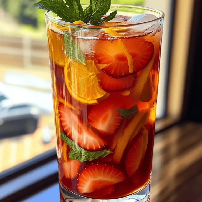 Um den perfekten Erdbeer-Eistee zuzubereiten, benötigst du einige Hauptzutaten. Hier ist die Liste: - 1 Liter Wasser - 3 Beutel Schwarztee (oder 4 Beutel Grüntee) - 250 g frische Erdbeeren, entstielt und in Scheiben geschnitten - 60 ml frisch gepresster Orangensaft - Schale von 1 Orange - 2 Esslöffel Honig oder Agavensirup (nach Geschmack anpassen) - Frische Minzblätter zur Garnitur - Eiswürfel Diese Zutaten sind einfach zu bekommen und sorgen für einen tollen Geschmack. Zusätzlich zur Hauptzutatenliste gibt es einige nützliche Zusatzstoffe, die du in Betracht ziehen kannst. Du könntest ein wenig Zitronensaft hinzufügen. Das gibt dem Tee eine frische Note. Auch ein Spritzer Limettensaft kann gut passen. Wenn du es spritzig magst, füge etwas Sprudelwasser hinzu, bevor du servierst. Dies macht den Eistee besonders erfrischend. Die Wahl der richtigen Erdbeeren ist wichtig. Achte darauf, dass sie reif und rot sind. Überprüfe, ob sie fest und saftig sind. Vermeide Erdbeeren mit Druckstellen oder Schimmel. Wenn möglich, kaufe sie auf dem Markt oder direkt vom Bauern. So bekommst du die frischesten Früchte. Die besten Erdbeeren sind süß und duftend. Sie machen deinen Eistee besonders lecker. Um den perfekten Erdbeer-Eistee zu machen, beginne mit dem Tee. Bringe 1 Liter Wasser in einem Topf zum Kochen. Nimm den Topf vom Herd und füge 3 Beutel Schwarztee oder 4 Beutel Grüntee hinzu. Lass den Tee etwa 5 Minuten ziehen. Folge den Anweisungen auf der Verpackung für beste Ergebnisse. Nachdem die Zeit um ist, entferne die Teebeutel und lass den Tee auf Zimmertemperatur abkühlen. Während der Tee zieht, bereite die Erdbeeren vor. Nimm 250 g frische Erdbeeren, entstiele sie und schneide sie in Scheiben. In einer Schüssel zerdrücke die Hälfte der geschnittenen Erdbeeren mit 2 Esslöffeln Honig oder Agavensirup. Ziel ist es, ein feines Erdbeerpüree zu erhalten. Dieses Püree wird deinem Eistee eine süße Note geben und den Geschmack intensivieren. Sobald der Tee abgekühlt ist, füge den frisch gepressten Saft von 60 ml Orange und die Schale von 1 Orange hinzu. Jetzt kommt das Erdbeerpüree dazu. Rühre alles gut um, damit sich die Aromen vermischen. Stelle die Mischung für mindestens 1 Stunde in den Kühlschrank. So verbinden sich die Geschmäcker optimal. Zum Servieren, fülle ein Glas mit Eiswürfeln. Gieße den gekühlten Erdbeer-Eistee darüber und garniere ihn mit frischen Minzblättern und den restlichen Erdbeerscheiben. Genieße deinen selbstgemachten Erdbeer-Eistee! Für das vollständige Rezept, schau dir die Anleitung in der [Full Recipe] an. Um den besten Erdbeer-Eistee zu machen, folge diesem einfachen Prozess. Beginne mit frischem Wasser. Koche es gut auf. Verwende hochwertige Teebeutel, um einen vollen Geschmack zu erhalten. Lass den Tee nicht zu lange ziehen. Fünf Minuten sind genug. Während der Tee zieht, bereite das Erdbeerpüree vor. Zerdrücke die Erdbeeren mit Honig oder Sirup. Das bringt die Süße hervor. Es ist wichtig, die Aromen gut zu vermischen, wenn du den Orangensaft hinzufügst. Ein häufiger Fehler ist, den Tee zu lange ziehen zu lassen. Das macht den Eistee bitter. Achte darauf, die richtige Menge an Zucker zu verwenden. Wenn du es zu süß machst, übertönt das den Erdbeergeschmack. Ein weiterer Fehler ist, den Tee nicht genug abkühlen zu lassen. Wenn du ihn zu warm servierst, schmelzen die Eiswürfel schnell. Das macht den Eistee wässrig und weniger lecker. Für deinen Erdbeer-Eistee benötigst du einige einfache Werkzeuge. Hier sind die wichtigsten: - Ein großer Topf zum Kochen des Wassers - Eine Schüssel zum Zerdrücken der Erdbeeren - Ein Sieb, um die Teebeutel zu entfernen - Ein Rührlöffel für die Mischung - Gläser für das Servieren - Eiswürfelform für die Eiswürfel Mit diesen Utensilien wird die Zubereitung deines Erdbeer-Eistees zum Kinderspiel. Folge dem [Full Recipe], um alle Schritte zu sehen. {{image_4}} Erdbeer-Limonen-Eistee ist eine fruchtige Variante. Der Geschmack wird frisch und spritzig. Fügen Sie einfach etwas frischen Limettensaft hinzu. Die Kombination von Erdbeeren und Limetten ist köstlich. Mischen Sie die Limette mit dem Erdbeerpüree. So entsteht ein erfrischendes Getränk für heiße Tage. Der Einsatz von grünem Tee macht den Eistee leichter. Er hat weniger Koffein als schwarzer Tee. Dies ist perfekt für einen sanften Genuss. Verwenden Sie vier Beutel grünen Tee, um den Geschmack zu mildern. Der grüne Tee bringt auch eine angenehme Frische. Diese Variante ist besonders beliebt im Sommer. Wenn Sie den Eistee süßen möchten, gibt es viele Optionen. Honig und Agavensirup sind beliebt. Sie sind natürliche Süßstoffe und sehr schmackhaft. Auch Stevia oder Ahornsirup eignen sich gut. Diese Süßungsmittel geben dem Eistee einen besonderen Kick. Sie können die Menge nach Ihrem Geschmack anpassen. So finden Sie die perfekte Balance für Ihren Eistee. Für das vollständige Rezept, schauen Sie sich das Erdbeer-Zitrus-Glück Eistee an. Erdbeer-Eistee bleibt im Kühlschrank etwa 3 bis 5 Tage frisch. Nach dieser Zeit kann der Geschmack schwächer werden. Achte auf Gerüche oder Veränderungen in der Farbe. Wenn du ihn länger aufbewahren willst, solltest du ihn einfrieren. Bewahre den Eistee in einem luftdichten Behälter auf. Das schützt vor Gerüchen und hält ihn frisch. Stelle den Behälter nach Möglichkeit in die kälteste Zone des Kühlschranks. Wenn du den Eistee nach dem Öffnen nicht gleich trinkst, rühre ihn vor dem Servieren gut um. Du kannst Erdbeer-Eistee auch einfrieren. Gieße ihn in Eiswürfelschalen oder einen luftdichten Behälter. So hast du immer Eistee für heiße Tage bereit. Zum Auftauen einfach über Nacht im Kühlschrank lassen oder bei Raumtemperatur aufbewahren. Der Hauptunterschied liegt in der Verarbeitung. Schwarzer Tee wird vollständig oxidiert, was ihm einen kräftigen Geschmack gibt. Grüner Tee bleibt unoxidiert und hat einen milderen, frischeren Geschmack. Wenn du einen sanfteren Eistee möchtest, wähle grünen Tee. Wenn du es kräftiger magst, greife zu schwarzem Tee. Beide Sorten bieten tolle Aromen. Du kannst sie auch mischen, um deine eigene Note zu kreieren. Ja, gefrorene Erdbeeren sind eine gute Option! Sie sind oft reifer geerntet und haben mehr Geschmack. Achte darauf, sie vorher leicht auftauen zu lassen. So kannst du sie leichter pürieren. Die gefrorenen Erdbeeren geben deinem Eistee eine schöne Kühle. Sie sind perfekt für warme Tage. Erdbeer-Eistee hat einige tolle gesundheitliche Vorteile. Erdbeeren sind reich an Vitaminen und Antioxidantien. Sie fördern die Gesundheit des Herzens und stärken das Immunsystem. Der Tee enthält auch Flavonoide, die entzündungshemmend wirken. Wenn du Honig verwendest, kannst du zusätzlich die Vorteile von Naturheilkunden nutzen. Er ist eine gesunde und leckere Erfrischung. Erdbeer-Eistee ist einfach und lecker. Wir haben die besten Zutaten und Tipps besprochen. Die Schritt-für-Schritt-Anleitung hilft dir, Eistee zu machen. Du kannst sogar Variationen ausprobieren, wie Erdbeer-Limonen-Eistee. Denke daran, die Erdbeeren gut auszuwählen und den Eistee richtig zu lagern. So bleibt er frisch und schmackhaft. Genieß deinen Eistee und teile ihn mit Freunden!