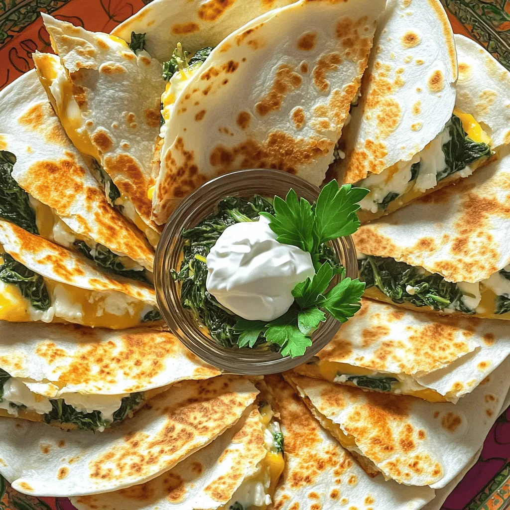 Für köstliche Spinat-Feta-Quesadillas brauchen wir frische und gesunde Zutaten. Hier sind die Hauptbestandteile: - 2 Tassen frischer Spinat, grob gehackt - 1 Tasse Feta-Käse, zerbröckelt - 1/2 Tasse geriebener Mozzarella-Käse - 1 kleine Zwiebel, fein gehackt - 2 Knoblauchzehen, fein gehackt - 4 große Mehl-Tortillas - 2 Esslöffel Olivenöl - 1 Teelöffel getrockneter Oregano - Salz und Pfeffer nach Geschmack Jede Zutat bringt ihren eigenen Geschmack und Nährstoffe mit. Frischer Spinat ist reich an Vitaminen und Mineralstoffen. Feta-Käse sorgt für eine cremige Textur und einen salzigen Kick. Zusätzlich zu den Hauptzutaten kannst du einige Zubehörteile und Beilagen verwenden: - Sauerrahm oder griechischer Joghurt zum Servieren - Frische Petersilie oder Koriander für die Garnierung - Salsa oder Guacamole für zusätzlichen Geschmack Diese Beilagen machen die Quesadillas noch leckerer und bringen frische Aromen ins Spiel. Diese Quesadillas sind nicht nur lecker, sondern auch gesund. Hier sind einige Vorteile der Zutaten: - Spinat: Vollgepackt mit Eisen, Vitamin K und Antioxidantien. Gut für die Augen und das Immunsystem. - Feta-Käse: Eine gute Quelle für Protein und Kalzium, hilft beim Muskelaufbau. - Zwiebeln und Knoblauch: Unterstützen die Herzgesundheit und haben entzündungshemmende Eigenschaften. - Olivenöl: Reich an gesunden Fetten, gut für das Herz. Mit diesen Zutaten erhältst du ein nahrhaftes Gericht, das dich satt macht. Für das vollständige Rezept kannst du die Anweisungen im Abschnitt "Full Recipe" nachlesen. Um die Spinat-Feta-Quesadillas zuzubereiten, beginne mit der Vorbereitung. Wasche den Spinat gut, um Schmutz zu entfernen. Hacke ihn grob und stelle ihn beiseite. Schneide die Zwiebel und die Knoblauchzehen klein. Das macht die Füllung schmackhafter. Fülle alle Zutaten in kleine Schalen. Erhitze in einer großen Pfanne einen Esslöffel Olivenöl bei mittlerer Hitze. Gib die Zwiebel und den Knoblauch hinein. Brate sie für drei bis vier Minuten. Die Zwiebel sollte glasig werden. Füge dann den Spinat hinzu. Koche ihn für zwei bis drei Minuten, bis er zusammenfällt. Würze die Mischung mit Salz, Pfeffer und Oregano. Nimm die Pfanne vom Herd. Lass die Mischung kurz abkühlen. In einer großen Schüssel mische die Spinatmischung mit dem zerbröckelten Feta und dem Mozzarella. Achte darauf, dass alles gleichmäßig verteilt ist. Erhitze das restliche Olivenöl in der Pfanne. Lege eine Tortilla in die Pfanne und verteile die Füllung auf einer Hälfte. Klappe die Tortilla zu und brate sie für drei bis vier Minuten. Die Unterseite sollte goldbraun sein und der Käse schmelzen. Wende die Quesadilla vorsichtig und brate die andere Seite für zwei bis drei Minuten. Wenn sie knusprig ist, nimm sie aus der Pfanne. Wiederhole das mit den restlichen Tortillas. Schneide die Quesadillas in Keile und serviere sie warm. Du kannst sie mit Sauerrahm oder griechischem Joghurt genießen. Ein häufiger Fehler ist, die Quesadillas zu lange in der Pfanne zu lassen. Das führt zu verbrannten Tortillas. Achte darauf, die Hitze nicht zu hoch einzustellen. Eine mittlere Hitze ist ideal. Ein weiterer Fehler ist, zu viel Füllung zu verwenden. Das kann dazu führen, dass die Quesadillas nicht richtig schließen. Halte dich an die angegebenen Mengen, um ein einfaches Wenden zu gewährleisten. Um den Geschmack zu verfeinern, kannst du frische Kräuter hinzufügen. Basilikum oder Petersilie bringen Frische. Auch etwas Chili oder Paprika kann eine schöne Schärfe geben. Wenn du es noch cremiger magst, probiere einen anderen Käse. Gouda oder Brie sind tolle Alternativen zu Feta. Für einen zusätzlichen Crunch eignen sich geröstete Pinienkerne. Serviere die Quesadillas warm und schneide sie in Keile. Lege die Stücke fächerförmig auf einen bunten Teller. Garniere sie mit frischen Petersilienzweigen. Das sieht ansprechend aus! Stelle eine kleine Schüssel mit Sauerrahm oder griechischem Joghurt in die Mitte. Das macht die Präsentation einladend. Du kannst auch frische Tomatensalsa oder Guacamole dazu anbieten. Diese Dips passen perfekt zu den Quesadillas und bringen noch mehr Geschmack. {{image_4}} Für vegane Spinat-Feta-Quesadillas kannst du den Feta-Käse ersetzen. Nutze stattdessen zerdrückten Tofu oder Cashewkäse. Beide Optionen geben einen tollen Geschmack. Du kannst auch Hefeflocken hinzufügen, um einen käsigen Geschmack zu erzielen. Achte darauf, pflanzliche Tortillas zu verwenden. Diese sind oft frei von tierischen Produkten. Lass deiner Kreativität freien Lauf! Du kannst verschiedene Füllungen hinzufügen. Probiere zum Beispiel Champignons, Paprika oder Zucchini. Diese geben mehr Textur und Geschmack. Auch schwarze Bohnen oder Avocado passen gut dazu. Diese Zutaten machen die Quesadillas nahrhafter und bunter. Wenn du auf Gluten verzichten musst, gibt es tolle Alternativen. Viele Marken bieten glutenfreie Tortillas an, die gut schmecken. Du kannst auch große Salatblätter verwenden. Diese sind frisch und leicht. Eine weitere Option sind Reispapierblätter. Sie geben einen interessanten Biss. So kannst du deine Spinat-Feta-Quesadillas genießen, ohne Gluten zu konsumieren. Wenn du Quesadillas übrig hast, lass sie zuerst abkühlen. Wickel jede Quesadilla in Frischhaltefolie oder lege sie in einen luftdichten Behälter. So bleiben sie frisch. Du kannst auch Backpapier verwenden, um das Kleben zu verhindern. Um die Quesadillas wieder warm zu machen, benutze eine Pfanne. Erhitze sie bei mittlerer Hitze. Brate jede Seite für etwa 2-3 Minuten. So werden sie knusprig. Du kannst auch einen Toaster oder einen Ofen nutzen. Stelle den Ofen auf 180 °C und backe sie für ca. 10 Minuten. Im Kühlschrank halten sich die Quesadillas etwa 3-4 Tage. Wenn du sie länger aufbewahren möchtest, friere sie ein. In einem luftdichten Behälter oder einer Gefrierbeutel bleiben sie bis zu 2 Monate frisch. Achte darauf, dass du sie gut beschriftest, damit du den Überblick behältst. Um das Rezept für mehr Portionen anzupassen, verdopple die Zutaten. Wenn du acht Portionen machen willst, nimm einfach das Doppelte von jedem. Achte darauf, die Füllung gut zu mischen, damit jeder Biss gleich lecker ist. Du kannst die Quesadillas auch in mehreren Pfannen gleichzeitig zubereiten. So geht es schneller. Wenn du keinen Feta-Käse magst, probiere Ziegenkäse oder Ricotta. Diese Käsesorten geben einen anderen, aber leckeren Geschmack. Du kannst auch veganen Käse verwenden, wenn du eine pflanzliche Option suchst. Manche mögen auch Käse mit Kräutern, um den Geschmack zu verstärken. Ja, gefrorener Spinat ist eine gute Alternative. Achte darauf, ihn gut abzutropfen. Drücke das Wasser mit einem Tuch heraus, damit die Quesadillas nicht matschig werden. Gefrorener Spinat hat auch einen ähnlichen Nährwert wie frischer Spinat, also keine Sorge! Du kannst die Quesadillas bis zu zwei Tage im Voraus zubereiten. Bewahre sie im Kühlschrank auf. Achte darauf, sie gut zu verpacken, damit sie frisch bleiben. Du kannst sie auch einfrieren. So bleiben sie bis zu drei Monate haltbar. Ja, du kannst die Quesadillas auch im Ofen machen. Heize den Ofen auf 200 Grad Celsius vor. Lege die gefüllten Tortillas auf ein Backblech und backe sie 10-15 Minuten. Wende sie nach der Hälfte der Zeit, damit sie gleichmäßig knusprig werden. So sparst du auch etwas Zeit! Für das vollständige Rezept, schau dir [Full Recipe] an. Du hast gelernt, wie man leckere Spinat-Feta-Quesadillas zubereitet. Wir haben die Hauptzutaten, Nährwerte und Schritte besprochen. Tipps und Tricks helfen dir, Fehler zu vermeiden und den Geschmack zu verfeinern. Denk daran, dass Variationen deiner Quesadillas Spaß bringen. Schließlich habe ich dir gezeigt, wie du übrig gebliebene Quesadillas lagerst und wieder aufwärmst. Experimentiere mit den verschiedenen Möglichkeiten und genieße jedes Mal ein tolles Gericht. Viel Spaß beim Kochen!