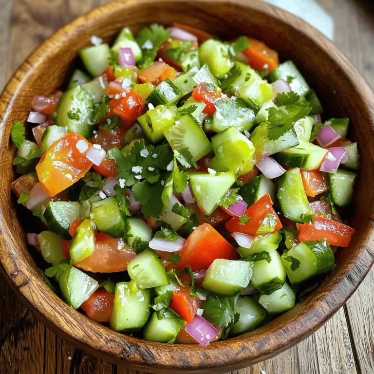Um Minute Pickle De Gallo zuzubereiten, benötigen Sie folgende Zutaten: - 1 Tasse gewürfelte Gurke - 1 Tasse gewürfelte Tomaten - 1/2 Tasse rote Zwiebel, fein gehackt - 1 Jalapeño, entkernt und fein gewürfelt - 1/4 Tasse frischer Koriander, gehackt - 1/4 Tasse Apfelessig - 1 Esslöffel Limettensaft - 1 Teelöffel Zucker - Salz und Pfeffer nach Geschmack Diese frischen Zutaten sorgen für einen knackigen und würzigen Geschmack. Frische Zutaten geben dem Pickle De Gallo eine lebendige Textur. Die Gurken und Tomaten sind am besten, wenn sie frisch sind. Eingelegte Zutaten können den Geschmack verändern. Sie sind oft weicher und weniger knackig. Ich empfehle immer, frische Zutaten zu verwenden, um das Beste aus diesem Rezept herauszuholen. Um die besten Zutaten zu wählen, schauen Sie sich die Farben und die Textur an: - Gurken: Wählen Sie feste, grüne Gurken ohne Flecken. - Tomaten: Achten Sie auf reife, saftige Tomaten. Sie sollten leicht geben, wenn Sie sie drücken. - Zwiebeln: Wählen Sie rote Zwiebeln mit einer glatten Schale. - Jalapeño: Achten Sie auf eine glänzende Haut. Sie sollten fest und grün sein. - Koriander: Frischer Koriander sollte hellgrün und duftend sein. Diese Tipps helfen Ihnen, die besten Zutaten für Ihr Minute Pickle De Gallo auszuwählen. Verwenden Sie die Full Recipe für eine einfache Zubereitung und genießen Sie den frischen Geschmack! Die Zubereitung von Minute Pickle De Gallo ist einfach und schnell. Du brauchst nur frische Zutaten und etwas Zeit. Beginne mit dem Schneiden der Gurken, Tomaten und Zwiebeln. Stelle sicher, dass alles gleichmäßig gewürfelt ist. Das macht die Mischung schön und ansprechend. 1. Gemüse vorbereiten: Würfle die Gurken, Tomaten und die rote Zwiebel in kleine Stücke. 2. Jalapeño hinzufügen: Entferne die Kerne aus dem Jalapeño und schneide ihn fein. 3. Koriander hinzufügen: Hacke den frischen Koriander grob. 4. Essigmischung machen: Mische Apfelessig, Limettensaft, Zucker, Salz und Pfeffer in einer kleinen Schüssel. Rühre gut um, bis der Zucker sich auflöst. 5. Vermengen: Gieße die Essigmischung über das geschnittene Gemüse. Rühre alles sanft um, damit die Aromen gut verteilt werden. 6. Einlegen lassen: Lass die Mischung etwa 5–10 Minuten stehen. So kann das Gemüse die Aromen aufnehmen. Die gesamte Zubereitungszeit beträgt nur 20 Minuten. Du kannst das Gemüse in 10 Minuten schneiden. Die restlichen 10 Minuten nutzt du, um die Essigmischung herzustellen und alles einziehen zu lassen. Diese schnelle Methode macht es einfach, ein frisches Gericht für jede Gelegenheit zu zaubern. Wenn du die Schritte genau befolgst, wird dein Minute Pickle De Gallo immer lecker und knackig. Für das vollständige Rezept schaue dir die [Full Recipe] an. Um dein Pickle De Gallo wirklich besonders zu machen, achte auf die Frische der Zutaten. Frische Gurken und Tomaten geben den besten Geschmack. Ich empfehle, die Gurken vor dem Schneiden zu salzen. Das hilft, überschüssige Feuchtigkeit zu entfernen. So bleibt dein Pickle De Gallo knackig und frisch. Ein weiterer Tipp ist, die Zwiebeln vor der Verwendung in kaltem Wasser einzuweichen. Das mildert ihren scharfen Geschmack und macht sie angenehmer. Ein häufiger Fehler ist, nicht genug Zeit zum Marinieren zu geben. Lass dein Pickle De Gallo mindestens fünf Minuten stehen. So können die Aromen gut einziehen. Achte darauf, die Jalapeños nach deinem Schärfewunsch zu wählen. Entferne die Kerne, wenn du es milder magst. Ein weiterer Fehler ist, zu viel Essig zu verwenden. Beginne mit weniger und taste dich langsam vor. Du kannst immer mehr hinzufügen, aber weniger wieder herausnehmen ist schwer. Um deinem Pickle De Gallo mehr Tiefe zu verleihen, probiere verschiedene Kräuter. Petersilie oder Minze können spannende Akzente setzen. Auch Avocado passt hervorragend dazu und bringt eine cremige Textur. Für mehr Schärfe kannst du zusätzlich rote Pfefferschoten einfügen. Wenn du es fruchtiger magst, füge ein wenig gewürfelte Mango oder Ananas hinzu. Diese Kombinationen machen dein Pickle De Gallo einzigartig und köstlich. Für das komplette Rezept, schau dir die [Full Recipe] an. {{image_4}} Sie können die Basis von Minute Pickle De Gallo leicht ändern. Fühlen Sie sich frei, mit verschiedenen Gemüsearten zu experimentieren. Zum Beispiel: - Paprika: Fügen Sie rote oder gelbe Paprika für mehr Süße hinzu. - Karotten: Fein gewürfelte Karotten geben einen süßen Crunch. - Avocado: Würfeln Sie Avocado für eine cremige Textur. Diese Kombinationen bringen neue Aromen und Farben auf den Tisch. Sie können auch saisonales Gemüse verwenden. So bleibt Ihr Pickle De Gallo frisch und interessant. Wenn Sie es schärfer mögen, probieren Sie diese Tipps. Fügen Sie mehr Jalapeños oder sogar Habaneros hinzu. Ein Spritzer Tabasco oder andere scharfe Soßen kann ebenfalls helfen. Hier sind einige Gewürze, die Sie verwenden können: - Kreuzkümmel: Ein Teelöffel gibt einen warmen, erdigen Geschmack. - Paprika: Für mehr Farbe und eine süße Note. - Knoblauchpulver: Eine Prise sorgt für zusätzlichen Geschmack. Diese würzigen Varianten bringen das Pickle De Gallo auf ein neues Level. Denken Sie daran, es nach der Zubereitung zu probieren. So können Sie die Schärfe nach Ihrem Geschmack anpassen. Minute Pickle De Gallo ist von Natur aus vegan und glutenfrei. Sie können es leicht anpassen, um es noch gesünder zu machen. Verwenden Sie frische, biologische Zutaten. Dies verbessert den Geschmack und die Nährstoffe. Sie können auch andere Essigsorten ausprobieren. Reisessig oder Weißweinessig sind gute Alternativen. Diese Optionen bringen unterschiedliche Geschmäcker in Ihr Gericht. Zusätzlich können Sie die Zuckermenge reduzieren oder weglassen. So bleibt das Pickle De Gallo ganz gesund. Genießen Sie diese Varianten als Beilage oder Dip. Sie passen zu vielen Gerichten und sind immer frisch. Um Minute Pickle De Gallo frisch zu halten, benutze einen luftdichten Behälter. Fülle den Behälter bis oben hin. So bleibt die Mischung länger knackig. Lagere ihn im Kühlschrank. Vermeide es, die Mischung mit einem Löffel zu berühren, der nicht sauber ist. Das hilft, Bakterien fernzuhalten. Minute Pickle De Gallo bleibt im Kühlschrank etwa 3 bis 5 Tage frisch. Die frischen Zutaten verlieren jedoch mit der Zeit ihre Knackigkeit. Nach einigen Tagen wird der Geschmack auch intensiver, was einige mögen. Überprüfe immer den Geruch. Wenn es unangenehm riecht, wegwerfen! Wenn du Reste hast, gibt es viele Wege, sie zu nutzen. Du kannst den Pickle De Gallo als Topping für Tacos oder Burritos verwenden. Er passt auch gut zu gegrilltem Fleisch oder Fisch. Mische ihn in Salate für zusätzlichen Geschmack. Du kannst ihn sogar in Sandwiches als frische Füllung nutzen. Minute Pickle De Gallo ist eine frische Salsa, die knackiges Gemüse enthält. Es ist eine schnelle Beilage, die Gurken, Tomaten und Zwiebeln kombiniert. Der Mix bekommt einen besonderen Kick durch Jalapeños und frischen Koriander. Es ist einfach zuzubereiten und sehr lecker. Diese Salsa hat den Vorteil, dass sie in wenigen Minuten fertig ist. Perfekt, wenn du schnell etwas Frisches brauchst. Ja, du kannst Minute Pickle De Gallo im Voraus zubereiten. Es bleibt frisch, wenn du es gut abdeckst. Ich empfehle, es nicht mehr als einen Tag vorher zu machen. So bleibt das Gemüse knackig. Wenn du es zu lange lagerst, kann es weich werden. Ein paar Minuten vor dem Servieren umrühren, um die Aromen aufzufrischen. Minute Pickle De Gallo passt gut zu vielen Gerichten. Du kannst es zu gegrilltem Fleisch oder Fisch servieren. Es eignet sich auch hervorragend als Dip für Tortilla-Chips. Darüber hinaus schmeckt es lecker auf Tacos oder Burritos. Du kannst es sogar zu Salaten hinzufügen, um mehr Geschmack zu bringen. Probiere es aus und finde deine Lieblingskombination! Wenn du die vollständige Zubereitung und Zutaten benötigst, schau dir das [Full Recipe] an. Minute Pickle De Gallo ist eine frische und einfache Zubereitung. Wir haben die besten Zutaten und Tipps zur Zubereitung besprochen. Auch Variationen und Aufbewahrungshinweise sind wichtig. Durch das Erlernen dieser Schritte kannst du dein Pickle De Gallo perfektionieren. Denke daran, mit den Zutaten zu experimentieren und Spaß beim Kochen zu haben. Deine Küche wird lebendig. Genieße dieses Rezept, ob alleine oder mit Freunden. Es bringt Frische und Geschmack auf jeden Tisch.