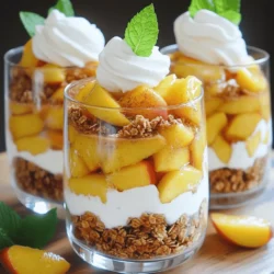 Die Zutaten für das Classic Peach Cobbler Parfait sind einfach und frisch. Hier ist die Liste der Zutaten: - Reife Pfirsiche - Zitronensaft und Zucker - Granola und Vanillejoghurt Reife Pfirsiche sind der Star dieses Desserts. Sie bringen Süße und Saftigkeit. Wählen Sie Pfirsiche, die leicht weich sind. Dies zeigt, dass sie reif und süß sind. Zitronensaft und Zucker helfen, die Aromen der Pfirsiche zu verbessern. Der Zitronensaft bringt eine frische Note. Der Zucker lässt die Pfirsiche süßer und saftiger schmecken. Granola und Vanillejoghurt sind die perfekten Begleiter. Granola sorgt für einen knusprigen Biss. Der Vanillejoghurt macht das Dessert cremig und reichhaltig. Diese Kombination macht das Pfirsich-Cobbler-Parfait besonders lecker. Haben Sie alle Zutaten? Dann sind Sie bereit, das köstliche Dessert zu machen! Für die vollständige Zubereitung schauen Sie sich das Full Recipe an. Um die Pfirsiche zuzubereiten, schälen Sie zuerst die reifen Früchte. Schneiden Sie die Pfirsiche dann in kleine Würfel. Diese Würfel geben dem Dessert eine schöne Textur. In einer großen Schüssel mischen Sie die gewürfelten Pfirsiche mit einem Esslöffel Zitronensaft, drei Esslöffeln braunem Zucker und einem Teelöffel Zimt. Rühren Sie sanft, damit die Pfirsiche gleichmäßig bedeckt sind. Lassen Sie die Mischung für etwa 15 Minuten bei Raumtemperatur marinieren. Diese Zeit ist wichtig. Der Zucker zieht den Saft aus den Pfirsichen und bildet einen leckeren Sirup. So werden die Pfirsiche süßer und aromatischer. Jetzt geht es ans Schichten! Bereiten Sie Ihre Serviergläser oder -schalen vor. Beginnen Sie mit einem Esslöffel Vanillejoghurt am Boden jedes Glases. Das Joghurt sorgt für eine cremige Basis. Danach geben Sie eine Schicht der marinierten Pfirsiche über das Joghurt. Diese Schicht bringt die frische Süße ins Spiel. Fügen Sie als Nächstes eine Schicht Granola hinzu. Verwenden Sie etwa zwei Esslöffel pro Glas. Diese Schicht gibt einen schönen Crunch. Wiederholen Sie die Schichten: Joghurt, Pfirsiche, Granola. Machen Sie das, bis das Glas fast ganz gefüllt ist. Beenden Sie mit einer Schicht Joghurt obenauf. Für das Topping können Sie optional Schlagsahne verwenden. Diese gibt dem Dessert eine luftige Note. Garnieren Sie die Parfaits mit frischen Minzblättern. Diese Minze sieht nicht nur hübsch aus, sie bringt auch frische Aromen. Servieren Sie die Parfaits sofort oder lassen Sie sie für bis zu 30 Minuten im Kühlschrank ruhen. Das Kühlen hilft, die Aromen zu verbinden. Genießen Sie Ihr klassisches Pfirsich-Cobbler-Parfait! Für die genauen Schritte und Mengen, schauen Sie sich das Full Recipe an. Reifekriterien: Wählen Sie Pfirsiche, die fest sind, aber leicht nachgeben. Ihre Haut sollte glatt sein und eine goldene Farbe zeigen. Ein süßer Duft zeigt an, dass sie reif sind. Achten Sie auf kleine Dellen; das kann ein Zeichen für Überreife sein. Lagertipps: Bewahren Sie reife Pfirsiche bei Raumtemperatur auf. Ein Kühlschrank kann sie matschig machen. Wenn sie noch nicht ganz reif sind, legen Sie sie in eine Papiertüte. Das beschleunigt den Reifungsprozess und sorgt für süße Früchte. Artspezifische Empfehlungen: Griechischer Joghurt hat eine cremige Textur und mehr Eiweiß. Er ist perfekt für die Schichtung. Normaler Vanillejoghurt ist süßer und leichter. Wählen Sie, was Ihnen besser schmeckt. Vegan/Alternative Optionen: Für eine vegane Variante verwenden Sie Kokos- oder Sojajoghurt. Diese haben einen einzigartigen Geschmack und passen gut zu Pfirsichen. Achten Sie darauf, ungesüßte Sorten zu wählen, um den Zuckergehalt zu kontrollieren. Hausgemacht vs. Fertigprodukte: Hausgemachtes Granola ist frisch und passt gut zu Ihrem Parfait. Mischen Sie Haferflocken, Nüsse und Honig. Fertigprodukte sind schnell, aber prüfen Sie die Zutaten. Oft sind sie zu süß oder enthalten künstliche Zusätze. Geschmacksvariationen: Experimentieren Sie mit verschiedenen Geschmäckern. Fügen Sie Zimt oder Vanille hinzu, um das Granola zu verfeinern. Sie können auch getrocknete Früchte oder Samen einarbeiten. So bleibt es spannend und lecker. Für das vollständige Rezept besuchen Sie bitte die Seite "Klassisches Pfirsich-Cobbler-Parfait". {{image_4}} Du kannst viele Obstsorten für dein Parfait verwenden. Äpfel, Beeren oder Pflaumen sind tolle Alternativen. Diese Früchte bringen einen neuen Geschmack. Probiere saisonale Früchte, um das Parfait frisch zu halten. Im Sommer schmecken Pfirsiche und Beeren besonders gut. Im Herbst sind Äpfel und Birnen ideal. Du kannst sogar gefrorene Früchte nutzen, wenn frische nicht verfügbar sind. Wenn du keinen Joghurt magst, gibt es viele Alternativen. Quark oder Skyr sind gute Optionen. Sie sind cremig und voller Protein. Pflanzliche Joghurts aus Mandeln oder Kokos sind auch beliebt. Sie bieten einen anderen Geschmack und sind oft vegan. Achte darauf, dass sie ungesüßt sind, wenn du den Zuckergehalt niedrig halten willst. Um dein Parfait reichhaltiger zu machen, füge Karamell oder Nüsse hinzu. Karamell sorgt für eine süße Note und Nüsse bringen einen tollen Crunch. Mandeln oder Walnüsse sind perfekte Ergänzungen. Wenn du eine leichtere Option suchst, ersetze die Schlagsahne durch Kokoscreme. Diese Tipps geben deinem Parfait eine neue Dimension und Geschmack. Um dein Pfirsich-Cobbler-Parfait frisch zu halten, lagere es im Kühlschrank. Verwende dafür einen luftdichten Behälter. So bleibt das Dessert lecker und die Zutaten frisch. Die Haltbarkeit der einzelnen Zutaten ist wichtig. Hier sind einige Details: - Pfirsiche: Frisch zubereitet, bleiben sie 2 bis 3 Tage im Kühlschrank. - Vanillejoghurt: Ein ungeöffnetes Becher hält sich 1 bis 2 Wochen. Nach dem Öffnen, verbrauche es innerhalb von 5 bis 7 Tagen. - Granola: Diese Zutat bleibt knusprig bis zu 2 Wochen, wenn sie trocken gelagert wird. - Schlagsahne: Frisch geschlagene Sahne hält sich 2 bis 3 Tage im Kühlschrank. Du kannst die Zutaten im Voraus vorbereiten. Hier sind einige Tipps: - Würfle die Pfirsiche und mariniere sie einen Tag vorher. So entfalten sie mehr Aroma. - Bereite das Granola vor und lagere es in einem luftdichten Behälter, um die Frische zu bewahren. - Der Vanillejoghurt kann ebenfalls vorab portioniert werden. Wenn du die vollständigen Parfaits im Voraus zubereiten möchtest, mache das am besten bis zu 4 Stunden vorher. Stelle sie dann im Kühlschrank kalt. So vermischen sich die Aromen und das Dessert bleibt frisch. Vermeide es jedoch, die Parfaits zu lange zu lagern, um die Textur des Granolas zu bewahren. Das Pfirsich-Cobbler-Parfait bleibt frisch im Kühlschrank. Es hält sich bis zu drei Tage. Lagern Sie es in einem luftdichten Behälter. Die Frische der Pfirsiche kann sich nach ein paar Tagen verändern. Achten Sie darauf, das Granola getrennt aufzubewahren. So bleibt es knusprig. Ja, gefrorene Pfirsiche sind eine tolle Option. Sie sind oft reif und süß, weil sie schnell eingefroren werden. Lassen Sie sie vor der Verwendung auftauen. Drücken Sie das überschüssige Wasser aus, damit das Parfait nicht matschig wird. Gefrorene Früchte können den Geschmack leicht verändern, aber sie sind praktisch. Ja, dieses Rezept ist anpassbar. Verwenden Sie glutenfreies Granola für Glutenallergiker. Für Milchalternativen nutzen Sie pflanzlichen Joghurt und Sahne. Achten Sie auf zusätzliche Zutaten, die Allergene enthalten können. So können alle das Parfait genießen. Das vollständige Rezept für das klassische Pfirsich-Cobbler-Parfait findest du auf unserer Website. Hier ist der direkte Link: [Klassisches Pfirsich-Cobbler-Parfait](#). Dort kannst du die genauen Mengen und Schritte sehen. Ich empfehle dir, das Rezept auszudrucken oder als Lesezeichen zu speichern. So hast du es immer zur Hand, wenn du Lust auf ein schnelles und leckeres Dessert hast. Es ist einfach und macht großen Spaß, die Schichten zu bauen. Wenn du die Zutaten und Schritte kennst, kannst du kreativ werden. Du kannst verschiedene Früchte oder Toppings ausprobieren. Das macht das Dessert noch spannender. Das Parfait ist nicht nur lecker, sondern auch schön anzusehen. Lass deiner Fantasie freien Lauf! Das Pfirsich-Cobbler-Parfait ist einfach und lecker. Wir haben frische, reife Pfirsiche genutzt und diese schichtweise mit Vanillejoghurt und Granola kombiniert. Die Zubereitung ist schnell und die Variationen sind endlos. Denk an die Tipps zur Auswahl der besten Zutaten. Du kannst sogar gefrorene Pfirsiche verwenden. Dieses Rezept ist vielseitig und anpassbar für jeden Geschmack. Lagere die Parfaits im Kühlschrank oder bereite sie vorher vor. So hast du immer einen leckeren Snack bereit. Probiere es aus und genieße jeden Bissen!