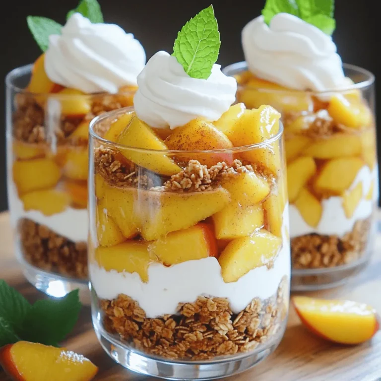 Die Zutaten für das Classic Peach Cobbler Parfait sind einfach und frisch. Hier ist die Liste der Zutaten: - Reife Pfirsiche - Zitronensaft und Zucker - Granola und Vanillejoghurt Reife Pfirsiche sind der Star dieses Desserts. Sie bringen Süße und Saftigkeit. Wählen Sie Pfirsiche, die leicht weich sind. Dies zeigt, dass sie reif und süß sind. Zitronensaft und Zucker helfen, die Aromen der Pfirsiche zu verbessern. Der Zitronensaft bringt eine frische Note. Der Zucker lässt die Pfirsiche süßer und saftiger schmecken. Granola und Vanillejoghurt sind die perfekten Begleiter. Granola sorgt für einen knusprigen Biss. Der Vanillejoghurt macht das Dessert cremig und reichhaltig. Diese Kombination macht das Pfirsich-Cobbler-Parfait besonders lecker. Haben Sie alle Zutaten? Dann sind Sie bereit, das köstliche Dessert zu machen! Für die vollständige Zubereitung schauen Sie sich das Full Recipe an. Um die Pfirsiche zuzubereiten, schälen Sie zuerst die reifen Früchte. Schneiden Sie die Pfirsiche dann in kleine Würfel. Diese Würfel geben dem Dessert eine schöne Textur. In einer großen Schüssel mischen Sie die gewürfelten Pfirsiche mit einem Esslöffel Zitronensaft, drei Esslöffeln braunem Zucker und einem Teelöffel Zimt. Rühren Sie sanft, damit die Pfirsiche gleichmäßig bedeckt sind. Lassen Sie die Mischung für etwa 15 Minuten bei Raumtemperatur marinieren. Diese Zeit ist wichtig. Der Zucker zieht den Saft aus den Pfirsichen und bildet einen leckeren Sirup. So werden die Pfirsiche süßer und aromatischer. Jetzt geht es ans Schichten! Bereiten Sie Ihre Serviergläser oder -schalen vor. Beginnen Sie mit einem Esslöffel Vanillejoghurt am Boden jedes Glases. Das Joghurt sorgt für eine cremige Basis. Danach geben Sie eine Schicht der marinierten Pfirsiche über das Joghurt. Diese Schicht bringt die frische Süße ins Spiel. Fügen Sie als Nächstes eine Schicht Granola hinzu. Verwenden Sie etwa zwei Esslöffel pro Glas. Diese Schicht gibt einen schönen Crunch. Wiederholen Sie die Schichten: Joghurt, Pfirsiche, Granola. Machen Sie das, bis das Glas fast ganz gefüllt ist. Beenden Sie mit einer Schicht Joghurt obenauf. Für das Topping können Sie optional Schlagsahne verwenden. Diese gibt dem Dessert eine luftige Note. Garnieren Sie die Parfaits mit frischen Minzblättern. Diese Minze sieht nicht nur hübsch aus, sie bringt auch frische Aromen. Servieren Sie die Parfaits sofort oder lassen Sie sie für bis zu 30 Minuten im Kühlschrank ruhen. Das Kühlen hilft, die Aromen zu verbinden. Genießen Sie Ihr klassisches Pfirsich-Cobbler-Parfait! Für die genauen Schritte und Mengen, schauen Sie sich das Full Recipe an. Reifekriterien: Wählen Sie Pfirsiche, die fest sind, aber leicht nachgeben. Ihre Haut sollte glatt sein und eine goldene Farbe zeigen. Ein süßer Duft zeigt an, dass sie reif sind. Achten Sie auf kleine Dellen; das kann ein Zeichen für Überreife sein. Lagertipps: Bewahren Sie reife Pfirsiche bei Raumtemperatur auf. Ein Kühlschrank kann sie matschig machen. Wenn sie noch nicht ganz reif sind, legen Sie sie in eine Papiertüte. Das beschleunigt den Reifungsprozess und sorgt für süße Früchte. Artspezifische Empfehlungen: Griechischer Joghurt hat eine cremige Textur und mehr Eiweiß. Er ist perfekt für die Schichtung. Normaler Vanillejoghurt ist süßer und leichter. Wählen Sie, was Ihnen besser schmeckt. Vegan/Alternative Optionen: Für eine vegane Variante verwenden Sie Kokos- oder Sojajoghurt. Diese haben einen einzigartigen Geschmack und passen gut zu Pfirsichen. Achten Sie darauf, ungesüßte Sorten zu wählen, um den Zuckergehalt zu kontrollieren. Hausgemacht vs. Fertigprodukte: Hausgemachtes Granola ist frisch und passt gut zu Ihrem Parfait. Mischen Sie Haferflocken, Nüsse und Honig. Fertigprodukte sind schnell, aber prüfen Sie die Zutaten. Oft sind sie zu süß oder enthalten künstliche Zusätze. Geschmacksvariationen: Experimentieren Sie mit verschiedenen Geschmäckern. Fügen Sie Zimt oder Vanille hinzu, um das Granola zu verfeinern. Sie können auch getrocknete Früchte oder Samen einarbeiten. So bleibt es spannend und lecker. Für das vollständige Rezept besuchen Sie bitte die Seite "Klassisches Pfirsich-Cobbler-Parfait". {{image_4}} Du kannst viele Obstsorten für dein Parfait verwenden. Äpfel, Beeren oder Pflaumen sind tolle Alternativen. Diese Früchte bringen einen neuen Geschmack. Probiere saisonale Früchte, um das Parfait frisch zu halten. Im Sommer schmecken Pfirsiche und Beeren besonders gut. Im Herbst sind Äpfel und Birnen ideal. Du kannst sogar gefrorene Früchte nutzen, wenn frische nicht verfügbar sind. Wenn du keinen Joghurt magst, gibt es viele Alternativen. Quark oder Skyr sind gute Optionen. Sie sind cremig und voller Protein. Pflanzliche Joghurts aus Mandeln oder Kokos sind auch beliebt. Sie bieten einen anderen Geschmack und sind oft vegan. Achte darauf, dass sie ungesüßt sind, wenn du den Zuckergehalt niedrig halten willst. Um dein Parfait reichhaltiger zu machen, füge Karamell oder Nüsse hinzu. Karamell sorgt für eine süße Note und Nüsse bringen einen tollen Crunch. Mandeln oder Walnüsse sind perfekte Ergänzungen. Wenn du eine leichtere Option suchst, ersetze die Schlagsahne durch Kokoscreme. Diese Tipps geben deinem Parfait eine neue Dimension und Geschmack. Um dein Pfirsich-Cobbler-Parfait frisch zu halten, lagere es im Kühlschrank. Verwende dafür einen luftdichten Behälter. So bleibt das Dessert lecker und die Zutaten frisch. Die Haltbarkeit der einzelnen Zutaten ist wichtig. Hier sind einige Details: - Pfirsiche: Frisch zubereitet, bleiben sie 2 bis 3 Tage im Kühlschrank. - Vanillejoghurt: Ein ungeöffnetes Becher hält sich 1 bis 2 Wochen. Nach dem Öffnen, verbrauche es innerhalb von 5 bis 7 Tagen. - Granola: Diese Zutat bleibt knusprig bis zu 2 Wochen, wenn sie trocken gelagert wird. - Schlagsahne: Frisch geschlagene Sahne hält sich 2 bis 3 Tage im Kühlschrank. Du kannst die Zutaten im Voraus vorbereiten. Hier sind einige Tipps: - Würfle die Pfirsiche und mariniere sie einen Tag vorher. So entfalten sie mehr Aroma. - Bereite das Granola vor und lagere es in einem luftdichten Behälter, um die Frische zu bewahren. - Der Vanillejoghurt kann ebenfalls vorab portioniert werden. Wenn du die vollständigen Parfaits im Voraus zubereiten möchtest, mache das am besten bis zu 4 Stunden vorher. Stelle sie dann im Kühlschrank kalt. So vermischen sich die Aromen und das Dessert bleibt frisch. Vermeide es jedoch, die Parfaits zu lange zu lagern, um die Textur des Granolas zu bewahren. Das Pfirsich-Cobbler-Parfait bleibt frisch im Kühlschrank. Es hält sich bis zu drei Tage. Lagern Sie es in einem luftdichten Behälter. Die Frische der Pfirsiche kann sich nach ein paar Tagen verändern. Achten Sie darauf, das Granola getrennt aufzubewahren. So bleibt es knusprig. Ja, gefrorene Pfirsiche sind eine tolle Option. Sie sind oft reif und süß, weil sie schnell eingefroren werden. Lassen Sie sie vor der Verwendung auftauen. Drücken Sie das überschüssige Wasser aus, damit das Parfait nicht matschig wird. Gefrorene Früchte können den Geschmack leicht verändern, aber sie sind praktisch. Ja, dieses Rezept ist anpassbar. Verwenden Sie glutenfreies Granola für Glutenallergiker. Für Milchalternativen nutzen Sie pflanzlichen Joghurt und Sahne. Achten Sie auf zusätzliche Zutaten, die Allergene enthalten können. So können alle das Parfait genießen. Das vollständige Rezept für das klassische Pfirsich-Cobbler-Parfait findest du auf unserer Website. Hier ist der direkte Link: [Klassisches Pfirsich-Cobbler-Parfait](#). Dort kannst du die genauen Mengen und Schritte sehen. Ich empfehle dir, das Rezept auszudrucken oder als Lesezeichen zu speichern. So hast du es immer zur Hand, wenn du Lust auf ein schnelles und leckeres Dessert hast. Es ist einfach und macht großen Spaß, die Schichten zu bauen. Wenn du die Zutaten und Schritte kennst, kannst du kreativ werden. Du kannst verschiedene Früchte oder Toppings ausprobieren. Das macht das Dessert noch spannender. Das Parfait ist nicht nur lecker, sondern auch schön anzusehen. Lass deiner Fantasie freien Lauf! Das Pfirsich-Cobbler-Parfait ist einfach und lecker. Wir haben frische, reife Pfirsiche genutzt und diese schichtweise mit Vanillejoghurt und Granola kombiniert. Die Zubereitung ist schnell und die Variationen sind endlos. Denk an die Tipps zur Auswahl der besten Zutaten. Du kannst sogar gefrorene Pfirsiche verwenden. Dieses Rezept ist vielseitig und anpassbar für jeden Geschmack. Lagere die Parfaits im Kühlschrank oder bereite sie vorher vor. So hast du immer einen leckeren Snack bereit. Probiere es aus und genieße jeden Bissen!