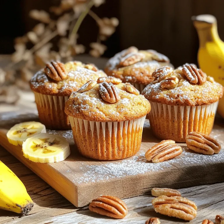 - Ungesalzene Butter - Brauner Zucker - Reife Bananen Die Basis für diese Muffins ist die ungesalzene Butter. Sie macht den Teig reichhaltig und gibt einen tollen Geschmack. Brauner Zucker sorgt für Süße und gibt den Muffins eine schöne, feuchte Textur. Reife Bananen sind der Schlüssel. Sie fügen Feuchtigkeit und natürlichen Zucker hinzu, was die Muffins besonders lecker macht. - Weizenmehl - Natron und Salz - Zimt (optional) Weizenmehl bildet die Grundlage für den Teig. Natron hilft den Muffins beim Aufgehen. Ein wenig Salz steigert den Geschmack. Zimt ist optional, aber er fügt eine warme Note hinzu. Wenn du eine spezielle Vorliebe für Gewürze hast, kann Zimt die Aromen perfekt ergänzen. - Pekannüsse (geröstet) - Vanilleextrakt - Eier Geröstete Pekannüsse bringen Crunch und Geschmack. Sie sind eine tolle Ergänzung zu den weichen Muffins. Vanilleextrakt gibt ein süßes Aroma. Eier binden die Zutaten und machen den Teig stabil. Jedes dieser Elemente trägt zu einem köstlichen Gesamtbild bei. Für das vollständige Rezept schaue dir die Sektion [Full Recipe] an. Heize deinen Ofen auf 175°C vor. Diese Temperatur ist ideal für das Backen. Bereite dein Muffinblech vor. Du kannst es mit Papierförmchen auslegen oder leicht einfetten. So bleibt der Teig nicht kleben. Um die Butter zu bräunen, nimm einen mittelgroßen Topf. Schmelze die Butter bei mittlerer Hitze. Achte darauf, dass sie goldbraun wird. Das dauert etwa 5-7 Minuten. Rühre oft um, damit sie nicht anbrennt. Wenn sie nussig riecht, ist sie fertig. Nimm sie vom Herd und lass sie kurz abkühlen. Jetzt kümmerst du dich um die nassen Zutaten. In einer großen Schüssel mische die braune Butter mit dem braunen Zucker. Rühre gut, bis alles kombiniert ist. Füge die zerdrückten Bananen, Eier und Vanilleextrakt hinzu. Rühre alles mit einem Schneebesen glatt. In einer zweiten Schüssel bereitest du die trockenen Zutaten vor. Mische das Mehl, Natron, Salz und optional Zimt. Rühre diese Mischung gründlich um, damit alles gleichmäßig verteilt ist. Jetzt kannst du die trockenen Zutaten in die nassen Zutaten falten. Mache das vorsichtig, bis alles gerade so vermischt ist. Es ist okay, wenn noch einige Klumpen bleiben. Füge nun die gerösteten Pekannüsse hinzu und falte sie sanft in den Teig. Um perfekte Muffins zu machen, ist es wichtig, die Mischung nicht zu überarbeiten. Wenn Sie die trockenen und nassen Zutaten zusammenführen, mischen Sie sie nur so lange, bis alles feucht ist. Klumpen sind in Ordnung. Übermischung kann zu zähen Muffins führen. Die Temperatur der Zutaten spielt eine große Rolle. Stellen Sie sicher, dass die Butter weich, aber nicht geschmolzen ist. Zimmerwarme Eier und Bananen helfen, dass der Teig gleichmäßig gelingt. Um noch mehr Geschmack zu erhalten, fügen Sie Schokoladenstückchen hinzu. Diese sorgen für eine süße Überraschung in jedem Bissen. Sie können auch andere Nüsse verwenden. Mandeln oder Walnüsse sind tolle Alternativen zu Pekannüssen. Zu diesen Muffins passen viele Begleiter. Ein Klecks Butter oder ein wenig Frischkäse schmeckt großartig. Für besondere Anlässe können Sie die Muffins auf einem Holzbrett anrichten. Bestäuben Sie sie mit Puderzucker oder garnieren Sie sie mit extra gerösteten Pekannüssen. Das sieht schön aus und schmeckt auch gut. {{image_4}} Für eine glutenfreie Variante gebe ich Ihnen einen einfachen Trick. Verwenden Sie glutenfreies Mehl. Achten Sie darauf, ein 1:1 Ersatzmehl zu wählen. Dies hilft, die gleiche Textur zu erreichen. Möglicherweise müssen Sie die Konsistenz anpassen. Fügen Sie etwas mehr Flüssigkeit hinzu, wenn der Teig zu dick ist. So bleiben die Muffins saftig und lecker. Wenn Sie eine vegane Version möchten, nutzen Sie pflanzliche Zutaten. Ersetzen Sie die Eier durch Apfelmus oder Leinsamen. Für die Butter nehmen Sie vegane Margarine oder Kokosöl. Diese Alternativen sorgen dafür, dass die Muffins immer noch gut schmecken. Achten Sie darauf, dass alle Zutaten pflanzlich sind, um das Rezept vegan zu halten. Sie können die Muffins ganz leicht abändern. Fügen Sie weitere Früchte hinzu, wie Äpfel oder Heidelbeeren. Diese geben den Muffins einen neuen Twist. Auch Gewürze sind eine tolle Idee. Zimt oder Muskatnuss bringen unterschiedliche Aromen. Experimentieren Sie und finden Sie Ihre Lieblingskombination! Bewahre die Muffins in einem luftdichten Behälter auf. So bleiben sie frisch und feucht. Wenn du sie im Kühlschrank lagerst, verlängert sich die Haltbarkeit. Bei Zimmertemperatur sind sie jedoch weicher und schmackhafter. Die Muffins halten sich max. 3-5 Tage. Um Austrocknung zu vermeiden, lege ein Stück Brot in den Behälter. Das hilft, die Feuchtigkeit zu halten. Um die Muffins einzufrieren, lasse sie zuerst abkühlen. Lege sie dann in Gefrierbeutel. Achte darauf, die Luft herauszudrücken, bevor du sie verschließt. Zum Auftauen lege sie einfach bei Zimmertemperatur für ein paar Stunden hin. So bleiben sie saftig und lecker. Um die Muffins fluffiger zu machen, gibt es einige einfache Tipps. Verwenden Sie frische Zutaten. Alte Backpulver oder Natron können die Textur beeinträchtigen. Messen Sie das Mehl genau. Zu viel Mehl macht die Muffins dicht. Falten Sie die trockenen Zutaten sanft in die nassen. Dies hilft, die Luft im Teig zu halten. Lassen Sie die Muffins nicht zu lange rühren. Ein paar Klumpen sind in Ordnung. Ja, Sie können die Pekannüsse weglassen. Es gibt viele Alternativen. Walnüsse sind eine gute Wahl. Sie bieten einen ähnlichen Geschmack und Textur. Wenn Sie Nüsse ganz vermeiden, fügen Sie Schokoladenstückchen hinzu. Diese geben einen süßen Kontrast. Denken Sie daran, dass der Muffin dann etwas anders schmecken wird. Die Muffins halten sich gut. Sie können sie in einem luftdichten Behälter aufbewahren. Bei Raumtemperatur bleiben sie etwa 3 Tage frisch. Im Kühlschrank halten sie bis zu einer Woche. Für längere Lagerung können Sie die Muffins einfrieren. So bleiben sie bis zu 3 Monate haltbar. Lassen Sie sie einfach bei Raumtemperatur auftauen, wenn Sie bereit sind, sie zu genießen. Wenn Sie keine Bananen haben, gibt es Alternativen. Apfelmus ist eine gute Wahl. Verwenden Sie eine Tasse Apfelmus für zwei Bananen. Zucchini kann auch funktionieren. Sie gibt Feuchtigkeit, hat aber einen anderen Geschmack. Denken Sie daran, dass der Muffin dann ein wenig anders schmecken kann. Experimentieren Sie, um herauszufinden, was Ihnen am besten gefällt. Diese Muffins sind einfach und lecker. Wir haben die Hauptzutaten wie Bananen und Butter besprochen. Die richtige Technik ist wichtig, um sie perfekt zu machen. Tipps wie die Temperatur der Zutaten helfen, die besten Muffins zu backen. Sie können sie lagern oder sogar einfrieren. Variationen erlauben neue Geschmäcker. Probieren Sie, die Rezepte anzupassen. So gestalten Sie Ihre Muffins besonders. Viel Spaß beim Backen und Genießen!