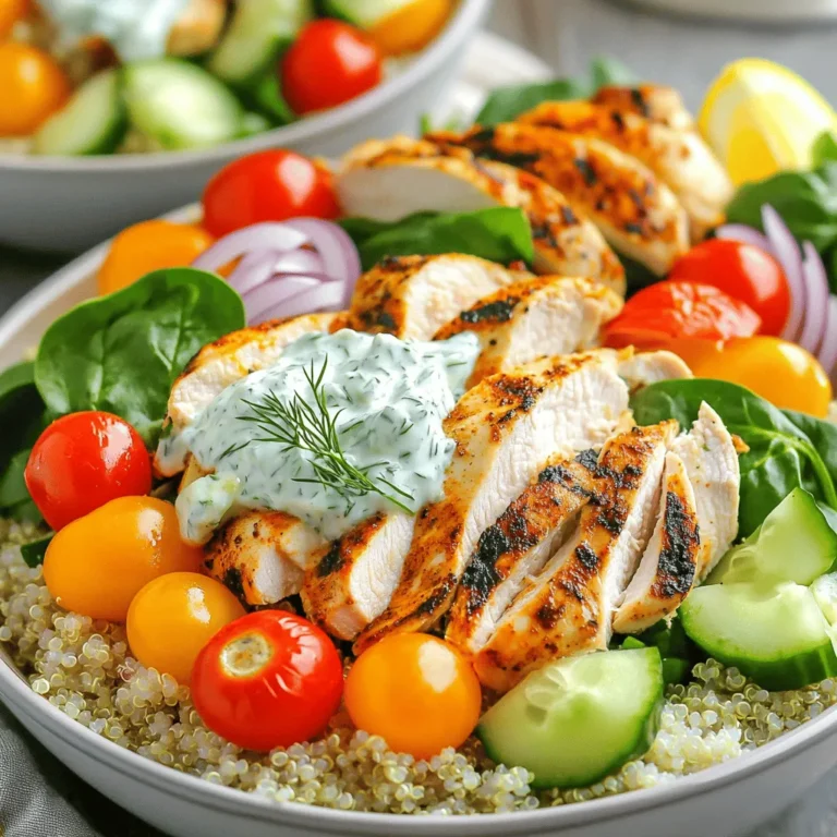 Für die Chicken Tzatziki Bowls benötigen wir einige frische und gesunde Zutaten. Hier sind die Hauptbestandteile: - 2 Hähnchenbrustfilets ohne Knochen und Haut - 1 Tasse gekochte Quinoa - 1 Tasse Kirschtomaten, halbiert - 1 Gurke, gewürfelt - 1 Tasse Babyspinat - ½ rote Zwiebel, dünn geschnitten - ½ Tasse griechischer Joghurt, natur Diese Zutaten liefern nicht nur Geschmack, sondern auch viele Nährstoffe. Quinoa ist eine tolle Quelle für Protein und Ballaststoffe. Hähnchen bringt mageres Protein, während das Gemüse für Vitamine sorgt. Um das Hähnchen zu würzen, verwenden wir eine einfache Marinade. Diese besteht aus: - 1 Teelöffel Knoblauchpulver - 1 Teelöffel Paprika - 1 Teelöffel getrockneter Oregano - Salz und Pfeffer nach Geschmack - 2 Esslöffel Olivenöl Die Marinade verleiht dem Hähnchen einen tollen Geschmack. Olivenöl sorgt für Saftigkeit und gesunde Fette. Die Gewürze bringen mediterrane Aromen in dein Gericht. Einige ergänzende Zutaten machen die Schüsseln noch besser. Dazu gehören: - 1 Esslöffel Zitronensaft - 1 Knoblauchzehe, fein gehackt - Frischer Dill, zum Garnieren Diese Zutaten bringen Frische und Geschmack. Zitronensaft gibt einen spritzigen Touch. Frischer Dill macht das Gericht schön anzusehen und verleiht einen tollen Duft. So werden die Chicken Tzatziki Bowls zum perfekten gesunden Genussmoment. Das ist der Schlüssel für ein köstliches Essen, das du nicht vergessen wirst. Wenn du mehr über die Zubereitung erfahren möchtest, schau dir das vollständige Rezept [Full Recipe] an. Zuerst heizen Sie Ihren Grill oder eine Grillpfanne auf mittelhohe Hitze vor. Nehmen Sie die Hähnchenbrustfilets und legen Sie sie auf ein Schneidebrett. Mischen Sie in einer kleinen Schüssel das Knoblauchpulver, Paprika, Oregano, Salz, Pfeffer und Olivenöl. Diese Marinade gibt dem Hähnchen viel Geschmack. Jetzt bestreichen Sie die Hähnchenbrustfilets gleichmäßig mit der Marinade. Lassen Sie sie für etwa 15 Minuten ziehen. So kann das Hähnchen die Aromen gut aufnehmen. Grillen Sie das marinierte Hähnchen jetzt für 6-7 Minuten auf jeder Seite. Es sollte gut durchgegart sein. Die Innentemperatur muss 75°C erreichen. Nach dem Grillen nehmen Sie das Hähnchen vom Grill und lassen es 5 Minuten ruhen. Dann schneiden Sie es in Scheiben. Während das Hähnchen ruht, bereiten Sie das Tzatziki vor. Nehmen Sie eine separate Schüssel. Kombinieren Sie dort den griechischen Joghurt, Zitronensaft, gehackten Knoblauch und eine Prise Salz. Mischen Sie alles gut zusammen. Das Tzatziki sollte cremig und lecker sein. Stellen Sie es beiseite, während Sie die Schüsseln anrichten. Jetzt kommen wir zur Montage der Schüsseln. Beginnen Sie mit einer Basis aus gekochter Quinoa. Verteilen Sie die Quinoa gleichmäßig auf zwei Schüsseln. Darauf legen Sie die in Scheiben geschnittene Hähnchenbrust. Fügen Sie dann halbierte Kirschtomaten, gewürfelte Gurke, Babyspinat und rote Zwiebel hinzu. Das Beste kommt zum Schluss: Beträufeln Sie die Schüsseln großzügig mit der selbstgemachten Tzatziki-Sauce. Garnieren Sie die Schüsseln mit frischem Dill. Servieren Sie die Schüsseln in tiefen Tellern und gruppieren Sie die Zutaten bunt. Fügen Sie einen Zitronenschnitz an die Seite hinzu. So sieht das Gericht frisch und einladend aus. Für das vollständige Rezept, sehen Sie sich die [Full Recipe] an. Um ein zartes und saftiges Hähnchen zu grillen, ist die richtige Technik wichtig. Erwärmen Sie Ihren Grill oder die Grillpfanne auf mittelhohe Hitze. Marinieren Sie die Hähnchenbrustfilets gut, damit sie die Aromen aufnehmen. Legen Sie das Hähnchen auf den Grill und lassen Sie es 6-7 Minuten pro Seite garen. Überprüfen Sie die Innentemperatur: Sie sollte 75°C erreichen. Lassen Sie das Hähnchen nach dem Grillen fünf Minuten ruhen, bevor Sie es schneiden. So bleibt es saftig und lecker. Tzatziki ist einfach zu variieren. Sie können verschiedene Kräuter hinzufügen, um den Geschmack zu ändern. Dill ist klassisch, aber Minze bringt Frische. Wenn Sie es schärfer mögen, fügen Sie etwas geriebenen Rettich oder Chili hinzu. Für eine cremigere Konsistenz verwenden Sie mehr griechischen Joghurt oder fügen Sie etwas Frischkäse hinzu. Experimentieren Sie mit Zitronensaft oder Essig, um die Säure anzupassen. Finden Sie die perfekte Balance für Ihren Geschmack. Die Präsentation Ihrer Chicken Tzatziki Bowls macht viel aus. Nutzen Sie tiefe Teller, um die Zutaten ansprechend anzuordnen. Beginnen Sie mit der Quinoa als Basis. Fügen Sie das Hähnchen und das Gemüse in bunten Gruppen hinzu. Garnieren Sie die Schüssel mit einem Spritzer Tzatziki und frischem Dill. Ein Zitronenschnitz an der Seite bringt Farbe und Frische. Diese kleinen Details machen Ihre Schüsseln noch appetitlicher. {{image_4}} Du kannst die Hähnchenbrust durch gegrillte Auberginen oder Zucchini ersetzen. Diese Gemüsesorten bringen einen tollen Grillgeschmack. Tofu ist auch eine gute Wahl. Marinier ihn gleich wie das Hähnchen. So bleibt der Geschmack intensiv. Einige Beilagen passen gut zu den Chicken Tzatziki Bowls. Du könntest Feta-Käse hinzufügen. Er gibt einen salzigen, cremigen Geschmack. Oliven oder gebratene Kichererbsen sind ebenfalls klasse Ergänzungen. Diese bringen eine neue Textur und machen das Gericht noch spannender. Für eine gesunde Option kannst du Quinoa durch Blumenkohlreis ersetzen. Das spart Kohlenhydrate und fügt Ballaststoffe hinzu. Wenn du weniger Kalorien möchtest, verwende griechischen Joghurt mit weniger Fett für das Tzatziki. Das bleibt lecker und gesund. Für die vollständige Zubereitung, schau dir das [Full Recipe] an. Hähnchen sollte immer im Kühlschrank gelagert werden. Wickeln Sie das gegrillte Hähnchen gut ein oder legen Sie es in einen luftdichten Behälter. So bleibt es frisch. Tzatziki kann ebenfalls im Kühlschrank aufbewahrt werden. Verwenden Sie einen verschlossenen Behälter, um den Geschmack zu bewahren. Die ideale Temperatur für die Lagerung von Hähnchen liegt bei 4°C oder kälter. Achten Sie darauf, dass der Kühlschrank nicht zu voll ist. Dies hilft, die kühle Luft zirkulieren zu lassen. Tzatziki sollte ebenfalls kühl gelagert werden, um die Frische der Zutaten zu erhalten. Verwenden Sie Reste von Hähnchen und Tzatziki in verschiedenen Gerichten. Sie können das Hähnchen in Wraps, Salaten oder auf Pizza verwenden. Tzatziki passt gut zu Gemüse-Sticks oder als Dip für Snacks. So nutzen Sie die Reste kreativ und vermeiden Food Waste. Um die perfekte Quinoa zu kochen, spüle sie zuerst gut ab. Das entfernt Bitterstoffe. Verwende dann ein Verhältnis von 1 Teil Quinoa zu 2 Teilen Wasser. Bringe das Wasser zum Kochen, füge die Quinoa hinzu und reduziere die Hitze. Lass die Quinoa 15 Minuten köcheln. Nimm sie vom Herd und lass sie etwa 5 Minuten ruhen. Fluffe die Quinoa mit einer Gabel auf. So erhältst du eine lockere, leckere Basis für deine Chicken Tzatziki Bowls. Ja, du kannst Chicken Tzatziki Bowls im Voraus zubereiten. Koche die Quinoa und das Hähnchen vorher und lagere sie im Kühlschrank. Du kannst das Tzatziki auch am Tag davor machen. Stelle sicher, dass du alles gut abdeckst. Wenn du die Schüsseln servierst, füge frische Zutaten wie Gurken und Tomaten hinzu. So bleiben sie knackig und frisch. Zu Chicken Tzatziki Bowls passen viele Beilagen gut. Überlege, einen einfachen grünen Salat hinzuzufügen. Das bringt frische Aromen. Auch gegrilltes Gemüse ist eine tolle Option. Du kannst auch Pita-Brot oder Oliven als Beilage servieren. Diese Ergänzungen machen das Gericht noch bunter und schmackhafter. Chicken Tzatziki Bowls sind einfach und lecker. Wir haben die Hauptzutaten, Gewürze und ergänzende Zutaten besprochen. Die Schritt-für-Schritt-Anleitung macht die Zubereitung leicht. Tipps zur perfekten Grilltechnik und Präsentation helfen dir sicher weiter. Variationen bringen Abwechslung, auch für Vegetarier. Genaue Lagerungshinweise sichern frische Reste. Nutze diese Infos, um dein Gericht zu meistern. Viel Spaß beim Kochen und Genießen!