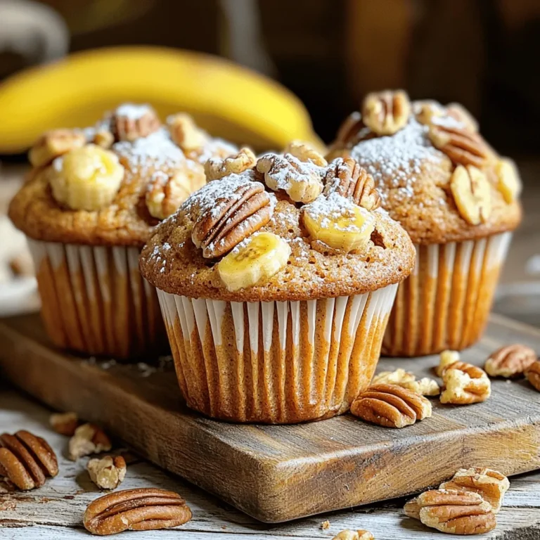 Für die leckeren Brown Butter Pecan Banana Bread Muffins brauchst du: - 1 Tasse (2-3 reife) Bananen, püriert - 1/2 Tasse ungesalzene Butter (zum Bräunen) - 1/2 Tasse Zucker - 1/4 Tasse brauner Zucker - 2 große Eier - 1 Teelöffel Vanilleextrakt - 1 Teelöffel Natron - 1/2 Teelöffel Backpulver - 1/4 Teelöffel Salz - 1 1/2 Tassen Weizenmehl - 1/2 Tasse Pekannüsse, gehackt (plus zusätzlich für die Dekoration) - 1/2 Teelöffel gemahlener Zimt (optional) Die Menge ist wichtig für den Geschmack. Verwende frische, reife Bananen. Sie geben den Muffins eine schöne Süße. Die ungesalzene Butter ist ideal, da du die Kontrolle über den Salzgehalt behältst. Braune Butter bringt einen nussigen Geschmack. Der Zucker und braune Zucker sorgen für eine gute Textur. Achte darauf, die Eier gut zu schlagen, damit die Muffins fluffig werden. Wenn du keine Pekannüsse magst, kannst du Walnüsse verwenden. Du kannst auch die Mehlsorte ändern. Vollkornmehl ist eine gesunde Option. Für eine vegane Version, ersetze die Eier mit Apfelmus oder Leinsamen. Anstelle von Vanilleextrakt kannst du auch Mandel- oder Kokosnussaroma verwenden. Wenn du Zimt magst, füge mehr hinzu für einen stärkeren Geschmack. Für das vollständige Rezept, schau dir den Abschnitt "Full Recipe" an. Zuerst heize deinen Ofen auf 180°C vor. Bereite dein Muffin-Blech vor, indem du es mit Papierförmchen auslegst oder leicht einfettest. Achte darauf, alle Zutaten bereit zu haben. Du brauchst reife Bananen, Butter, Zucker, Eier und Pekannüsse. Das macht die Zubereitung einfacher und schneller. Beginne damit, die Butter in einem mittelgroßen Topf bei mittlerer Hitze zu schmelzen. Rühre die Butter regelmäßig um. Lass sie einige Minuten kochen, bis sie goldbraun wird. Dieser Schritt gibt den Muffins einen tollen Geschmack. Nimm die Butter vom Herd und lass sie etwas abkühlen. In einer großen Schüssel vermischst du die pürierten Bananen, den weißen und braunen Zucker sowie die gebräunte Butter. Rühre alles gut, bis die Mischung cremig wird. Füge dann die Eier nacheinander hinzu und rühre nach jeder Zugabe gut um. Vergiss nicht, den Vanilleextrakt unterzurühren! In einer separaten Schüssel mischst du Natron, Backpulver, Salz, Mehl und Zimt. Füge die trockenen Zutaten langsam zur feuchten Mischung hinzu. Mische alles vorsichtig, bis es gerade so vermischt ist. Übermische den Teig nicht, sonst werden die Muffins hart. Hebe die gehackten Pekannüsse vorsichtig unter den Teig. Teile den Teig gleichmäßig in die Muffinförmchen auf. Fülle jedes Förmchen etwa zu drei Vierteln. Streue einige gehackte Pekannüsse obenauf für extra Crunch. Backe die Muffins im vorgeheizten Ofen für 18 bis 22 Minuten. Überprüfe sie mit einem Zahnstocher. Wenn er sauber herauskommt, sind die Muffins fertig. Lass die Muffins etwa 5 Minuten im Blech abkühlen. Danach transferiere sie auf ein Kuchengitter, um vollständig abzukühlen. Serviere die Muffins warm, bestäubt mit Puderzucker und mit ein paar zusätzlichen Pekannüssen obenauf. Genieße sie mit Butter oder Frischkäse für noch mehr Geschmack. Das Rezept für diese köstlichen Muffins findest du in der [Full Recipe]. Um die besten Muffins zu backen, folge diesen einfachen Tipps: - Verwende reife Bananen: Je reifer die Bananen, desto süßer und geschmackvoller werden die Muffins. - Bräune die Butter richtig: Achte darauf, die Butter goldbraun zu machen. Dies bringt einen nussigen Geschmack. - Nicht übermixen: Rühre den Teig nur, bis alles vermischt ist. Übermixen macht die Muffins hart. - Fülle die Förmchen richtig: Fülle die Förmchen zu drei Vierteln. So gehen die Muffins beim Backen nicht über. Es gibt einige häufige Fehler, die du vermeiden solltest: - Zu kalte Zutaten: Lass Eier und Butter auf Raumtemperatur kommen. Das hilft, den Teig besser zu vermischen. - Falsche Backzeit: Prüfe die Muffins mit einem Zahnstocher. Sie sollten sauber herauskommen. - Nicht genug Nüsse: Verwende genügend Pekannüsse für einen guten Crunch. Du kannst die Muffins leicht anpassen, um neue Geschmäcker zu entdecken: - Schokolade: Füge Schokoladenstückchen hinzu, um eine süße Note zu geben. - Gewürze: Probiere Muskatnuss oder Ingwer für einen würzigen Kick. - Trockenfrüchte: Rosinen oder getrocknete Cranberries bringen zusätzliche Süße und Textur. Mit diesen Tipps und Tricks wirst du sicher die besten Brown Butter Pecan Banana Bread Muffins backen. Für das vollständige Rezept, sieh dir [Full Recipe] an. {{image_4}} Um die Brown Butter Pecan Banana Bread Muffins frisch zu halten, lege sie in einen luftdichten Behälter. Du kannst sie bei Raumtemperatur aufbewahren, aber ich empfehle, sie im Kühlschrank zu lagern. Das verlängert die Frische und den Geschmack. Wenn du sie länger aufbewahren möchtest, friere die Muffins ein. Wickele sie gut in Frischhaltefolie und lege sie in einen Gefrierbeutel. Bei Raumtemperatur sind die Muffins etwa 2 bis 3 Tage haltbar. Im Kühlschrank bleiben sie bis zu einer Woche frisch. Wenn du die Muffins eingefroren hast, sind sie bis zu 3 Monate haltbar. Achte darauf, sie richtig zu verpacken, damit sie nicht austrocknen. Um die Muffins aufzuwärmen, kannst du sie einfach in den Ofen legen. Heize ihn auf 160°C vor. Lege die Muffins auf ein Backblech und wärme sie für etwa 10 Minuten auf. Du kannst auch die Mikrowelle benutzen. Erwärme sie kurz, etwa 15 bis 20 Sekunden. Achte darauf, dass sie nicht zu heiß werden. Serviere sie warm, um den vollen Geschmack zu genießen. Diese Muffins passen gut zu vielen Beilagen. Du kannst sie mit frischem Obst servieren. Eine Mischung aus Erdbeeren und Blaubeeren bringt Farbe und Frische. Ein Klecks griechischer Joghurt dazu sorgt für Cremigkeit. Ein Gläschen Honig gibt einen süßen Kick. Du kannst auch etwas Erdnussbutter oder Marmelade auf die Muffins streichen. Die Muffins sind perfekt für ein schnelles Frühstück. Sie sind einfach zu nehmen und schmecken warm oder kalt. Du kannst sie auch als Snack in die Schule oder zur Arbeit mitnehmen. Sie sind nahrhaft und halten lange satt. Eine Tasse Kaffee oder Tee ergänzt das Frühstück wunderbar. Für besondere Anlässe kannst du die Muffins schön anrichten. Lege sie auf eine große Platte und streue etwas Puderzucker darüber. Füge frische Minze als Garnitur hinzu. Das sieht toll aus und duftet gut. Auch eine kleine Schale mit Schokoladensauce zum Dippen macht Eindruck. Diese Präsentation zieht alle Blicke auf sich. Um die Muffins glutenfrei zu machen, tausche Weizenmehl gegen eine glutenfreie Mischung aus. Achte darauf, dass die Mischung für Backwaren geeignet ist. Beliebte Optionen sind Mandelmehl oder Hafermehl. Diese Mehle bringen einen tollen Geschmack und eine gute Textur. Du kannst auch eine Mischung aus verschiedenen glutenfreien Mehlen verwenden. So bekommst du die beste Konsistenz. Ja, du kannst andere Nüsse verwenden. Walnüsse sind eine tolle Wahl. Sie haben einen ähnlichen Geschmack und Crunch. Mandeln oder Haselnüsse sind ebenfalls gute Alternativen. Hacke die Nüsse grob, bevor du sie zum Teig gibst. So verteilen sie sich gut in den Muffins. Du kannst auch die Nüsse ganz weglassen, wenn du eine nussfreie Option möchtest. Die Muffins brauchen etwa 5 Minuten im Blech, um abzukühlen. Dann lege sie auf ein Kuchengitter. Dort kühlen sie etwa 15 bis 20 Minuten ab. So sind sie perfekt, um sie zu servieren. Wenn du sie zu früh schneidest, könnten sie noch feucht sein. Warte, bis sie ganz abgekühlt sind, damit die Textur richtig wird. Du hast nun alle Schritte, um perfekte Muffins zu machen. Von den Zutaten über die Zubereitung bis zur Lagerung habe ich dir viele Tipps gegeben. Denke daran, beim Backen Spaß zu haben und rumzuprobieren. Variiere die Aromen und achte auf die Lagerung. Gute Muffins sind einfach, wenn man die richtigen Methoden kennt. Nutze die Vorschläge und schaffe deine eigenen leckeren Kreationen. So wird jede Gelegenheit zu einem speziellen Moment.