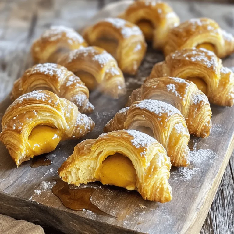 Für dieses Rezept brauchen wir einige einfache Zutaten. Hier sind die Hauptzutaten: - 1 Dose (425 g) Kürbispüree - 115 g ungesalzene Butter, weich - 100 g brauner Zucker - 130 g Puderzucker - 2 Teelöffel gemahlener Zimt - 1/2 Teelöffel Muskatnuss - 1 Teelöffel Vanilleextrakt - 1 Packung (250 g) Croissant-Teig (1 Dose) - 30 g Allzweckmehl (zum Bemehlen) - 1 Esslöffel Ahornsirup (zum Beträufeln) - Prise Salz Diese Zutaten ergeben köstliche und weiche Donuts. Sie sind perfekt für den Herbst. Wenn Sie spezielle Diäten haben, gibt es Alternativen. Für vegane Donuts können Sie die Butter durch pflanzliche Margarine ersetzen. Nutzen Sie auch einen pflanzlichen Zuckerersatz, um den Zucker zu vermeiden. Für glutenfreie Optionen können Sie glutenfreien Croissant-Teig verwenden. Diese Anpassungen machen das Rezept für alle zugänglich. Die Gewürze in diesem Rezept sind nicht nur lecker, sie haben auch gesundheitliche Vorteile. Zimt hat entzündungshemmende Eigenschaften und kann den Blutzucker regulieren. Muskatnuss hat eine beruhigende Wirkung und kann bei Schlafproblemen helfen. Diese Gewürze machen die Donuts nicht nur schmackhaft, sondern auch gesund. Zuerst bereiten wir die Kürbisbutter vor. Nimm eine große Schüssel. Gib die weiche Butter und den braunen Zucker hinein. Schlage alles mit einem Handmixer oder einem Schneebesen. Mische, bis es leicht und luftig ist. Füge dann das Kürbispüree, Zimt, Muskatnuss und Vanilleextrakt hinzu. Streue eine Prise Salz hinein. Mische weiter, bis die Masse glatt ist. Stelle die Mischung beiseite. Heize deinen Backofen auf 175°C vor. Fette ein Mini-Donut-Blech leicht mit Kochspray ein. Jetzt ist es Zeit, den Croissant-Teig vorzubereiten. Rolle den Teig auf einer sauberen, bemehlten Fläche aus. Drücke ihn leicht mit einem Nudelholz, um ihn dünner zu machen. Schneide den Teig in kleine Dreiecke. Achte darauf, dass die Stücke gleich groß sind. Nimm etwa einen Esslöffel der Kürbisbutter-Mischung. Platziere sie am breiteren Ende jedes Dreiecks. Rolle den Teig vorsichtig zur spitzen Seite auf. Achte darauf, die Füllung gut einzuschließen. Lege die gerollten Croissants in das Mini-Donut-Blech. Achte darauf, dass sie sich nicht berühren. Backe die Donuts 12 bis 15 Minuten. Sie sollten goldbraun sein. Lass sie fünf Minuten in der Form abkühlen. Danach lege sie auf ein Kuchengitter. Mische in einer kleinen Schüssel Puderzucker und Ahornsirup. Füge schrittweise Wasser hinzu. Rühre, bis die Glasur gut gießbar ist. Träufle die Glasur über die warmen Croissant-Donuts. Lass die Glasur einige Minuten anziehen. Jetzt sind die Donuts bereit zum Servieren. Du kannst sie warm oder bei Raumtemperatur genießen. Für das perfekte Finish, garniere sie mit etwas Zimtpulver oder Kürbiskernen. Um die besten Donuts zu backen, ist die Temperatur wichtig. Heizen Sie den Ofen gut vor. Achten Sie darauf, dass die Donuts gleichmäßig gebacken werden. Verwenden Sie frischen Croissant-Teig für den besten Geschmack. Füllen Sie die Donuts gut, aber nicht zu viel. So vermeiden Sie, dass die Füllung herausläuft. Ein häufiger Fehler ist die falsche Ofentemperatur. Ein zu heißer Ofen kann die Donuts verbrennen. Achten Sie darauf, den Teig nicht zu dick auszurollen. Wenn er zu dick ist, werden die Donuts innen nicht durchgebacken. Lassen Sie die Donuts nach dem Backen nicht zu lange in der Form. Das kann sie feucht machen und die Knusprigkeit beeinträchtigen. Für die Glasur sollten Sie Puderzucker und Ahornsirup gut vermengen. Fügen Sie schrittweise Wasser hinzu. Die Glasur sollte gut fließen, aber nicht zu dünn sein. Wenn sie zu dick ist, fügen Sie mehr Wasser hinzu. Wenn sie zu dünn ist, mehr Puderzucker. So gelingt eine tolle Glasur, die die Donuts schön überzieht. {{image_4}} Um diese Mini Kürbisbutter Croissant Donuts spannend zu halten, kann man die Füllung variieren. Anstelle von Kürbisbutter probiere Apfelmus oder Schokoladencreme. Für eine fruchtige Note sind Himbeermarmelade oder Erdbeerkonfitüre auch tolle Optionen. Du kannst sogar eine Mischung aus verschiedenen Füllungen machen, um jeden Biss einzigartig zu gestalten. Wenn du glutenfrei leben möchtest, gibt es tolle Alternativen. Nutze glutenfreien Croissant-Teig, den viele Marken anbieten. Du kannst auch selbst einen Teig aus glutenfreien Mehlen herstellen. Achte darauf, dass die Konsistenz ähnlich ist, um die besten Ergebnisse zu erzielen. So kannst du trotzdem die leckeren Donuts genießen. Die Gewürze sind der Schlüssel zu leckeren Donuts. Du kannst mit dem Zimt experimentieren und mehr oder weniger hinzufügen. Auch Ingwer oder Kardamom geben den Donuts eine besondere Note. Für Fans von Schokolade, füge Kakaopulver zur Füllung hinzu. So passen sich die Donuts an jeden Geschmack an und bleiben immer interessant. Um die Frische der Mini Kürbisbutter Croissant Donuts zu bewahren, lege sie in einen luftdichten Behälter. Dies schützt sie vor Feuchtigkeit und hält sie länger lecker. Du kannst auch etwas Backpapier verwenden, um sie voneinander zu trennen. So kleben sie nicht zusammen. Im Kühlschrank halten die Donuts etwa 3 bis 5 Tage. Stelle sicher, dass sie gut verpackt sind. Wenn du die Donuts länger aufbewahren möchtest, friere sie ein. In einem luftdichten Behälter halten sie bis zu 3 Monate im Gefrierschrank. So bleiben sie frisch und schmackhaft. Um die Donuts wieder warm zu machen, heize deinen Ofen auf 180°C vor. Lege die Donuts auf ein Backblech und erwärme sie für etwa 5-7 Minuten. Alternativ kannst du sie auch in der Mikrowelle für 10-15 Sekunden aufwärmen. Achte darauf, sie nicht zu lange zu erhitzen, damit sie nicht austrocknen. Mini Kürbisbutter Croissant Donuts halten sich gut. Sie sind frisch am besten. Bei Raumtemperatur bleiben sie etwa zwei Tage lecker. Im Kühlschrank halten sie bis zu einer Woche. Achten Sie darauf, sie in einem luftdichten Behälter aufzubewahren. Ja, Sie können die Donuts im Voraus zubereiten. Bereiten Sie die Kürbisbutter und den Teig vor. Formen Sie die Donuts und legen Sie sie in die Form. Decken Sie die Form ab und kühlen Sie sie bis zum Backen. Sie können sie auch nach dem Backen einfrieren. Croissant-Teig ist in den meisten Supermärkten erhältlich. Schauen Sie im Kühlregal nach. Marken wie Pillsbury und andere bieten ihn an. Auch Bio- und Reformhäuser führen oft frischen Teig. Sie können auch braunen Zucker verwenden. Mahlen Sie ihn für eine feinere Textur. Alternativ können Sie Honig oder Agavendicksaft verwenden. Diese fügen einen süßen Geschmack hinzu. Mini Kürbisbutter Croissant Donuts sind ein einfacher und köstlicher Genuss. Wir haben die Hauptzutaten, die Zubereitung, nützliche Tipps und Variationen behandelt. Diese Donuts sind nicht nur lecker, sondern auch anpassbar für besondere Diäten. Denke daran, die richtige Lagerung zu beachten, um ihre Frische zu erhalten. Experimentiere mit verschiedenen Gewürzen und Füllungen, um deinen perfekten Donut zu kreieren. Mit diesen Informationen bist du bereit, diese Leckerei zu genießen. Viel Spaß beim Backen!