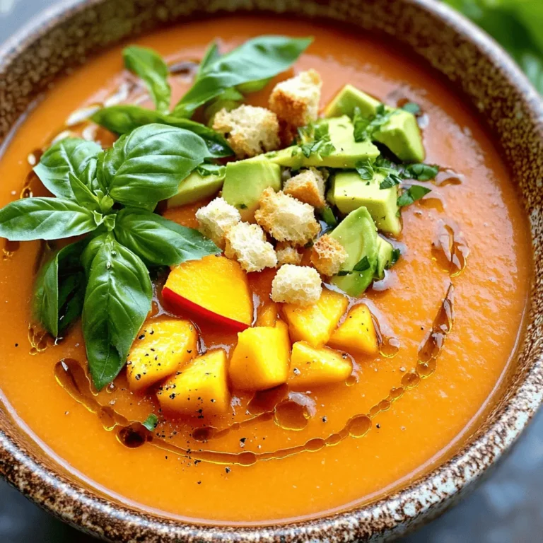 - 4 große reife Tomaten, feuergeröstet und geschält - 2 reife Pfirsiche, gewürfelt - 1 kleine Gurke, geschält und gewürfelt - 1 kleine rote Paprika, gewürfelt - 1/4 kleine rote Zwiebel, fein gehackt - 2 Knoblauchzehen, fein gehackt - 3 Tassen Gemüsebrühe - 2 Esslöffel Olivenöl - 2 Esslöffel Rotweinessig (oder Apfelessig) - 1 Teelöffel frisches Basilikum, gehackt - Salz und Pfeffer nach Geschmack - Optional: gewürfelte Avocado und Croutons zum Servieren Um eine köstliche Feuergeröstete Tomaten-Pfirsich-Gazpacho zu machen, benötigen Sie frische und reife Zutaten. Zuerst sind die Hauptzutaten wichtig. Die feuergerösteten Tomaten bringen viel Geschmack. Die Pfirsiche fügen eine süße Note hinzu, während die Gurke für Frische sorgt. Dann kommen die weiteren Zutaten. Rote Paprika, Zwiebel und Knoblauch geben der Gazpacho Tiefe und Aroma. Für die Flüssigkeit verwenden wir Gemüsebrühe. Diese sorgt für eine gute Basis. Olivenöl bringt gesunde Fette und Geschmack. Der Rotweinessig fügt eine angenehme Säure hinzu, die alles ausgleicht. Zum Schluss sind die Gewürze entscheidend. Frisches Basilikum und Salz sowie Pfeffer bringen den Gaumen zum Tanzen. Sie können die Gazpacho nach Belieben mit Avocado und Croutons garnieren. Diese Zutaten verleihen dem Gericht zusätzlichen Biss und Eleganz. Für das vollständige Rezept schauen Sie sich die vollständige Anleitung an. Feuerrosten der Tomaten: Techniken und Tipps Um die besten Aromen zu bekommen, röste die Tomaten über einer offenen Flamme. Du kannst auch einen Grill benutzen. Stelle sicher, dass die Haut gut schwarz wird. Das gibt der Gazpacho einen rauchigen Geschmack. Abkühlen, schälen und schneiden Lass die gerösteten Tomaten nach dem Rösten abkühlen. Dies macht das Schälen leicht. Entferne die Haut und schneide die Tomaten in kleine Stücke. Achte darauf, den Saft aufzufangen. Dieser Saft ist wertvoll für die Gazpacho. Hinzufügen der vorbereiteten Zutaten in den Mixer Jetzt kommt der Spaß! Gib die feuergerösteten Tomaten, gewürfelte Pfirsiche, Gurke, Paprika, Zwiebel und Knoblauch in den Mixer. Diese Mischung bringt die Frische in deine Gazpacho. Richtiges Verhältnis der Zutaten für beste Ergebnisse Achte darauf, die Gemüsebrühe gut zu dosieren. Sie gibt der Gazpacho die richtige Flüssigkeit. Zu viel Brühe macht sie wässrig. Ich empfehle, mit 3 Tassen zu starten und bei Bedarf mehr hinzuzufügen. Konsistenz anpassen: glatte oder stückige Gazpacho Püriere die Mischung, bis sie die gewünschte Konsistenz hat. Magst du es glatt oder stückig? Püriere mehr für eine glatte Textur. Wenn du Stücke magst, püriere nur kurz. Abschmecken und nachwürzen Jetzt ist es Zeit zu probieren. Füge Salz und Pfeffer nach Geschmack hinzu. Mische frisches Basilikum für einen besonderen Kick. Püriere die Gazpacho noch einmal kurz, damit die Gewürze gut verteilt sind. Kühlzeit im Kühlschrank Fülle die Gazpacho in eine Schüssel und decke sie ab. Lass sie mindestens eine Stunde im Kühlschrank. So entfalten sich die Aromen gut. Serviervorschläge für die Gazpacho Serviere die Gazpacho gut gekühlt. Du kannst sie mit gewürfelter Avocado und Croutons garnieren. Diese Beilagen machen das Gericht noch leckerer. Für das vollständige Rezept schau dir die [Full Recipe] an. Um die richtige Textur zu erreichen, püriere die Zutaten gut. Mixe sie so lange, bis sie glatt sind. Wenn du mehr Biss magst, püriere nur kurz. Du kannst die Gazpacho sowohl als Vorspeise als auch als Hauptgericht servieren. Als Vorspeise ist sie leicht und erfrischend. Als Hauptgericht kannst du mehr Gemüse hinzufügen. Frische Kräuter bringen einen tollen Geschmack. Ich empfehle Basilikum oder Petersilie. Diese Kräuter sind frisch und aromatisch. Du kannst auch Gewürze wie Kreuzkümmel oder Paprika hinzufügen. Diese geben deiner Gazpacho einen neuen Kick. Experimentiere mit verschiedenen Gewürzen für spannende Geschmackserlebnisse. Das Anrichten der Gazpacho ist wichtig. Verwende schöne Schalen oder Gläser. Das sieht toll aus und macht Appetit. Garniere deine Gazpacho mit Avocado oder frischen Kräutern. Ein paar Croutons geben einen schönen Crunch. So wird dein Gericht nicht nur lecker, sondern auch ein echter Hingucker. Wenn du mehr Ideen suchst, schau dir das [Full Recipe] an. {{image_4}} Du kannst das Rezept anpassen, indem du andere Früchte oder Gemüse verwendest. Zum Beispiel, benutze Mango oder Melone statt Pfirsichen. Das gibt deiner Gazpacho eine neue Note. Auch Zucchini oder Karotten passen gut dazu. Die Brühe kann variieren. Versuche Gemüsebrühe oder Hühnerbrühe für einen anderen Geschmack. So bleibt deine Gazpacho spannend und frisch. Saisonale Zutaten bringen mehr Frische in dein Gericht. Im Sommer sind reife Tomaten und Pfirsiche toll. Im Herbst kannst du Kürbis oder Äpfel verwenden. Diese Zutaten geben deiner Gazpacho eine herbstliche Note. Im Winter passen geröstete rote Paprika oder süße Kartoffeln gut. So bleibt dein Rezept das ganze Jahr über interessant. Wenn du vegan oder glutenfrei essen möchtest, ist das einfach. Die Gazpacho ist von Natur aus vegan. Achte nur darauf, dass deine Brühe keine tierischen Produkte enthält. Für glutenfreie Varianten brauchst du keine speziellen Zutaten. Alle verwendeten Zutaten sind bereits glutenfrei. So kannst du das Rezept anpassen, ohne den Geschmack zu verlieren. Für das vollständige Rezept schau dir die Full Recipe an. Um die Gazpacho frisch zu halten, bewahre sie in einem luftdichten Behälter auf. Denke daran, sie gut zu kühlen. Einfrieren ist auch möglich, aber es gibt Vor- und Nachteile. Kühlung hält den Geschmack frisch und die Textur weich. Einfrieren kann die Konsistenz verändern. Der Geschmack bleibt, aber die Gazpacho wird wässriger. Die Gazpacho bleibt im Kühlschrank etwa 3 bis 5 Tage frisch. Achte auf Geruch und Farbe. Wenn die Gazpacho schlecht riecht oder sich die Farbe ändert, ist sie nicht mehr gut. Ein einfacher Test ist, einen kleinen Löffel zu probieren. Wenn sie bitter oder sauer schmeckt, wirf sie weg. Hast du Reste? Es gibt viele Wege, übrig gebliebene Gazpacho zu nutzen. Du kannst sie als Dip für Brot oder Gemüse verwenden. Eine andere Idee ist, sie in Saucen oder Suppen zu mischen. Du kannst auch Gazpacho mit Quinoa oder Reis kombinieren, um eine neue Mahlzeit zu kreieren. Gazpacho bleibt etwa 3 bis 4 Tage frisch im Kühlschrank. Achte darauf, dass du es in einem luftdichten Behälter aufbewahrst. So bleibt es länger frisch. Kontrolliere die Farbe und den Geruch. Wenn es unangenehm riecht oder die Farbe sich ändert, solltest du es nicht mehr essen. Ja, du kannst Gazpacho im Voraus zubereiten. Es schmeckt oft noch besser, wenn die Aromen Zeit haben, sich zu vermischen. Bereite es einen Tag vorher zu und stelle es in den Kühlschrank. So ist es bereit, wenn du es brauchst. Geeignete Beilagen für Gazpacho sind: - Croutons - Gewürfelte Avocado - Ein Löffel griechischer Joghurt - Frische Kräuter wie Basilikum oder Minze Diese Snacks passen gut zu den frischen Aromen der Gazpacho. Traditionell wird Gazpacho kalt serviert. Heiß servierte Gazpacho kann die frischen Aromen verändern. Wenn du es trotzdem warm magst, erwärme es sanft. Achte darauf, dass die frischen Zutaten nicht überkochen. So bleiben die Aromen besser erhalten. Wenn du mehr über die Zubereitung erfahren möchtest, siehe das vollständige Rezept. Die Zutaten und Schritte für eine köstliche Gazpacho sind nun klar. Sie benötigen frische Tomaten, Pfirsiche, Gurken und leckere Gewürze. Die richtige Technik beim Rösten und Pürieren ist entscheidend. Denken Sie daran, die Konsistenz nach Ihrem Geschmack anzupassen und die Gazpacho gut zu kühlen. Experimentieren Sie mit Variationen und saisonalen Zutaten. So bleibt das Rezept spannend und frisch. Genießen Sie die gesunde, erfrischende Gazpacho und teilen Sie sie mit Freunden!