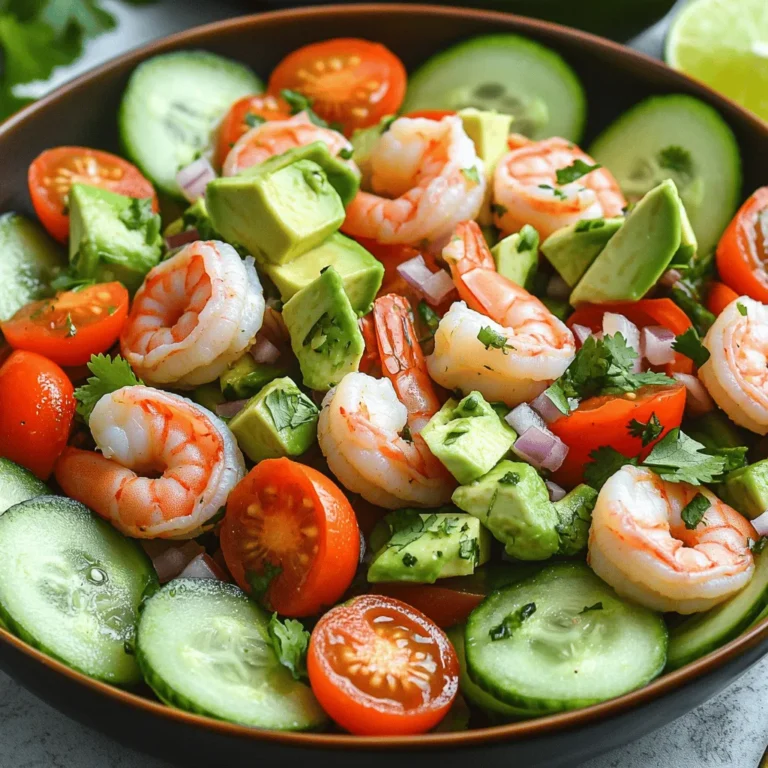 Für den Cucumber Shrimp Salad benötigst du einige wichtige Zutaten. Diese sind: - 450 g Garnelen, geschält und entdarmt - 2 mittelgroße Gurken, dünn geschnitten - 200 g Cherry-Tomaten, halbiert - 1/4 rote Zwiebel, fein gewürfelt - 1 Avocado, gewürfelt - 1/4 Tasse frischer Koriander, gehackt Diese Zutaten sind die Basis des Salats. Sie bringen Frische und Geschmack. Frische Zutaten machen den Salat besonders lecker. Achte darauf, die Gurken und Tomaten frisch zu wählen. Diese Gemüse haben mehr Geschmack und Knackigkeit. Die Garnelen sollten ebenfalls frisch oder gut gefroren sein. Das sorgt für die beste Textur und den besten Geschmack. Wenn du etwas anderes ausprobieren möchtest, gibt es viele Alternativen. Ersetze die Garnelen durch gekochte Hähnchenbrust oder Tofu für eine vegetarische Option. Du kannst auch andere Gemüse wie Paprika oder Karotten hinzufügen. Diese Zutaten bringen neue Aromen in deinen Salat. Für mehr Crunch, füge Nüsse oder Samen hinzu. So kannst du den Salat nach deinem Geschmack anpassen. Für das vollständige Rezept und weitere Details, schau dir die [Full Recipe] an. Um die Garnelen vorzubereiten, füllen Sie einen großen Topf mit Wasser. Fügen Sie eine Prise Salz hinzu. Bringen Sie das Wasser zum Kochen. Wenn es kocht, geben Sie die Garnelen hinein. Kochen Sie sie 2-3 Minuten lang. Die Garnelen sollten pink und opak sein. Nehmen Sie sie aus dem Wasser und spülen Sie sie unter kaltem Wasser ab. Das stoppt den Garprozess. Lassen Sie die Garnelen in einer Schüssel beiseite. Jetzt kommen die Gemüsezutaten ins Spiel. Nehmen Sie zwei Gurken und schneiden Sie sie dünn. Halten Sie sie bereit in einer großen Rührschüssel. Fügen Sie 200 g halbierte Cherry-Tomaten hinzu. Dann nehmen Sie eine rote Zwiebel. Schneiden Sie sie fein und geben Sie sie in die Schüssel. Die Avocado kommt als nächstes. Schneiden Sie sie in kleine Würfel und fügen Sie sie hinzu. Zum Schluss streuen Sie 1/4 Tasse gehackten Koriander über das Gemüse. Achten Sie darauf, dass alles gut vermischt wird. Das Dressing ist einfach zuzubereiten. Nehmen Sie eine kleine Schüssel. Geben Sie 2 Esslöffel Olivenöl hinein. Fügen Sie 2 Esslöffel Limettensaft hinzu. Dann kommt Salz und Pfeffer nach Geschmack. Mögen Sie es scharf? Fügen Sie 1 Teelöffel Chiliflocken hinzu. Verquirlen Sie alles gut mit einer Gabel. Gießen Sie das Dressing über das Gemüse. Mischen Sie alles vorsichtig, sodass das Dressing alle Zutaten umhüllt. Probieren Sie den Salat und passen Sie die Gewürze an. Lassen Sie den Salat 10 Minuten ruhen, damit die Aromen sich entfalten. Für die gesamte Zubereitung schauen Sie sich das Full Recipe an. Ein häufiger Fehler ist, die Garnelen zu lange zu kochen. Sie sollten nur 2-3 Minuten garen. Wenn sie zu lange im Wasser bleiben, werden sie zäh. Achten Sie darauf, die Gurken dünn zu schneiden. Dicke Scheiben machen den Salat schwer. Zu viel Dressing kann den Salat matschig machen. Beginnen Sie mit weniger und fügen Sie nach Geschmack mehr hinzu. Um den Geschmack zu verbessern, verwenden Sie frische Zutaten. Frische Limetten geben mehr Aroma als Flaschenlimettensaft. Fügen Sie frischen Koriander hinzu, um die Aromen zu heben. Chiliflocken bringen einen schönen Kick ins Spiel. Lassen Sie den Salat vor dem Servieren kurz ruhen. So können sich die Aromen gut vermischen. Bereiten Sie die Garnelen im Voraus zu. Sie können sie am Vortag kochen. Lagern Sie sie im Kühlschrank. Das spart Zeit am Tag der Zubereitung. Schneiden Sie das Gemüse ebenfalls vorab. Bewahren Sie es in einem luftdichten Behälter auf. So bleibt alles frisch und knackig. Nutzen Sie die Zeit, um das Dressing vorzubereiten. So läuft alles reibungslos. Verwenden Sie die Full Recipe für eine einfache Anleitung. {{image_4}} Um den Cucumber Shrimp Salad aufzupeppen, füge kreative Zutaten hinzu. Probiere Mango für Süße. Paprika bringt Farbe und Knackigkeit. Du kannst auch Feta-Käse für einen salzigen Kick verwenden. Erdnüsse oder Mandeln geben einen tollen Crunch. Experimentiere mit frischen Kräutern wie Dill oder Minze. Diese Zusätze machen den Salat spannend und lecker. Für eine vegane Version tausche die Garnelen gegen Kichererbsen oder Tofu aus. Diese Optionen sind proteinreich und füllend. Achte darauf, glutenfreie Sojasauce zu verwenden, wenn du sie in dein Dressing einfügst. So bleibt der Salat für alle geeignet. Du kannst auch mehr Gemüse wie Zucchini oder Karotten einfügen. Diese machen den Salat bunt und gesund. Im Sommer kannst du frische Früchte wie Wassermelone oder Pfirsiche hinzufügen. Diese geben dem Salat eine erfrischende Note. Im Herbst sind geröstete Kürbiswürfel eine tolle Ergänzung. Sie liefern eine süße Tiefe. Im Winter kannst du Granatapfelkerne verwenden, die Farbe und Knackigkeit bringen. So bleibt der Cucumber Shrimp Salad das ganze Jahr über interessant und lecker. Um den Cucumber Shrimp Salad frisch zu halten, nutzen Sie einen luftdichten Behälter. Stellen Sie sicher, dass der Salat vollständig abgekühlt ist, bevor Sie ihn einlagern. Lagern Sie ihn im Kühlschrank bei etwa 4 Grad Celsius. So bleibt der Salat knackig und lecker. Der Salat hält sich in der Regel 1 bis 2 Tage im Kühlschrank. Achten Sie darauf, die Avocado erst kurz vor dem Servieren hinzuzufügen. So wird sie nicht braun und der Salat bleibt ansprechend. Überprüfen Sie den Salat täglich auf Frische. Wenn er Anzeichen von Verfärbung oder schlechten Gerüchen zeigt, sollten Sie ihn wegwerfen. Sie können den Salat im Voraus zubereiten, aber lassen Sie das Dressing getrennt. Mischen Sie die Zutaten ohne Dressing und lagern Sie sie im Kühlschrank. Kurz vor dem Servieren fügen Sie das Dressing hinzu. So bleibt der Salat frisch und die Aromen intensiv. Wenn Sie mehr Zeit sparen möchten, schneiden Sie das Gemüse einige Stunden vorher und lagern Sie es in einem Behälter. Du kannst den Cucumber Shrimp Salad im Kühlschrank bis zu zwei Tage aufbewahren. Achte darauf, den Salat in einem luftdichten Behälter zu lagern. So bleibt er frisch und lecker. Die Aromen werden mit der Zeit stärker. Daher schmeckt der Salat am besten am ersten Tag. Ja, du kannst andere Meeresfrüchte verwenden. Zum Beispiel kannst du Krabben oder Jakobsmuscheln einsetzen. Achte darauf, die Meeresfrüchte richtig zu kochen. Das sorgt für die beste Textur und den besten Geschmack. Du kannst auch eine Mischung aus verschiedenen Meeresfrüchten ausprobieren. Das bringt Abwechslung auf den Tisch. Ja, dieser Salat ist sehr gesund und nahrhaft. Er enthält viele frische Zutaten wie Gurken, Tomaten und Avocado. Diese Zutaten sind reich an Vitaminen und Mineralstoffen. Garnelen sind eine gute Proteinquelle. Sie enthalten wenig Fett und viele Nährstoffe. Mit dem Olivenöl und Limettensaft erhältst du gesunde Fette und ein frisches Aroma. Der Cucumber Shrimp Salad bietet frische und leckere Optionen. Wir haben die besten Zutaten, die Zubereitung und nützliche Tipps besprochen. Vergessen Sie nicht, die Garnelen gut vorzubereiten und das Dressing perfekt zu mischen. Variieren Sie den Salat nach Ihrem Geschmack und nutzen Sie saisonale Produkte. Richtig gelagert, bleibt der Salat frisch und lecker. Mit diesen Hinweisen werden Sie leckere Salate genießen. Viel Spaß beim Ausprobieren!