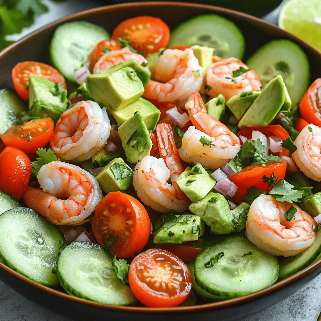 Für den Cucumber Shrimp Salad benötigst du einige wichtige Zutaten. Diese sind: - 450 g Garnelen, geschält und entdarmt - 2 mittelgroße Gurken, dünn geschnitten - 200 g Cherry-Tomaten, halbiert - 1/4 rote Zwiebel, fein gewürfelt - 1 Avocado, gewürfelt - 1/4 Tasse frischer Koriander, gehackt Diese Zutaten sind die Basis des Salats. Sie bringen Frische und Geschmack. Frische Zutaten machen den Salat besonders lecker. Achte darauf, die Gurken und Tomaten frisch zu wählen. Diese Gemüse haben mehr Geschmack und Knackigkeit. Die Garnelen sollten ebenfalls frisch oder gut gefroren sein. Das sorgt für die beste Textur und den besten Geschmack. Wenn du etwas anderes ausprobieren möchtest, gibt es viele Alternativen. Ersetze die Garnelen durch gekochte Hähnchenbrust oder Tofu für eine vegetarische Option. Du kannst auch andere Gemüse wie Paprika oder Karotten hinzufügen. Diese Zutaten bringen neue Aromen in deinen Salat. Für mehr Crunch, füge Nüsse oder Samen hinzu. So kannst du den Salat nach deinem Geschmack anpassen. Für das vollständige Rezept und weitere Details, schau dir die [Full Recipe] an. Um die Garnelen vorzubereiten, füllen Sie einen großen Topf mit Wasser. Fügen Sie eine Prise Salz hinzu. Bringen Sie das Wasser zum Kochen. Wenn es kocht, geben Sie die Garnelen hinein. Kochen Sie sie 2-3 Minuten lang. Die Garnelen sollten pink und opak sein. Nehmen Sie sie aus dem Wasser und spülen Sie sie unter kaltem Wasser ab. Das stoppt den Garprozess. Lassen Sie die Garnelen in einer Schüssel beiseite. Jetzt kommen die Gemüsezutaten ins Spiel. Nehmen Sie zwei Gurken und schneiden Sie sie dünn. Halten Sie sie bereit in einer großen Rührschüssel. Fügen Sie 200 g halbierte Cherry-Tomaten hinzu. Dann nehmen Sie eine rote Zwiebel. Schneiden Sie sie fein und geben Sie sie in die Schüssel. Die Avocado kommt als nächstes. Schneiden Sie sie in kleine Würfel und fügen Sie sie hinzu. Zum Schluss streuen Sie 1/4 Tasse gehackten Koriander über das Gemüse. Achten Sie darauf, dass alles gut vermischt wird. Das Dressing ist einfach zuzubereiten. Nehmen Sie eine kleine Schüssel. Geben Sie 2 Esslöffel Olivenöl hinein. Fügen Sie 2 Esslöffel Limettensaft hinzu. Dann kommt Salz und Pfeffer nach Geschmack. Mögen Sie es scharf? Fügen Sie 1 Teelöffel Chiliflocken hinzu. Verquirlen Sie alles gut mit einer Gabel. Gießen Sie das Dressing über das Gemüse. Mischen Sie alles vorsichtig, sodass das Dressing alle Zutaten umhüllt. Probieren Sie den Salat und passen Sie die Gewürze an. Lassen Sie den Salat 10 Minuten ruhen, damit die Aromen sich entfalten. Für die gesamte Zubereitung schauen Sie sich das Full Recipe an. Ein häufiger Fehler ist, die Garnelen zu lange zu kochen. Sie sollten nur 2-3 Minuten garen. Wenn sie zu lange im Wasser bleiben, werden sie zäh. Achten Sie darauf, die Gurken dünn zu schneiden. Dicke Scheiben machen den Salat schwer. Zu viel Dressing kann den Salat matschig machen. Beginnen Sie mit weniger und fügen Sie nach Geschmack mehr hinzu. Um den Geschmack zu verbessern, verwenden Sie frische Zutaten. Frische Limetten geben mehr Aroma als Flaschenlimettensaft. Fügen Sie frischen Koriander hinzu, um die Aromen zu heben. Chiliflocken bringen einen schönen Kick ins Spiel. Lassen Sie den Salat vor dem Servieren kurz ruhen. So können sich die Aromen gut vermischen. Bereiten Sie die Garnelen im Voraus zu. Sie können sie am Vortag kochen. Lagern Sie sie im Kühlschrank. Das spart Zeit am Tag der Zubereitung. Schneiden Sie das Gemüse ebenfalls vorab. Bewahren Sie es in einem luftdichten Behälter auf. So bleibt alles frisch und knackig. Nutzen Sie die Zeit, um das Dressing vorzubereiten. So läuft alles reibungslos. Verwenden Sie die Full Recipe für eine einfache Anleitung. {{image_4}} Um den Cucumber Shrimp Salad aufzupeppen, füge kreative Zutaten hinzu. Probiere Mango für Süße. Paprika bringt Farbe und Knackigkeit. Du kannst auch Feta-Käse für einen salzigen Kick verwenden. Erdnüsse oder Mandeln geben einen tollen Crunch. Experimentiere mit frischen Kräutern wie Dill oder Minze. Diese Zusätze machen den Salat spannend und lecker. Für eine vegane Version tausche die Garnelen gegen Kichererbsen oder Tofu aus. Diese Optionen sind proteinreich und füllend. Achte darauf, glutenfreie Sojasauce zu verwenden, wenn du sie in dein Dressing einfügst. So bleibt der Salat für alle geeignet. Du kannst auch mehr Gemüse wie Zucchini oder Karotten einfügen. Diese machen den Salat bunt und gesund. Im Sommer kannst du frische Früchte wie Wassermelone oder Pfirsiche hinzufügen. Diese geben dem Salat eine erfrischende Note. Im Herbst sind geröstete Kürbiswürfel eine tolle Ergänzung. Sie liefern eine süße Tiefe. Im Winter kannst du Granatapfelkerne verwenden, die Farbe und Knackigkeit bringen. So bleibt der Cucumber Shrimp Salad das ganze Jahr über interessant und lecker. Um den Cucumber Shrimp Salad frisch zu halten, nutzen Sie einen luftdichten Behälter. Stellen Sie sicher, dass der Salat vollständig abgekühlt ist, bevor Sie ihn einlagern. Lagern Sie ihn im Kühlschrank bei etwa 4 Grad Celsius. So bleibt der Salat knackig und lecker. Der Salat hält sich in der Regel 1 bis 2 Tage im Kühlschrank. Achten Sie darauf, die Avocado erst kurz vor dem Servieren hinzuzufügen. So wird sie nicht braun und der Salat bleibt ansprechend. Überprüfen Sie den Salat täglich auf Frische. Wenn er Anzeichen von Verfärbung oder schlechten Gerüchen zeigt, sollten Sie ihn wegwerfen. Sie können den Salat im Voraus zubereiten, aber lassen Sie das Dressing getrennt. Mischen Sie die Zutaten ohne Dressing und lagern Sie sie im Kühlschrank. Kurz vor dem Servieren fügen Sie das Dressing hinzu. So bleibt der Salat frisch und die Aromen intensiv. Wenn Sie mehr Zeit sparen möchten, schneiden Sie das Gemüse einige Stunden vorher und lagern Sie es in einem Behälter. Du kannst den Cucumber Shrimp Salad im Kühlschrank bis zu zwei Tage aufbewahren. Achte darauf, den Salat in einem luftdichten Behälter zu lagern. So bleibt er frisch und lecker. Die Aromen werden mit der Zeit stärker. Daher schmeckt der Salat am besten am ersten Tag. Ja, du kannst andere Meeresfrüchte verwenden. Zum Beispiel kannst du Krabben oder Jakobsmuscheln einsetzen. Achte darauf, die Meeresfrüchte richtig zu kochen. Das sorgt für die beste Textur und den besten Geschmack. Du kannst auch eine Mischung aus verschiedenen Meeresfrüchten ausprobieren. Das bringt Abwechslung auf den Tisch. Ja, dieser Salat ist sehr gesund und nahrhaft. Er enthält viele frische Zutaten wie Gurken, Tomaten und Avocado. Diese Zutaten sind reich an Vitaminen und Mineralstoffen. Garnelen sind eine gute Proteinquelle. Sie enthalten wenig Fett und viele Nährstoffe. Mit dem Olivenöl und Limettensaft erhältst du gesunde Fette und ein frisches Aroma. Der Cucumber Shrimp Salad bietet frische und leckere Optionen. Wir haben die besten Zutaten, die Zubereitung und nützliche Tipps besprochen. Vergessen Sie nicht, die Garnelen gut vorzubereiten und das Dressing perfekt zu mischen. Variieren Sie den Salat nach Ihrem Geschmack und nutzen Sie saisonale Produkte. Richtig gelagert, bleibt der Salat frisch und lecker. Mit diesen Hinweisen werden Sie leckere Salate genießen. Viel Spaß beim Ausprobieren!