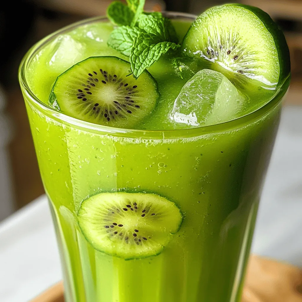 - 3 reife Kiwis - 1 große Gurke - 1 Tasse Kokoswasser - 2 Esslöffel Limettensaft - 1 Esslöffel Honig oder Agavendicksaft - Frische Minzblätter zum Garnieren - Eiswürfel Um diesen erfrischenden Kiwi Cucumber Cooler zuzubereiten, benötigen Sie frische und reife Zutaten. Die Kiwis bringen eine süße Note. Die Gurke sorgt für ein knackiges, frisches Gefühl. Kokoswasser ist eine großartige Basis, die zudem hydratisiert. Für die zusätzlichen Zutaten verwenden Sie Limettensaft. Dieser gibt dem Getränk einen spritzigen Kick. Honig oder Agavendicksaft sorgt für Süße. Frische Minzblätter sind perfekt, um das Getränk zu garnieren. Eiswürfel machen den Kiwi Cucumber Cooler noch erfrischender. Alle Zutaten sind leicht zu finden. Sie können sie im Supermarkt oder auf dem Markt kaufen. Achten Sie darauf, die Kiwis und die Gurke gut auszuwählen. Sie sollten reif und fest sein. Dann haben Sie die besten Aromen in Ihrem Cooler. Für das vollständige Rezept schauen Sie sich die Full Recipe an und genießen Sie dieses köstliche Getränk! Zuerst schälen wir die Kiwis. Dann schneiden wir sie in kleine Würfel. Nehmen Sie drei reife Kiwis für das beste Ergebnis. Danach schälen wir die Gurke. Auch die Gurke wird in Würfel geschnitten. Eine große Gurke ist perfekt für diesen Drink. Jetzt kommt der spannende Teil. Geben Sie die Kiwis und die Gurke in einen Mixer. Mixen Sie alles, bis die Mischung ganz glatt ist. Das sorgt für einen feinen Geschmack. Danach gießen Sie die pürierte Mischung durch ein feines Sieb in eine große Karaffe. So erhalten Sie einen glatten Saft, der erfrischend ist. Jetzt fügen wir die restlichen Zutaten hinzu. Geben Sie eine Tasse Kokoswasser in die Karaffe. Dann kommen zwei Esslöffel Limettensaft dazu. Für die Süße verwenden wir einen Esslöffel Honig. Rühren Sie alles gut um. Es ist wichtig, dass sich die Zutaten gut vermischen. Lassen Sie die Mischung dann für etwa 30 Minuten im Kühlschrank kühlen. So entfalten sich die Aromen perfekt. Verpassen Sie nicht das [Full Recipe] für mehr Details! Um den besten Geschmack zu erzielen, passe die Süße und die Säure an. Ich mag es, frischen Limettensaft zu verwenden. Der Limettensaft bringt eine lebendige Note in das Getränk. Du kannst die Menge nach deinem Geschmack variieren. Wenn du es süßer magst, füge mehr Honig hinzu. Für einen saftigeren Geschmack, nutze mehr Limettensaft. Serviere den Kiwi Cucumber Cooler in transparenten Gläsern. So sieht die hübsche grüne Farbe toll aus. Eine Limettenscheibe am Rand des Glases macht es einladend. Du kannst auch frische Minzblätter auf die Getränke legen. Diese kleinen Details machen dein Getränk besonders. Bereite die Zutaten im Voraus vor. Das spart Zeit, wenn Gäste kommen. Du kannst auch gefrorene Kiwis verwenden. Das macht den Cooler kälter und erfrischender. Einfach die gefrorenen Kiwis anstelle von frischen verwenden. So bleibt dein Getränk länger kühl. {{image_4}} Eine tolle Möglichkeit, deinen Kiwi Cucumber Cooler zu verändern, ist das Hinzufügen von anderen Säften. Du kannst zum Beispiel Ananas- oder Orangensaft verwenden. Diese Säfte bringen eine süße, fruchtige Note. Eine weitere Idee ist, Sprudelwasser hinzuzufügen. Das gibt deinem Getränk eine prickelnde Frische und macht es noch erfrischender. Wenn du eine zuckerfreie Option suchst, probiere Stevia oder Erythrit. Diese Alternativen passen gut zu deinem Cooler, ohne die Süße zu verlieren. Für eine cremigere Textur kannst du Kokosnussmilch verwenden. Sie verleiht dem Getränk einen reichen Geschmack und macht es besonders schmackhaft. Im Sommer ist es toll, Beeren hinzuzufügen. Himbeeren oder Erdbeeren passen perfekt und machen dein Getränk bunt. Für einen würzigeren Kick kannst du Ingwer hinzufügen. Dieser gibt dem Kiwi Cucumber Cooler eine interessante Note. Experimentiere mit diesen Variationen und finde deine Lieblingskombination! Der Kiwi Cucumber Cooler bleibt am besten frisch, wenn du ihn kühl lagerst. Die ideale Temperatur liegt zwischen 2 und 5 Grad Celsius. Bewahre den Drink in einem luftdichten Behälter auf. So verhinderst du, dass andere Gerüche aus dem Kühlschrank eindringen. Das ist wichtig für den frischen Geschmack. Die Haltbarkeit hängt von der Temperatur ab. Bei kühler Lagerung bleibt dein Kiwi Cucumber Cooler bis zu zwei Tage frisch. Um die Frische zu verlängern, achte darauf, die Mischung nicht mit Wärme in Kontakt zu bringen. Vermeide zudem, sie in einer offenen Karaffe zu lassen. So bleibt der Geschmack länger erhalten. Du brauchst nur 10 Minuten, um das Getränk vorzubereiten. Die gesamte Zeit für das Rezept beträgt 40 Minuten, einschließlich der Kühlzeit. Das Rezept ergibt vier Portionen, ideal für einen kleinen Sommerabend oder ein Picknick. Wenn du mehr Gäste hast, kannst du die Mengen im Rezept leicht anpassen. Der Kiwi Cucumber Cooler bleibt im Kühlschrank bis zu zwei Tage frisch. Bewahre ihn in einem luftdichten Behälter auf. So bleibt der Geschmack klar und die Farbe schön. Vor dem Servieren schüttle den Behälter gut durch. Das sorgt dafür, dass sich die Aromen gleichmäßig verteilen. Ja, du kannst das Rezept leicht anpassen. Verdopple einfach die Zutaten für acht Portionen. Achte darauf, dass du einen großen Mixer verwendest. So bekommst du eine gleichmäßige Mischung. Wenn du eine große Menge machst, lass das Getränk länger im Kühlschrank. So kühlen die Aromen besser. Wenn du keinen Honig magst, gibt es viele Alternativen. Du kannst Agavendicksaft verwenden, der süß und leicht ist. Auch Stevia ist eine gute Wahl, wenn du weniger Zucker möchtest. Ahornsirup bringt einen anderen Geschmack und ist ebenfalls lecker. Experimentiere mit diesen Süßungsmitteln, um den perfekten Geschmack zu finden. Der Kiwi Cucumber Cooler ist erfrischend und einfach zuzubereiten. Mit Kiwis, Gurke und Kokoswasser bietet er einen gesunden Genuss. Die Tipps helfen, den Geschmack zu optimieren und das Getränk schön zu präsentieren. Variationen ermöglichen es dir, kreativ zu sein und den Cooler an deine Vorlieben anzupassen. Achte auf die richtige Lagerung, um die Frische zu erhalten. Probier dieses Rezept aus und genieße einen köstlichen Drink, der deinen Tag aufhellt.