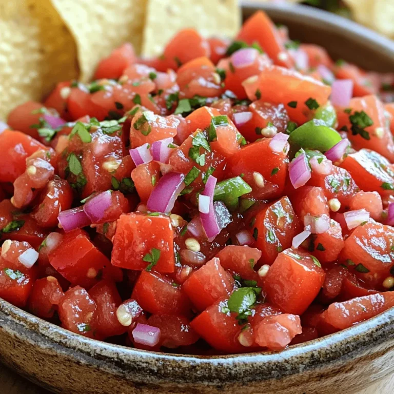 - 4 reife Garten-Tomaten - 1 mittlere rote Zwiebel - 1 Jalapeño-Pfeffer - 1/4 Tasse frischer Koriander - 2 Knoblauchzehen - Saft von 1 Limette - 1 kleine Gurke - Salz nach Geschmack - Pfeffer nach Geschmack Die Hauptzutaten sind frisch und einfach zu finden. Die Tomaten bringen viel Saft und Geschmack. Ich wähle reife Garten-Tomaten, weil sie süß und aromatisch sind. Die rote Zwiebel gibt der Salsa eine schöne Schärfe. Jalapeño bringt eine feurige Note, die du nach deinem Geschmack anpassen kannst. Frischer Koriander fügt ein tolles Aroma hinzu. Wenn du die Salsa noch interessanter machen willst, füge Knoblauch und Limettensaft hinzu. Die Limette sorgt für Frische und einen Hauch von Säure. Die Gurke ist optional. Sie macht die Salsa noch erfrischender und knackiger. Diese Zutaten sorgen dafür, dass die Salsa lebendig und lecker schmeckt. Vergiss nicht, die Gewürze hinzuzufügen! Salz und Pfeffer bringen alle Aromen zum Strahlen. Diese einfache Mischung sorgt für ein Geschmackserlebnis. Zusammen ergibt das eine großartige Salsa, die du mit Freunden teilen kannst. Du kannst die vollständige Anleitung in meinem [Full Recipe] finden. Zuerst würfeln wir die Tomaten. Ich empfehle, reife und saftige Tomaten zu wählen. Sie geben der Salsa den besten Geschmack. Danach hacken wir die Zwiebel, den Jalapeño und den Koriander. Achten Sie darauf, den Jalapeño nach Geschmack anzupassen. Wenn Sie es milder mögen, entfernen Sie die Kerne. Jetzt geben wir alle Zutaten in eine große Rührschüssel. Die gewürfelten Tomaten, die gehackte Zwiebel, den Jalapeño, den Koriander und den Knoblauch kommen zusammen. Fügen Sie den Saft von einer Limette hinzu. Rühren Sie alles vorsichtig um, bis die Zutaten gut vermischt sind. Schmecken Sie die Salsa mit Salz und Pfeffer ab. Passen Sie die Würze nach Ihrem Geschmack an. Lassen Sie die Salsa dann etwa 15 bis 20 Minuten bei Zimmertemperatur ruhen. So können sich die Aromen richtig entfalten. Für das vollständige Rezept schauen Sie sich die Quelle an. Um die beste Salsa zu machen, wähle reife, saftige Tomaten. Diese Tomaten haben einen vollen Geschmack und viel Saft. Achte darauf, sie in der Saison zu kaufen. Saisonale Tomaten sind frisch und lecker. Sie haben oft mehr Aroma und sind gesünder. Möchtest du die Salsa mit Stücken oder püriert? Das hängt von deinem Geschmack ab. Stücken geben einen schönen Biss, während pürierte Salsa eine glatte Textur hat. Du kannst die Schärfe anpassen, indem du mehr oder weniger Jalapeño verwendest. So kannst du die Salsa mild oder scharf machen, ganz nach deinem Wunsch. Serviere die Salsa mit knusprigen Tortilla-Chips. Das ist ein beliebter Snack. Du kannst die Salsa auch als Topping für Tacos verwenden. Sie passt gut zu gegrilltem Fleisch. So wird jede Mahlzeit bunter und schmackhafter. Du findest die vollständige Anleitung unter [Full Recipe]. {{image_4}} Eine frische Note macht die Salsa noch besser. Fügen Sie Mango- oder Ananasstückchen hinzu. Diese Früchte bringen eine süße und fruchtige Tiefe. Sie harmonieren gut mit der Säure der Tomaten. Ein süßes Paprika-Element kann auch spannend sein. Es gibt dem Gericht eine neue Dimension. Experimentieren Sie mit diesen Zutaten. Sie können viel Freude daran haben. Gewürze sind der Schlüssel zu einem tollen Geschmack. Experimentieren Sie mit zusätzlichem Kreuzkümmel. Dieser gibt der Salsa einen warmen, erdigen Geschmack. Frische Kräuter wie Petersilie können ebenfalls helfen. Sie bringen Frische und Farbe in die Mischung. Probieren Sie, was Ihnen am besten gefällt. Die Variationen bringen neue Erlebnisse in die Salsa. Für die, die es schärfer mögen, gibt es viele Optionen. Verschiedene Chili-Sorten machen die Salsa aufregend. Sie können milde oder sehr scharfe Chilis verwenden. Geben Sie etwas Chipotle hinzu, um eine rauchige Note zu erhalten. Diese Varianten machen die Salsa lebendiger. Spielen Sie mit der Schärfe und finden Sie Ihre perfekte Balance. Bewahren Sie die Salsa im Kühlschrank auf. Verwenden Sie einen luftdichten Behälter. So bleibt die Salsa frisch. Die empfohlene Haltbarkeit liegt bei etwa 3-5 Tagen. Nach dieser Zeit verliert die Salsa an Geschmack. Für die Langzeitlagerung können Sie die Salsa einfrieren. Füllen Sie die Salsa in einen gefrierfesten Behälter. Lassen Sie etwas Platz, damit die Salsa beim Gefrieren expandieren kann. Zum Auftauen nehmen Sie die Salsa einfach aus dem Gefrierfach. Lassen Sie sie über Nacht im Kühlschrank auftauen. Dies bewahrt den Geschmack. Um die frischen Aromen zu bewahren, verwenden Sie reife Tomaten. Diese geben die beste Süße ab. Vermeiden Sie wasserhaltige Zutaten wie überreife Tomaten oder Gurken, die die Salsa wässrig machen können. Achten Sie darauf, die Salsa vor dem Servieren gut zu vermengen. So bleiben die Aromen frisch und lebhaft. Selbstgemachte Salsa bleibt frisch für etwa 3 bis 5 Tage im Kühlschrank. Achten Sie darauf, sie in einem luftdichten Behälter aufzubewahren. So bleibt der Geschmack gut. Ich empfehle, die Salsa vor dem Servieren immer zu riechen und zu probieren. Wenn sich der Geruch oder Geschmack verändert hat, entsorgen Sie sie lieber. Ja, Sie können die Salsa einige Stunden im Voraus zubereiten. Das gibt den Aromen Zeit, sich gut zu verbinden. Ich empfehle, die Salsa nicht mehr als einen Tag vorher zu machen. So bleibt die Frische erhalten. Lagern Sie sie dann im Kühlschrank. Denken Sie daran, die Salsa vor dem Servieren gut umzurühren. Frische Tomatensalsa passt hervorragend zu vielen Speisen. Sie können sie mit Tortilla-Chips genießen. Auch Tacos oder Nachos sind perfekte Begleiter. Außerdem schmeckt sie toll als Beilage zu gegrilltem Fleisch oder Fisch. Experimentieren Sie mit verschiedenen Gerichten, um die besten Kombinationen zu finden. Ja, die Salsa ist vegan. Die Zutaten sind frisch und pflanzlich. Sie können auch andere Gemüse wie Avocado oder Paprika hinzufügen. Das macht die Salsa noch bunter und geschmackvoller. Wenn Sie eine mildere Salsa möchten, reduzieren Sie den Jalapeño-Pfeffer. So können auch Kinder sie genießen. In diesem Blogbeitrag habe ich dir gezeigt, wie du eine frische Salsa zubereitest. Wir haben die wichtigsten Zutaten, wie Tomaten und Koriander, besprochen. Zudem gab es Tipps zur perfekten Konsistenz und zum Anrichten. Auch Variationen wie süße Früchte oder zusätzliche Gewürze stehen bereit. Denke daran, die Salsa gut zu lagern, um die Aromen frisch zu halten. Mit diesen einfachen Schritten kannst du jederzeit eine leckere Salsa genießen, die alle lieben werden.