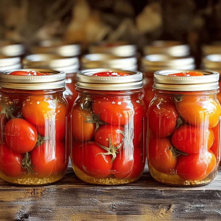 Um einfache eingemachte Tomaten zu machen, brauchen Sie: - 10 reife Roma-Tomaten - 1 Zitrone (für die Säuerung) - 1 Teelöffel Salz - 1 Teelöffel Zucker - ½ Teelöffel getrocknetes Basilikum (optional) - ½ Teelöffel schwarzer Pfeffer - 4 Tassen Wasser (zum Blanchieren) - 4 sterilisierten Vierviertel-Gläser mit Deckeln Diese Zutaten sind einfach zu finden. Reife Tomaten sind der Schlüssel. Sie geben dem Gericht Geschmack und Farbe. Die Zitrone hilft, die Tomaten frisch zu halten. Zusätzlich zu den Hauptzutaten können Sie auch andere Sachen hinzufügen: - Frische Kräuter wie Oregano oder Thymian - Knoblauchzehen für mehr Geschmack - Chili für etwas Schärfe Diese Zutaten geben den Tomaten eine persönliche Note. Experimentieren Sie mit verschiedenen Kräutern und Gewürzen. So machen Sie Ihre Tomaten einzigartig. Für das Einmachen benötigen Sie einige wichtige Utensilien: - Ein großer Topf für das Blanchieren - Eine Schaumkelle zum Herausnehmen der Tomaten - Ein scharfes Messer - Ein Eisbad in einer großen Schüssel - Saubere Tücher zum Abwischen der Gläser - Ein Wasserbad zur Verarbeitung der Gläser Diese Utensilien sind leicht zu finden und wichtig für den Prozess. Sie helfen Ihnen, sicher und effizient zu arbeiten, während Sie Ihre eingemachten Tomaten zubereiten. Zuerst bereiten Sie die Gläser und Deckel vor. Kochen Sie die Gläser und Deckel für zehn Minuten in Wasser. Dies sterilisieren sie. Lassen Sie sie danach an der Luft trocknen. Sauberkeit ist wichtig, um die Tomaten sicher zu lagern. Nehmen Sie einen großen Topf und bringen Sie Wasser zum Kochen. Während das Wasser erhitzt, bereiten Sie ein Eisbad in einer Schüssel vor. Schneiden Sie die Unterseite jeder Tomate mit einem kleinen „X“ ein. Wenn das Wasser kocht, fügen Sie vorsichtig die Tomaten hinzu. Blanchieren Sie sie für 30 Sekunden, bis sich die Haut löst. Nutzen Sie eine Schaumkelle, um die Tomaten ins Eisbad zu geben. Lassen Sie sie dort eine Minute abkühlen. Dann können Sie die Häute abziehen und die Tomaten halbieren. In jedes sterile Glas geben Sie einen Esslöffel Zitronensaft. Füllen Sie die Gläser mit den halbierten Tomaten und lassen Sie etwa 1,3 Zentimeter Platz. Streuen Sie einen Teelöffel Salz, einen Teelöffel Zucker, optional getrocknetes Basilikum und schwarzen Pfeffer hinein. Gießen Sie kochendes Wasser über die Tomaten, bis sie bedeckt sind. Wischen Sie die Ränder der Gläser mit einem sauberen Tuch ab. Setzen Sie die Deckel auf und drehen Sie die Ringe fest, aber nicht zu fest. Verarbeiten Sie die Gläser in einem Wasserbad für 40 Minuten. Nach der Verarbeitung nehmen Sie die Gläser vorsichtig heraus und lassen sie auf einem Küchentuch abkühlen. Hören Sie auf das Klicken, während die Gläser sich versiegeln. - Vollständiges Rezept: Einfach Eingemachte Sommer-Tomaten Beim Einmachen ist Sicherheit wichtig. Achte darauf, die Gläser gut zu sterilisieren. So vermeidest du Keime. Verwende frische, reife Tomaten. Beschädigte Tomaten können die Haltbarkeit verringern. Stelle sicher, dass die Deckel gut sitzen. Prüfe sie nach dem Kochen. Wenn sie nicht klicken, sind sie nicht dicht. Lagere die Gläser an einem kühlen, dunklen Ort. Ein häufiger Fehler ist, nicht genug Säure hinzuzufügen. Zitronensaft sorgt für den richtigen pH-Wert. Verwende immer die angegebene Menge. Achte darauf, die Tomaten richtig zu blanchieren. Zu langes Blanchieren kann den Geschmack ändern. Lass beim Abfüllen einen Platz von ½ Zoll. Das sorgt für eine gute Versiegelung. Vermeide es, die Gläser zu überfüllen. Lagere die eingemachten Tomaten in einem kühlen, dunklen Raum. So bleiben sie länger frisch. Die ideale Temperatur liegt unter 20 Grad Celsius. Beschrifte die Gläser mit dem Datum. So siehst du, wann du sie gemacht hast. Überprüfe die Gläser regelmäßig auf Anzeichen von Verderb. Bei schlechtem Geruch oder Schimmel sofort entsorgen. Dieses Wissen hilft dir, sicher und lecker einzumachen. {{image_4}} Du kannst deine eingemachten Tomaten mit vielen Kräutern und Gewürzen verfeinern. Zum Beispiel, füge Oregano, Thymian oder Rosmarin hinzu. Diese Kräuter bringen einen frischen Geschmack in dein Glas. Wenn du es schärfer magst, probiere etwas rote Paprika oder Chili-Flocken. Diese kleinen Änderungen machen einen großen Unterschied. Tomaten schmecken auch gut mit anderen Gemüsearten. Füge Zucchini, Paprika oder Karotten hinzu. Diese Gemüse sind einfach zuzubereiten und passen gut zu Tomaten. Achte darauf, sie klein zu schneiden, damit sie gut in die Gläser passen. Diese Kombinationen machen deine eingemachten Tomaten bunter und gesünder. Denke an den Geschmack deiner Familie und Freunde. Wenn einige sie süßer mögen, füge mehr Zucker hinzu. Für einen herzhaften Geschmack, probiere gerösteten Knoblauch oder Zwiebeln. Du kannst sogar eine italienische Note mit Parmesan-Rinden hinzufügen. Diese Variationen machen die eingemachten Tomaten besonders und einzigartig. Um Ihre eingemachten Tomaten gut zu lagern, suchen Sie einen kühlen, dunklen Ort. Ein Vorratsraum oder eine Speisekammer ist ideal. Lagern Sie die Gläser auf Regalen, um Druckstellen zu vermeiden. Halten Sie die Gläser aufrecht und weit genug auseinander. So kann die Luft zirkulieren. Eingemachte Tomaten haben eine lange Haltbarkeit. Sie bleiben bis zu einem Jahr frisch, wenn Sie sie richtig lagern. Nach dem Öffnen sollten Sie die Tomaten im Kühlschrank aufbewahren. Sie sind dann etwa fünf bis sieben Tage haltbar. Verwenden Sie sie in Saucen, Suppen oder Eintöpfen. Sie verleihen jedem Gericht einen tollen Geschmack. Achten Sie auf Veränderungen. Wenn der Deckel sich gewölbt hat oder schimmelig aussieht, entsorgen Sie das Glas. Ein unangenehmer Geruch beim Öffnen ist ebenfalls ein Warnsignal. Überprüfen Sie den Inhalt: Wenn die Farbe oder Textur komisch aussieht, essen Sie sie nicht. Sicherheit geht vor, also seien Sie vorsichtig! Eingemachte Tomaten sind im richtigen Umfeld bis zu einem Jahr haltbar. Lagern Sie sie an einem kühlen, dunklen Ort. Überprüfen Sie die Gläser regelmäßig. Wenn der Deckel gewölbt ist oder sich leicht eindrücken lässt, entsorgen Sie das Glas. Zitronensaft sorgt für die nötige Säure in den Tomaten. Diese Säure schützt vor schädlichen Bakterien. Sie hilft auch, die Farbe und den Geschmack der Tomaten frisch zu halten. Verwenden Sie immer frischen Zitronensaft für die beste Wirkung. Ja, Sie können verschiedene Tomatensorten verwenden. Roma-Tomaten sind jedoch am besten für das Einmachen geeignet. Sie haben weniger Wasser und mehr Fruchtfleisch. Auch andere Sorten wie Beefsteak oder San Marzano sind möglich. Achten Sie darauf, dass die Tomaten reif und fest sind. Eingemachte Tomaten sind einfach und lecker. Wir haben die wichtigen Zutaten, Utensilien und Schritte beleuchtet. Sicherheit ist beim Einmachen entscheidend. Vergessen Sie dabei nicht, Tipps zur Lagerung zu beachten. Variationen bringen neuen Geschmack in die Gläser. Achten Sie auf Haltbarkeit und Anzeichen von Verderb. Probieren Sie verschiedene Rezepte aus und stellen Sie Ihre eigenen Kreationen her. So haben Sie immer frische Tomaten zur Hand. Das Einmachen kann Spaß machen und jeder kann es schaffen!