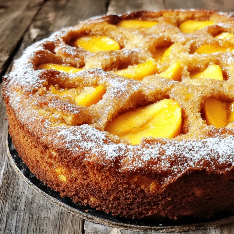 Für den Brown Sugar Peach Cake benötigst du folgende Zutaten: - 2 reife Pfirsiche, geschält und in Scheiben geschnitten - 1 Tasse Weizenmehl - 1 Teelöffel Backpulver - ½ Teelöffel Natron - ½ Teelöffel Salz - ½ Tasse ungesalzene Butter, weich - 1 Tasse brauner Zucker, fest gepackt - 2 große Eier - 1 Teelöffel Vanilleextrakt - ½ Tasse Buttermilch - ½ Teelöffel gemahlener Zimt - ¼ Teelöffel Muskatnusspulver - Optional: Puderzucker zum Bestäuben Die Verwendung von reifen Pfirsichen ist wichtig. Sie bringen Süße und Saftigkeit. Brauner Zucker gibt dem Kuchen einen tiefen, karamellartigen Geschmack. Buttermilch sorgt für eine zarte Textur. Ist keine Buttermilch verfügbar, kannst du sie durch Milch und einen Spritzer Essig ersetzen. Wenn du Gluten vermeiden musst, nutze glutenfreies Mehl. Für eine vegane Option, ersetze die Eier durch Apfelmus oder Leinsamen. Du kannst auch die Butter durch Kokosöl oder vegane Butter ersetzen. Bei Laktoseintoleranz ist die Verwendung von pflanzlicher Milch eine gute Wahl. Bevor Du mit dem Backen beginnst, stelle alle Zutaten bereit. Das macht den Prozess viel einfacher. Heize den Ofen auf 175°C (350°F) vor. Fette eine runde Kuchenform mit Butter ein oder lege sie mit Backpapier aus. Das hilft, den Kuchen später leicht herauszunehmen. Jetzt geht es ans Mischen! Nimm eine mittlere Schüssel. Vermenge dort Weizenmehl, Backpulver, Natron, Salz, Zimt und Muskatnuss. Mische alles gut und lege die Schüssel beiseite. In einer großen Rührschüssel schlage die weiche Butter und den braunen Zucker mit einem Handmixer oder einer Küchenmaschine. Mische, bis die Masse fluffig ist. Das dauert etwa 3-4 Minuten. Füge nacheinander die Eier hinzu. Schlage nach jedem Ei gut durch. Danach kommt der Vanilleextrakt dazu. Jetzt gib die trockenen Zutaten nach und nach zur Butter-Zucker-Mischung. Wechsle dabei mit der Buttermilch. Mische alles nur so lange, bis es gerade vermengt ist. Hebe die geschnittenen Pfirsiche vorsichtig unter den Teig. So verteilen sie sich gleichmäßig. Gieße den Teig in die vorbereitete Form und verteile ihn gleichmäßig. Backe den Kuchen im vorgeheizten Ofen für 30-35 Minuten. Überprüfe mit einem Zahnstocher, ob der Kuchen fertig ist. Wenn der Zahnstocher sauber herauskommt, ist der Kuchen bereit. Lass ihn 10 Minuten in der Form abkühlen. Danach stürze ihn auf ein Kuchengitter und lass ihn vollständig auskühlen. Serviere den Kuchen nach Belieben mit Puderzucker bestäubt und genieße ihn! Wenn Du mehr über die Zutaten wissen möchtest, schau Dir das [Full Recipe] an. Um einen perfekten Brown Sugar Peach Cake zu backen, gibt es einige Tipps. Der Ofen sollte immer gut vorgeheizt sein. Dies sorgt für gleichmäßiges Backen. Achte darauf, die Kuchenform gut einzufetten oder mit Backpapier auszulegen. So bleibt der Kuchen nicht kleben. Verwende frische, reife Pfirsiche für den besten Geschmack. Sie bringen natürliche Süße und Saftigkeit in den Kuchen. Die richtige Konsistenz des Teiges ist wichtig. Er sollte dick, aber nicht trocken sein. Wenn der Teig zu fest ist, füge etwas mehr Buttermilch hinzu. Rühre die Zutaten nur so lange, bis sie gerade vermischt sind. Zu langes Rühren kann den Kuchen hart machen. Füge die Pfirsiche vorsichtig hinzu. So bleiben sie ganz und sorgen für Saftigkeit. Ein häufiger Fehler ist die falsche Ofentemperatur. Überprüfe immer die Temperatur mit einem Ofenthermometer. Ein weiterer Fehler ist das Messen der Zutaten. Verwende eine Küchenwaage für präzise Mengen. Lass den Kuchen nicht zu lange im Ofen. Ein Zahnstocher sollte sauber herauskommen. Wenn der Kuchen zu lange backt, wird er trocken. Achte darauf, den Kuchen nach dem Backen abkühlen zu lassen. So bleibt er saftig und lecker. Für das vollständige Rezept, schau dir die [Full Recipe] an. {{image_4}} Du kannst diesen Brown Sugar Peach Cake leicht variieren. Probiere andere Früchte wie Äpfel oder Birnen. Diese Früchte geben dem Kuchen eine andere Süße und Textur. Eine andere Idee ist, Nüsse hinzuzufügen. Walnüsse oder Pekannüsse sorgen für einen schönen Crunch. Du kannst auch die Gewürze variieren. Füge etwas Ingwer oder Kardamom für einen neuen Geschmack hinzu. Nutze die Saison, um den Kuchen zu ändern. Im Sommer sind frische Beeren eine tolle Wahl. Himbeeren oder Blaubeeren passen gut zu Pfirsichen. Im Herbst kannst du Kürbisgewürz hinzufügen, um einen herbstlichen Geschmack zu erreichen. Im Winter sind Zimt und Nelken perfekt. Diese Gewürze bringen Wärme in den Kuchen. Die Präsentation macht viel aus. Serviere den Kuchen auf einer schönen Tortenplatte. Dekoriere ihn mit frischen Pfirsichscheiben und einem Zweig Minze. Du kannst auch etwas Sahne oder Eis daneben legen. Das sorgt für einen tollen Kontrast. Für einen besonderen Anlass, streue etwas Puderzucker darüber. Das sieht festlich aus und schmeckt köstlich. Wenn du Lust hast, serviere den Kuchen warm. Das macht ihn noch leckerer und einladender. Entdecke all diese Ideen in der [Full Recipe]. Um deinen Brown Sugar Peach Cake frisch zu halten, verwende einen luftdichten Behälter. Lege ein Stück Folie auf den Kuchen, bevor du den Deckel schließt. So bleibt der Kuchen weich und lecker. Wenn du ihn länger aufbewahren möchtest, kann der Kuchen auch gut eingefroren werden. Im Kühlschrank hält sich der Kuchen bis zu fünf Tage. Achte darauf, dass er gut verpackt ist. Im Gefrierschrank kann er bis zu drei Monate lagern. Um den besten Geschmack zu bewahren, schneide ihn in Stücke, bevor du ihn einfrierst. So kannst du immer ein Stück genießen, wann du willst. Um die Frische zu bewahren, lasse den Kuchen nicht offen stehen. Der Luftkontakt macht ihn schnell trocken. Vor dem Servieren kannst du ihn leicht erwärmen. Das bringt den Geschmack zurück und macht ihn wieder saftig. Wenn du Puderzucker verwenden möchtest, streue ihn erst kurz vor dem Servieren darüber. So bleibt der Kuchen schön und frisch. Um diesen Kuchen glutenfrei zu machen, nimm einfach das Weizenmehl und ersetze es durch glutenfreies Mehl. Du kannst eine 1:1 glutenfreie Mehlmischung verwenden. Achte darauf, dass die Mischung Xanthan enthält, um die Struktur zu halten. Prüfe die anderen Zutaten auf Glutenfreiheit, besonders bei Backpulver. Pfirsiche sind toll, aber du kannst auch andere Früchte verwenden. Hier sind einige gute Optionen: - Äpfel: Sie geben einen schönen Crunch. - Beeren: Himbeeren oder Heidelbeeren sorgen für Frische. - Mangos: Sie bringen eine tropische Note. - Kirschen: Sie sind süß und saftig. Du kannst auch eine Mischung aus Früchten verwenden. Das macht den Kuchen noch interessanter! Ja, du kannst diesen Kuchen im Voraus machen. Backe den Kuchen und lass ihn ganz abkühlen. Wickele ihn dann in Frischhaltefolie. So bleibt er frisch. Du kannst ihn bis zu drei Tage im Kühlschrank aufbewahren. Wenn du ihn länger aufbewahren willst, friere ihn ein. So bleibt der Geschmack lange erhalten. Zusammengefasst zeigt dieser Artikel, wie man einen köstlichen Brown Sugar Peach Cake zaubert. Wir haben die Zutaten, die Zubereitung und die wichtigsten Tipps besprochen. Denke daran, die richtigen Zutaten zu wählen und auf die Konsistenz des Teigs zu achten. Variiere den Kuchen nach Lust und Laune. Mit den passenden Lagerungshinweisen bleibt er frisch. Diese einfachen Schritte helfen dir, einen tollen Kuchen zu backen. Lass deiner Kreativität freien Lauf und genieße jeden Biss.