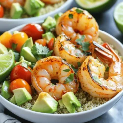 - Hauptzutaten: - 450 g große Garnelen, geschält und entdarmt - 2 reife Avocados, gewürfelt - 1 Tasse Kirschtomaten, halbiert - 1 Paprika (rot oder gelb), gewürfelt - Marinade-Zutaten: - 2 Esslöffel Olivenöl - 2 Esslöffel Limettensaft - 1 Teelöffel geräuchertes Paprikapulver - 1 Teelöffel Knoblauchpulver - Salz und Pfeffer nach Geschmack - Servierempfehlungen: - Frischer Koriander zur Garnitur - Limettenschnitze zum Servieren Das Rezept für die gegrillten Garnelen-Avocado-Bowls ist einfach und lecker. Die Hauptzutaten machen das Gericht frisch und nahrhaft. Die Garnelen sind die Stars in diesem Rezept. Sie bringen den Geschmack des Meeres mit. Avocados fügen eine cremige Textur hinzu. Kirschtomaten sorgen für Süße und Farbe. Paprika bringt einen knackigen Biss. Die Marinade ist der Schlüssel. Sie gibt den Garnelen einen tollen Geschmack. Olivenöl und Limettensaft helfen, die Aromen zu verbinden. Geräuchertes Paprikapulver und Knoblauchpulver verleihen Tiefe. Salz und Pfeffer runden alles ab. Ich empfehle, frischen Koriander und Limettenschnitze zu verwenden. Das bringt Frische und Zest. Diese Zutaten machen deine Schalen ansprechend und geschmackvoll. Besuche den Abschnitt Full Recipe für weitere Details. Um die Marinade zuzubereiten, mische einfach Olivenöl, Limettensaft, geräuchertes Paprikapulver, Knoblauchpulver, Salz und Pfeffer in einer Schüssel. Rühre gut um, bis alles gleichmäßig vermengt ist. Die Garnelen sind bereit zum Marinieren. Gib die Garnelen in die Marinade und wende sie vorsichtig, damit sie gut bedeckt sind. Lass sie 15-20 Minuten bei Zimmertemperatur marinieren. So ziehen die Aromen schön ein. Heize deinen Grill oder die Grillpfanne auf mittelhoher Hitze vor. Das hilft, die Garnelen gleichmäßig zu garen. Fädel die marinierten Garnelen auf Spieße. Wenn du Holzspieße verwendest, weiche sie 30 Minuten in Wasser ein. So brennen sie nicht an. Die Grillzeit ist kurz, nur 2-3 Minuten pro Seite. Grill die Garnelen, bis sie rosa und undurchsichtig sind. Achte darauf, dass sie nicht zu lange grillen, sonst werden sie zäh. Nimm die Garnelen vom Grill und lege sie zur Seite. Nimm Schalen zur Servierung und beginne mit einer Basis aus gekochtem Quinoa. Darauf kommen die gewürfelten Avocados, die halbierten Kirschtomaten und die Paprika. Platziere die gegrillten Garnelen auf der Gemüse-Mischung. Garniere alles mit frischem Koriander und serviere die Schalen mit Limettenschnitzen an der Seite. So wird jeder Bissen frisch und lecker. Für das gesamte Rezept und detaillierte Schritte, schau dir den Full Recipe an. Wie erkennt man, dass Garnelen fertig sind? Garnelen sind perfekt, wenn sie rosa und fest sind. Achte darauf, dass sie nicht mehr durchscheinend sind. Dies passiert nach etwa 2-3 Minuten auf jeder Seite. Um Überkochen zu vermeiden, halte die Grillzeit im Auge. Übergekochte Garnelen werden gummiartig und verlieren ihren Geschmack. Wenn du dir unsicher bist, nimm eine Garnele heraus und probiere sie. Sie sollte zart und saftig sein. Du kannst verschiedene Gemüsesorten verwenden. Brokkoli, Zucchini oder Karotten passen gut in diese Bowl. Sie bringen neue Geschmäcker und Texturen. Sojabohnen oder Bohnenprotein sind tolle Ergänzungen. Sie erhöhen den Proteingehalt. Außerdem macht es die Schalen noch sättigender und nahrhafter. Ansprechende Garnierungen machen viel aus. Verwende frische Kräuter wie Koriander oder Petersilie. Ein Spritzer Limettensaft bringt Frische. Wähle farbige Schalen für mehr Spaß. Arrangiere die Zutaten in Schichten. Das sieht nicht nur gut aus, sondern macht auch Lust auf mehr! {{image_4}} Für die asiatische Garnelen-Bowl können Sie Sojasauce und Sesamöl hinzufügen. Diese Zutaten geben den Garnelen einen herzhaften Umami-Geschmack. Statt Quinoa verwenden Sie einfach Reis. Der dampfende Reis passt perfekt zu den Aromen und macht die Bowl noch sättigender. Bei der mediterranen Variante fügen Sie Feta-Käse und Oliven hinzu. Diese Zutaten bringen Frische und einen salzigen Kick. Verwenden Sie statt Quinoa Couscous. Couscous ist leicht und nimmt die Aromen gut auf, was die Bowl besonders lecker macht. Für eine vegane Option ersetzen Sie die Garnelen durch Tofu oder Tempeh. Diese Zutaten sind reich an Protein und geben der Bowl eine tolle Textur. Bereiten Sie ein veganes Dressing zu, um die Aromen zu verstärken. Ein einfaches Dressing aus Zitronensaft, Olivenöl und Gewürzen passt wunderbar dazu. - Frische Garnelen lagern: Lagern Sie frische Garnelen im Kühlschrank. Sie sollten in einer Schüssel mit Eis liegen, um frisch zu bleiben. Verwenden Sie die Garnelen innerhalb von zwei Tagen für den besten Geschmack. - Tipps zur Lagerung von Avocados: Bewahren Sie Avocados bei Raumtemperatur auf, bis sie reif sind. Wenn sie reif sind, legen Sie sie in den Kühlschrank. So bleiben sie länger frisch. Verwenden Sie eine Zitrone oder Limette, um die Schnittfläche zu schützen, wenn Sie eine Avocado schneiden. - Marinierte Garnelen bis zu 24 Stunden im Voraus zubereiten: Marinieren Sie die Garnelen bis zu 24 Stunden vorher. So ziehen die Aromen besser ein. Bewahren Sie die marinierten Garnelen in einem luftdichten Behälter im Kühlschrank auf. - Quinoa und Gemüse vorbereiten: Kochen Sie Quinoa einen Tag vorher. Lagern Sie sie im Kühlschrank. Schneiden Sie das Gemüse im Voraus, damit die Zubereitung schnell geht. So sparen Sie Zeit beim Kochen. - Kühlung der Bowls: Lassen Sie die Bowls nach dem Zubereiten auf Raumtemperatur abkühlen. Decken Sie sie dann ab, um den Geschmack zu erhalten. - Haltbarkeit im Kühlschrank: Die fertigen Bowls können bis zu drei Tage im Kühlschrank aufbewahrt werden. Achten Sie darauf, die Zutaten gut abzudecken, um Austrocknen zu vermeiden. Für weitere Details zur Zubereitung schauen Sie sich das Rezept an: [Full Recipe]. Garnelen sollten 15-20 Minuten marinieren. Diese Zeit reicht aus, um den Geschmack zu intensivieren. Wenn du sie länger lässt, kann die Textur leiden. Die Aromen von Olivenöl, Limettensaft und Gewürzen dringen gut ein. Ja, gefrorene Garnelen sind eine gute Wahl. Du musst sie zuerst auftauen. Lege sie einfach in kaltes Wasser für etwa 10-15 Minuten. Achte darauf, sie gut abzutrocknen, bevor du sie in die Marinade gibst. So bleibt die Marinade an den Garnelen haften. Beilagen wie Salat oder gedünstetes Gemüse passen gut dazu. Reis oder Couscous sind auch tolle Optionen. Wenn du eine herzhaftere Beilage möchtest, probiere schwarze Bohnen oder Linsen. Sie ergänzen die Garnelen und Avocados perfekt. Das Rezept ergibt vier Portionen. Du kannst die Menge leicht anpassen. Verdopple einfach die Zutaten, um mehr zu machen. Für weniger Portionen halbiere die Zutaten. So hast du immer die ideale Menge. Um die Bowls vegan zu machen, ersetze die Garnelen durch Tofu oder Tempeh. Marinieren kannst du sie gleich wie die Garnelen. Für extra Geschmack füge ein veganes Dressing hinzu. So bleibt der Genuss ohne Tierprodukte. Diese Garnelen-Bowl ist einfach zuzubereiten und voller Geschmack. Wir haben die richtigen Zutaten, eine Schritt-für-Schritt-Anleitung und nützliche Tipps besprochen. Denke daran, Garnelen perfekt zu grillen und die Bowls schön zu präsentieren. Egal, ob du die asiatische oder mediterrane Variante wählst, kreatives Kochen macht Spaß. Nutze die Vorschläge für die Lagerung und Vorbereitungen. So kannst du deine gesunde Mahlzeit planen und genießen.